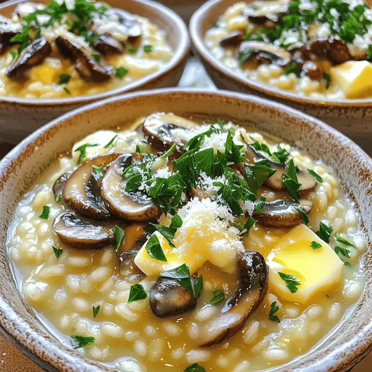 Um einen leckeren cremigen Pilzrisotto zu machen, brauchst du: - 1 ½ Tassen Arborio-Reis - 4 Tassen Gemüsebrühe (mit niedrigem Natriumgehalt) - 1 Tasse frische Cremini-Pilze, in Scheiben geschnitten - 1 Tasse Shiitake-Pilze, in Scheiben geschnitten - 1 kleine Zwiebel, fein gehackt - 3 Knoblauchzehen, zerdrückt - ½ Tasse geriebener Parmesan-Käse - ½ Tasse Schlagsahne - 2 Esslöffel Butter - 2 Esslöffel Olivenöl - Salz und Pfeffer nach Geschmack - Frische Petersilie, gehackt (zum Garnieren) Jede Zutat spielt eine Rolle. Arborio-Reis sorgt für die cremige Textur. Die Pilze bringen einen reichen Geschmack. Zwiebel und Knoblauch geben Aroma, während der Parmesan den Risotto abrundet. Für die Brühe empfehle ich eine Gemüsebrühe mit niedrigem Natriumgehalt. Diese Brühe bringt Geschmack, ohne den Risotto zu salzig zu machen. Du kannst auch eine hausgemachte Brühe verwenden, wenn du Zeit hast. Der Parmesan-Käse ist wichtig für die Cremigkeit und den Geschmack. Nutze frischen Parmesan, denn er schmilzt besser als der geriebene aus der Packung. Frische Kräuter bringen Leben in dein Gericht. Petersilie ist eine tolle Wahl. Sie gibt Farbe und frischen Geschmack. Du kannst auch Thymian oder Basilikum hinzufügen, um neue Aromen zu entdecken. Salz und Pfeffer sind wichtig, um den Risotto abzuschmecken. Beginne mit einer Prise und taste dich langsam vor. So kannst du die perfekte Balance finden. Für die vollständige Anleitung, wie du diesen cremigen Pilzrisotto zubereitest, schau dir das [Full Recipe] an. Zuerst bereite die Brühe vor. Nimm einen kleinen Topf und fülle ihn mit vier Tassen Gemüsebrühe. Stelle die Hitze niedrig ein und lasse die Brühe sanft köcheln. Halte die Brühe während des Kochens warm. Dies hilft dem Reis, die Flüssigkeit gleichmäßig aufzunehmen und cremig zu werden. Erhitze in einer großen Pfanne zwei Esslöffel Olivenöl und einen Esslöffel Butter bei mittlerer Hitze. Füge eine fein gehackte Zwiebel und drei zerdrückte Knoblauchzehen hinzu. Brate sie für etwa drei Minuten an, bis sie glasig sind. Dann kommen die in Scheiben geschnittenen Cremini- und Shiitake-Pilze dazu. Koche die Pilze für fünf bis sieben Minuten, bis sie weich sind und ihre Feuchtigkeit abgeben. Jetzt ist es Zeit, den Arborio-Reis hinzuzufügen. Rühre den Reis gut durch, sodass jedes Korn mit Öl überzogen ist. Koche den Reis für zwei Minuten. Danach füge die warme Brühe löffelweise hinzu. Rühre häufig um und warte, bis der Reis jede Brühenmenge aufnimmt, bevor du mehr hinzufügst. Setze diesen Vorgang für 18 bis 20 Minuten fort. Der Risotto sollte cremig und al dente sein. Wenn der Reis fertig ist, reduziere die Hitze und rühre die restliche Butter, die Schlagsahne und den Parmesan-Käse ein. Mische alles gut und schmecke es mit Salz und Pfeffer ab. Lass den Risotto eine Minute ruhen, bevor du ihn servierst. Für die genauen Schritte und Mengen schau dir die [Full Recipe] an. Um einen perfekten Risotto zu machen, achte darauf, dass du Arborio-Reis verwendest. Dieser Reis gibt dem Gericht die nötige Cremigkeit. Rühre den Reis oft um. Das hilft, die Stärke freizusetzen. So wird der Risotto schön cremig. Verwende immer heiße Brühe. Das macht den Kochprozess schneller und gleichmäßiger. Ein häufiger Fehler ist, die Brühe zu kalt zu verwenden. Das kann das Kochen stoppen. Füge die Brühe nach und nach hinzu. Wenn du es zu schnell machst, wird der Reis nicht richtig gar. Ein weiterer Fehler ist, den Risotto zu früh zu servieren. Lass ihn kurz ruhen, damit sich die Aromen setzen. Ein schwerer Kochtopf ist ideal für das Kochen von Risotto. Er verteilt die Wärme gleichmäßig. Ein Holzlöffel hilft dir, den Reis sanft zu rühren. Ein Schöpflöffel ist nützlich, um die Brühe hinzuzufügen. Vergiss nicht, einen guten Messbecher für die Zutaten zu nutzen. So bleibt alles genau. Für das komplette Rezept, schau dir den [Full Recipe] an. {{image_4}} Es gibt viele Pilze, die du für dein Risotto nutzen kannst. Champignons sind ein Klassiker. Sie sind leicht verfügbar und haben einen milden Geschmack. Austernpilze bringen einen zarten, buttrigen Geschmack mit. Du kannst auch Pfifferlinge verwenden, die für ihre nussige Note bekannt sind. Probier verschiedene Pilze aus, um neue Geschmäcker zu entdecken. Wenn du eine vegetarische oder vegane Option suchst, ersetze die Butter mit Pflanzenöl. Du kannst auch den Parmesan mit Hefeflocken ersetzen. Diese geben deinem Risotto einen käsigen Geschmack. Achte darauf, dass die Brühe vegan ist. Das macht das Gericht für alle geeignet. Ein Spritzer Weißwein beim Kochen bringt zusätzliche Tiefe. Füge den Wein nach dem Anbraten der Zwiebeln hinzu. Lass ihn etwas einkochen, bevor du die Brühe hinzufügst. Frische Kräuter wie Thymian oder Rosmarin können ebenfalls hinzugefügt werden. Sie verleihen dem Risotto einen schönen, aromatischen Duft. Experimentiere mit diesen Aromen, um dein Risotto zu verfeinern. Für das vollständige Rezept klicke hier: [Full Recipe]. Um deinen cremigen Pilzrisotto frisch zu halten, lagere ihn in einem luftdichten Behälter. Lass ihn zuerst auf Raumtemperatur abkühlen. Der Risotto sollte innerhalb von zwei Stunden nach dem Kochen in den Kühlschrank. So verhinderst du, dass schädliche Bakterien wachsen. Beim Aufwärmen kannst du etwas Gemüsebrühe oder Wasser hinzufügen. Das hilft, die Cremigkeit wiederherzustellen. Erwärme den Risotto auf niedriger Hitze in einem Topf. Rühre ständig um, damit er gleichmäßig warm wird. Serviere ihn mit frischen Kräutern oder etwas Parmesan für zusätzlichen Geschmack. Im Kühlschrank bleibt der Risotto für bis zu drei Tage gut. Wenn du ihn länger aufbewahren möchtest, friere ihn ein. Achte darauf, ihn in Portionen einzufrieren. So kannst du ihn leicht auftauen und aufwärmen. Im Gefrierschrank kannst du ihn bis zu drei Monate lagern. Denke daran, ihn vor dem Aufwärmen vollständig aufzutauen. Risotto braucht etwa 20 Minuten zum Kochen. Du musst den Reis immer wieder rühren. Dadurch wird der Risotto schön cremig. Achte darauf, die Brühe nach und nach hinzuzufügen. So kann der Reis die Flüssigkeit gut aufnehmen. Ja, du kannst viele Zutaten hinzufügen! Das ist der Spaß am Risotto. Du kannst zum Beispiel Gemüse wie Erbsen oder Spargel hinzufügen. Auch Hähnchen oder Garnelen passen gut. Sei kreativ und passe die Zutaten deinem Geschmack an. Der beste Reis für Risotto ist Arborio-Reis. Dieser Reis hat einen hohen Stärkegehalt. Dadurch wird der Risotto schön cremig. Du kannst auch Carnaroli oder Vialone Nano verwenden. Diese Sorten sind ebenfalls sehr gut für Risotto. Für das beste Ergebnis, wähle immer hochwertigen Reis. Für das vollständige Rezept, schau dir den [Full Recipe] an. Cremiger Pilzrisotto ist einfach zuzubereiten und voller Geschmack. Wir haben die besten Zutaten betrachtet und Schritt-für-Schritt-Anleitungen gegeben. Tipps und Tricks helfen, Fehler zu vermeiden. Variationen bieten dir Abwechslung und passende Aufbewahrung ist wichtig für Reste. Denke daran, Kreativität bringt neue Aromen. Experimentiere und genieße dein Risotto nach deinem Geschmack. Jetzt bist du bereit, dein eigenes köstliches Risotto zu kochen!