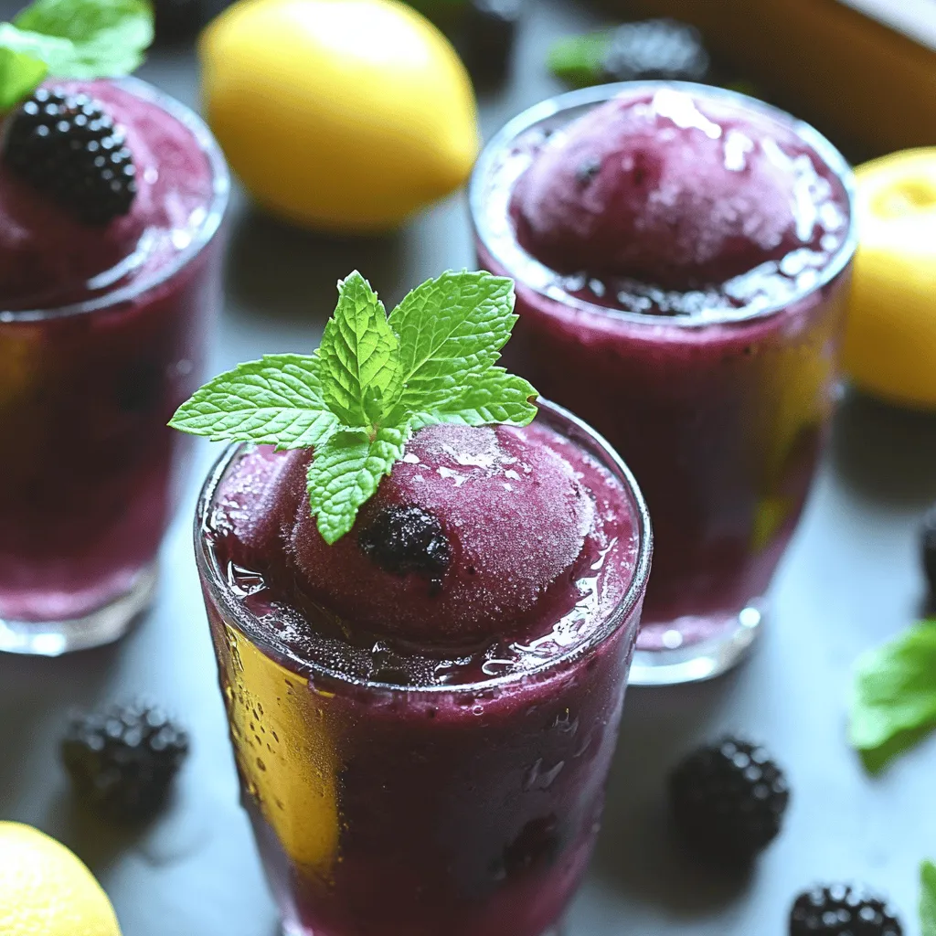 Die Zutaten für die perfekte Brombeer-Limonade-Slush sind einfach und frisch. Hier sind die Hauptzutaten, die du brauchst: - 2 Tassen frische Brombeeren - 1/2 Tasse frischer Zitronensaft (ca. 3-4 Zitronen) - 1/4 Tasse Honig oder Agavensirup (nach Geschmack anpassen) - 4 Tassen Eiswürfel - 1 Tasse Wasser - Frische Minzblätter zur Garnierung (optional) Diese Zutaten sorgen für einen erfrischenden und fruchtigen Geschmack. Die Brombeeren bringen eine süße Tiefe, während die Zitronen einen spritzigen Kick hinzufügen. Wenn du die besten Brombeeren auswählst, achte auf einige Punkte. Suche nach tiefschwarzen Beeren mit einem glänzenden Aussehen. Sie sollten fest und prall sein. Vermeide Beeren, die matschig oder schimmelig sind. Dies deutet darauf hin, dass sie nicht frisch sind. Frische Brombeeren haben auch einen süßen Duft. Du kannst sie in lokalen Märkten oder im Supermarkt finden, besonders in der Saison. Wenn du nach alternativen Süßungsmitteln suchst, gibt es viele Optionen. Du kannst Agavensirup oder Kokosblütenzucker verwenden. Diese Süßstoffe haben einen anderen Geschmack, der gut passt. Wenn du es weniger süß magst, probiere Stevia oder Erythrit. Diese sind kalorienarm. Denke daran, die Menge anzupassen, um den gewünschten Geschmack zu erreichen. Die Wahl des Süßungsmittels kann deine Slush einzigartig machen. Zuerst bereite deinen Mixer vor. Stelle sicher, dass er sauber ist. Jetzt ist es Zeit, die Zutaten zu kombinieren. Nimm 2 Tassen frische Brombeeren. Füge 1/2 Tasse frischen Zitronensaft hinzu. Benutze etwa 3-4 Zitronen dafür. Jetzt kommt 1/4 Tasse Honig oder Agavensirup dazu. Du kannst die Menge nach deinem Geschmack anpassen. Schließlich gieße 1 Tasse Wasser dazu. Mixe alles gut, bis die Mischung glatt ist. Jetzt musst du die Brombeermischung abseihen. Nimm ein feines Sieb und stelle es über eine große Schüssel. Gieße die Mischung langsam in das Sieb. So entfernst du die Kerne. Verwende einen Spatel oder Löffel, um den Saft durchzudrücken. Drücke so viel Saft wie möglich heraus. Das gibt dir eine schöne, glatte Basis für die Slush. Gib die abgeseihte Flüssigkeit zurück in den Mixer. Jetzt kommt das Eis. Füge 4 Tassen Eiswürfel hinzu. Mixe alles, bis die Mischung slushig ist. Achte darauf, dass das Eis gut zerkleinert wird. Du willst eine schöne, gefrorene Textur. Probiere die Slush und passe die Süße an. Füge mehr Honig hinzu, wenn du es lieber süßer magst. Mische dann kurz noch einmal. Gieße die Slush in gekühlte Gläser und genieße sie sofort! Für ein wenig Extra kannst du frische Minzblätter als Garnitur verwenden. Die Süße ist wichtig für den Geschmack. Du kannst Honig oder Agavensirup verwenden. Probiere die Slush nach dem Mixen. Wenn sie nicht süß genug ist, füge mehr Honig hinzu. Mixe dann kurz weiter. Die Konsistenz sollte slushig sein, nicht wässrig. Füge mehr Eis hinzu, wenn du eine festere Slush willst. Die Brombeer-Limonade-Slush lässt sich gut vorbereiten. Du kannst die Brombeeren und den Zitronensaft im Voraus mixen. Stelle die Mischung in den Kühlschrank. So bleibt sie frisch und kühl. Füge das Eis erst kurz vor dem Servieren hinzu. So bleibt die Slush perfekt in der Textur. Eine schöne Präsentation macht das Trinken noch besser. Verwende gekühlte Gläser für die Slush. Garniere die Getränke mit frischen Minzblättern. Das sieht toll aus und gibt einen frischen Geschmack. Du kannst auch ein paar ganze Brombeeren an den Rand des Glases stecken. So wird es noch einladender. {{image_4}} Du kannst andere Beeren verwenden, um deine Slush zu machen. Himbeeren, Erdbeeren oder Blaubeeren sind toll. Sie geben deiner Slush einen neuen Geschmack. Misch die Beeren, um eine bunte Mischung zu bekommen. So hast du eine fruchtige Slush, die noch leckerer ist. Wenn du eine alkoholische Variante möchtest, probiere etwas Rum oder Wodka. Füge einfach 1/4 Tasse Alkohol hinzu, wenn du die Zutaten mixt. Das gibt deiner Slush einen besonderen Kick. Achte darauf, die Menge nach deinem Geschmack anzupassen. So kannst du eine erfrischende Slush für Partys machen. Zitrusfrüchte sind perfekt für eine aromatische Slush. Du kannst Limetten oder Orangen verwenden. Diese Früchte bringen Frische und eine süße Note. Mische etwas Grapefruitsaft für einen herben Twist. Experimentiere mit verschiedenen Kombinationen, um die perfekte Balance zu finden. So machst du jedes Mal eine neue Slush, die begeistert. Für das vollständige Rezept schaue dir die [Full Recipe] an. Um die Brombeer-Limonade-Slush frisch zu halten, bewahre sie in einem luftdichten Behälter auf. Ein Glasbehälter funktioniert gut. Stelle sicher, dass der Deckel fest sitzt. So bleibt der Geschmack lange erhalten. Du kannst die Slush auch in Eiswürfelschalen einfrieren. So hast du kleine Portionen für später. Die Slush ist am besten, wenn du sie frisch zubereitest. Du kannst sie jedoch bis zu drei Tage im Kühlschrank aufbewahren. Nach dieser Zeit kann die Textur leiden. Wenn du die Slush einfrierst, kann sie bis zu zwei Monate halten. Achte darauf, sie gut abzudecken, um Gefrierbrand zu vermeiden. Wenn du die Slush aufgetaut hast, wird sie oft matschig. Um sie wieder frisch zu machen, gib sie in den Mixer. Füge ein paar Eiswürfel hinzu und mixe sie kurz. So wird die Slush wieder cremig und lecker. Du kannst auch etwas Zitronensaft oder Honig hinzufügen, um den Geschmack aufzufrischen. Wenn du die Süße der Slush ändern möchtest, ist das sehr einfach. Du kannst mehr Honig oder Agavensirup hinzufügen. Probiere es nach dem Mixen. Wenn es dir zu sauer ist, füge einfach mehr Süßungsmittel hinzu. Mixe dann alles gut durch. So findest du die perfekte Balance für deinen Geschmack. Ja, gefrorene Brombeeren sind eine tolle Option! Sie sind oft süßer und einfacher zu finden. Wenn du gefrorene Brombeeren nimmst, lass sie kurz antauen. So kannst du die richtige Konsistenz für deine Slush erreichen. Du brauchst dann eventuell weniger Eis, da die gefrorenen Beeren schon viel Kälte bringen. Der Mixer ist dein bester Freund für diese Slush. Mixe die Zutaten zuerst, bis sie glatt sind. Danach seihe die Mischung durch ein feines Sieb. Dieser Schritt hilft, die Kerne zu entfernen. Dann gib das Eis dazu und mixe erneut. Achte darauf, die Mischung nicht zu lange zu pürieren, damit sie nicht zu flüssig wird. So bekommst du die perfekte Slush-Textur. Brombeer-Limonade-Slush ist erfrischend und einfach zu machen. Wir haben die besten Zutaten und Tipps betrachtet, um leckere Slushs zu kreieren. Besonders die Auswahl der Brombeeren und die richtige Süße sind wichtig. Mit der Schritt-für-Schritt-Anleitung gelingt dir deine Slush sicher. Probiere auch verschiedene Beeren und Fruchtvarianten aus. Denk an die Lagerung, sodass du jederzeit genießen kannst. Jetzt bist du bereit, deine eigene Slush zu machen und zu teilen!