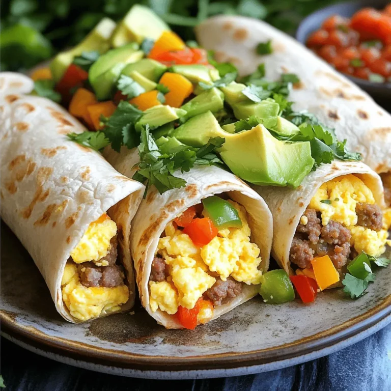 Für Loaded Breakfast Burritos benötigst du einige Hauptzutaten. Diese sind einfach zu finden und machen dein Frühstück lecker. Hier ist die Liste: - 4 große Weizentortillas - 6 große Eier - 1/2 Tasse Milch - 1 Tasse geriebener Käse (Mischung aus Cheddar und Monterey Jack) - 1 Tasse durchgebratene und zerbröselte Frühstückswurst (oder Soja-Chorizo für eine vegetarische Option) - 1 Tasse gewürfelte Paprika (rot, grün oder gelb) - 1/2 Tasse gewürfelte Zwiebel - 1 Avocado, in Scheiben geschnitten - 1/4 Tasse frischer Koriander, gehackt - 1/2 Teelöffel Knoblauchpulver - Salz und Pfeffer nach Geschmack - Salsa oder scharfe Soße zum Servieren Diese Zutaten ergeben eine tolle Kombination für deinen Burrito. Wenn du eine vegetarische oder vegane Option suchst, gibt es viele Alternativen. Du kannst die Wurst durch Soja-Chorizo ersetzen. Außerdem kannst du mehr Gemüse wie Zucchini oder Spinat hinzufügen. Wenn du Käse vermeiden möchtest, nimm einen veganen Käse oder lasse ihn ganz weg. Avocado bringt eine cremige Textur, die du in jedem Fall genießen kannst. Frische Zutaten sind wichtig für den Geschmack. Achte auf die Farben der Paprika und der Zwiebeln. Sie sollten glänzend und knackig sein. Wähle Eier von guter Qualität, am besten aus Freilandhaltung. Die Avocado sollte leicht weich sein, wenn du sie drückst. Koriander sollte frisch und grün sein, ohne braune Stellen. Frische Zutaten machen deinen Burrito noch besser! Zuerst musst du alle Zutaten bereitstellen. Es ist wichtig, alles bereit zu haben. So sparst du Zeit beim Kochen. Hier sind die Zutaten: - 4 große Weizentortillas - 6 große Eier - 1/2 Tasse Milch - 1 Tasse geriebener Käse (Mischung aus Cheddar und Monterey Jack) - 1 Tasse durchgebratene und zerbröselte Frühstückswurst (oder Soja-Chorizo für eine vegetarische Option) - 1 Tasse gewürfelte Paprika (rot, grün oder gelb) - 1/2 Tasse gewürfelte Zwiebel - 1 Avocado, in Scheiben geschnitten - 1/4 Tasse frischer Koriander, gehackt - 1/2 Teelöffel Knoblauchpulver - Salz und Pfeffer nach Geschmack - Salsa oder scharfe Soße zum Servieren Du kannst die Paprika und Zwiebel klein schneiden. So kochen sie schneller. Jetzt geht es ans Kochen! Erhitze etwas Öl in einer großen Pfanne. Die Zwiebel und Paprika kommen zuerst hinein. Lass sie etwa 5 Minuten braten. Sie sollten weich und duftend sein. In einer Schüssel verrührst du die Eier mit Milch, Knoblauchpulver, Salz und Pfeffer. Schlage die Mischung gut, bis sie leicht schäumt. Gieße die Eiermischung in die Pfanne zu den gekochten Zwiebeln und Paprika. Rühre sanft, während die Eier fest werden. Sobald die Eier halb gar sind, füge die Wurst hinzu. Koche weiter, bis die Eier komplett gar sind, aber noch weich bleiben. Nimm die Pfanne vom Herd und rühre die Hälfte des Käses unter. Der Käse schmilzt schnell. Jetzt stellst du die Burritos zusammen. Nimm eine Tortilla und lege sie flach auf eine saubere Fläche. Gib eine großzügige Portion der Eier- und Wurstfüllung in die Mitte. Verteile die Avocadoscheiben und den Koriander darüber. Wenn du mehr Käse magst, füge ihn jetzt hinzu. Um die Burritos zu rollen, klappe die Seiten ein und rolle sie von unten nach oben. Achte darauf, dass die Füllung gut gesichert ist. Optional kannst du die Burritos in einer heißen Pfanne kurz anbraten. So werden sie goldbraun und knusprig. Serviere sie warm mit Salsa oder scharfer Soße. Für das komplette Rezept schaue dir [Full Recipe] an. Um die besten Loaded Breakfast Burritos zu machen, ist die Füllung entscheidend. Die Mischung aus Eiern, Wurst und Gemüse sollte frisch und gut gewürzt sein. Achte darauf, die Eier nicht zu lange zu kochen. Sie sollten weich und cremig bleiben. Mische die Zutaten gut in der Pfanne, sodass sich die Aromen verbinden. Die Wahl der Tortilla ist wichtig. Du kannst große Weizentortillas oder auch Vollkorn-Tortillas verwenden. Weizentortillas sind weich und leicht zu rollen. Wenn du eine gesündere Option wünschst, nimm Vollkorn-Tortillas. Sie haben mehr Ballaststoffe und einen guten Geschmack. Erwärme die Tortillas kurz in einer Pfanne, damit sie beim Füllen flexibler werden. Um eine knusprige Textur zu erreichen, brate die Burritos in einer trockenen Pfanne. Lege sie mit der Nahtseite nach unten und brate sie 2-3 Minuten pro Seite. Dies sorgt für eine goldbraune Kruste. Du kannst auch etwas Öl in die Pfanne geben, um die Knusprigkeit zu erhöhen. Wenn du die Burritos im Ofen backen möchtest, lege sie auf ein Backblech und backe sie bei 200 Grad Celsius für 10 Minuten. {{image_4}} Es gibt viele Füllungen für Loaded Breakfast Burritos. Du kannst mit verschiedenen Zutaten spielen. Einige beliebte Optionen sind: - Speck: Knusprig gebraten, gibt er einen tollen Geschmack. - Schinken: Eine leckere Wahl, die gut zu Eiern passt. - Süßkartoffeln: Sie bringen Süße und Nährstoffe in dein Burrito. - Pilze: Sie fügen einen herzhaften Biss hinzu. Diese Optionen machen dein Frühstück aufregend und lecker. Wenn du vegane oder glutenfreie Burritos machen willst, ist das einfach. Nutze einfach diese Ideen: - Ersatz für Eier: Benutze Tofu oder Kichererbsenmehl. - Käsealternativen: Du kannst pflanzlichen Käse verwenden. - Tortillas: Suche nach glutenfreien Tortillas aus Mais oder Reis. Diese Anpassungen machen deine Burritos für jeden geeignet. Du kannst die Füllungen anpassen, um verschiedene Geschmäcker zu treffen. Hier sind einige Ideen: - Mexikanisch: Füge schwarze Bohnen, Jalapeños und Guacamole hinzu. - Mediterran: Verwende Spinat, Feta und Oliven. - Asiatisch: Kombiniere Ei mit Sojasauce, Frühlingszwiebeln und Sesam. Mit diesen Füllungen bleibt dein Frühstück spannend und neu. Du kannst mehr über die Füllungen im [Full Recipe] erfahren. Um Reste der Loaded Breakfast Burritos frisch zu halten, lege sie in luftdichte Behälter. Du kannst sie auch in Frischhaltefolie wickeln. Achte darauf, dass die Burritos gut verpackt sind, um das Austrocknen zu vermeiden. Lagere sie im Kühlschrank, wenn du sie innerhalb von drei Tagen essen möchtest. Wenn du die Burritos aufwärmen möchtest, gibt es einige gute Methoden. Du kannst sie in der Mikrowelle aufwärmen. Lege sie auf einen Teller und decke sie mit einem feuchten Küchenpapier ab. So bleiben sie saftig. Alternativ kannst du sie in einer Pfanne bei mittlerer Hitze aufwärmen. Wende die Burritos regelmäßig, damit sie gleichmäßig warm werden. Im Kühlschrank halten sich die Burritos etwa drei Tage. Wenn du sie länger aufbewahren möchtest, friere sie ein. Im Gefrierschrank bleiben sie bis zu drei Monate frisch. Wenn du sie aufwärmst, lasse sie zuerst im Kühlschrank auftauen. So werden sie gleichmäßiger warm und schmecken besser. Diese Tipps helfen dir, die leckeren Burritos auch später zu genießen. Für das vollständige Rezept, schau dir die [Full Recipe] an. Die Zubereitung der Loaded Breakfast Burritos dauert insgesamt etwa 30 Minuten. Das umfasst 15 Minuten für die Vorbereitung und weitere 15 Minuten zum Kochen. Damit hast du schnell ein leckeres Frühstück. Ja, du kannst die Füllung im Voraus zubereiten. Koche die Eier und die anderen Zutaten und lasse sie abkühlen. Bewahre die Mischung in einem luftdichten Behälter im Kühlschrank auf. So sparst du Zeit am Morgen. Es gibt viele tolle Beilagen. Hier sind einige Ideen: - Salsa: Frisch oder gekocht, für einen tollen Geschmack. - Guacamole: Cremig und lecker, passt perfekt zu Burritos. - Joghurt: Eine erfrischende Beilage, die gut dazu schmeckt. - Frisches Obst: Zum Beispiel Ananas oder Melone, für eine süße Note. Für das vollständige Rezept, schaue dir die [Full Recipe] an. Zusammenfassend haben wir die besten Zutaten und Tipps für Loaded Breakfast Burritos besprochen. Du hast gelernt, wie man die Füllung zubereitet und die Burritos rollt. Außerdem gab ich dir nützliche Informationen zur Aufbewahrung und zur Haltbarkeit. Denke daran, kreative Variationen und Anpassungen auszuprobieren. Egal ob vegan oder glutenfrei, jeder kann diese Burritos anpassen. Wo wirst du deine nächsten Loaded Breakfast Burritos genießen?