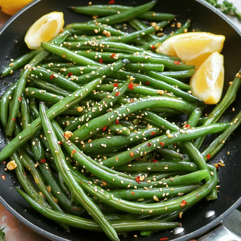 - 450 g frische grüne Bohnen - 4 Knoblauchzehen - 2 Esslöffel Olivenöl - 1 Esslöffel Sesamöl - 1 Teelöffel rote Pfefferflocken - Salz und Pfeffer nach Geschmack - 1 Esslöffel geröstete Sesamsamen - Zitronenspalten Die Zutaten sind einfach zu finden. Frische grüne Bohnen geben den besten Geschmack. Wähle knackige, leuchtende Bohnen. Knoblauch bringt viel Aroma. Verwende frischen Knoblauch, um den besten Geschmack zu erzielen. Olivenöl sorgt für eine schöne Färbung. Sesamöl gibt einen nussigen Geschmack. Die roten Pfefferflocken bringen eine angenehme Wärme. Du kannst die Menge nach deinem Geschmack anpassen. Salz und Pfeffer runden die Aromen ab. Denke daran, die Bohnen mit Sesamsamen zu garnieren. Sie geben einen tollen Crunch. Zitronenspalten sind auch wichtig. Sie bringen Frische und einen spritzigen Kick. Für das vollständige Rezept schaue dir die [Full Recipe] an. So kannst du das Gericht perfekt zubereiten. Um die Bohnen perfekt zuzubereiten, beginne mit dem Blanchieren. Koche einen großen Topf mit gesalzenem Wasser. Wenn das Wasser sprudelt, gib die frischen grünen Bohnen hinein. Blanchiere sie für 2-3 Minuten. Die Bohnen sollten leuchtend grün und knackig sein. Danach gieße sie ab und lege sie schnell in eine Schüssel mit Eiswasser. Dies stoppt den Garprozess. Nach ein paar Minuten gieße die Bohnen erneut ab und tupfe sie mit einem Küchentuch trocken. Jetzt bereitest du das Öl vor. Nimm eine große Pfanne oder einen Wok. Erhitze 2 Esslöffel Olivenöl und 1 Esslöffel Sesamöl bei mittelhoher Hitze. Achte darauf, dass das Öl leicht schimmert. Das richtige Öl ist wichtig für den Geschmack. Schneide 4 Knoblauchzehen dünn. Gib den Knoblauch in die erhitzte Pfanne. Brate ihn für etwa 1 Minute an. Achte darauf, dass er aromatisch und goldbraun wird. Lass ihn nicht anbrennen, sonst wird der Geschmack bitter. Jetzt kommen die blanchierten Bohnen in die Pfanne. Füge auch 1 Teelöffel rote Pfefferflocken hinzu. Rühre die Mischung für 5-7 Minuten. Du möchtest, dass die Bohnen knusprig werden und eine goldene Farbe annehmen. Halte die Hitze konstant, um die perfekte Textur zu erreichen. Wenn die Bohnen schön knusprig sind, schmecke sie mit Salz und Pfeffer ab. Nimm die Pfanne vom Herd. Bestreue die Bohnen mit 1 Esslöffel gerösteten Sesamsamen. Dies gibt einen tollen Crunch. Serviere die Bohnen mit Zitronenspalten an der Seite. Der spritzige Kick macht das Gericht noch besser. Du findest das gesamte Rezept unter [Full Recipe]. Um die Bohnen perfekt knusprig zu machen, achte auf die Temperatur. Erhitze das Öl gut, bevor du die Bohnen hinzufügst. Zu niedrige Hitze macht sie weich. Blanchiere die Bohnen vor dem Braten. Das bringt die schöne grüne Farbe und sorgt für Knusprigkeit. Frischer Knoblauch ist der Schlüssel zu einem tollen Geschmack. Schneide ihn dünn, damit er schnell brät. Achte darauf, den Knoblauch nicht zu verbrennen. Wenn er zu dunkel wird, schmeckt er bitter. Du kannst ihn später hinzufügen, um die Kontrolle zu behalten. Diese grünen Bohnen passen gut zu vielen Gerichten. Serviere sie mit Reis für eine einfache Mahlzeit. Sie sind auch eine tolle Beilage zu Fleisch. Die Kombination aus Knoblauch und Sesam bringt einen tollen Geschmack auf den Tisch. Probier es aus! {{image_4}} Für ein wenig mehr Crunch kannst du Nüsse oder Samen hinzufügen. Mandeln oder Cashews passen gut. Sie bringen nicht nur Textur, sondern auch Geschmack. Du kannst auch verschiedene Gewürze ausprobieren. Paprika oder Curry können den Bohnen einen neuen Kick geben. Experimentiere mit deinem Lieblingsgeschmack. Wenn du eine pflanzliche Option möchtest, verwende Pflanzenöle. Kokosöl oder Rapsöl sind gute Alternativen. Auch das Sesamöl kannst du ersetzen. Ein paar Tropfen Erdnussöl bieten ebenfalls einen tollen Geschmack. Diese Optionen machen das Gericht noch gesünder und schmackhafter. Um das Rezept gesünder zu machen, reduziere das Öl. Du kannst die Menge um die Hälfte verringern. So bleibt der Geschmack großartig, aber es ist leicht. Auch das Salz kannst du reduzieren. Nutze stattdessen Kräuter oder Zitrone für mehr Geschmack. So bleibst du auf der gesunden Seite, ohne auf Genuss zu verzichten. Um die Reste von knusprigen grünen Bohnen richtig zu lagern, wähle geeignete Behälter. Verwende am besten luftdichte Behälter, um die Frische zu bewahren. Glasbehälter sind eine gute Wahl, da sie keinen Geschmack abgeben. Du kannst auch Plastikbehälter benutzen, aber achte darauf, dass sie BPA-frei sind. Die Kühlung ist wichtig, um die Bohnen frisch zu halten. Stelle die Reste in den Kühlschrank. Dort bleiben sie bis zu drei Tage genießbar. Wenn du sie länger aufbewahren möchtest, friere sie ein. Achte darauf, dass sie gut verpackt sind, um Gefrierbrand zu vermeiden. Wenn du die grünen Bohnen wieder aufwärmen möchtest, gibt es einige Methoden. Du kannst sie in der Mikrowelle erwärmen. Lege die Bohnen in eine Schüssel und decke sie mit einem feuchten Tuch ab. Erhitze sie in Intervallen von 30 Sekunden, bis sie warm sind. Eine andere Methode ist das Aufwärmen in der Pfanne. Erwärme etwas Öl in der Pfanne und füge die Bohnen hinzu. Rühre sie oft um, damit sie nicht anbrennen. Um Sumpfigkeit zu vermeiden, erwärme die Bohnen nicht zu lange. Sie sollen warm, aber nicht matschig sein. So bleiben sie knusprig und lecker. Um knusprige Bohnen zu bekommen, halte dich an folgende Tipps: - Blanchiere die Bohnen kurz, um die Farbe zu erhalten. - Kühle sie schnell in Eiswasser ab. - Verwende eine heiße Pfanne mit ausreichend Öl. - Rühre die Bohnen regelmäßig, damit sie gleichmäßig bräunen. Die richtige Temperatur und Timing sind sehr wichtig. Wenn du die Bohnen zu lange kochst, verlieren sie ihre Knusprigkeit. Ja, du kannst viele andere Gemüsesorten verwenden. Hier sind einige Alternativen: - Brokkoli - Zucchini - Paprika - Karotten Diese Gemüsesorten können ähnlich zubereitet werden. Achte darauf, die Garzeit anzupassen. Die Reste der Bohnen halten sich im Kühlschrank etwa 3 bis 4 Tage. Bewahre sie in einem luftdichten Behälter auf. Wenn du die Bohnen länger aufbewahren möchtest, kannst du sie einfrieren. So bleiben sie etwa 2 bis 3 Monate frisch. Ja, du kannst das Rezept teilweise im Voraus zubereiten. - Blanchiere die Bohnen und kühle sie ab. - Bewahre sie im Kühlschrank auf, bis du bereit bist, sie zu braten. Brate die Bohnen kurz vor dem Servieren, damit sie knusprig bleiben. Ja, dieses Rezept ist glutenfrei. Die Hauptzutaten enthalten kein Gluten. Vergewissere dich, dass das Sesamöl und die anderen Zutaten ebenfalls glutenfrei sind. So kannst du sicher genießen. Für das vollständige Rezept siehe [Full Recipe]. Grüne Bohnen sind einfach zuzubereiten und sehr schmackhaft. Wir haben wichtige Zutaten, Zubereitungsschritte und Tipps geklärt. Die richtige Vorbereitung macht den Unterschied. Du kannst die Bohnen knusprig halten und mit Gewürzen variieren. Denke auch an gesunde Anpassungen und die Lagerung von Resten. Probiere neue Variationen aus und genieße diese leckere Beilage. Mit diesem Wissen gelingt dir ein tolles Gericht. Nutze die Tipps für mehr Freude beim Kochen!