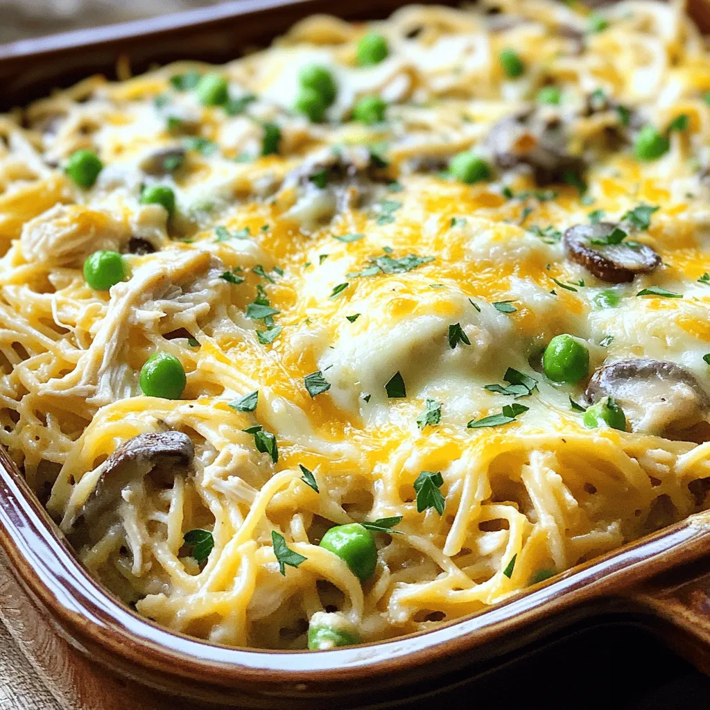 Für ein köstliches Chicken Tetrazzini benötigst du folgende Zutaten: - 225 g Spaghetti oder Fettuccine - 480 ml gekochtes Hähnchen, in Stücke zerteilt oder gerupft - 150 g Champignons, in Scheiben geschnitten - 150 g gefrorene Erbsen - 75 g Zwiebel, fein gehackt - 3 Knoblauchzehen, gepresst - 480 ml Geflügelbrühe - 240 ml Schlagsahne - 100 g geriebener Parmesan - 100 g geriebener Mozzarella - 2 Esslöffel Olivenöl - 1 Teelöffel getrockneter Thymian - Salz und Pfeffer nach Geschmack - Frische Petersilie, gehackt (zum Garnieren) Wenn du für Chicken Tetrazzini einkaufst, kannst du frische oder gefrorene Zutaten nutzen. Frische Champignons und Erbsen haben oft einen besseren Geschmack. Sie geben dem Gericht eine schöne Textur. Gefrorene Erbsen sind praktisch. Sie sind einfach zu finden und oft günstiger. Wenn du Zeit sparen willst, greife zu gefrorenen Zutaten. Es gibt viele Wege, um die Zutaten zu ersetzen. Hier sind einige Ideen: - Anstelle von Hähnchen kannst du Pute verwenden. - Du kannst auch eine vegetarische Option mit Tofu oder Pilzen ausprobieren. - Wenn du keinen Parmesan hast, nutze einen anderen Hartkäse wie Pecorino. - Statt Schlagsahne kannst du auch eine pflanzliche Sahne verwenden. Diese Alternativen helfen dir, das Rezept nach deinen Vorlieben anzupassen. Jetzt bist du bereit, dein Chicken Tetrazzini zu kochen! Schau dir das [Full Recipe] an, um alle Schritte zu sehen. Zuerst sammeln Sie alle Zutaten. Das macht das Kochen einfacher. Sie brauchen: - 225 g Spaghetti oder Fettuccine - 480 ml gekochtes Hähnchen, in Stücke zerteilt oder gerupft - 150 g Champignons, in Scheiben geschnitten - 150 g gefrorene Erbsen - 75 g Zwiebel, fein gehackt - 3 Knoblauchzehen, gepresst - 480 ml Geflügelbrühe - 240 ml Schlagsahne - 100 g geriebener Parmesan - 100 g geriebener Mozzarella - 2 Esslöffel Olivenöl - 1 Teelöffel getrockneter Thymian - Salz und Pfeffer nach Geschmack - Frische Petersilie, gehackt (zum Garnieren) Heizen Sie den Ofen auf 175°C vor. So ist er bereit, wenn das Gericht fertig ist. Kochzeit ist wichtig. Kochen Sie die Spaghetti oder Fettuccine in einem großen Topf. Befolgen Sie die Anweisungen auf der Verpackung, um sie al dente zu bekommen. Wenn die Nudeln fertig sind, lassen Sie sie abtropfen. Stellen Sie sie beiseite. Jetzt kommt der spannende Teil. Erhitzen Sie das Olivenöl in einer großen Pfanne bei mittlerer Hitze. Fügen Sie die gehackte Zwiebel und den gepressten Knoblauch hinzu. Braten Sie sie an, bis die Zwiebel glasig wird, etwa 3-4 Minuten. Jetzt die Champignons hinzufügen. Braten Sie sie an, bis sie weich und goldbraun sind, das dauert etwa 5 Minuten. Fügen Sie das gekochte Hähnchen, die gefrorenen Erbsen, getrockneten Thymian, Salz und Pfeffer hinzu. Kochen Sie alles zusammen für weitere 2-3 Minuten. Gießen Sie die Geflügelbrühe und die Schlagsahne in die Pfanne. Rühren Sie gut um und bringen Sie die Mischung zum Kochen. Lassen Sie sie etwa 5 Minuten köcheln, bis die Sauce leicht eindickt. In einer großen Schüssel kombinieren Sie die gekochten Nudeln mit der Hähnchenmischung. Achten Sie darauf, dass alles gleichmäßig überzogen ist. Füllen Sie die Mischung in eine gefettete Auflaufform. Jetzt streuen Sie den geriebenen Parmesan und Mozzarella gleichmäßig darüber. Backen Sie das Gericht im vorgeheizten Ofen für 25-30 Minuten. Der Käse sollte sprudelnd und goldbraun sein. Lassen Sie das Gericht nach dem Herausnehmen aus dem Ofen ein paar Minuten abkühlen. Garnieren Sie es mit frisch gehackter Petersilie. Für das vollständige Rezept können Sie [Full Recipe] besuchen. Um die Sauce für Ihr Chicken Tetrazzini perfekt zu machen, beachten Sie diese Punkte: - Langsame Erhitzung: Kochen Sie die Sauce bei mittlerer Hitze. Das hilft, die Aromen gut zu verbinden. - Brühe und Sahne: Verwenden Sie eine Mischung aus Geflügelbrühe und Schlagsahne. Diese Kombination gibt der Sauce Cremigkeit. - Eindicken: Lassen Sie die Sauce köcheln, bis sie leicht eindickt. Rühren Sie dabei regelmäßig um, um Klumpen zu vermeiden. Eine gut gemachte Sauce ist der Schlüssel zu einem schmackhaften Gericht. Einige Fehler können Ihr Tetrazzini ruinieren. Hier sind die häufigsten: - Überkochen der Nudeln: Kochen Sie die Nudeln nur al dente. Sie weichen im Ofen weiter auf. - Zu wenig Würze: Salz und Pfeffer sind wichtig. Schmecken Sie die Mischung vor dem Backen ab. - Falsche Ofentemperatur: Achten Sie auf die richtige Temperatur von 175°C. Das sorgt für eine goldbraune Kruste. Vermeiden Sie diese Fehler, um das beste Ergebnis zu erzielen. Chicken Tetrazzini ist vielseitig und passt gut zu vielen Beilagen: - Salate: Ein frischer grüner Salat bringt Farbe und Knusprigkeit. - Brot: Knoblauchbrot oder Baguette sind ideal, um die Sauce aufzutunken. - Gemüse: Gedünstetes Gemüse wie Brokkoli oder grüne Bohnen ergänzt das Gericht gut. Diese Beilagen machen Ihr Essen rundum lecker und ansprechend. Sie können auch die [Full Recipe] für mehr Details überprüfen. {{image_4}} Für eine vegetarische Variante tauschen Sie das Hähnchen gegen Gemüse. Sie können Brokkoli, Zucchini oder Paprika verwenden. Mit diesen Gemüsesorten wird das Gericht leicht und frisch. Dies ist eine tolle Option für Vegetarier. Sie können auch andere Zutaten hinzufügen oder ersetzen. Zum Beispiel, anstelle von Spaghetti können Sie auch Vollkornnudeln nutzen. Fügen Sie etwas Spinat oder Artischocken hinzu, um mehr Geschmack zu bekommen. Diese Änderungen machen das Gericht noch interessanter. Wenn Sie es schärfer mögen, probieren Sie, einige Gewürze hinzuzufügen. Cayennepfeffer oder Paprika geben dem Gericht einen tollen Kick. Sie können auch frische Kräuter wie Basilikum oder Oregano hinzufügen. Diese Gewürze machen Ihr Tetrazzini lebendiger und aromatischer. Um deine Reste gut aufzubewahren, lass das Chicken Tetrazzini zuerst abkühlen. Fülle es dann in einen luftdichten Behälter. Du kannst es bis zu drei Tage im Kühlschrank lagern. Achte darauf, die Reste nicht länger als nötig stehen zu lassen. So bleibt der Geschmack frisch und lecker. Das Einfrieren ist eine tolle Option. Teile das Gericht in Portionsgrößen auf. Lege es in gefriergeeignete Behälter oder in Gefrierbeutel. Vergiss nicht, das Datum darauf zu schreiben. So kannst du sicher sein, dass du es innerhalb von drei Monaten verbrauchst. Beim Auftauen ist es am besten, das Tetrazzini über Nacht im Kühlschrank zu lassen. Um das Chicken Tetrazzini aufzuwärmen, nutze deinen Ofen. Stelle ihn auf 175°C ein. Gib das Gericht in eine Auflaufform und decke es mit Folie ab. So bleibt es saftig. Erwärme es für etwa 20 Minuten. Wenn du es knuspriger magst, entferne die Folie in den letzten 5 Minuten. Achte darauf, dass das Gericht gut durchgeheizt ist. So schmeckt es fast wie frisch zubereitet! Mehr zu diesem Rezept findest du in der [Full Recipe]. Die Zubereitung dauert etwa 15 Minuten. Das Kochen und Backen benötigt weitere 35 Minuten. Insgesamt sind es also 50 Minuten. Du kannst in dieser Zeit alles ganz leicht erledigen. Ja, du kannst die Nudeln im Voraus kochen. Koche sie al dente und lasse sie abkühlen. Bewahre sie in einem luftdichten Behälter auf. Wenn du bereit bist zu kochen, füge sie einfach zur Hähnchenmischung hinzu. So sparst du Zeit, wenn du dein Gericht zubereitest. Tetrazzini passt gut zu frisch gebackenem Brot. Ein einfacher grüner Salat ist auch eine gute Wahl. Du kannst auch gedünstetes Gemüse dazu servieren. Diese Beilagen ergänzen den Geschmack des Hähnchen-Tetrazzini perfekt. Sie sorgen für einen schönen Kontrast auf dem Teller. Du hast viel gelernt über Easy Chicken Tetrazzini. Wir haben die besten Zutaten und mögliche Alternativen besprochen. Du weißt jetzt, wie man das Gericht Schritt für Schritt zubereitet und welche Tipps du beachten solltest. Variationen bieten dir tolle Möglichkeiten für jeden Geschmack, sogar vegetarische. Darüber hinaus hast du hilfreiche Lagerungshinweise für Reste erhalten. Das Kochen kann Spaß machen. Experimentiere mit Zutaten und finde deinen perfekten Geschmack!