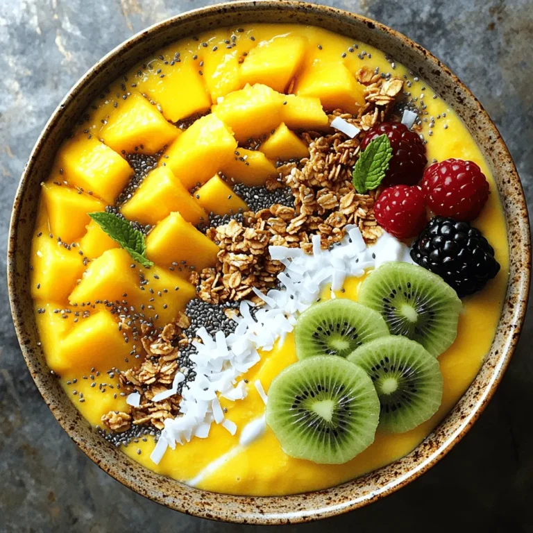 Die Hauptzutaten machen deine Mango-Smoothie-Schale lecker und gesund. Hier sind die Zutaten, die du brauchst: - 2 reife Mangos, geschält und gewürfelt - 1 Banane, in Scheiben geschnitten - 1 Tasse Kokosjoghurt (oder herkömmlicher Joghurt) - 1/2 Tasse Mandelmilch (oder Milch nach Wahl) - 1 Esslöffel Honig oder Ahornsirup (optional) - 1/2 Teelöffel Vanilleextrakt Diese Zutaten geben der Schale ihren fruchtigen Geschmack und die cremige Textur. Du kannst deiner Smoothie-Schale noch mehr Geschmack und Textur verleihen. Hier sind einige Ideen: - 1/4 Tasse Granola - 1 Esslöffel Chiasamen - Frische Fruchtscheiben (z. B. Kiwi, Beeren) zum Garnieren - Geriebene Kokosnuss zur Dekoration - Minzblätter zur Verzierung Diese Toppings machen deine Schale noch schöner und leckerer. Die Zutaten sind nicht nur lecker, sondern auch gut für dich. Hier einige Nährstoffvorteile: - Mangos sind reich an Vitamin C und A. Sie stärken dein Immunsystem und fördern die Hautgesundheit. - Bananen geben dir schnelle Energie und enthalten Kalium, was gut für dein Herz ist. - Kokosjoghurt ist eine gute Quelle für Probiotika. Diese fördern die Verdauung und das Wohlbefinden. - Chiasamen sind voll von Ballaststoffen und Omega-3-Fettsäuren. Sie helfen dir, lange satt zu bleiben. Mit diesen Zutaten machst du eine gesunde und nahrhafte Mahlzeit. Du kannst das gesamte Rezept hier finden: [Full Recipe]. Zuerst wasche die Mangos und die Banane. Schäle die Mangos und schneide sie in Würfel. Schneide die Banane in Scheiben. Diese Früchte sind die Hauptbestandteile der Smoothie-Schale. Bereite auch die anderen Zutaten vor. Du benötigst Kokosjoghurt, Mandelmilch, Honig, Vanilleextrakt, Granola, Chiasamen, frische Fruchtscheiben, geriebene Kokosnuss und Minzblätter. Halte alles bereit, damit das Mixen schnell geht. Gib die gewürfelten Mangos, die Bananenscheiben, den Kokosjoghurt, die Mandelmilch, den Honig und den Vanilleextrakt in einen Mixer. Mixe die Zutaten, bis die Mischung glatt ist. Wenn die Mischung zu dick ist, füge mehr Mandelmilch hinzu. Achte darauf, die richtige Konsistenz zu erreichen. Sie sollte cremig, aber nicht zu flüssig sein. Das macht das Essen angenehmer. Gieße die Smoothiemischung in eine große Schüssel. Jetzt kommt der kreative Teil! Dekoriere die Schale mit Granola und Chiasamen. Füge frische Fruchtscheiben hinzu, um mehr Farbe zu bringen. Streue etwas geriebene Kokosnuss darüber. Schließlich garnierst du die Schale mit Minzblättern. Das sieht nicht nur gut aus, sondern gibt auch einen frischen Geschmack. Wenn du alles richtig machst, wird deine Schale sehr einladend und lecker aussehen. Um die perfekte Konsistenz für deine Mango-Smoothie-Schale zu erreichen, beginne mit frischen Zutaten. Die Mangos sollten reif und saftig sein. Verwende einen starken Mixer, um die Mischung gleichmäßig zu pürieren. Wenn dein Smoothie zu dick ist, füge etwas mehr Mandelmilch hinzu. Das gibt ihm die cremige Textur, die du suchst. Mixe die Zutaten gut, bis sie schön glatt sind. So bekommst du eine wohlschmeckende Basis für deine Schale. Frische Toppings machen deine Smoothie-Schale nicht nur lecker, sie sehen auch toll aus! Verwende bunte Früchte wie Kiwi oder Beeren, um deiner Schale Farbe zu verleihen. Granola sorgt für einen knusprigen Biss. Chiasamen sind eine tolle Ergänzung, da sie viele Nährstoffe bieten. Geriebene Kokosnuss und Minzblätter bringen einen frischen Geschmack. Diese Toppings machen das Essen zu einem Erlebnis für alle Sinne. Um Zeit zu sparen, bereite die Zutaten vor. Du kannst die Mangos und Bananen am Vorabend schneiden und im Kühlschrank aufbewahren. Das macht das Mixen schnell und einfach. Auch die Toppings kannst du im Voraus bereitstellen. Wenn du alles griffbereit hast, dauert die Zubereitung nur fünf Minuten. So hast du mehr Zeit, deine köstliche Mango-Smoothie-Schale zu genießen. Du findest das komplette Rezept in der [Full Recipe]. {{image_4}} Wenn du die Mango-Smoothie-Schale variieren willst, probiere andere Früchte aus. Du kannst Ananas für eine tropische Note verwenden. Erdbeeren bringen eine süße Frische. Auch Himbeeren oder Pfirsiche passen gut. Jede Frucht hat ihren eigenen Geschmack und Nährstoffe. So bleibt deine Schale immer spannend und lecker. Für eine vegane Variante kannst du Kokosjoghurt und Mandelmilch nutzen. Diese Zutaten sind pflanzlich und lecker. Achte darauf, ein glutenfreies Granola zu wählen. So bleibt die Schale frei von Gluten. Du kannst auch Chiasamen oder Leinsamen als Topping nutzen. Diese sind gesund und fügen eine tolle Textur hinzu. Die Wahl des Joghurts kann den Geschmack ändern. Du kannst herkömmlichen Joghurt verwenden, wenn du magst. Alternativ gibt es auch Soja- oder Haferjoghurt. Jede Art bringt ihren eigenen Charakter mit. Experimentiere mit den Texturen und Geschmäckern. Das macht die Smoothie-Schale noch interessanter. Denke daran, die Zutaten nach deinem Geschmack zu wählen. So wird jedes Mal ein neues Erlebnis. Für das vollständige Rezept, schau dir die [Full Recipe] an. Wenn du eine Menge Smoothiemischung übrig hast, kannst du sie gut aufbewahren. Fülle die Mischung in einen luftdichten Behälter. Stelle sicher, dass der Deckel fest sitzt. Im Kühlschrank bleibt die Mischung etwa 1 bis 2 Tage frisch. Rühre sie vor dem Servieren gut um. Falls die Mischung zu dick ist, füge etwas Mandelmilch hinzu. Die Haltbarkeit der Zutaten ist wichtig für den Geschmack und die Frische. Reife Mangos halten sich im Kühlschrank etwa 3 bis 5 Tage. Bananen sind am besten frisch und halten etwa 2 bis 7 Tage. Kokosjoghurt und Mandelmilch haben oft längere Haltbarkeiten. Überprüfe immer das Verfallsdatum auf der Verpackung. Granola und Chiasamen können viele Monate halten, wenn du sie richtig lagerst. Du kannst viele Zutaten im Voraus vorbereiten, um Zeit zu sparen. Schneide die Mangos und Bananen und bewahre sie in einem Behälter im Kühlschrank auf. Du kannst auch den Joghurt und die Mandelmilch bereitstellen. Mische alles am Morgen oder wann immer du die Smoothie-Schale zubereiten möchtest. Das spart Zeit und macht es einfacher, einen gesunden Snack zu genießen. Um eine cremigere Smoothie-Schale zu machen, füge einfach mehr Kokosjoghurt hinzu. Wenn du frische Früchte verwendest, wie reife Mangos, wird die Mischung auch cremiger. Ein weiterer Trick ist, eine gefrorene Banane zu nutzen. Sie macht deine Schale dicker und kühler. Ja, du kannst die Mischung im Voraus zubereiten. Fülle die Smoothie-Mischung in einen Behälter und stelle ihn in den Kühlschrank. Achte darauf, die Toppings erst kurz vor dem Servieren hinzuzufügen. So bleibt alles frisch und knusprig. Die besten Toppings sind Granola, Chiasamen und frische Früchte. Du kannst auch geriebene Kokosnuss oder Nüsse hinzufügen. Minzblätter geben einen frischen Geschmack. Wähle Toppings, die dir am besten schmecken. Sie machen die Schale bunter und leckerer. Die besten Mangos findest du auf dem Markt oder in einem guten Supermarkt. Achte darauf, dass sie reif sind, wenn sie leicht drücken. Du kannst auch nach Mangos fragen, die aus deiner Region kommen. Das sorgt für frischen Geschmack. Die tropische Mango-Smoothie-Schale ist schnell und einfach zuzubereiten. Wir haben die besten Zutaten ausgewählt, die nicht nur gut schmecken, sondern auch viele Nährstoffe bieten. Mit unseren Tipps und Tricks gelingt dir die perfekte Konsistenz. Probiere verschiedene Varianten mit neuen Früchten oder Joghurt. Achte auf die Lagerung, damit du die Schale länger genießen kannst. Die Fragen beantworten wir ebenfalls, damit du ganz sicher bist. Hol dir die besten Mangos und starte in ein gesundes Frühstück!