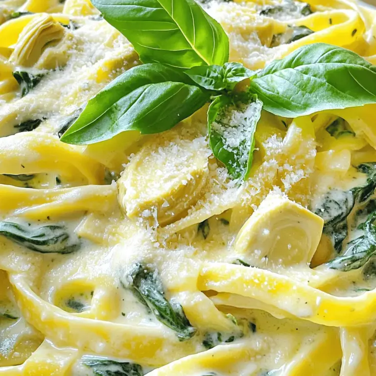 Für Cremige Spinat und Artischocken Pasta brauchst du: - 300g Pasta (wie Fettuccine oder Penne) - 2 Tassen frischer Spinat, grob gehackt - 1 Dose (400g) Artischockenherzen, abgetropft und grob gehackt - 1 Tasse Schlagsahne - 1 Tasse Frischkäse, zimmerwarm - 2 Zehen Knoblauch, fein gehackt - 1/2 Tasse geriebener Parmesan - 1/2 Teelöffel getrockneter Oregano - 1/4 Teelöffel rote Pfefferflocken (optional) - Salz und Pfeffer nach Geschmack - 2 Esslöffel Olivenöl - Frische Basilikumblätter zur Garnierung Die oben genannten Zutaten ergeben vier köstliche Portionen. Diese Menge ist perfekt für ein kleines Abendessen oder eine gemütliche Mahlzeit mit Freunden. Jeder wird die cremige Sauce lieben! Um den Geschmack zu variieren, kannst du auch andere Gewürze nutzen. Hier sind einige Ideen: - Füge eine Prise Muskatnuss hinzu für mehr Tiefe. - Verwende frische Kräuter wie Petersilie oder Thymian. - Experimentiere mit anderen Käsesorten wie Feta oder Gouda. - Für etwas mehr Biss, gib geröstete Nüsse wie Pinienkerne oder Mandeln hinzu. Mit diesen Zutaten und Tipps wird deine cremige Spinat und Artischocken Pasta ein Hit! Für die vollständige Zubereitung schau dir das [Full Recipe] an. Beginne mit einem großen Topf. Fülle ihn mit Wasser und füge Salz hinzu. Bring das Wasser zum Kochen. Gib die Pasta hinein und koche sie nach den Anweisungen auf der Verpackung. Die Pasta sollte al dente sein. Wenn sie fertig ist, hebe eine Tasse vom Nudelwasser auf und lass die Pasta abtropfen. Nimm eine große Pfanne und erhitze das Olivenöl auf mittlerer Hitze. Füge den gehackten Knoblauch hinzu und brate ihn für etwa eine Minute. Der Duft wird bald durch die Küche ziehen. Jetzt kommen der Spinat und die Artischockenherzen dazu. Koche alles zusammen für 3 bis 4 Minuten, bis der Spinat zusammenfällt. Reduziere die Hitze und füge die Schlagsahne, den Frischkäse und den Parmesan hinzu. Rühre die Mischung kontinuierlich um, bis der Frischkäse schmilzt. Du willst eine glatte und cremige Sauce. Würze die Sauce mit Oregano, Salz und Pfeffer. Wenn sie zu dick ist, gib etwas von dem Nudelwasser dazu. So erreichst du die perfekte Konsistenz. Jetzt kommt der aufregende Teil! Gib die abgetropfte Pasta in die Pfanne mit der Sauce. Wende alles vorsichtig, bis die Pasta schön gleichmäßig mit der cremigen Sauce überzogen ist. Du kannst die Pasta sofort servieren, garniert mit frischen Basilikumblättern. Dieses Gericht ist nicht nur lecker, sondern auch ein echter Genuss für die Sinne. Für das vollständige Rezept, schau dir die [Full Recipe] an. Um die perfekte Konsistenz zu erreichen, achte auf die Sauce. Sie sollte cremig, aber nicht zu dick sein. Wenn die Sauce zu dick ist, füge langsam das reservierte Nudelwasser hinzu. Ein Esslöffel nach dem anderen reicht oft aus. Rühre gut um, bis du die gewünschte Konsistenz hast. Um die Vorbereitungszeit zu optimieren, schneide alle Zutaten vorher. Hacke den Spinat und die Artischocken, bevor du mit dem Kochen beginnst. Das spart Zeit, wenn du die Sauce zubereitest. Du kannst auch die Pasta währenddessen kochen. So läuft alles glatt und schnell. Für mehr Geschmack kannst du einige einfache Tricks anwenden. Probiere, frische Kräuter wie Basilikum oder Petersilie hinzuzufügen. Sie bringen frische Aromen in dein Gericht. Eine gute Prise Zitronensaft kann ebenfalls helfen. Er verleiht der Sauce eine schöne Frische. Auch etwas Parmesan über die fertige Pasta streuen, macht einen großen Unterschied. Das sind kleine Hacks, die viel bewirken! {{image_4}} Wenn du eine vegetarische Variante suchst, ist das einfach. Verwende statt Schlagsahne eine pflanzliche Sahne. Sie gibt eine ähnliche Cremigkeit und passt gut zur Pasta. Du kannst auch mehr Gemüse wie Zucchini oder Paprika hinzufügen. Das bringt Farbe und Geschmack in dein Gericht. Für eine glutenfreie Pasta kannst du glutenfreie Nudeln verwenden. Diese gibt es in vielen Formen, wie Spaghetti oder Fusilli. Achte darauf, dass die Zutaten in deiner Sauce auch glutenfrei sind. So bleibt dein Gericht lecker und für alle geeignet. Um mehr Vielfalt zu schaffen, füge Zutaten wie getrocknete Tomaten oder Oliven hinzu. Diese bringen einen neuen Geschmack und ein tolles Aroma. Auch frische Kräuter wie Petersilie oder Schnittlauch sind eine gute Wahl. Du kannst das Gericht auch mit Hühnchen oder Garnelen aufpeppen, wenn du mehr Proteine möchtest. Diese Variationen machen die cremige Spinat und Artischocken Pasta zu einem flexiblen Genuss. Du kannst die Rezeptur nach deinem Geschmack anpassen. So wird jedes Mal ein neues, spannendes Gericht daraus. Für das komplette Rezept schau dir die [Full Recipe] an. Wenn du Reste von deiner cremigen Spinats- und Artischocken-Pasta hast, ist es wichtig, sie richtig zu lagern. Lass die Pasta zuerst auf Raumtemperatur abkühlen. Danach füllst du sie in einen luftdichten Behälter. So bleiben die Aromen erhalten. Du kannst die Reste bis zu drei Tage im Kühlschrank aufbewahren. Vergiss nicht, sie vor dem Verzehr gut durchzuwärmen. Falls du mehr Reste hast, kannst du die Pasta auch einfrieren. Teile die Portionen in kleine Behälter oder benutze Gefrierbeutel. Achte darauf, die Luft gut herauszudrücken. So bleibt die Pasta frisch. Im Gefrierfach kann die Pasta bis zu drei Monate halten. Wenn du sie essen möchtest, nimm sie einfach heraus und lasse sie im Kühlschrank über Nacht auftauen. Beim Aufwärmen ist es wichtig, die Qualität der Pasta zu bewahren. Du kannst die Pasta in der Mikrowelle aufwärmen. Füge etwas Wasser oder Sahne hinzu, um die Sauce cremig zu halten. Eine andere Methode ist, die Pasta in einem Topf auf dem Herd zu erwärmen. Rühre sie dabei gut um, damit sie gleichmäßig heiß wird. So schmeckt die Pasta fast wie frisch zubereitet. Die Zubereitung dieser Pasta dauert insgesamt etwa 30 Minuten. Du kochst die Pasta für 10 Minuten und bereitest die Sauce in 20 Minuten. So kannst du schnell ein leckeres Gericht zubereiten. Ja, du kannst frische Artischocken verwenden. Frische Artischocken sind lecker, aber sie brauchen mehr Zeit zur Vorbereitung. Du musst sie schälen und kochen, bevor du sie verwendest. Wenn du frische Artischocken nimmst, achte darauf, dass sie zart sind und eine schöne Farbe haben. Zu dieser cremigen Pasta passen viele Beilagen. Ein einfacher gemischter Salat ist eine tolle Wahl. Du kannst auch ein Stück Baguette oder Focaccia servieren, um die Sauce aufzutunken. Gegrilltes Gemüse oder ein leichter, frischer Brokkoli sind ebenfalls gute Optionen. Falls du das vollständige Rezept benötigst, findest du es in der Full Recipe. Diese Anleitung hat Ihnen alle wichtigen Schritte für die cremige Spinata-Artischocken-Pasta gegeben. Wir haben die Hauptzutaten, die Zubereitung und die besten Tipps behandelt. Denken Sie daran, Variationen zu probieren, um das Gericht anzupassen. Lagern Sie Reste gut, um sie länger zu genießen. Kochen macht Spaß, und mit diesen einfachen Schritten gelingt das Gericht ganz einfach. Viel Spaß beim Ausprobieren!