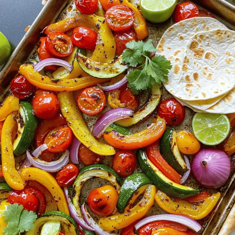 Für unsere leckeren Sheet Pan Veggie Fajitas brauchst du frische und bunte Zutaten. Hier ist eine Liste der Hauptzutaten: - 2 bunte Paprika, in Streifen geschnitten - 1 große rote Zwiebel, in Scheiben geschnitten - 1 Zucchini, in Halbmonde geschnitten - 1 gelbe Zucchini, in Halbmonde geschnitten - 1 Tasse Kirschtomaten, halbiert Diese Zutaten bringen Farbe und Geschmack auf dein Blech. Die Mischung aus Paprika und Zwiebel sorgt für eine süße Note. Die Gewürze machen den Unterschied in deinem Gericht. Hier sind die Gewürze, die du benötigst: - 3 Esslöffel Olivenöl - 2 Teelöffel Chilipulver - 1 Teelöffel Kreuzkümmel - 1 Teelöffel geräucherter Paprika - Salz und Pfeffer nach Geschmack Das Olivenöl hilft, das Gemüse schön zu rösten und die Gewürze gut zu verteilen. Chilipulver gibt dir die nötige Schärfe. Um deine Fajitas noch besser zu machen, füge diese Beilagen und Garnierungen hinzu: - 8 kleine Tortillas (Mais oder Weizen) - Frischer Koriander, zur Garnierung - Limettenspalten, zum Servieren Die Tortillas sind die perfekte Basis. Der frische Koriander bringt einen tollen Geschmack. Limette gibt den Fajitas eine spritzige Note. Du kannst die vollständige Rezeptanleitung [hier](#) finden. Zuerst musst du den Ofen auf 200°C vorheizen. Das macht das Rösten einfach. Lege ein großes Backblech mit Backpapier aus. So bleibt es sauber. Jetzt schneide das Gemüse. Du brauchst zwei bunte Paprika, eine große rote Zwiebel, eine Zucchini und eine gelbe Zucchini. Halbiere auch eine Tasse Kirschtomaten. Das Gemüse sollte gleichmäßig geschnitten sein. So gart es gleichmäßig im Ofen. In einer großen Schüssel vermischst du das geschnittene Gemüse. Gieße drei Esslöffel Olivenöl darüber. Füge zwei Teelöffel Chilipulver, einen Teelöffel Kreuzkümmel und einen Teelöffel geräucherten Paprika hinzu. Vergiss nicht, Salz und Pfeffer nach Geschmack dazuzugeben. Misch alles gut durch, bis das Gemüse gleichmäßig gewürzt ist. Verteile das Gemüse auf dem Backblech. Röste es im Ofen für 25 bis 30 Minuten. Wende das Gemüse nach der Hälfte der Zeit. Es sollte zart und leicht angebraten sein. Während das Gemüse röstet, erwärmst du die Tortillas. Nimm eine trockene Pfanne und stelle sie auf mittlere Hitze. Erwärme die Tortillas etwa 30 Sekunden auf jeder Seite. Sie sollten biegsam sein. Nimm das Backblech aus dem Ofen, wenn das Gemüse fertig ist. Lass es kurz abkühlen. Jetzt kannst du die Fajitas zusammenstellen. Löffle eine großzügige Menge geröstetes Gemüse auf jede Tortilla. Garniere mit frischem Koriander und serviere mit Limettenspalten. So wird dein Gericht frisch und lecker! Um das Gemüse perfekt zu rösten, achte darauf, dass alles gleich groß geschnitten ist. So gart es gleichmäßig. Ich mag es, die Paprika, Zwiebeln und Zucchini in dünne Streifen zu schneiden. Dadurch erhalten sie eine schöne Röstung. Ein weiteres Geheimnis ist, das Gemüse nicht zu dicht auf dem Blech zu verteilen. Lass genug Platz, damit die Hitze zirkulieren kann. Wende das Gemüse nach der Hälfte der Zeit. So wird es rundum knusprig und lecker. Die Gewürze sind flexibel. Du kannst sie nach deinem Geschmack anpassen. Wenn du es schärfer magst, füge mehr Chilipulver hinzu. Für einen rauchigen Geschmack ist geräucherter Paprika ideal. Wenn du keine Zucchini magst, kannst du sie durch Auberginen ersetzen. Sei kreativ und finde deine Lieblingsmischung. Ein Spritzer Limette bringt Frische und macht das Gericht lebendig. Hast du Reste? Kein Problem! Du kannst die Fajitas als Füllung für Omelettes nutzen. Sie schmecken auch gut in einem Burrito oder Wrap. Eine weitere Idee ist, die Reste in eine Suppe zu geben. Einfach alles in Brühe kochen und genießen. So bringst du Abwechslung auf den Tisch. {{image_4}} Möchtest du mehr Protein in deinen Fajitas? Tofu und Tempeh sind tolle Optionen. Schneide den Tofu in Würfel und mariniere ihn mit Gewürzen. Tempeh kannst du ebenfalls würzen und in Scheiben schneiden. Beide Optionen bringen einen herzhaften Geschmack. Sie passen perfekt zu den bunten Gemüse. Ich empfehle, sie etwa 10 Minuten länger im Ofen zu rösten, damit sie schön knusprig werden. Wenn du glutenfrei isst, wähle Mais-Tortillas. Diese sind oft in jedem Supermarkt erhältlich. Sie sind lecker und passen gut zu den Fajitas. Achte darauf, dass die Gewürze auch glutenfrei sind. Viele Marken bieten glutenfreie Optionen an. So kannst du das Gericht ohne Sorgen genießen. Das Schöne an Fajitas ist, dass du kreativ sein kannst. Probiere verschiedene Gemüsesorten aus. Brokkoli, Karotten oder sogar Auberginen passen gut. Mische deine Lieblingsgemüse und finde heraus, was dir am besten schmeckt. Du kannst auch saisonales Gemüse verwenden, um frische Aromen hinzuzufügen. Wenn du magst, kannst du auch frische Kräuter wie Basilikum oder Petersilie hinzufügen. So wird dein Gericht noch bunter und schmackhafter. Das ist die Freude am Kochen. Lass deiner Kreativität freien Lauf! Du kannst sicher tolle Variationen finden. Schau dir auch das Full Recipe an, um alle Details zu sehen. Die Reste der Sheet Pan Veggie Fajitas sind im Kühlschrank bis zu drei Tage haltbar. Achte darauf, sie in einem luftdichten Behälter zu lagern. So bleiben die Aromen frisch. Wenn du sie länger aufbewahren möchtest, friere die Fajitas für bis zu drei Monate ein. Um die Fajitas optimal aufzubewahren, lege sie in einen luftdichten Behälter. Trenne die Tortillas vom Gemüse, um die Textur zu erhalten. So bleibt das Gemüse knackig, und die Tortillas werden nicht matschig. Wenn du die Fajitas im Gefrierbeutel aufbewahrst, drücke die Luft heraus. Das verhindert Gefrierbrand und erhält den Geschmack. Um die Reste wieder aufzuwärmen, benutze am besten eine Pfanne. Erhitze etwas Öl bei mittlerer Hitze und füge das Gemüse hinzu. Brate es für etwa fünf Minuten, bis es heiß ist. Die Tortillas kannst du in der Pfanne oder in der Mikrowelle kurz erwärmen. So schmecken die Fajitas fast wie frisch aus dem Ofen. Die Zubereitung von Sheet Pan Veggie Fajitas dauert insgesamt etwa 40 Minuten. Davon sind 10 Minuten für die Vorbereitung und 30 Minuten für das Rösten im Ofen. Diese Zeit kann je nach Schnelligkeit beim Schneiden des Gemüses variieren. Wenn Sie alles gut vorbereitet haben, haben Sie schnell ein leckeres Gericht. Ja, Sie können die Fajitas im Voraus zubereiten. Das Gemüse können Sie am Morgen oder sogar am Vortag schneiden. Lagern Sie es in einem luftdichten Behälter im Kühlschrank. Wenn Sie bereit sind, die Fajitas zu genießen, rösten Sie das Gemüse einfach wie im Rezept angegeben. So sparen Sie Zeit und können die Fajitas schneller servieren. Zu Fajitas passen viele leckere Beilagen. Hier sind einige Ideen: - Guacamole - Salsa - Sauerrahm - Reis - Bohnen - Nachos Sie können auch frische Salate oder Maiskolben als Beilage servieren. Diese Optionen bringen zusätzliche Aromen und Texturen in Ihr Gericht. Probieren Sie verschiedene Kombinationen aus, um das perfekte Erlebnis zu finden. Wenn Sie mehr Inspiration suchen, schauen Sie sich das [Full Recipe] an. Zusammenfassend haben wir die Hauptzutaten, die Zubereitung und die Aufbewahrung von Sheet Pan Veggie Fajitas behandelt. Ich habe dir gezeigt, wie du das Gemüse perfekt röstest und welche einfachen Variationen es gibt. Denke daran, deine Fajitas mit frischen Beilagen zu servieren. Diese leckeren und gesunden Fajitas werden schnell zum Hit bei dir. Experimentiere mit den Zutaten und genieße die Vielfalt. So kannst du immer wieder neue Geschmackserlebnisse kreieren!
