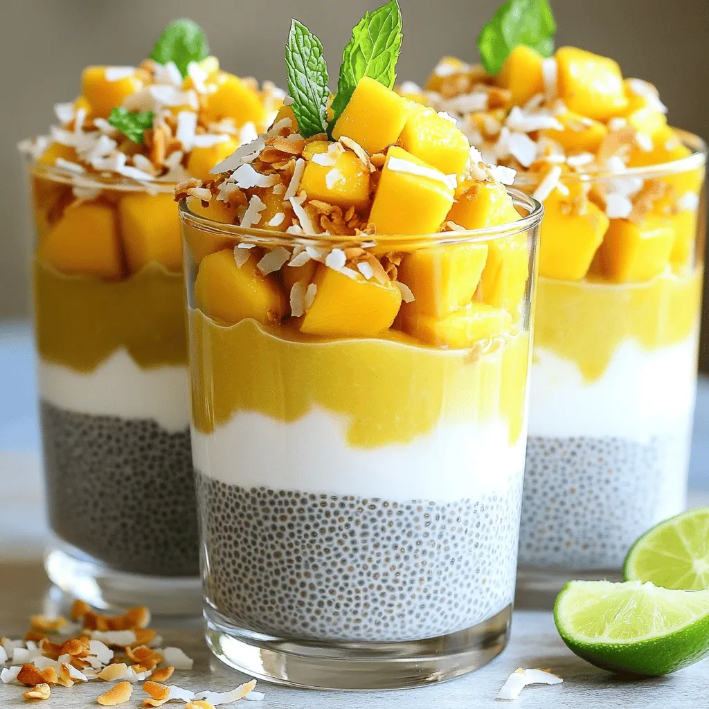 Um den tropischen Mango-Chia-Pudding zuzubereiten, benötigen Sie einige einfache Zutaten. Hier ist eine Liste der Hauptzutaten: - 1 Tasse Kokosmilch (aus der Dose oder frisch) - 1/4 Tasse Chiasamen - 2 Esslöffel Honig oder Ahornsirup (je nach Süße anpassen) - 1 reife Mango, gewürfelt - 1 Esslöffel frischer Limettensaft - 1/4 Teelöffel Vanilleextrakt - Eine Prise Salz - Geröstete Kokosflocken (zum Garnieren) - Frische Minzblätter (zur Dekoration) Diese Zutaten bringen den tropischen Geschmack in Ihr Gericht. Chiasamen sind gesund und geben Struktur. Kokosmilch sorgt für eine cremige Textur. Die Wahl der Mango ist wichtig. Eine reife Mango hat eine glatte Haut und riecht süß. Sie sollte leicht drücken, wenn Sie sie sanft drücken. Grüne Mangos sind hart und sauer, was den Geschmack des Puddings beeinflussen kann. Achten Sie darauf, die Mango vor der Verwendung zu schälen und in kleine Stücke zu schneiden. Dies macht die Vorbereitung einfacher. Wenn Sie Honig oder Ahornsirup nicht verwenden möchten, gibt es Alternativen. Sie können auch Agavensirup oder Kokosblütenzucker einsetzen. Diese Süßstoffe haben ihre eigenen Geschmäcker und Vorteile. Achten Sie darauf, die Menge anzupassen, um die richtige Süße zu bekommen. Experimentieren Sie mit den Süßungsmitteln, um Ihren perfekten Geschmack zu finden. Für das vollständige Rezept klicken Sie auf [Full Recipe]. Die Zubereitung des tropischen Mango-Chia-Puddings ist schnell und einfach. Zuerst benötigst du etwa 10 Minuten, um alles vorzubereiten. Du fängst an, indem du in einer Schüssel die Kokosmilch, den Honig oder Ahornsirup, den Vanilleextrakt und eine Prise Salz vermischt. Rühre gut, bis alles glatt ist. Dann streue langsam die Chiasamen hinein. Rühre weiter, damit sich die Samen gleichmäßig verteilen. Dies hilft, Klumpen zu vermeiden. Ein guter Tipp ist, die Chiasamen langsam zuzufügen. Wenn du sie zu schnell hinzufügst, können sie verklumpen. Rühre ständig, während du sie hinzufügst. Wenn die Mischung gut aussieht, decke die Schüssel ab oder fülle sie in ein Glas mit Deckel. Lass die Mischung mindestens 4 Stunden oder über Nacht im Kühlschrank. So können die Chiasamen die Flüssigkeit aufnehmen und der Pudding wird dick und cremig. Die Kühlzeit ist wichtig. Während dieser Zeit quellen die Chiasamen und nehmen die Flüssigkeit auf. Das macht den Pudding dick und sorgt für eine tolle Textur. Wenn du den Pudding vor dem Servieren rührst, löst sich eventuell entstandene Klumpen auf. Du wirst sehen, wie schön der Pudding aussieht, wenn du ihn in Schalen löffelst. Vergiss nicht, die Mango und die Kokosflocken als Topping hinzuzufügen. Diese Schritte sorgen dafür, dass dein tropischer Mango-Chia-Pudding perfekt wird. Du findest das vollständige Rezept im Abschnitt "Zutaten". Ein häufiger Fehler ist, die Chiasamen zu schnell in die Flüssigkeit zu geben. Das führt oft zu Klumpen. Streue die Samen langsam ein und rühre gut um. So vermeidest du Klumpen. Ein weiterer Fehler ist, die Mischung nicht lange genug kühl zu stellen. Mindestens vier Stunden sind nötig, damit der Pudding gut eindickt. Um den Pudding cremig zu machen, nutze hochwertige Kokosmilch. Die Konsistenz ist entscheidend. Du kannst auch etwas mehr Kokosmilch hinzufügen, wenn du es cremiger magst. Ein Trick: Füge einen kleinen Löffel Joghurt hinzu. Das macht den Pudding noch reichhaltiger. Serviere den Pudding in klaren Gläsern. So kannst du die schönen Schichten sehen. Obenauf kommt die marinierte Mango. Streue geröstete Kokosflocken darüber für extra Crunch. Frische Minzblätter sind nicht nur hübsch, sie bringen auch Frische. Du kannst auch Limettenscheiben hinzufügen, um das Aussehen zu verbessern. Für eine besondere Note, probiere auch andere Früchte wie Ananas oder Passionsfrucht. Du kannst alle Schritte und Details in der Full Recipe nachlesen. {{image_4}} Du kannst deinen Tropical Mango Chia Pudding leicht anpassen. Probiere andere Früchte wie: - Ananas - Papaya - Beeren (Erdbeeren, Himbeeren) - Kiwi Diese Früchte bringen neue Geschmäcker und Farben. Du kannst auch verschiedene Toppings nutzen. Geröstete Nüsse oder Samen passen gut. Für etwas Crunch sind sie ideal! Für eine vegane Variante verwende einfach Agavendicksaft anstelle von Honig. Außerdem kannst du pflanzliche Milch verwenden. Mandel- oder Hafermilch sind tolle Alternativen. Wenn du es zuckerfrei magst, nutze Stevia oder Erythrit. Diese Süßstoffe haben kaum Kalorien und sind gesund. Füge beim Mischen Gewürze hinzu, um den Geschmack zu verbessern. Eine Prise Zimt oder Muskatnuss macht den Pudding besonders. Auch frische Kräuter wie Minze oder Basilikum sind spannend. Sie geben dem Pudding eine ganz neue Note. Wenn du magst, kannst du auch einen Schuss Kokosnussöl hinzufügen. Es sorgt für einen tollen Geschmack und eine cremige Textur. Du kannst all diese Variationen in deinem Full Recipe ausprobieren. So bleibst du kreativ in der Küche! Bewahren Sie den Mango-Chia-Pudding in einem luftdichten Behälter auf. So bleibt der Pudding frisch. Stellen Sie sicher, dass er gut abgedeckt ist, um Gerüche zu vermeiden. Im Kühlschrank hält sich der Pudding bis zu fünf Tage. Kokosmilch und Chiasamen haben eine lange Haltbarkeit. Ungeöffnete Kokosmilch kann bis zu zwei Jahre halten. Nach dem Öffnen sollte sie innerhalb von 5 bis 7 Tagen verbraucht werden. Chiasamen bleiben 2 bis 3 Jahre frisch, wenn sie richtig gelagert werden. Achten Sie darauf, sie an einem kühlen, trockenen Ort zu lagern. Haben Sie Reste vom Pudding? Verwenden Sie ihn als Frühstück oder Snack. Sie können ihn mit frischen Früchten, Joghurt oder Müsli kombinieren. Eine weitere Idee ist, ihn in Smoothies zu mischen. So erhalten Sie eine cremige Textur und zusätzlichen Nährwert. Der Pudding kann auch als Basis für Desserts dienen. Nutze ihn in Torten oder als Füllung für Cupcakes. Um den Pudding zu süßen, nutzen Sie Honig oder Ahornsirup. Beide Optionen sind lecker. Passen Sie die Menge nach Ihrem Geschmack an. Wenn Sie es süßer mögen, fügen Sie mehr hinzu. Verwenden Sie weniger, wenn Sie es weniger süß wollen. Auch Früchte können süßen. Ein wenig pürierte Banane oder Datteln sind großartige Alternativen. Chiasamen sind kleine Kraftpakete. Sie sind reich an Ballaststoffen, die gut für die Verdauung sind. Diese Samen enthalten viele Omega-3-Fettsäuren. Diese Fettsäuren sind wichtig für das Herz. Chiasamen haben auch Antioxidantien, die die Zellen schützen. Sie helfen, den Blutzuckerspiegel zu regulieren. Außerdem geben sie ein gutes Sättigungsgefühl. Das hilft, übermäßiges Essen zu vermeiden. Ja, Sie können die Kokosmilch ersetzen. Mandeln-, Hafer- oder Sojamilch funktionieren gut. Diese Alternativen bringen unterschiedliche Geschmäcker mit sich. Achten Sie darauf, ungesüßte Optionen zu wählen, um den Pudding nicht zu süß zu machen. So bleibt der Geschmack der Mango im Vordergrund. Experimentieren Sie mit verschiedenen Milchsorten, um Ihre Lieblingskombination zu finden. Der tropische Mango-Chia-Pudding bietet viele Möglichkeiten für Genuss und Gesundheit. Wir haben die besten Zutaten, Tipps zur Zubereitung und kreative Variationen erkundet. Denke daran, die Mango gut auszuwählen und die Kühlzeit zu beachten. Die richtige Aufbewahrung sorgt dafür, dass dein Pudding frisch bleibt. Mit all diesen Ideen kannst du deiner Kreativität freien Lauf lassen und gesunde Snacks genießen. Probiere unbedingt verschiedene Früchte und Gewürze aus. Das macht den Pudding noch spannender!