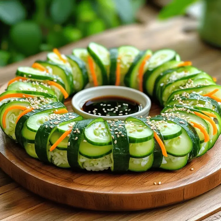 Für mein einfaches Gurken-Sushi brauchst du: - 2 große Gurken - 1 Tasse Sushi-Reis - 1 ½ Tassen Wasser - 3 Esslöffel Reisessig - 1 Esslöffel Zucker - 1 Teelöffel Salz - 1 Avocado, in Scheiben geschnitten - 1 kleine Karotte, julienniert - 4 Blätter Nori (Seetang) - Sojasauce, zum Dippen - Sesam, zur Garnitur Jede dieser Zutaten bringt ihren eigenen Geschmack und Textur ins Sushi. Der Reis gibt die Basis, während die Gurke für Frische sorgt. Hier sind die Utensilien, die du für die Zubereitung brauchst: - Reiskocher oder Topf - Große Schüssel - Kleiner Topf für den Essig-Mix - Bambus-Sushi-Matte oder Schneidebrett - Scharfes Messer - Gemüsehobel oder Spiralschneider (optional) Mit diesen Utensilien kannst du das Sushi einfach und schnell zubereiten. Jedes Gerät hat seinen Zweck und macht den Prozess einfacher. Frische Zutaten sind der Schlüssel zu gutem Sushi. Hier sind einige Tipps: - Gurken: Wähle feste Gurken ohne Druckstellen. Sie sollten glänzend und knackig sein. - Avocado: Achte darauf, dass die Avocado leicht nachgibt, wenn du sie drückst. Zu hart oder zu weich ist nicht ideal. - Karotten: Nimm frische, leuchtend orange Karotten. Sie sollten knackig und ohne Flecken sein. - Nori: Suche nach Nori, das dunkel und glänzend ist. Vermeide Risse oder brüchige Blätter. Diese Tipps helfen dir, die besten Zutaten für dein Gurken-Sushi auszuwählen. Wenn du frische Zutaten verwendest, schmeckt dein Sushi viel besser. Um den Sushi-Reis zuzubereiten, spüle den Reis zuerst unter kaltem Wasser. Achte darauf, dass das Wasser klar bleibt. Dies entfernt das überschüssige Stärke und sorgt für besseren Reis. Danach gib den Reis und 1 ½ Tassen Wasser in einen Reiskocher oder einen Topf. Koche den Reis gemäß den Anweisungen des Reiskochers. Wenn du keinen Reiskocher hast, lasse ihn bei niedriger Hitze etwa 20 Minuten köcheln, bis das Wasser vollständig aufgenommen ist. Der Reis sollte am Ende zart sein. Sobald der Reis gekocht ist, gib ihn in eine große Schüssel. Erwärme in einem kleinen Topf 3 Esslöffel Reisessig, 1 Esslöffel Zucker und 1 Teelöffel Salz, bis sie sich auflösen. Übergieße diese Mischung über den Reis und falte alles vorsichtig unter. Lass den Reis auf Raumtemperatur abkühlen. Wasche die Gurken gründlich, um Schmutz und Rückstände zu entfernen. Schäle sie dann mit einem Gemüsehobel oder einem Spiralschneider. So erhältst du lange, dünne Streifen. Lege die Gurkenstreifen beiseite. Diese sorgen für einen frischen Crunch in deinem Sushi. Du kannst auch die Schale dranlassen, wenn du das magst. Sie gibt mehr Geschmack und Farbe. Lege nun ein Blatt Nori mit der glänzenden Seite nach unten auf eine Bambus-Sushi-Matte oder ein Schneidebrett. Feuchte deine Hände leicht an, um den Reis nicht zu kleben. Verteile eine dünne Schicht Sushi-Reis gleichmäßig über das Nori. Lass dabei etwa einen Zoll Nori am oberen Rand frei. Platziere auf dem Reis einige Scheiben Avocado, einige Karottenstreifen und ein paar Gurkenstreifen. Beginne dann, das Sushi vorsichtig von dir weg zu rollen. Übe sanften Druck aus, damit die Rolle eng bleibt. Befeuchte den oberen Rand des Noris mit etwas Wasser, um die Rolle zu versiegeln. Wiederhole diesen Vorgang mit den restlichen Zutaten. Wenn alle Rollen fertig sind, benutze ein scharfes Messer, um jede Rolle in mundgerechte Stücke zu schneiden. Reinige das Messer zwischen den Schnitten mit Wasser, um saubere Kanten zu erhalten. Bestreue die Sushi-Stücke mit Sesam für zusätzlichen Geschmack. Für das vollständige Rezept sieh dir bitte die [Full Recipe] an. Ein häufiger Fehler ist, den Reis nicht richtig zu waschen. Spüle den Reis, bis das Wasser klar ist. Das entfernt überschüssige Stärke und sorgt für besseren Geschmack. Ein weiterer Fehler ist, den Reis nicht abkühlen zu lassen. Warmer Reis macht das Rollen schwer. Lass ihn auf Raumtemperatur kommen. Um eine perfekte Sushi-Rolle zu machen, benötigst du feuchte Hände. Das verhindert, dass der Reis klebt. Beginne mit einer dünnen Schicht Reis. Lass oben etwas Nori frei. Füge die Füllung gleichmäßig hinzu. Rolle das Sushi fest, aber sanft. Feuchte die Kante des Noris an, um die Rolle zu versiegeln. So bleibt alles gut zusammen. Präsentiere die Sushi-Stücke auf einem schönen Teller. Arrange sie in einer Linie oder in einem Kreis. Lege eine kleine Schüssel Sojasauce in die Mitte. Für einen frischen Look garniere mit Gurkenstreifen oder frischen Kräutern. Diese Details machen dein Gericht einladend. Probier auch, die Sushi mit Sesam zu bestreuen. Es gibt zusätzlichen Geschmack und sieht toll aus. {{image_4}} Wenn du eine vegane Option suchst, ist das einfach. Lass die Avocado weg oder ersetze sie durch Tofu. Tofu gibt eine schöne Textur. Du kannst auch mehr Gemüse verwenden, wie Paprika oder Zucchini. Diese Optionen sind frisch und lecker. Für mehr Geschmack kannst du Füllungen hinzufügen. Wie wäre es mit eingelegtem Ingwer oder Rettich? Diese geben einen tollen Crunch. Du kannst auch frische Kräuter wie Koriander oder Minze verwenden. Diese Kräuter bringen einen frischen Geschmack. Für das Topping sind geröstete Erdnüsse eine schöne Idee. Sie geben ein nussiges Aroma. Wenn du zu viel Gemüse hast, ist das kein Problem. Du kannst die Reste in Salaten verwenden. Sie passen perfekt zu einem leichten Mittagessen. Alternativ kannst du sie in eine Suppe geben. So nutzt du alles gut aus und verschwendest nichts. Wenn du Gurken übrig hast, sind sie auch toll als Snack. Einfach mit etwas Salz genießen. Wenn du übrig gebliebenes Sushi hast, lagere es in einem luftdichten Behälter. So bleibt es frisch. Lege ein feuchtes Küchentuch über das Sushi. Das hält die Rollen feucht und verhindert das Austrocknen. Vermeide, das Sushi zu stapeln, um Quetschungen zu vermeiden. Frisches Gemüse wie Gurken und Avocado sollte im Kühlschrank gelagert werden. Wickele Gurken in ein feuchtes Tuch, um sie frisch zu halten. Avocados kannst du in einer Schüssel mit etwas Zitronensaft lagern. Das verhindert, dass sie braun werden. Nutze sie innerhalb von zwei bis drei Tagen für den besten Geschmack. Sushi ist am besten, wenn es frisch ist. Im Kühlschrank bleibt es etwa ein bis zwei Tage haltbar. Prüfe das Sushi vor dem Essen auf Geruch oder Verfärbungen. Wenn es nicht gut riecht oder schimmelig aussieht, wirf es weg. Für die beste Erfahrung, genieße dein Gurken-Sushi frisch und teile es mit Freunden. Für das vollständige Rezept, schau dir die Full Recipe an. Die gesamte Zubereitungszeit beträgt etwa 45 Minuten. Davon sind etwa 15 Minuten für die Vorbereitung nötig. Du kannst den Reis in einem Reiskocher oder einem Topf kochen, was die Zeit verkürzt. Die restliche Zeit brauchst du, um die Gurken und anderen Zutaten vorzubereiten und das Sushi zu rollen. Ja, du kannst viele verschiedene Gemüse als Füllung nutzen. Paprika, Radieschen oder sogar Zucchini passen gut. Wähle die Gemüse, die dir am besten schmecken. Achte darauf, dass sie frisch und knackig sind. So bleibt dein Sushi lecker und gesund. Ja, du kannst Gurken-Sushi im Voraus zubereiten. Roll die Sushi und lege sie in den Kühlschrank. Am besten genießt du sie innerhalb von 24 Stunden. Achte darauf, dass du die Rollen gut abdeckst. So bleiben sie frisch und die Nori bleibt knusprig. Für die genaue Zubereitung schau dir das [Full Recipe] an. Easy Cucumber Sushi ist einfach zuzubereiten und lecker. Wir haben die Hauptzutaten, die Utensilien und Tipps zur Auswahl frischer Zutaten besprochen. Die Schritt-für-Schritt-Anleitung hilft dir, perfekt gerolltes Sushi zu machen. Denke daran, häufige Fehler zu vermeiden und lasse deiner Kreativität bei Füllungen freien Lauf. Achte auf die Aufbewahrungshinweise für die Haltbarkeit. Mit diesen Tipps wirst du deine Sushi-Fähigkeiten verbessern. Probiere die Variationen aus und finde deine Lieblingskombination!