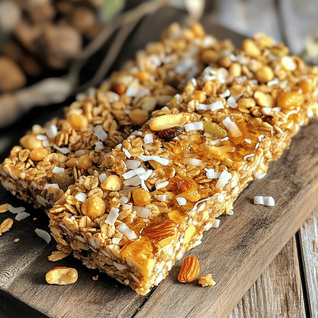 - Haferflocken, Nüsse und Kokosraspeln Haferflocken bilden die Basis. Sie geben den Riegeln Struktur und Energie. Die Nüsse, wie Mandeln oder Walnüsse, bringen Crunch und gesunde Fette. Kokosraspeln fügen einen leichten, süßen Geschmack hinzu. - Nussbutter und Süßungsmittel Nussbutter bindet alles zusammen. Sie sorgt für Cremigkeit und einen tollen Geschmack. Honig oder Ahornsirup sind die perfekten Süßungsmittel. Sie geben den Riegeln die nötige Süße und helfen beim Zusammenhalten. - Gewürze und getrocknete Früchte Gewürze wie Zimt bringen Wärme und Tiefe. Getrocknete Früchte, wie Cranberries oder Rosinen, fügen eine fruchtige Note hinzu. Sie sind süß und machen die Riegel noch leckerer. Die Kombination dieser Zutaten macht die Granola-Riegel nahrhaft und geschmackvoll. Für das vollständige Rezept, siehe [Full Recipe]. Zuerst heize deinen Ofen auf 175°C vor. Nimm eine 20x20 cm Backform und lege sie mit Backpapier aus. Lasse an den Seiten etwas Überhang. So kannst du die Riegel später leicht herausnehmen. In einer großen Schüssel vermische die Haferflocken, die grob gehackten Nüsse und die Kokosraspeln gut. Achte darauf, dass alles gleichmäßig verteilt ist. Diese Mischung bildet die Basis deiner Riegel. Nimm einen kleinen Topf und erhitze darin den Honig oder Ahornsirup. Füge die Nussbutter, den braunen Zucker, den Vanilleextrakt, den Zimt und das Salz hinzu. Rühre alles bei schwacher Hitze, bis die Mischung glatt ist. Gieße diese warme Mischung über die trockenen Zutaten. Mische alles gut, bis die Haferflocken und Nüsse gleichmäßig bedeckt sind. Füge die gehackten getrockneten Früchte hinzu und rühre nochmals um. Gib die Mischung in die vorbereitete Backform und drücke sie fest. Backe die Riegel für 20-25 Minuten oder bis die Ränder goldbraun sind. Lass die Riegel in der Form etwas abkühlen, bevor du sie herausholst. Schneide sie dann in Stücke. Die Granola-Riegel sind nun fertig und bereit zum Genießen! Das vollständige Rezept findest du auch in der Rezeptbeschreibung. Um die perfekte Konsistenz für deine Granola-Riegel zu erreichen, drücke die Mischung gut in die Form. Dies verhindert, dass die Riegel brüchig werden. Achte darauf, dass die Ränder goldbraun sind. So weißt du, dass sie gut gebacken sind. Lass sie nach dem Backen etwas abkühlen, bevor du sie schneidest. Dadurch halten sie besser zusammen und es entstehen schöne Riegel. Du kannst die Granola-Riegel ganz nach deinem Geschmack anpassen. Füge verschiedene Nüsse oder Samen hinzu. Auch Schokoladenstückchen machen die Riegel lecker. Wenn du es fruchtiger magst, probiere verschiedene getrocknete Früchte. Denk daran, die Mengen an Honig oder süßen Zutaten anzupassen, wenn du mehr Zutaten hinzufügst. So bleibst du in der Balance der Aromen. Für einen gesunden Snack wähle hochwertige Zutaten. Verwende ungesüßte Kokosraspeln und biologische Nüsse. Nussbutter kann auch ohne Zucker sein. Honig oder Ahornsirup sind gute natürliche Süßungsmittel. Du kannst auch etwas Zimt hinzufügen, um den Geschmack zu verbessern. Diese Zutaten liefern dir wichtige Nährstoffe und Energie. So hast du einen Snack, der nicht nur gut schmeckt, sondern auch gesund ist. {{image_4}} No-Bake Granola-Riegel sind eine tolle Option. Sie sind einfach zu machen und brauchen keinen Ofen. Mische einfach die trockenen Zutaten in einer Schüssel. Dann erhitze die Nussbutter und den Honig in einem Topf. Gieße die Mischung über die trockenen Zutaten und rühre gut um. Drücke die Mischung in eine Form und lasse sie im Kühlschrank fest werden. In etwa zwei Stunden sind sie bereit zum Genießen! Für glutenfreie Granola-Riegel wähle glutenfreie Haferflocken. Diese sind leicht erhältlich und schmecken fantastisch. Du kannst auch Nüsse und Samen nach Wahl hinzufügen. Achte darauf, dass alle anderen Zutaten ebenfalls glutenfrei sind. So kannst du leckere Riegel genießen, ohne dir Sorgen zu machen. Du kannst deinem Rezept viele zusätzliche Zutaten hinzufügen. Probiere verschiedene Nüsse wie Cashews oder Pistazien. Auch Samen wie Chiasamen oder Leinsamen geben einen tollen Crunch. Datteln oder Feigen passen gut für mehr Süße. Experimentiere mit Gewürzen wie Muskatnuss oder Ingwer für interessante Aromen. So machst du deine Granola-Riegel noch einzigartiger und leckerer! Das vollständige Rezept für knusprige nussige Granola-Riegel findest du in der Rezeptbeschreibung. Um die Frische deiner Granola-Riegel zu bewahren, lagere sie in einem luftdichten Behälter. Dies schützt sie vor Feuchtigkeit und Luft. Du kannst auch kleine Pergamentpapierstücke dazwischen legen. Das hilft, ein Zusammenkleben zu verhindern. Ein Kühlort ist ideal, besonders an warmen Tagen. Im Kühlschrank halten die Riegel bis zu einer Woche. Wenn du sie länger aufbewahren möchtest, friere sie ein. Eingewickelt in Frischhaltefolie oder in einem Gefrierbeutel, bleiben sie bis zu drei Monate frisch. Denke daran, sie vorher in Portionen zu schneiden. So kannst du sie schnell genießen. Für Snacks unterwegs verwende kleine, wiederverwendbare Behälter. Diese sind praktisch und umweltfreundlich. Du kannst auch die Riegel in Wachspapier wickeln. Das ist eine tolle Option für ein schnelles Frühstück oder einen Energieschub nach dem Sport. So hast du immer einen gesunden Snack zur Hand. Um die Riegel süßer zu machen, füge mehr Honig oder Ahornsirup hinzu. Du kannst auch braunen Zucker verwenden. Falls du eine süßere Note willst, gib ein paar Schokoladenstückchen hinzu. Das bringt mehr Geschmack. Probiere, die Süße schrittweise zu erhöhen. So findest du die perfekte Balance. Brüchige Riegel kommen oft von zu wenig Feuchtigkeit. Stelle sicher, dass du genug Nussbutter und Honig verwendest. Diese Zutaten halten die Riegel zusammen. Ein weiteres Problem kann das Backen sein. Wenn die Riegel zu lange im Ofen sind, verlieren sie Feuchtigkeit. Halte dich an die Backzeit im Full Recipe. Ja, du kannst andere Nüsse oder Früchte nach deinem Geschmack verwenden. Mandeln, Cashews oder sogar Pistazien sind großartig. Bei den Früchten sind getrocknete Feigen oder Bananen gute Alternativen. Achte darauf, dass die Stücke klein sind. So vermischen sie sich gut in der Mischung. Das gibt dir viele Möglichkeiten für deinen eigenen Mix. Um die besten Granola-Riegel zu machen, braucht man einige einfache Zutaten. Hier sind die Hauptzutaten: - 2 Tassen Haferflocken - 1 Tasse gemischte Nüsse (Mandeln, Walnüsse, Pecannüsse), grob gehackt - 1/2 Tasse ungesüßte Kokosraspeln - 1/2 Tasse Honig oder Ahornsirup - 1/2 Tasse Nussbutter (Erdnuss-, Mandel-, oder Cashewbutter) - 1/4 Tasse brauner Zucker (optional) - 1/2 Teelöffel Vanilleextrakt - 1/2 Teelöffel Zimt - 1/4 Teelöffel Salz - 1/2 Tasse getrocknete Früchte (Cranberries, Rosinen, oder Aprikosen), gehackt Jede Zutat hat ihren eigenen Zweck. Haferflocken geben die Basis. Nüsse fügen einen tollen Crunch hinzu. Kokosraspeln bringen einen süßen, tropischen Geschmack. Nussbutter und Honig binden alles zusammen. Gewürze wie Zimt geben Wärme. Die getrockneten Früchte sorgen für Süße und eine gute Textur. Mit diesen Zutaten macht ihr gesunde Snacks, die gut schmecken. Ihr könnt die Riegel nach dem Rezept zubereiten oder sie anpassen. Möchtet ihr sie süßer machen? Fügt mehr Honig hinzu. Wollt ihr mehr Crunch? Nehmt mehr Nüsse. Hinweis: Vollständiges Rezept für Knusprige Nussige Granola-Riegel findet sich in der Rezeptbeschreibung. In diesem Artikel haben wir die Hauptzutaten für Granola-Riegel besprochen. Wir haben gesehen, wie man die Backform vorbereitet und die Zutaten richtig vermischt. Tipps für die perfekte Konsistenz sind wichtig, ebenso wie Variationen wie No-Bake Riegel. Außerdem haben wir Lagerungshinweise gegeben. Mache deine Riegel einzigartig und gesund. Genieße die süßen Snacks und experimentiere mit verschiedenen Zutaten!