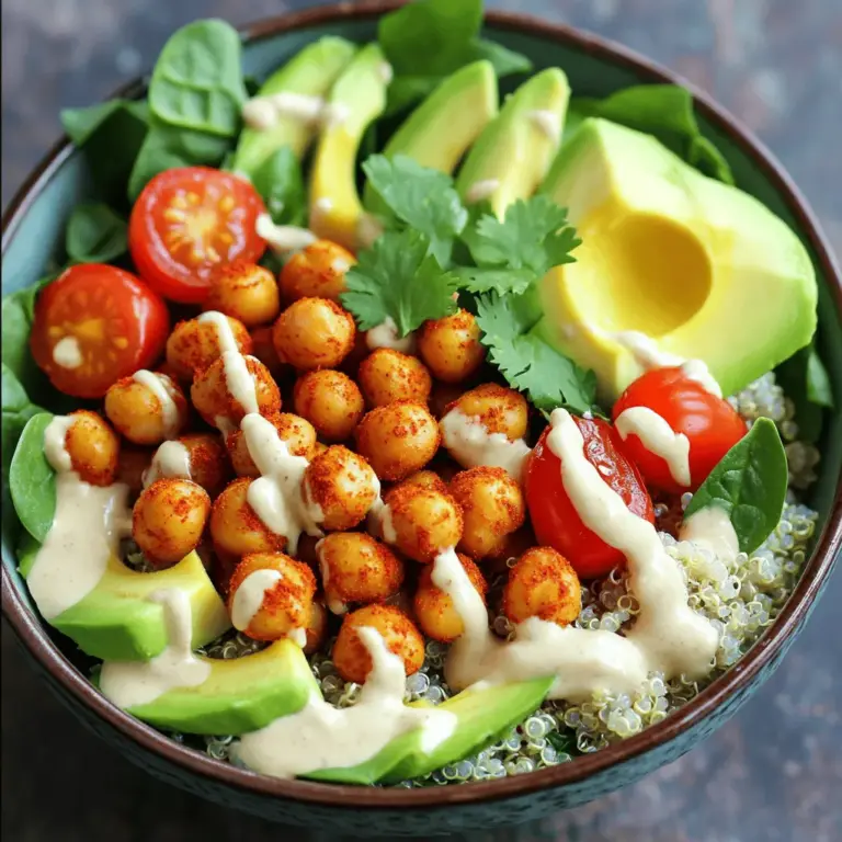 - 1 Dose (425 g) Kichererbsen, abgetropft und abgespült - 1 Tasse Quinoa - 1 Avocado, in Scheiben geschnitten - 1 Tasse Kirschtomaten, halbiert - 1 Tasse Babyspinat oder gemischte Blattsalate Die Hauptzutaten machen den Geschmack und die Textur dieses Buddha Bowls aus. Kichererbsen sind eine großartige Proteinquelle. Sie geben dir Energie und halten dich satt. Quinoa ist ein super Getreide, das glutenfrei und reich an Nährstoffen ist. Gemüse bringt Farbe und Frische in das Gericht. Avocado sorgt für Cremigkeit und gesunde Fette. Kirschtomaten fügen eine süße Note hinzu, während Spinat oder Blattsalate für einen knackigen Biss sorgen. - 2 Esslöffel Olivenöl - 1 Teelöffel geräuchertes Paprikapulver - 1 Teelöffel Kreuzkümmel - 1/2 Teelöffel Cayennepfeffer (nach Geschmack anpassen) - Salz und Pfeffer nach Geschmack - 1/4 Tasse Tahini - 2 Esslöffel Zitronensaft - 1 Esslöffel Ahornsirup oder Honig Die Gewürze bringen Würze und Tiefe in dein Gericht. Paprikapulver gibt einen rauchigen Geschmack. Kreuzkümmel hat einen warmen, erdigen Ton, der perfekt zu Kichererbsen passt. Cayennepfeffer sorgt für die gewünschte Schärfe. Das Dressing aus Tahini, Zitronensaft und Ahornsirup ist cremig und frisch. Es verbindet alle Zutaten und macht das Gericht besonders lecker. Für das vollständige Rezept, schau dir die Anleitung an. Heize deinen Ofen auf 220°C vor. Das sorgt dafür, dass die Kichererbsen schön knusprig werden. Nimm eine Dose Kichererbsen und spüle sie gut ab. Gib die abgetropften Kichererbsen in eine Schüssel. Füge 2 Esslöffel Olivenöl hinzu. Streue 1 Teelöffel geräuchertes Paprikapulver, 1 Teelöffel Kreuzkümmel und 1/2 Teelöffel Cayennepfeffer darüber. Schmecke mit Salz und Pfeffer ab. Mische alles gut, bis die Kichererbsen gleichmäßig bedeckt sind. Verteile die gewürzten Kichererbsen auf einem Backblech. Röste sie für 20 bis 25 Minuten. Schüttle das Blech nach der Hälfte der Zeit. So werden sie gleichmäßig knusprig. Achte darauf, dass die Kichererbsen goldbraun sind und du den leckeren Duft riechen kannst. Spüle 1 Tasse Quinoa unter kaltem Wasser ab. Das entfernt Bitterstoffe. Gib die Quinoa in einen Topf mit 2 Tassen Gemüsebrühe. Bringe die Mischung zum Kochen. Reduziere dann die Hitze und decke den Topf ab. Lass die Quinoa 15 Minuten köcheln, bis sie fluffig ist. Nimm den Topf vom Herd und lasse die Quinoa 5 Minuten ruhen. Lockere sie mit einer Gabel auf. In einer kleinen Schüssel vermenge 1/4 Tasse Tahini, 2 Esslöffel Zitronensaft und 1 Esslöffel Ahornsirup. Füge eine Prise Salz hinzu. Um die Konsistenz anzupassen, füge esslöffelweise Wasser hinzu. Das Dressing sollte gut fließfähig sein, aber nicht zu dünn. Nimm eine Schale und fülle sie mit Quinoa als Basis. Schichte dann die Babyspinatblätter darauf. Füge die gerösteten Kichererbsen hinzu und lege die Avocadoscheiben und die halbierten Kirschtomaten darüber. Zum Schluss gieße das Tahini-Dressing gleichmäßig über die Schale. Garniere das Gericht mit frischem Koriander oder Petersilie für einen zusätzlichen Farb- und Geschmacksakzent. Für das vollständige Rezept schaue dir die [Full Recipe] an. - Kichererbsen knusprig rösten: Röste die Kichererbsen bei 220°C. Achte darauf, sie gut zu würzen. Nach 10 Minuten schüttelst du das Blech, damit sie gleichmäßig knusprig werden. Sie sind perfekt, wenn sie goldbraun sind. - Quinoa optimal kochen: Spüle die Quinoa unter kaltem Wasser ab. Koche sie in Gemüsebrühe für besten Geschmack. Lass sie nach dem Kochen fünf Minuten ruhen. So wird sie fluffig und leicht. - Zusätzliche Gemüsesorten: Du kannst viele Gemüsesorten hinzufügen. Probiere Brokkoli, Paprika oder Zucchini. Diese geben Geschmack und Farbe. - Proteinquellen integrieren: Füge noch mehr Protein hinzu. Gegrilltes Hähnchen oder Tofu sind gute Optionen. Sie machen deine Bowl noch sättigender. - Mahlzeiten im Voraus planen: Bereite deine Zutaten am Sonntag vor. Koche die Quinoa und röste die Kichererbsen. So hast du schnelle Mahlzeiten für die Woche. - Portionierung und Zusammenstellung: Teile die Zutaten in Behälter auf. So kannst du sie einfach mitnehmen. Jeder kann seine eigene Bowl nach Lust und Laune zusammenstellen. {{image_4}} Nach dem Genuss deines Spicy Chickpea Buddha Bowl hast du wahrscheinlich Reste. Du kannst sie einfach im Kühlschrank aufbewahren. Fülle die Reste in einen luftdichten Behälter. So bleiben sie frisch. Die Reste halten sich etwa 3 bis 4 Tage. Wenn du die Reste länger aufbewahren möchtest, friere sie ein. Teile die Bowl in Portionen auf. Verwende gefriergeeignete Behälter oder Beutel. So kannst du sie bis zu 3 Monate lagern. Um die Frische zu sichern, prüfe die Kichererbsen und das Gemüse. Sie sollten fest und ohne dunkle Flecken sein. Wenn du das Gericht längere Zeit aufbewahrst, achte auf Veränderungen im Geruch oder Aussehen. Diese sind Zeichen, dass das Essen nicht mehr gut ist. Bei der Qualitätssicherung hilft es, das Dressing separat zu lagern. So bleibt die Bowl knackig und frisch. Wenn du diese Tipps befolgst, genießt du deinen Spicy Chickpea Buddha Bowl immer in bester Qualität. Wenn du Kichererbsen nicht magst, gibt es viele Alternativen. Du kannst schwarze Bohnen, Linsen oder Edamame verwenden. Jede dieser Optionen hat ihren eigenen Geschmack und Nährwert. Zum Beispiel, schwarze Bohnen sind reich an Ballaststoffen und Eiweiß. Um sie vorzubereiten, spüle sie einfach ab und koche sie kurz. Achte darauf, die Gewürze anzupassen, um den neuen Bohnen Geschmack zu ergänzen. Um das Gericht vegan zu machen, entferne alle tierischen Produkte. Das Tahini-Dressing ist schon vegan, aber du kannst Honig durch Agavendicksaft ersetzen. Verwende auch pflanzliche Brühe anstelle von Gemüsebrühe, wenn nötig. Das wird die vegane Note unterstreichen. Achte darauf, alle Zutaten zu überprüfen, um sicherzustellen, dass sie vegan sind. Ja, du kannst Quinoa durch Reis ersetzen. Brauner Reis ist eine gute Wahl, da er mehr Nährstoffe hat. Spüle den Reis gut ab, bevor du ihn kochst. Die Kochzeit wird sich jedoch ändern. Brauner Reis braucht etwa 40 bis 45 Minuten, während Quinoa nur 15 Minuten benötigt. Achte darauf, die Wassermenge anzupassen, damit der Reis weich wird. Eine Spicy Chickpea Buddha Bowl ist sehr gesund. Kichererbsen sind eine gute Eiweißquelle und haben viele Ballaststoffe. Quinoa bietet essentielle Aminosäuren und Mineralien. Die frischen Gemüse enthalten Vitamine und Antioxidantien. Diese Bowl kann helfen, dein Immunsystem zu stärken und deine Verdauung zu fördern. Der hohe Nährstoffgehalt macht sie zu einer tollen Wahl für eine gesunde Ernährung. - Würziges Kichererbsen Buddha Bowl 🥗 Die Zubereitung ist schnell und einfach. Du benötigst nur 10 Minuten für die Vorbereitung. Die gesamte Kochzeit beträgt etwa 30 Minuten. Das Rezept ergibt zwei Portionen, ideal für ein gesundes Mittagessen oder Abendessen. Serviervorschläge: Serviere das Buddha Bowl in tiefen Schalen. Ein Spritzer frischer Zitrone bringt zusätzlichen Geschmack. Schau dir das [Full Recipe] an, um alle Schritte im Detail zu sehen. Eine Buddha Bowl ist einfach zuzubereiten und nährstoffreich. Sie beinhaltet Kichererbsen, Quinoa und frisches Gemüse. Gewürze und ein gutes Dressing bringen den Geschmack. Wir haben verschiedene Schritte durchgegangen, um die Bowl perfekt zu machen. Tipps helfen dir, die Textur und die Vielfalt zu verbessern. Das Lagern der Reste ist einfach, sodass du lange Freude daran hast. Eine gesunde Ernährung muss nicht kompliziert sein. Mit diesen einfachen Schritten kannst du eine leckere und gesunde Mahlzeit zubereiten. Viel Spaß beim Ausprobieren!