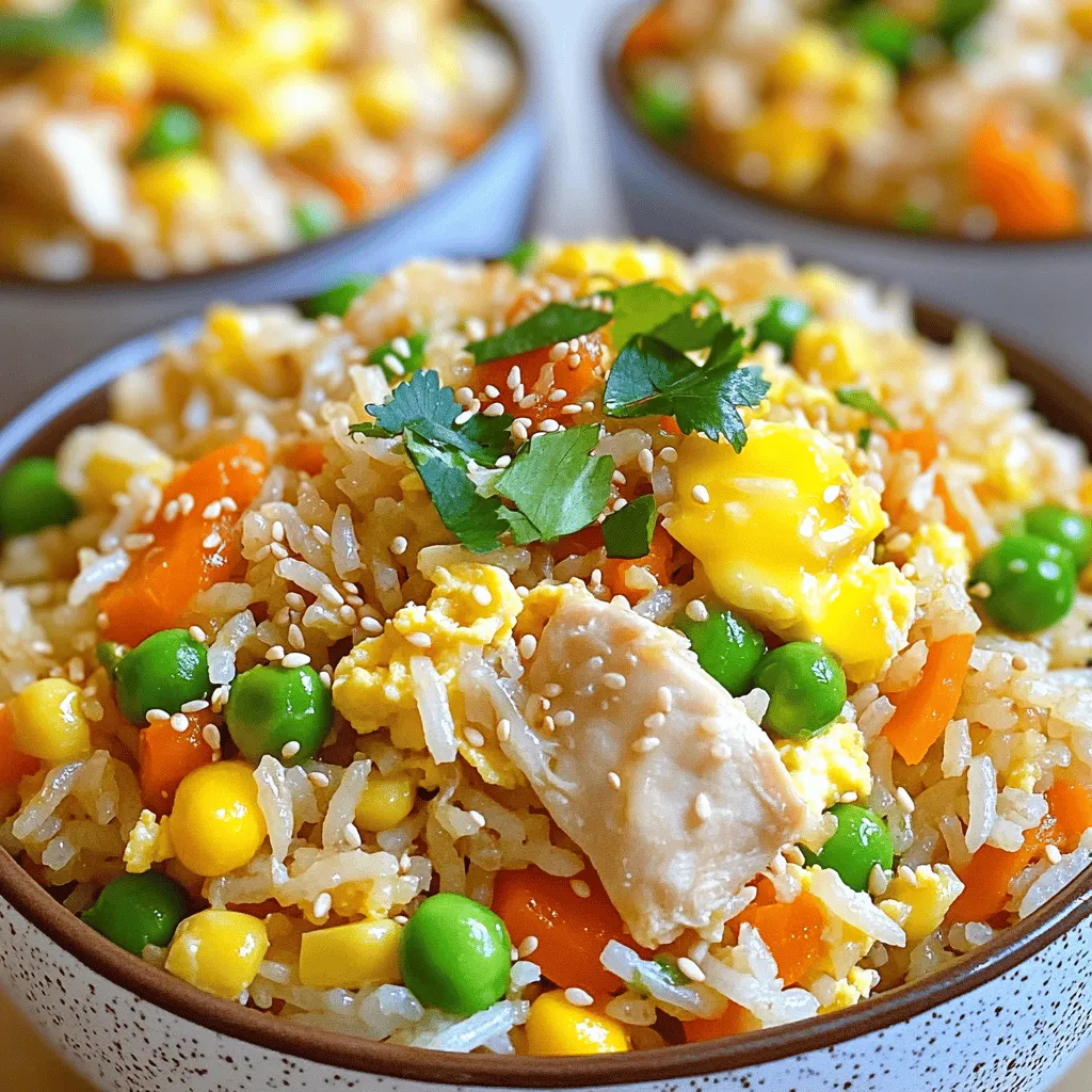 Um ein leckeres Chicken Fried Rice zuzubereiten, brauchen wir einige Hauptzutaten. Hier ist eine Liste: - 2 Tassen gekochter Jasminreis (bevorzugt vom Vortag) - 1 Tasse Hähnchenbrust, gewürfelt - 1 Tasse gemischtes Gemüse (Erbsen, Karotten, Mais) - 2 Eier, leicht geschlagen - 3 Esslöffel Sojasauce - 2 Esslöffel Sesamöl - 1 Esslöffel Pflanzenöl - 3 Frühlingszwiebeln, gehackt - 2 Knoblauchzehen, fein gehackt - Salz und Pfeffer nach Geschmack Diese Zutaten sind einfach zu finden. Der Reis vom Vortag macht das Gericht besser. Er ist trockener und klumpt nicht. Du kannst das Rezept anpassen. Füge mehr Gemüse hinzu, wenn du magst. Einige gute Optionen sind: - Paprika - Brokkoli - Zucchini - Pilze Diese Gemüsesorten bringen Farbe und Geschmack. Sie sind auch gesund und machen dein Gericht noch nahrhafter. Die richtige Auswahl an Gewürzen und Ölen macht den Unterschied. Neben Sojasauce und Sesamöl kannst du auch andere Gewürze verwenden: - Ingwer für einen frischen Kick - Chiliöl für etwas Schärfe - Pfeffer für mehr Geschmack Diese Gewürze geben deinem Fried Rice das besondere Etwas. Experimentiere mit den Mengen, bis es dir perfekt schmeckt. Wenn du mehr über die Zubereitung wissen möchtest, schau dir das [Full Recipe] an. Beginnen Sie mit der Vorbereitung der Zutaten. Dies macht den Kochprozess viel einfacher. Sie brauchen: - 2 Tassen gekochter Jasminreis (bevorzugt vom Vortag) - 1 Tasse Hähnchenbrust, gewürfelt - 1 Tasse gemischtes Gemüse (Erbsen, Karotten, Mais) - 2 Eier, leicht geschlagen - 3 Esslöffel Sojasauce - 2 Esslöffel Sesamöl - 1 Esslöffel Pflanzenöl - 3 Frühlingszwiebeln, gehackt - 2 Knoblauchzehen, fein gehackt - Salz und Pfeffer nach Geschmack Stellen Sie sicher, dass alles bereit ist. So sparen Sie Zeit beim Kochen. Erhitzen Sie das Pflanzenöl in einer großen Pfanne oder einem Wok. Nutzen Sie mittlere bis hohe Hitze. Geben Sie die gewürfelte Hähnchenbrust in die Pfanne. Braten Sie sie etwa 5-7 Minuten lang. Achten Sie darauf, dass sie goldbraun und durchgegart ist. Nehmen Sie das Hähnchen aus der Pfanne und stellen Sie es zur Seite. Fügen Sie den fein gehackten Knoblauch in die Pfanne hinzu. Sautieren Sie ihn für etwa 30 Sekunden. Schieben Sie den Knoblauch auf eine Seite und gießen Sie die geschlagenen Eier auf die andere Seite. Rühren Sie die Eier, bis sie durchgegart sind, und vermischen Sie sie dann mit dem Knoblauch. Jetzt kommt das gemischte Gemüse dazu. Kochen Sie es für weitere 3-4 Minuten, bis es zart ist. Rühren Sie den gekochten Reis ein. Brechen Sie eventuell Klumpen auf, damit alles gut vermischt ist. Träufeln Sie die Sojasauce und das Sesamöl über den Reis. Geben Sie das gebratene Hähnchen zurück in die Pfanne. Mischen Sie alles gut durch, bis es gleichmäßig erhitzt ist. Schmecken Sie das Gericht mit Salz und Pfeffer ab. Fügen Sie die gehackten Frühlingszwiebeln hinzu. Rühren Sie alles noch einmal gut durch, bevor Sie es servieren. Für die vollständige Anleitung, sehen Sie sich das Full Recipe an. Die Wahl des Reises ist wichtig für dein Chicken Fried Rice. Ich empfehle, gekochten Jasminreis zu verwenden. Er hat eine tolle Textur und einen feinen Geschmack. Am besten ist es, den Reis am Vortag zu kochen. So kann er gut abkühlen und trocknen. Frisch gekochter Reis kann klebrig sein und verklumpen. Das wollen wir nicht! Wenn du das Hähnchen anbrätst, achte darauf, es nicht zu überladen. Brate das Hähnchen in einer großen Pfanne oder einem Wok. So bekommt es eine schöne goldbraune Farbe. Lass es ein paar Minuten ruhen, bevor du es herausnimmst. Das hilft, den Saft im Hähnchen zu halten. Wenn du das Hähnchen in gleichmäßige Stücke schneidest, garen sie gleichmäßig. Gutes Zeitmanagement macht das Kochen einfacher. Bereite alle Zutaten im Voraus vor. Das heißt, schneide das Gemüse und hacke den Knoblauch. So kannst du schnell arbeiten. Beginne mit dem Hähnchen und während es brät, kannst du die Eier und das Gemüse vorbereiten. Das spart Zeit und macht das Kochen stressfrei. Wenn du die Schritte gut planst, ist dein Chicken Fried Rice schnell fertig. Für die genauen Schritte und Mengen schaue dir das Full Recipe an. {{image_4}} Wenn Sie eine vegetarische Variante von Chicken Fried Rice machen möchten, ist das einfach. Ersetzen Sie das Hähnchen durch Tofu oder Tempeh. Schneiden Sie den Tofu in kleine Würfel und braten Sie ihn goldbraun an. Das bringt einen tollen Geschmack. Fügen Sie zusätzlich mehr Gemüse hinzu, wie Paprika oder Brokkoli. Dies gibt mehr Farbe und Nährstoffe. Für eine glutenfreie Version verwenden Sie Tamari anstelle von Sojasauce. Tamari ist eine großartige Alternative, die den gleichen herzhaften Geschmack hat. Achten Sie darauf, dass Ihr Sesamöl und andere Zutaten ebenfalls glutenfrei sind. Überprüfen Sie immer die Etiketten, um sicher zu sein. Sie können auch andere Proteine verwenden. Probieren Sie Garnelen oder Rindfleisch für einen anderen Geschmack. Für eine gesunde Option können Sie auch Hühnchenbrust durch Putenbrust ersetzen. Das gibt Ihnen viele Möglichkeiten, Ihr Fried Rice zu variieren. Achten Sie darauf, die Garzeit entsprechend anzupassen, damit alles gut durchgegart ist. Für mehr Details und um das Rezept vollständig zu sehen, schauen Sie sich das [Full Recipe] an. Nach dem Kochen können Sie Ihr Chicken Fried Rice im Kühlschrank aufbewahren. Lassen Sie es zuerst abkühlen. Füllen Sie es dann in einen luftdichten Behälter. So bleibt es frisch. Im Kühlschrank hält es sich für etwa drei bis vier Tage. Achten Sie darauf, dass der Behälter gut verschlossen ist. So vermeiden Sie, dass andere Gerüche eindringen. Wenn Sie mehr Fried Rice gemacht haben, können Sie ihn einfrieren. Teilen Sie den Reis in Portionen auf. Legen Sie jede Portion in einen gefrierfesten Beutel. Drücken Sie die Luft heraus, bevor Sie ihn schließen. So bleibt der Geschmack erhalten. Zum Auftauen legen Sie den Beutel einfach in den Kühlschrank. Lassen Sie ihn über Nacht auftauen. Sie können auch die Mikrowelle nutzen, um es schneller aufzutauen. Um das Chicken Fried Rice wieder aufzuwärmen, verwenden Sie eine Pfanne oder Mikrowelle. In der Pfanne erhitzen Sie etwas Öl. Fügen Sie den Reis hinzu und rühren Sie gut um. So bleibt der Reis locker und wird gleichmäßig warm. In der Mikrowelle decken Sie den Behälter ab. Erwärmen Sie es in Intervallen von einer Minute. Überprüfen Sie zwischendurch die Temperatur. Fügen Sie bei Bedarf etwas Wasser hinzu, um es saftig zu halten. Hähnchen-Fried Rice kann bis zu drei Tage im Kühlschrank aufbewahrt werden. Bewahre es in einem luftdichten Behälter auf. Wenn du es länger behalten möchtest, friere es ein. So bleibt es bis zu drei Monate frisch. Denke daran, beim Aufwärmen sicherzustellen, dass es gut erhitzt wird. Ja, du kannst viele verschiedene Gemüsesorten hinzufügen. Brokkoli, Paprika oder Zucchini sind tolle Optionen. Auch frischer Spinat passt gut. Achte darauf, das Gemüse klein zu schneiden, damit es gleichmäßig kocht. Experimentiere mit deinen Lieblingsgemüsesorten für mehr Geschmack. Für dieses Rezept empfehle ich eine gute, dunkle Sojasauce. Sie gibt dem Reis einen tiefen, reichen Geschmack. Du kannst auch helle Sojasauce verwenden, wenn du es milder magst. Achte darauf, eine hochwertige Marke zu wählen. Sojasauce mit weniger Natrium ist eine gesunde Wahl, wenn du auf den Salzgehalt achten möchtest. Dieser Artikel behandelt die Zutaten, Zubereitung und Variationen für Easy Chicken Fried Rice. Du hast gelernt, welche Hauptzutaten wichtig sind und wie du das Gericht anpassen kannst. Die Tipps helfen dir, die besten Ergebnisse zu erzielen. Denke daran, dass dieses Gericht einfach zu variieren ist und sogar als vegetarische oder glutenfreie Version lecker schmeckt. Nutze die Aufbewahrungstipps, um Reste frisch zu halten. Koche mit Freude und experimentiere mit neuen Zutaten!