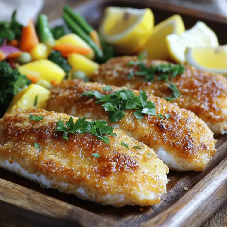 - 4 Tilapiafilets - 1 Tasse geriebener Parmesan-Käse - 1/2 Tasse Semmelbrösel (vorzugsweise Panko) - 2 Esslöffel frische Petersilie, gehackt - Gewürze: Knoblauchpulver, Zwiebelpulver, Paprika, schwarzer Pfeffer, Salz - 2 Esslöffel Olivenöl - 2 Esslöffel geschmolzene Butter - Zitronenschnitze zum Servieren Ich liebe es, mit frischen Zutaten zu arbeiten. Für die Parmesan-Kruste Tilapia sind frische Tilapiafilets der Schlüssel. Sie geben dem Gericht einen milden, leckeren Geschmack. Parmesan-Käse bringt die nötige Würze, während Panko für den perfekten Crunch sorgt. Die Petersilie fügt eine schöne Farbe und Frische hinzu. Gewürze wie Knoblauchpulver und Paprika machen das Ganze noch spannender. Ich achte darauf, die richtigen Mengen zu verwenden. So schmeckt jeder Bissen gut. Olivenöl und geschmolzene Butter geben dem Fisch ein tolles Aroma. Zum Servieren nutze ich gerne Zitronenschnitze. Sie sind einfach perfekt, um den Geschmack zu heben. Für das vollständige Rezept, schaue dir den Abschnitt "Full Recipe" an. Heize deinen Ofen auf 200°C (400°F) vor. Lege ein Backblech mit Backpapier aus. Das Backpapier hilft, den Fisch nicht anzubrennen und macht das Aufräumen einfacher. In einer Schüssel vermengst du die Trockenbestandteile. Füge den geriebenen Parmesan, die Semmelbrösel, die gehackte Petersilie, das Knoblauchpulver, das Zwiebelpulver, die Paprika, den schwarzen Pfeffer und das Salz hinzu. Mische alles gut, bis die Zutaten gleichmäßig verteilt sind. In einer anderen Schüssel bereitest du die Mischung aus Olivenöl und geschmolzener Butter vor. Verquirle die beiden Zutaten, bis sie gut vermischt sind. Tauche jedes Tilapiafilet in die Öl-Butter-Mischung. Stelle sicher, dass beide Seiten gleichmäßig beschichtet sind. Dann drücke jedes Filet in die Parmesan-Semmelbrösel-Mischung. Achte darauf, dass die Kruste gut am Fisch haftet. Legen die panierten Filets auf das Backblech. Achte darauf, dass sie etwas Abstand zueinander haben. Backe die Filets etwa 12-15 Minuten. Überprüfe, ob der Fisch durchgegart ist und die Kruste goldbraun und knusprig aussieht. Wenn du den perfekten Biss suchst, mache den Test mit einer Gabel. Wenn der Fisch leicht auseinanderfällt, ist er fertig. Für das vollständige Rezept, schaue dir die Anleitung im Abschnitt "Full Recipe" an. Um eine extra knusprige Kruste zu erhalten, empfehle ich die Verwendung von Panko. Diese speziellen Semmelbrösel sind leichter und luftiger als normale Semmelbrösel. Sie geben dem Fisch eine tolle Textur. Wenn du die Panko-Brösel mit Parmesan vermischst, wird das Ergebnis besonders lecker. Um zu vermeiden, dass die Kruste verbrennt, achte darauf, die Filets in der Mitte des Ofens zu backen. Wenn du einen heißen Ofen hast, kann es helfen, die Filets mit Alufolie abzudecken. So bleibt die Hitze gleichmäßig verteilt und du erhältst eine goldbraune Kruste. Für eine ansprechende Präsentation lege die Tilapiafilets auf eine große Platte. Garniere sie mit frischen Zitronenschnitzen und etwas gehackter Petersilie. Das sieht nicht nur toll aus, sondern bringt auch frische Aromen. Als Beilage passen gedämpftes Gemüse oder ein frischer Salat perfekt dazu. Ein leichter Gurkensalat mit einem Spritzer Zitronensaft ergänzt das Gericht gut. Wenn du es herzhaft magst, probiere auch Kartoffelpüree dazu. Wenn du Zeit sparen willst, kannst du die Zutaten vorbereiten. Mische die trockenen Zutaten für die Kruste im Voraus und bewahre sie in einem luftdichten Behälter auf. Die Tilapiafilets kannst du auch schon einen Tag vorher marinieren. So zieht der Geschmack besser ein. Vor dem Backen solltest du die Filets jedoch frisch panieren. So bleibt die Kruste schön knusprig. Wenn du Reste hast, bewahre sie im Kühlschrank auf. Du kannst die Filets auch einfrieren. So hast du immer eine leckere Mahlzeit bereit. Für das gesamte Rezept schau dir den [Full Recipe] an. {{image_4}} Um Parmesan Crusted Tilapia noch besser zu machen, probiere etwas Zitronenschale. Der frische Geschmack bringt mehr Leben in das Gericht. Du kannst auch den Parmesan durch anderen Käse ersetzen. Ein milder Gouda oder ein kräftiger Cheddar passen gut. Wenn du glutenfrei essen möchtest, verwende glutenfreie Semmelbrösel. Diese gibt es in vielen Geschäften. Eine andere Option ist, die Butter durch gesündere Fette wie Olivenöl zu ersetzen. So wird das Gericht leichter und bleibt trotzdem lecker. Zu Parmesan Crusted Tilapia passen gedämpftes Gemüse oder ein frischer Salat sehr gut. Brokkoli, Spargel oder grüne Bohnen sind tolle Beilagen. Diese bringen Farbe und Nährstoffe auf den Teller. Du kannst auch einen knackigen grünen Salat mit einem leichten Dressing anbieten. Dies rundet dein Essen perfekt ab. Um Ihren übrig gebliebenen Parmesan Crusted Tilapia frisch zu halten, lagern Sie ihn im Kühlschrank. Wickeln Sie die Filets gut in Frischhaltefolie ein oder legen Sie sie in einen luftdichten Behälter. So bleibt der Fisch saftig und lecker. Stellen Sie sicher, dass die Temperatur im Kühlschrank unter 4 °C liegt. So bleibt der Fisch für 1 bis 2 Tage genießbar. Das Einfrieren von Tilapiafilets ist einfach. Wickeln Sie die Filets einzeln in Frischhaltefolie ein. Danach legen Sie sie in einen Gefrierbeutel und drücken die Luft heraus. Beschriften Sie den Beutel mit dem Datum. Tilapia kann bis zu drei Monate im Gefrierfach bleiben. Zum Auftauen legen Sie die Filets einfach über Nacht in den Kühlschrank. So taut der Fisch gleichmäßig auf. Die Haltbarkeit von Parmesan Crusted Tilapia hängt von der Lagerung ab. Im Kühlschrank bleibt der Fisch 1 bis 2 Tage frisch. Im Gefrierfach können Sie ihn bis zu drei Monate aufbewahren. Achten Sie immer auf Veränderungen im Geruch oder Aussehen, bevor Sie ihn essen. Wenn etwas nicht stimmt, werfen Sie ihn weg. Sicherheit geht vor! Du kannst Parmesan-Kruste Tilapia bis zu zwei Tage im Kühlschrank aufbewahren. Stelle sicher, dass du die Filets in einem luftdichten Behälter lagerst. Wenn du sie länger aufbewahren möchtest, friere sie ein. Im Gefrierschrank bleiben die Filets bis zu drei Monate frisch. Achte darauf, sie gut einzuwickeln, um Gefrierbrand zu vermeiden. Ja, du kannst auch andere Fischarten verwenden. Lachs oder Kabeljau passen gut. Diese Fische haben eine feste Textur, die die Kruste gut hält. Achte darauf, die Garzeit anzupassen, da dickere Filets länger brauchen. Um die Kruste knuspriger zu machen, verwende Panko-Semmelbrösel. Diese sind leichter und luftiger. Du kannst auch die Filets vor dem Backen in etwas Mehl wenden. Ein zusätzlicher Spritzer Olivenöl vor dem Backen sorgt für mehr Knusprigkeit. Ja, das Rezept ist kinderfreundlich. Du kannst die Gewürze reduzieren, um es milder zu machen. Wenn dein Kind keinen Knoblauch mag, lasse ihn weg. Serviere die Filets mit einer leckeren Beilage wie Reis oder Gemüse, um das Gericht zu vervollständigen. Das Rezept für Parmesan-Kruste Tilapia bietet einfaches Kochen mit großem Geschmack. Die Hauptzutaten wie Tilapia, Parmesan und Panko sorgen für eine tolle Kruste. Nutzen Sie die Tipps zur Zubereitung und Aufbewahrung, um das Beste aus dem Gericht herauszuholen. Variieren Sie das Rezept, um neue Aromen zu entdecken. Ein einfaches und leckeres Gericht, das jeder genießen kann! Probieren Sie es aus und erfreuen Sie sich an einer knusprigen, schmackhaften Mahlzeit.