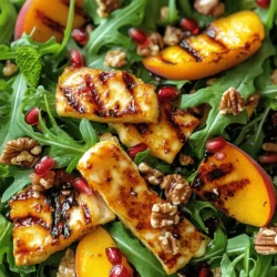 - 200g Halloumi-Käse, in Scheiben geschnitten - 2 reife Pfirsiche, halbiert und entsteint - 4 Tassen Rucola (Rauke) Halloumi-Käse bringt einen tollen Geschmack. Er hat eine feste Textur und eignet sich gut zum Grillen. Wenn du ihn grillst, wird er goldbraun und hat eine leckere Kruste. Reife Pfirsiche sind süß und saftig. Sie passen perfekt zu Halloumi. Rucola bringt eine angenehme Schärfe ins Spiel und macht den Salat frisch. - 1/4 Tasse Walnüsse, geröstet - 1/4 Tasse Granatapfelkerne - 2 Esslöffel Olivenöl - 1 Esslöffel Balsamico-Essig Walnüsse fügen einen knackigen Biss hinzu. Sie sind auch sehr gesund. Granatapfelkerne bringen Farbe und Süße. Olivenöl und Balsamico-Essig sind die Basis für das Dressing. Sie sorgen für eine tolle Verbindung der Aromen. - Salz und Pfeffer - Frische Minzblätter Salz und Pfeffer bringen den Geschmack zum Strahlen. Sie sind einfach, aber wichtig. Frische Minzblätter geben einen zusätzlichen frischen Akzent. Sie machen den Salat noch interessanter. Für das vollständige Rezept, schau dir [Full Recipe] an. Grillvorbereitung Heizen Sie den Grill oder eine Grillpfanne auf mittlerer Hitze vor. Das hilft, die perfekte Grilltemperatur zu erreichen. Bestreichen Sie die Halloumi-Scheiben leicht mit Olivenöl. So verhindern Sie, dass der Käse kleben bleibt. Halloumi-Scheiben grillen Legen Sie die Halloumi-Scheiben auf den Grill. Grillen Sie sie 2-3 Minuten pro Seite. Achten Sie darauf, dass sie goldbraun werden. Entfernen Sie die Scheiben vom Grill und stellen Sie sie beiseite. Der Käse hat jetzt eine schöne Struktur und einen tollen Geschmack. Pfirsiche vorbereiten Nehmen Sie zwei reife Pfirsiche. Halbieren Sie sie und entfernen Sie den Kern. Bestreichen Sie die Schnittflächen mit etwas Olivenöl. Das sorgt für einen köstlichen Geschmack. Pfirsiche grillen Legen Sie die Pfirsichhälften mit der Schnittfläche nach unten auf den Grill. Grillen Sie sie etwa 2-3 Minuten, bis sie weich sind. Sie sollten leicht angekohlt sein. Nehmen Sie sie vom Grill, um den süßen Geschmack zu bewahren. Zutaten mischen In einer großen Schüssel kombinieren Sie Rucola, geröstete Walnüsse und Granatapfelkerne. Diese Zutaten bringen frische Aromen und Texturen in den Salat. Dressing zubereiten In einer kleinen Schüssel verquirlen Sie das restliche Olivenöl, Balsamico-Essig, Salz und Pfeffer. Gießen Sie das Dressing über den Salat und mischen Sie alles vorsichtig. So verbinden sich die Aromen gut. Für die vollständige Anleitung schauen Sie sich das Rezept an: [Full Recipe]. Grilltemperatur Die richtige Temperatur macht den Unterschied. Heize den Grill auf mittlere Hitze vor. Dies sorgt dafür, dass der Halloumi schön bräunt, ohne zu schmelzen. Eine Temperatur von etwa 180°C ist perfekt. Verhindern von Anhaften Um ein Anhaften zu verhindern, bestreiche die Halloumi-Scheiben und Pfirsichhälften mit Olivenöl. Ein leichtes Einölen hilft, dass alles gut vom Grill kommt. Anrichten des Salats Arrangiere den Salat auf einer großen Platte. Lege die Halloumi-Scheiben und die gegrillten Pfirsiche darauf. So sieht das Gericht einladend aus. Garnierungsideen Verziere den Salat mit frischen Minzblättern. Füge auch einige Granatapfelkerne hinzu. Das gibt Farbe und zusätzlichen Geschmack. Zutaten austauschen Du kannst den Halloumi durch anderen Käse ersetzen, wenn du magst. Ziegenkäse oder Feta sind tolle Alternativen. Zusätzliche Geschmäcker hinzufügen Probiere, weitere Zutaten wie Avocado oder geröstete Paprika hinzuzufügen. Diese bringen neue Geschmäcker und Texturen in den Salat. Vergiss nicht, die [Full Recipe] zu beachten für eine klare Anleitung! {{image_4}} Für diesen Salat gibt es viele tolle Anpassungen. Du kannst verschiedene Käsesorten verwenden. Probiere zum Beispiel Ziegenkäse oder Feta. Diese Käsesorten bringen einen anderen Geschmack. Zusätzlich kannst du mehr Gemüse hinzufügen. Tomaten, Gurken oder Paprika passen sehr gut. Sie geben dem Salat mehr Farbe und Frische. Mediterrane Zutaten machen den Salat noch besser. Füge schwarze oder grüne Oliven hinzu. Sie bringen einen salzigen, herzhaften Geschmack. Feta-Käse ist eine weitere großartige Ergänzung. Er hat eine krümelige Textur und passt gut zu Pfirsichen. Vergiss nicht, frische Kräuter wie Basilikum oder Oregano zu verwenden. Sie geben dem Salat einen tollen Duft und Geschmack. Nutze saisonale Zutaten für deinen Salat. Im Sommer sind Tomaten und Gurken frisch und lecker. Im Herbst sind Äpfel und Nüsse eine gute Wahl. Berücksichtige regionale Geschmäcker. In Deutschland mag man oft Sauerkraut oder Rüben. Diese Zutaten können dem Salat eine neue Note geben. Experimentiere und finde deine Lieblingskombination. Für mehr Details, schaue dir das [Full Recipe] an. Um deinen gegrillten Halloumi-Pfirsich-Salat frisch zu halten, lagere ihn im Kühlschrank. Stelle sicher, dass der Salat in einem luftdichten Behälter ist. So bleibt der Salat knackig und die Aromen frisch. Vorbereitete Zutaten wie Halloumi und Pfirsiche kannst du ebenfalls getrennt aufbewahren. Lagere sie in separaten Behältern, um die Frische zu bewahren. Wenn du Reste hast, kannst du den Salat für später aufbewahren. Um ihn aufzuwärmen, empfehle ich, die Halloumi-Scheiben kurz in einer Pfanne zu erhitzen. Das gibt ihnen wieder etwas von ihrer Frische. Beachte, dass der Salat im Kühlschrank etwa 2 bis 3 Tage haltbar ist. Nach dieser Zeit könnte die Qualität leiden. Einige Zutaten des Salats können eingefroren werden. Zum Beispiel kannst du Walnüsse und gegrillte Halloumi-Scheiben einfrieren. Achte darauf, sie gut zu verpacken, um Gefrierbrand zu vermeiden. Beim Auftauen lege die Zutaten einfach in den Kühlschrank, bis sie weich sind. Vermeide es, die Zutaten in der Mikrowelle aufzutauen, da sie dadurch matschig werden können. Um diesen Salat zuzubereiten, folgen Sie diesen Schritten: 1. Heizen Sie Ihren Grill oder Grillpfanne vor. 2. Bestreichen Sie Halloumi und Pfirsiche mit Olivenöl. 3. Grillen Sie den Halloumi 2-3 Minuten auf jeder Seite. 4. Grillen Sie die Pfirsiche auf der Schnittfläche für 2-3 Minuten. 5. Mischen Sie Rucola, Walnüsse und Granatapfelkerne in einer Schüssel. 6. Bereiten Sie ein Dressing aus Olivenöl, Balsamico, Salz und Pfeffer vor. 7. Vermengen Sie den Salat mit dem Dressing. 8. Fügen Sie die gegrillten Halloumi-Scheiben und Pfirsiche hinzu. 9. Garnieren Sie mit frischer Minze. Diese Schritte machen die Zubereitung einfach und schnell. Ja, Sie können den Salat im Voraus zubereiten. Hier sind einige Optionen: - Bereiten Sie die Halloumi-Scheiben und Pfirsiche vor und grillen Sie sie. Lagern Sie sie im Kühlschrank. - Mischen Sie die Rucola, Walnüsse und Granatapfelkerne in einer Schüssel. - Bereiten Sie das Dressing separat vor und lagern Sie es in einem kleinen Behälter. - Kombinieren Sie alles kurz vor dem Servieren. Diese Methode hilft Ihnen, Zeit zu sparen. Dieser Salat harmoniert gut mit verschiedenen Beilagen: - Gegrilltes Gemüse, wie Zucchini oder Aubergine - Ein einfaches Brot, um die Aromen zu ergänzen - Ein leichter Wein, wie Sauvignon Blanc oder Rosé Diese Ergänzungen machen das Essen noch genussvoller. Der Salat ist nicht von Natur aus vegan, da Halloumi Käse enthält. Sie können jedoch Anpassungen vornehmen: - Verwenden Sie stattdessen gegrillte Zucchini oder Tofu. - Ersetzen Sie den Halloumi durch veganen Käse oder Nüsse. - Achten Sie darauf, dass das Dressing vegan ist. So wird der Salat für eine vegane Ernährung geeignet. Für die vollständige Rezeptanleitung, schauen Sie sich das [Full Recipe] an. Dieser Blogbeitrag deckt die Zubereitung eines köstlichen gegrillten Halloumi-Pfirsich-Salats ab. Wir haben die wichtigsten Zutaten, Schritte und Tipps besprochen. Der Salat vereint die süßen Pfirsiche mit dem salzigen Halloumi. Sie können ihn anpassen und variieren, um neue Aromen zu entdecken. Denken Sie daran, Ihren Salat frisch zu halten und die Reste richtig zu lagern. Experimentieren Sie mit verschiedenen Beilagen oder machen Sie ihn vegan. Probieren Sie es aus und genießen Sie die Aromen!