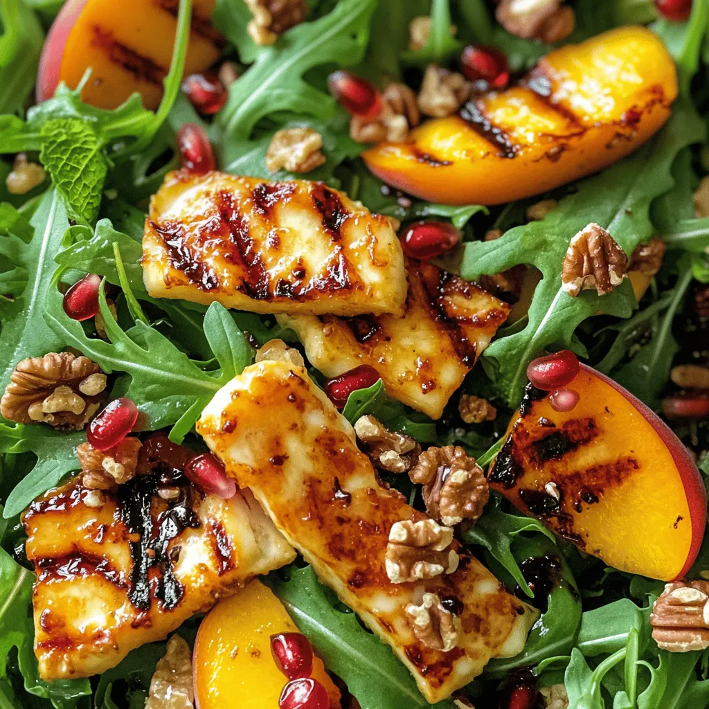 - 200g Halloumi-Käse, in Scheiben geschnitten - 2 reife Pfirsiche, halbiert und entsteint - 4 Tassen Rucola (Rauke) Halloumi-Käse bringt einen tollen Geschmack. Er hat eine feste Textur und eignet sich gut zum Grillen. Wenn du ihn grillst, wird er goldbraun und hat eine leckere Kruste. Reife Pfirsiche sind süß und saftig. Sie passen perfekt zu Halloumi. Rucola bringt eine angenehme Schärfe ins Spiel und macht den Salat frisch. - 1/4 Tasse Walnüsse, geröstet - 1/4 Tasse Granatapfelkerne - 2 Esslöffel Olivenöl - 1 Esslöffel Balsamico-Essig Walnüsse fügen einen knackigen Biss hinzu. Sie sind auch sehr gesund. Granatapfelkerne bringen Farbe und Süße. Olivenöl und Balsamico-Essig sind die Basis für das Dressing. Sie sorgen für eine tolle Verbindung der Aromen. - Salz und Pfeffer - Frische Minzblätter Salz und Pfeffer bringen den Geschmack zum Strahlen. Sie sind einfach, aber wichtig. Frische Minzblätter geben einen zusätzlichen frischen Akzent. Sie machen den Salat noch interessanter. Für das vollständige Rezept, schau dir [Full Recipe] an. Grillvorbereitung Heizen Sie den Grill oder eine Grillpfanne auf mittlerer Hitze vor. Das hilft, die perfekte Grilltemperatur zu erreichen. Bestreichen Sie die Halloumi-Scheiben leicht mit Olivenöl. So verhindern Sie, dass der Käse kleben bleibt. Halloumi-Scheiben grillen Legen Sie die Halloumi-Scheiben auf den Grill. Grillen Sie sie 2-3 Minuten pro Seite. Achten Sie darauf, dass sie goldbraun werden. Entfernen Sie die Scheiben vom Grill und stellen Sie sie beiseite. Der Käse hat jetzt eine schöne Struktur und einen tollen Geschmack. Pfirsiche vorbereiten Nehmen Sie zwei reife Pfirsiche. Halbieren Sie sie und entfernen Sie den Kern. Bestreichen Sie die Schnittflächen mit etwas Olivenöl. Das sorgt für einen köstlichen Geschmack. Pfirsiche grillen Legen Sie die Pfirsichhälften mit der Schnittfläche nach unten auf den Grill. Grillen Sie sie etwa 2-3 Minuten, bis sie weich sind. Sie sollten leicht angekohlt sein. Nehmen Sie sie vom Grill, um den süßen Geschmack zu bewahren. Zutaten mischen In einer großen Schüssel kombinieren Sie Rucola, geröstete Walnüsse und Granatapfelkerne. Diese Zutaten bringen frische Aromen und Texturen in den Salat. Dressing zubereiten In einer kleinen Schüssel verquirlen Sie das restliche Olivenöl, Balsamico-Essig, Salz und Pfeffer. Gießen Sie das Dressing über den Salat und mischen Sie alles vorsichtig. So verbinden sich die Aromen gut. Für die vollständige Anleitung schauen Sie sich das Rezept an: [Full Recipe]. Grilltemperatur Die richtige Temperatur macht den Unterschied. Heize den Grill auf mittlere Hitze vor. Dies sorgt dafür, dass der Halloumi schön bräunt, ohne zu schmelzen. Eine Temperatur von etwa 180°C ist perfekt. Verhindern von Anhaften Um ein Anhaften zu verhindern, bestreiche die Halloumi-Scheiben und Pfirsichhälften mit Olivenöl. Ein leichtes Einölen hilft, dass alles gut vom Grill kommt. Anrichten des Salats Arrangiere den Salat auf einer großen Platte. Lege die Halloumi-Scheiben und die gegrillten Pfirsiche darauf. So sieht das Gericht einladend aus. Garnierungsideen Verziere den Salat mit frischen Minzblättern. Füge auch einige Granatapfelkerne hinzu. Das gibt Farbe und zusätzlichen Geschmack. Zutaten austauschen Du kannst den Halloumi durch anderen Käse ersetzen, wenn du magst. Ziegenkäse oder Feta sind tolle Alternativen. Zusätzliche Geschmäcker hinzufügen Probiere, weitere Zutaten wie Avocado oder geröstete Paprika hinzuzufügen. Diese bringen neue Geschmäcker und Texturen in den Salat. Vergiss nicht, die [Full Recipe] zu beachten für eine klare Anleitung! {{image_4}} Für diesen Salat gibt es viele tolle Anpassungen. Du kannst verschiedene Käsesorten verwenden. Probiere zum Beispiel Ziegenkäse oder Feta. Diese Käsesorten bringen einen anderen Geschmack. Zusätzlich kannst du mehr Gemüse hinzufügen. Tomaten, Gurken oder Paprika passen sehr gut. Sie geben dem Salat mehr Farbe und Frische. Mediterrane Zutaten machen den Salat noch besser. Füge schwarze oder grüne Oliven hinzu. Sie bringen einen salzigen, herzhaften Geschmack. Feta-Käse ist eine weitere großartige Ergänzung. Er hat eine krümelige Textur und passt gut zu Pfirsichen. Vergiss nicht, frische Kräuter wie Basilikum oder Oregano zu verwenden. Sie geben dem Salat einen tollen Duft und Geschmack. Nutze saisonale Zutaten für deinen Salat. Im Sommer sind Tomaten und Gurken frisch und lecker. Im Herbst sind Äpfel und Nüsse eine gute Wahl. Berücksichtige regionale Geschmäcker. In Deutschland mag man oft Sauerkraut oder Rüben. Diese Zutaten können dem Salat eine neue Note geben. Experimentiere und finde deine Lieblingskombination. Für mehr Details, schaue dir das [Full Recipe] an. Um deinen gegrillten Halloumi-Pfirsich-Salat frisch zu halten, lagere ihn im Kühlschrank. Stelle sicher, dass der Salat in einem luftdichten Behälter ist. So bleibt der Salat knackig und die Aromen frisch. Vorbereitete Zutaten wie Halloumi und Pfirsiche kannst du ebenfalls getrennt aufbewahren. Lagere sie in separaten Behältern, um die Frische zu bewahren. Wenn du Reste hast, kannst du den Salat für später aufbewahren. Um ihn aufzuwärmen, empfehle ich, die Halloumi-Scheiben kurz in einer Pfanne zu erhitzen. Das gibt ihnen wieder etwas von ihrer Frische. Beachte, dass der Salat im Kühlschrank etwa 2 bis 3 Tage haltbar ist. Nach dieser Zeit könnte die Qualität leiden. Einige Zutaten des Salats können eingefroren werden. Zum Beispiel kannst du Walnüsse und gegrillte Halloumi-Scheiben einfrieren. Achte darauf, sie gut zu verpacken, um Gefrierbrand zu vermeiden. Beim Auftauen lege die Zutaten einfach in den Kühlschrank, bis sie weich sind. Vermeide es, die Zutaten in der Mikrowelle aufzutauen, da sie dadurch matschig werden können. Um diesen Salat zuzubereiten, folgen Sie diesen Schritten: 1. Heizen Sie Ihren Grill oder Grillpfanne vor. 2. Bestreichen Sie Halloumi und Pfirsiche mit Olivenöl. 3. Grillen Sie den Halloumi 2-3 Minuten auf jeder Seite. 4. Grillen Sie die Pfirsiche auf der Schnittfläche für 2-3 Minuten. 5. Mischen Sie Rucola, Walnüsse und Granatapfelkerne in einer Schüssel. 6. Bereiten Sie ein Dressing aus Olivenöl, Balsamico, Salz und Pfeffer vor. 7. Vermengen Sie den Salat mit dem Dressing. 8. Fügen Sie die gegrillten Halloumi-Scheiben und Pfirsiche hinzu. 9. Garnieren Sie mit frischer Minze. Diese Schritte machen die Zubereitung einfach und schnell. Ja, Sie können den Salat im Voraus zubereiten. Hier sind einige Optionen: - Bereiten Sie die Halloumi-Scheiben und Pfirsiche vor und grillen Sie sie. Lagern Sie sie im Kühlschrank. - Mischen Sie die Rucola, Walnüsse und Granatapfelkerne in einer Schüssel. - Bereiten Sie das Dressing separat vor und lagern Sie es in einem kleinen Behälter. - Kombinieren Sie alles kurz vor dem Servieren. Diese Methode hilft Ihnen, Zeit zu sparen. Dieser Salat harmoniert gut mit verschiedenen Beilagen: - Gegrilltes Gemüse, wie Zucchini oder Aubergine - Ein einfaches Brot, um die Aromen zu ergänzen - Ein leichter Wein, wie Sauvignon Blanc oder Rosé Diese Ergänzungen machen das Essen noch genussvoller. Der Salat ist nicht von Natur aus vegan, da Halloumi Käse enthält. Sie können jedoch Anpassungen vornehmen: - Verwenden Sie stattdessen gegrillte Zucchini oder Tofu. - Ersetzen Sie den Halloumi durch veganen Käse oder Nüsse. - Achten Sie darauf, dass das Dressing vegan ist. So wird der Salat für eine vegane Ernährung geeignet. Für die vollständige Rezeptanleitung, schauen Sie sich das [Full Recipe] an. Dieser Blogbeitrag deckt die Zubereitung eines köstlichen gegrillten Halloumi-Pfirsich-Salats ab. Wir haben die wichtigsten Zutaten, Schritte und Tipps besprochen. Der Salat vereint die süßen Pfirsiche mit dem salzigen Halloumi. Sie können ihn anpassen und variieren, um neue Aromen zu entdecken. Denken Sie daran, Ihren Salat frisch zu halten und die Reste richtig zu lagern. Experimentieren Sie mit verschiedenen Beilagen oder machen Sie ihn vegan. Probieren Sie es aus und genießen Sie die Aromen!