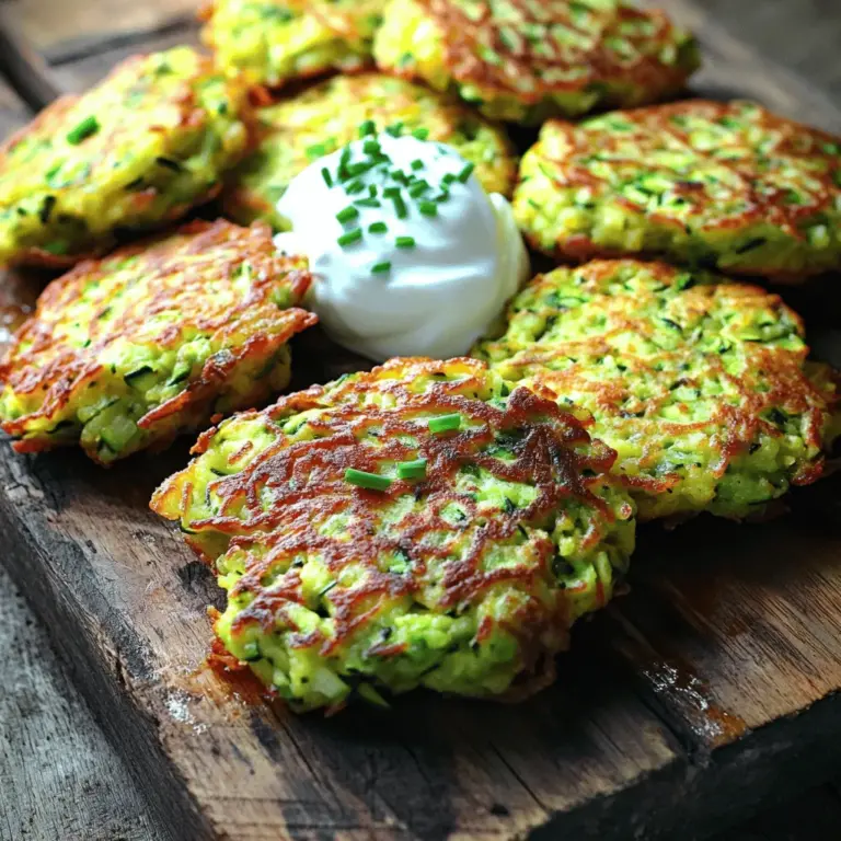 Die Hauptzutaten sind einfach und frisch. Hier ist, was du brauchst: - 2 mittlere Zucchini, gerieben - 1 Teelöffel Salz - 1 Tasse Weizenmehl - 1/2 Tasse geriebener Parmesan - 2 große Eier - 1/4 Tasse frische Schnittlauch, fein gehackt - 1/2 Teelöffel Knoblauchpulver - 1/4 Teelöffel schwarzer Pfeffer - Pflanzenöl zum Braten Diese Zutaten sorgen für den perfekten Geschmack und die gewünschte Textur. Zusätzliche Zutaten können den Frittern mehr Tiefe geben. Ich empfehle: - Frische Kräuter wie Petersilie oder Basilikum für mehr Aroma. - Gewürze wie Paprika oder Kreuzkümmel für einen interessanten Twist. - Griechischer Joghurt oder saure Sahne als Dip. Diese Zutaten machen deine Zucchini-Fritter noch besser! Wenn du eine spezielle Diät befolgst, gibt es Optionen: - Für glutenfreie Fritter kannst du Mandelmehl oder glutenfreies Mehl verwenden. - Vegane Fritter? Ersetze die Eier durch Leinsamen oder Chiasamen. - Verwende pflanzlichen Käse, um den Geschmack zu halten. So kannst du die Fritter nach deinen Bedürfnissen anpassen. Um köstliche Zucchini-Fritter zu machen, musst du zuerst die Zucchini vorbereiten. Nimm zwei mittlere Zucchini und reibe sie grob. Gib die geriebene Zucchini in ein sauberes Küchentuch. Streue dann einen Teelöffel Salz darüber. Lass die Zucchini für etwa zehn Minuten stehen. Das Salz zieht die Flüssigkeit heraus. Nach zehn Minuten drücke das Tuch zusammen, um die überschüssige Flüssigkeit zu entfernen. Dieser Schritt ist wichtig, damit deine Fritter schön knusprig werden. Jetzt ist es Zeit, den Teig zu machen. Nimm eine große Schüssel und gib die abgetropfte Zucchini hinein. Füge eine Tasse Weizenmehl, eine halbe Tasse geriebenen Parmesan, zwei große Eier, einen Viertel Tasse frischen Schnittlauch, einen halben Teelöffel Knoblauchpulver und einen Viertel Teelöffel schwarzen Pfeffer hinzu. Mische alles gut mit einem Löffel. Du solltest einen dicken Teig haben, der gut zusammenhält. Erhitze eine große Pfanne auf mittlerer Hitze und gib etwa einen halben Zentimeter Pflanzenöl hinein. Nimm mit einem Löffel eine Portion Teig und forme sie zu einer kleinen Scheibe. Lege die Scheibe vorsichtig in das heiße Öl. Achte darauf, die Pfanne nicht zu überfüllen. Brate die Fritter für drei bis vier Minuten auf jeder Seite. Sie sollten goldbraun und knusprig werden. Wende sie mit einem Schöpfspatel vorsichtig. Nach dem Braten lege die Fritter auf einen Teller mit Küchenpapier, um das überschüssige Öl aufzusaugen. Serviere die Zucchini-Fritter warm. Du kannst sie mit griechischem Joghurt oder saurer Sahne servieren, wenn du magst. Für eine schöne Präsentation lege die Fritter auf ein rustikales Holzbrett und garniere sie mit frischem Schnittlauch. Das sieht toll aus und schmeckt noch besser! Um perfekt knusprige Fritter zu machen, ist die Zucchini der Schlüssel. Wenn du die Zucchini reibst, solltest du sie gut entwässern. Streue gleichmäßig Salz darüber und lasse sie zehn Minuten ruhen. Drücke dann die Flüssigkeit gut aus. Je weniger Wasser in der Zucchini bleibt, desto knuspriger werden die Fritter. Achte darauf, das Öl heiß genug zu erhitzen, bevor du die Fritter hineinlegst. Idealerweise sollte das Öl etwa 180°C haben. Ein häufiger Fehler ist, die Zucchini nicht genug zu entwässern. Das kann zu matschigen Frittern führen. Ein weiterer Fehler ist, die Fritter in zu heißem Öl zu braten. Sie brennen außen an, während sie innen roh bleiben. Überfülle auch nicht die Pfanne. Lass genug Platz zwischen den Frittern, damit sie gleichmäßig garen. Die richtige Würze macht den Unterschied. Neben dem schwarzen Pfeffer kannst du auch Paprika oder getrocknete Kräuter hinzufügen. Frische Kräuter wie Schnittlauch oder Petersilie geben den Frittern tollen Geschmack. Experimentiere auch mit etwas Zitronensaft oder Zitronenschale. Diese kleinen Änderungen verbessern den Geschmack stark. Für mehr Kreativität kannst du auch den Full Recipe ausprobieren. {{image_4}} Zucchini-Fritter mit Feta sind einfach lecker. Feta bringt einen salzigen, cremigen Geschmack. Fügen Sie frische Kräuter wie Petersilie oder Dill hinzu. Das gibt den Frittern mehr Aroma. Diese Variante ist perfekt für einen besonderen Snack. Für vegane Zucchini-Fritter tauschen Sie die Eier gegen Leinsamen oder Chia-Samen aus. Mischen Sie einen Esslöffel Leinsamen mit drei Esslöffeln Wasser. Lassen Sie es kurz quellen, bis es dick wird. Verwenden Sie auch eine Mischung aus Kichererbsenmehl und Wasser als Bindemittel. So bleiben die Fritter vegan und lecker. Wenn Sie glutenfreie Zucchini-Fritter machen wollen, ersetzen Sie das Weizenmehl. Verwenden Sie einfach Reismehl oder Mandelmehl. Diese Mehle sorgen für eine tolle Textur. Achten Sie nur darauf, dass alle anderen Zutaten auch glutenfrei sind. So können alle mitessen, ohne sich Sorgen zu machen. Das ist nur ein kleiner Vorgeschmack auf das, was möglich ist. Wenn Sie mehr über die genauen Schritte erfahren möchten, schauen Sie sich das [Full Recipe] an. Um übrig gebliebene Zucchini-Fritter zu lagern, lege sie in einen luftdichten Behälter. Ein kühler Ort wie der Kühlschrank ist ideal. Achte darauf, dass die Fritter vollständig abgekühlt sind, bevor du sie aufbewahrst. So bleibt ihre Textur besser erhalten. Um die Fritter wieder knusprig zu machen, benutze eine Pfanne. Erhitze sie bei mittlerer Temperatur ohne zusätzliches Öl. Brate die Fritter etwa 2-3 Minuten auf jeder Seite. Das gibt ihnen ihre knusprige Textur zurück. Mikrowellen sind nicht ideal, da sie die Fritter weich machen. Zucchini-Fritter halten sich im Kühlschrank etwa 3-4 Tage. Wenn du sie länger lagern möchtest, kannst du sie einfrieren. Lege die Fritter in einen Gefrierbeutel und entferne so viel Luft wie möglich. Im Gefrierfach halten sie bis zu 3 Monate. So hast du immer einen Snack bereit! Zucchini-Fritter haben etwa 150 Kalorien pro Portion. Die genaue Zahl kann je nach Öl und Zutaten variieren. Wenn Sie gesunde Fette oder weniger Käse verwenden, können Sie die Kalorien senken. Diese Fritter sind eine schmackhafte und leichtere Option für Snacks oder Beilagen. Ja, Sie können gefrorene Zucchini verwenden. Achten Sie darauf, die Zucchini gut abzutropfen. Gefrorene Zucchini hat oft mehr Wasser. Daher ist es wichtig, die Flüssigkeit gut zu entfernen. Die Konsistenz kann leicht anders sein, aber die Fritter bleiben lecker. Die besten Dips sind griechischer Joghurt oder saure Sahne. Beide bieten einen frischen Geschmack und passen gut zu den Frittern. Sie können auch eine würzige Salsa oder eine Knoblauchsoße ausprobieren. Experimentieren Sie mit verschiedenen Dips, um Ihre Lieblingskombination zu finden. Das Rezept für Zucchini-Fritter hat seine Wurzeln in der mediterranen Küche. Viele Länder schätzen diese leckeren Snacks. In Italien heißen sie „frittelle“ und sind dort sehr beliebt. Die Kombination aus Zucchini und Käse ist einfach köstlich. Dieses Rezept bringt den internationalen Flair in Ihre Küche. Für das vollständige Rezept werfen Sie einen Blick auf den Abschnitt "Full Recipe". Zucchini-Fritter sind einfach zuzubereiten und vielseitig. Wir haben die Hauptzutaten, Tipps zur Zubereitung und Variationen erkundet. Achte besonders auf die richtige Technik, um knusprige Fritter zu erhalten. Wenn du kreative Zutaten und Dips ausprobierst, wird jedes Gericht einzigartig. Bewahre die Reste gut auf und genieße sie später. Mit diesen Informationen kannst du köstliche Zucchini-Fritter zubereiten, die jedem schmecken. Viel Spaß beim Kochen!