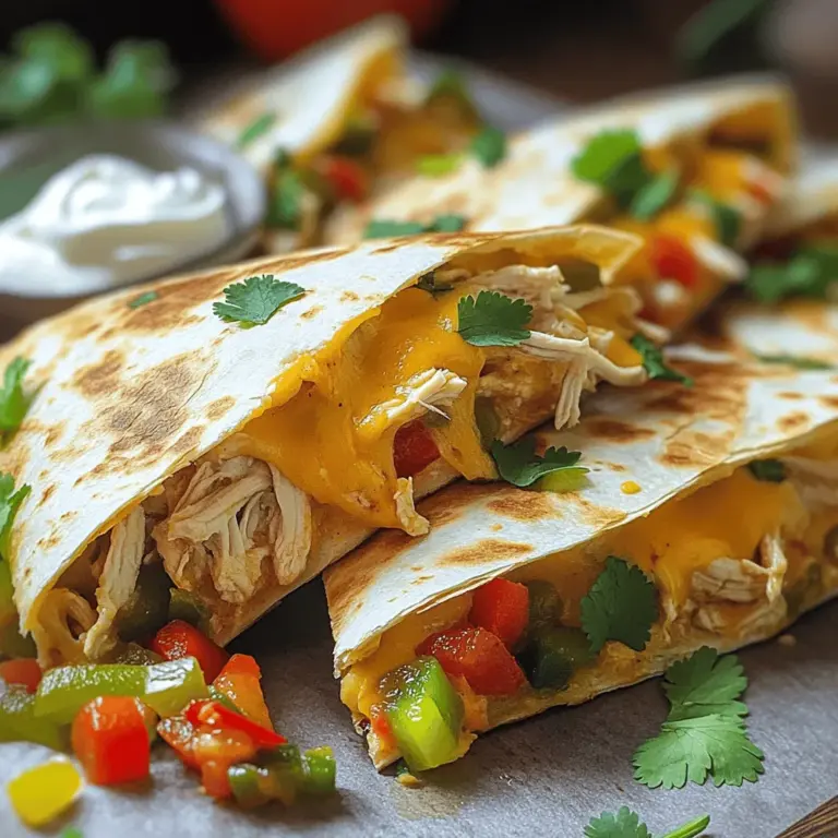 Für diese leckeren Quesadillas brauchst du nur einige Hauptzutaten. Hier ist die Liste: - 2 Tassen gekochtes Hähnchen, zerrupft - 1 Tasse geriebener Cheddar-Käse - 1 Tasse geriebener Mozzarella-Käse - 1 kleine rote Paprika, gewürfelt - 1 kleine grüne Paprika, gewürfelt - 1 kleine Zwiebel, fein gehackt - 4 große Weizentortillas Diese Zutaten sind leicht zu finden. Das zerrupfte Hähnchen gibt dir eine gute Basis. Der Käse sorgt für den tollen Schmelz. Für den Geschmack brauchst du auch Gewürze. Hier sind die, die du verwenden solltest: - 1 Teelöffel Knoblauchpulver - 1 Teelöffel Kreuzkümmel - 1 Teelöffel Chilipulver - Salz und Pfeffer nach Geschmack Diese Gewürze bringen das Gericht zum Leben. Der Kreuzkümmel gibt Wärme, während das Chilipulver einen kleinen Kick hinzufügt. Ich liebe es, meine Quesadillas mit frischen Beilagen zu servieren. Hier sind ein paar Vorschläge: - Frische Korianderblätter, zum Garnieren - Sauerrahm, zum Servieren - Salsa, zum Dippen Die Beilagen machen das Essen noch besser. Der Sauerrahm kühl und cremig, während die Salsa frische Aromen bringt. Du kannst die Quesadillas einfach und schnell genießen. Für das vollständige Rezept schau bitte auf die [Full Recipe]. Um die Hähnchenmischung vorzubereiten, nimm eine große Schüssel. Füge das zerrupfte Hähnchen, die gewürfelte rote und grüne Paprika und die gehackte Zwiebel hinzu. Dann kommen das Knoblauchpulver, Kreuzkümmel und Chilipulver dazu. Vergiss nicht, etwas Salz und Pfeffer hinzuzufügen. Mische alles gut, bis die Gewürze gleichmäßig verteilt sind. Diese Mischung ist die Grundlage für die Quesadillas. Erhitze eine große Pfanne bei mittlerer Hitze und gib 1 Esslöffel Olivenöl hinein. Lege eine Tortilla in die Pfanne. Auf einer Hälfte der Tortilla verteile die Hälfte der Hähnchenmischung. Streue dann die Hälfte des Cheddar- und Mozzarella-Käses darüber. Falte die Tortilla vorsichtig zu einem Halbmond. Brate sie 3-4 Minuten lang, bis sie goldbraun ist. Dann wende sie vorsichtig mit einem Spatel und brate die andere Seite für weitere 3-4 Minuten. Wiederhole diesen Schritt für die zweite Tortilla. Um die Quesadillas perfekt zu wenden, benutze einen breiten Spatel. Der Spatel sollte unter die Tortilla passen. Hebe die Tortilla vorsichtig an und drehe sie schnell um. So bleibt die Füllung drin. Wenn du merkst, dass die Quesadilla nicht gut hält, brate sie noch etwas länger. Dies hilft, die Füllung besser zu binden. Lass die fertigen Quesadillas eine Minute abkühlen, bevor du sie in Wedges schneidest. Diese Tipps sorgen dafür, dass deine Quesadillas lecker und schön aussehen. Du kannst die Quesadillas mit frischen Korianderblättern, Sauerrahm und Salsa servieren. Das macht das Gericht noch schmackhafter. Für die vollständige Zubereitung schau dir das Rezept Käse-Hähnchen-Quesadillas-Delight an. Ein häufiger Fehler ist, zu viel Füllung zu verwenden. Wenn die Tortilla überladen ist, wird sie schwer zu wenden. Halte die Füllung auf einer Seite und verteile sie gleichmäßig. Ein weiterer Fehler ist, die Hitze zu hoch einzustellen. Eine mittlere Hitze sorgt dafür, dass der Käse gut schmilzt, ohne dass die Tortilla anbrennt. Achte darauf, die Quesadillas nicht zu lange zu braten, sonst werden sie hart. Um knusprige Quesadillas zu erhalten, verwende genügend Öl. Ein Esslöffel pro Quesadilla ist ideal. Außerdem hilft es, die Tortilla nach dem Wenden leicht anzudrücken. Dies sorgt dafür, dass sie gleichmäßig bräunt. Lass die fertigen Quesadillas kurz auf einem Küchenpapier abkühlen, um überschüssiges Öl zu entfernen. Das gibt dir eine tolle Textur. Du kannst das Rezept leicht anpassen. Füge Spinat oder Pilze für mehr Geschmack hinzu. Wenn du es scharf magst, probiere Jalapeños. Du kannst auch andere Käsesorten verwenden, wie Gouda oder Feta. Wenn du vegetarisch kochen möchtest, ersetze das Hähnchen durch schwarze Bohnen oder Avocado. Diese Anpassungen bringen frische Aromen in deine Quesadillas. {{image_4}} Wenn du eine vegetarische Variante suchst, ersetze das Hähnchen durch Gemüse. Du kannst Paprika, Zucchini oder Spinat verwenden. Diese Zutaten geben dir frische Aromen und viel Farbe. Achte darauf, die Gemüse gut zu würzen. So bleiben sie lecker und schmackhaft. Füge Bohnen für mehr Protein hinzu. Schwarze Bohnen oder Kidneybohnen passen gut. Sie machen die Quesadillas nahrhafter. Auch Avocado ist eine tolle Ergänzung. Sie bringt Cremigkeit und gesunde Fette. Einfach in Scheiben schneiden und vor dem Servieren auf die Quesadillas legen. Experimentiere mit Käsesorten. Anstatt nur Cheddar und Mozzarella zu verwenden, probiere etwas Feta oder Gouda. Diese Käsesorten bringen neue Geschmäcker. Du kannst auch einen scharfen Käse wählen, um es würziger zu machen. Mische verschiedene Käse für einen reichhaltigen Geschmack. So wird jede Quesadilla einzigartig und spannend. Wenn Sie Quesadillas übrig haben, lagern Sie sie in einem luftdichten Behälter. Sie bleiben im Kühlschrank etwa drei Tage frisch. Zum Aufwärmen empfehle ich die Pfanne. So bleibt der Käse schmelzig und die Tortilla knusprig. Erhitzen Sie die Quesadilla bei mittlerer Hitze für etwa zwei bis drei Minuten pro Seite. Um die Quesadillas frisch zu halten, wickeln Sie sie in Frischhaltefolie oder Aluminiumfolie. So bleibt die Feuchtigkeit erhalten. Lagern Sie sie im Kühlschrank, wenn Sie sie innerhalb von zwei Tagen essen möchten. Es ist wichtig, die Quesadillas nicht zu lange liegen zu lassen, da sie sonst weich werden. Das Einfrieren von Quesadillas ist einfach und praktisch. Legen Sie die abgekühlten Quesadillas in einen Gefrierbeutel. Entfernen Sie so viel Luft wie möglich. So halten sie sich bis zu drei Monate. Zum Aufwärmen können Sie die gefrorenen Quesadillas direkt in die Pfanne legen oder im Ofen backen. Achten Sie darauf, die Temperatur niedrig zu halten, damit sie gleichmäßig warm werden. Probieren Sie die einfachen Chicken Quesadillas aus dem [Full Recipe] und genießen Sie sie immer wieder! Die Zubereitung dauert etwa 20 Minuten. Ich mache zuerst die Füllung in 10 Minuten. Dann brate ich die Quesadillas in 10 Minuten. So schnell und einfach! Ja, gefrorenes Hähnchen ist möglich. Du musst es jedoch vorher richtig auftauen. Am besten über Nacht im Kühlschrank. So bleibt es sicher und lecker. Für die besten Stücke schneide ich die Quesadillas in Wedges. Ich benutze ein scharfes Messer oder eine Pizzaschneider. So bleiben die Füllung und der Käse in der Tortilla. Hähnchen-Quesadillas sind einfach und lecker. Wir haben die besten Zutaten und Gewürze besprochen. Die Schritt-für-Schritt-Anleitung hilft dir, sie perfekt zuzubereiten. Vermeide häufige Fehler, um knusprige Quesadillas zu genießen. Außerdem hast du viele Variationen und Lageroptionen gelernt. Diese Tipps werden dir helfen, deine Quesadillas jeden Tag neu zu genießen. Probiere auch die vegetarischen Optionen für mehr Abwechslung. Viel Spaß beim Kochen und Genießen!