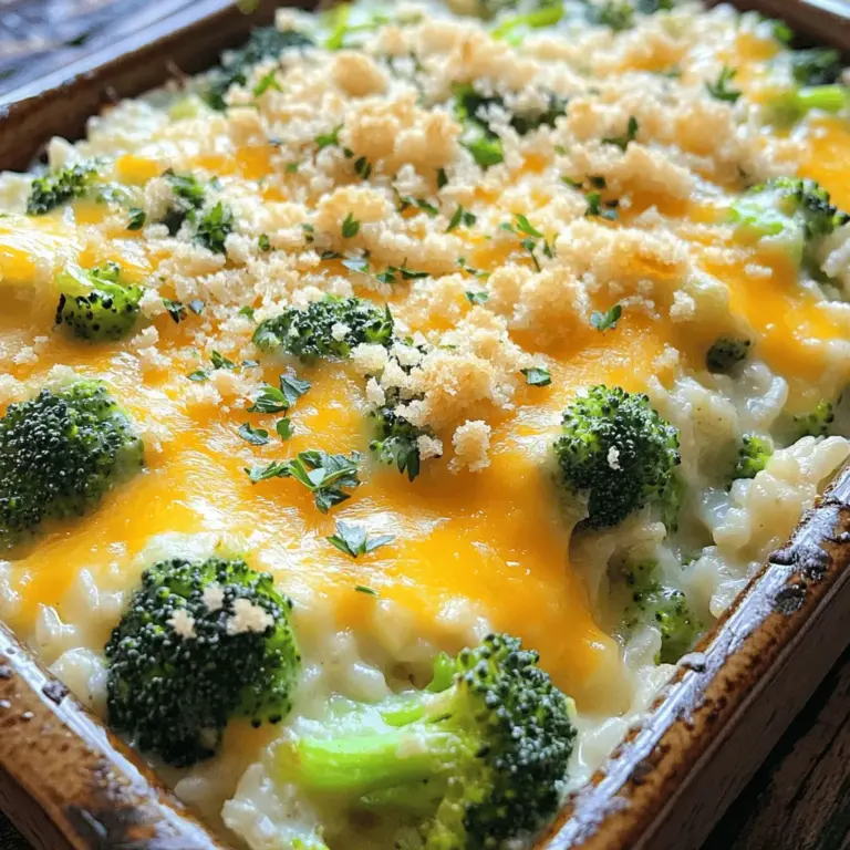 Für den Käse-Brokkoli-Reis-Auflauf benötigen Sie einige wichtige Zutaten. Diese Zutaten geben dem Gericht einen tollen Geschmack und eine cremige Textur. Hier sind die Hauptzutaten: - 2 Tassen gekochter weißer Reis - 2 Tassen frische Brokkoliröschen (gedämpft) - 1 Tasse scharfer Cheddar, gerieben Der gekochte Reis bildet die Basis des Auflaufs. Frischer Brokkoli bringt Farbe und Nährstoffe. Der scharfe Cheddar fügt einen kräftigen Geschmack hinzu. Sie können auch andere Käsesorten wie Gouda oder Mozzarella verwenden, um den Geschmack zu variieren. Zusätzlich zu den Hauptzutaten brauchen wir Gewürze und einige andere Zutaten: - 1 kleine Zwiebel, fein gehackt - 2 Knoblauchzehen, gehackt - 1 Tasse Champignoncremesuppe - 1/2 Tasse Milch - 1 Teelöffel getrockneter Thymian - 1/2 Teelöffel schwarzer Pfeffer - 1/2 Teelöffel Salz Die Zwiebel und der Knoblauch sorgen für ein tolles Aroma. Champignoncremesuppe bringt Cremigkeit in den Auflauf. Milch macht das Gericht noch weicher. Thymian und Pfeffer geben dem Auflauf eine extra Note. Vergessen Sie nicht das Salz, um all die Aromen zu heben! Wenn Sie eine knusprige Kruste mögen, können Sie diese Zutaten hinzufügen: - 1/4 Tasse Semmelbrösel (optional für die Kruste) - 2 Esslöffel Olivenöl Die Semmelbrösel sorgen für einen schönen Crunch. Das Olivenöl hilft, die Kruste goldbraun zu machen. Diese optionalen Zutaten sind nicht notwendig, aber sie machen den Auflauf besonders lecker. Nutzen Sie die [Full Recipe] für eine detaillierte Anleitung zur Zubereitung. Zuerst heizen wir den Ofen auf 175°C vor. Dies ist wichtig, damit der Auflauf gleichmäßig gart. Dann nehmen wir eine große Pfanne und geben das Olivenöl hinein. Wir erhitzen das Öl bei mittlerer Hitze. Fügen Sie die fein gehackte Zwiebel und den Knoblauch hinzu. Sautieren Sie alles etwa 4-5 Minuten, bis die Zwiebel weich wird. Dieser Schritt bringt viel Geschmack in den Auflauf. In einer großen Schüssel kombinieren wir die Hauptzutaten. Dazu gehören der gekochte Reis, die gedämpften Brokkoliröschen, die sautierte Zwiebel- und Knoblauchmischung, die Champignoncremesuppe und die Milch. Vergessen Sie nicht die Gewürze: Thymian, schwarzer Pfeffer und Salz. Rühren Sie gut um, bis alles gleichmäßig verteilt ist. Jetzt kommt der besondere Teil: Falten Sie 3/4 Tasse des geriebenen Cheddars unter die Mischung. Der Käse macht den Auflauf cremig und lecker! Übertragen Sie die Mischung in eine gefettete Auflaufform. Jetzt ist es Zeit, den Auflauf in den Ofen zu geben! Streuen Sie die restlichen 1/4 Tasse Cheddar obenauf. Wenn Sie möchten, können Sie auch Semmelbrösel für einen knusprigen Belag hinzufügen. Backen Sie den Auflauf für 25-30 Minuten. Achten Sie darauf, dass er heiß und sprudelnd ist. Der Käse sollte schmelzen und leicht goldbraun werden. Genießen Sie diesen Käse-Brokkoli-Reis-Auflauf! Für mehr Details schauen Sie sich das [Full Recipe] an. Um den Reis richtig vorzubereiten, koche ihn zuerst. Verwende zwei Tassen Wasser für jede Tasse Reis. Lasse ihn 18 bis 20 Minuten köcheln. Der Reis sollte weich, aber nicht matschig sein. Für den Brokkoli dämpfst du die Röschen. Dämpfen sorgt dafür, dass der Brokkoli schön grün bleibt. Achte darauf, ihn nur kurz zu dämpfen, etwa drei bis fünf Minuten. So bleibt er knackig und behält seinen Geschmack. Der beste Käse für Aufläufe ist scharfer Cheddar. Sein kräftiger Geschmack passt gut zu Brokkoli und Reis. Er schmilzt auch schön und gibt dem Gericht eine tolle Textur. Wenn du nach Alternativen suchst, probiere Gouda oder Mozzarella. Gouda hat ein mildes Aroma, während Mozzarella für eine cremige Konsistenz sorgt. Wenn du den Auflauf anrichtest, serviere ihn in einer schönen Schüssel. Verwende frische Kräuter zur Dekoration. Petersilie oder Schnittlauch geben einen frischen Kick. Für Beilagenideen passen Salat oder geröstetes Brot gut dazu. Ein grüner Salat bringt Frische und hilft, die cremige Textur des Auflaufs auszugleichen. Den vollständigen Rezept für den Käse-Brokkoli-Reis-Auflauf findest du hier: [Full Recipe]. {{image_4}} Für einen vegetarischen Käse-Brokkoli-Reis-Auflauf können Sie pflanzliche Milch und Käse verwenden. Diese Optionen sind lecker und gesund. Viele Marken bieten Käse, der aus Nüssen oder Soja gemacht wird. Diese Käse sind oft schmelzbar und bringen tollen Geschmack. Zusätzlich können Sie andere Gemüsesorten hinzufügen, um mehr Vielfalt zu schaffen. Zum Beispiel sind Paprika, Karotten oder Zucchini gute Optionen. Diese Gemüsesorten bringen Farbe und Nährstoffe in Ihr Gericht. Wenn Sie mehr Protein brauchen, können Sie Hähnchen oder Schinken in den Auflauf geben. Einfach gekochtes Hähnchen oder gewürfelten Schinken unter die Mischung heben. Diese Zutaten machen den Auflauf nahrhafter und sättigender. Für vegane Proteinquellen sind Kichererbsen oder Linsen eine tolle Wahl. Sie fügen eine neue Textur und viel Geschmack hinzu. Das macht den Auflauf nicht nur lecker, sondern auch gesund. Für glutenfreie Varianten können Sie glutenfreie Suppen und Brötchen verwenden. Es gibt viele Produkte, die speziell für glutenfreie Ernährung gemacht sind. So können Sie sicherstellen, dass Ihr Auflauf für alle geeignet ist. Zusätzlich sollten Sie Anpassungen zur Einhaltung von Glutenfreiheit vornehmen. Achten Sie darauf, dass alle verwendeten Zutaten glutenfrei sind. Das sorgt dafür, dass jeder den Käse-Brokkoli-Reis-Auflauf genießen kann. Um Reste des Käse-Brokkoli-Reis-Auflaufs richtig zu lagern, lassen Sie ihn zunächst auf Raumtemperatur abkühlen. Danach decken Sie die Auflaufform mit Frischhaltefolie oder einem Deckel ab. So bleibt der Auflauf frisch. Im Kühlschrank hält er sich etwa 3 bis 4 Tage. Wenn Sie den Auflauf länger aufbewahren möchten, können Sie ihn einfrieren. Lassen Sie den Auflauf zuerst abkühlen. Dann schneiden Sie ihn in Portionen und legen ihn in gefriergeeignete Behälter. Achten Sie darauf, die Behälter gut zu verschließen. So bleibt der Auflauf bis zu 3 Monate haltbar. Zum Aufbacken von gefrorenem Auflauf, nehmen Sie ihn aus dem Gefrierschrank und lassen Sie ihn über Nacht im Kühlschrank auftauen. Um den Auflauf erneut zu erwärmen, verwenden Sie den Ofen. Heizen Sie ihn auf 175°C vor. Geben Sie den Auflauf in eine Auflaufform und decken Sie ihn mit Aluminiumfolie ab, um das Austrocknen zu verhindern. Wärmen Sie ihn etwa 20 bis 25 Minuten lang auf. Wenn Sie die Folie entfernen, backen Sie ihn für weitere 5 Minuten, um den Käse schön zu bräunen. Achten Sie darauf, dass der Auflauf in der Mitte heiß ist. Die Zubereitung des Käse-Brokkoli-Reis-Auflaufs dauert insgesamt 45 Minuten. Die Vorbereitungszeit beträgt etwa 15 Minuten. In dieser Zeit schneiden Sie die Zwiebel, den Knoblauch und dämpfen den Brokkoli. Danach backen Sie den Auflauf für 25 bis 30 Minuten im Ofen. Er wird fertig, wenn der Käse goldbraun und die Mischung heiß ist. Ja, Sie können andere Gemüsesorten nutzen. Karotten, Blumenkohl oder Spinat passen gut zu diesem Rezept. Diese Gemüsesorten bieten unterschiedliche Farben und Nährstoffe. Schneiden Sie das Gemüse klein, damit es gleichmäßig gart. Experimentieren Sie mit Ihren Lieblingsgemüsen, um neue Geschmäcker zu entdecken. Ja, der Auflauf kann gesund sein. Er enthält Gemüse, Vollkornreis und wenig Fett. Sie können die Nährwerte anpassen, indem Sie weniger Käse verwenden oder fettarme Milch nutzen. Eine Portion hat etwa 250 Kalorien, was ihn zu einer guten Wahl für eine Mahlzeit macht. Achten Sie darauf, frische Zutaten zu verwenden, um die Nährstoffe zu maximieren. Um den Auflauf schärfer zu machen, fügen Sie scharfen Käse hinzu. Alternativ können Sie auch Jalapeños oder rote Pfefferflocken verwenden. Diese Zutaten bringen einen zusätzlichen Kick. Mischen Sie sie in die Reis-Brokkoli-Mischung, bevor Sie den Auflauf backen. So erhalten Sie einen tollen, würzigen Geschmack. Zusammenfassend haben wir einen leckeren Käse-Brokkoli-Reis-Auflauf besprochen. Die Hauptzutaten sind gekochter Reis, frischer Brokkoli und scharfer Cheddar. Mit verschiedenen Gewürzen und optionalen Zutaten, wie Semmelbröseln, kannst du den Auflauf verfeinern. Denke an Variationen wie vegetarische Alternativen oder proteinreiche Optionen. Nach dem Kochen ist die richtige Lagerung entscheidend. Für besten Geschmack achte auf die Aufwärmhinweise. So bleibt dein Auflauf frisch und lecker!