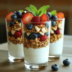 Die Hauptzutaten für gesunde Joghurt-Parfaits sind einfach und nahrhaft. Hier sind die wichtigsten Zutaten, die Sie benötigen: - 2 Tassen Naturgriechischer Joghurt - 1 Tasse Granola (vorzugsweise zuckerarm) - 2 Tassen gemischte Beeren (Erdbeeren, Heidelbeeren, Himbeeren) - 2 Esslöffel Honig oder Ahornsirup (optional) - 1 Teelöffel Vanilleextrakt - Frische Minzblätter zur Dekoration Diese Zutaten bieten einen guten Mix aus Proteinen, Ballaststoffen und Vitaminen. Der griechische Joghurt ist reich an Eiweiß und macht satt. Die Beeren fügen Frische hinzu und sind voller Antioxidantien. Um Ihre Parfaits noch besser zu machen, können Sie einige Ergänzungen ausprobieren: - Nüsse wie Mandeln oder Walnüsse für den Crunch - Samen wie Chiasamen oder Leinsamen für Fette und Ballaststoffe - Kokosraspeln für einen tropischen Geschmack Diese Ergänzungen bringen nicht nur mehr Nährstoffe, sondern auch neue Texturen in Ihr Parfait. Achten Sie beim Einkaufen auf Qualität. Wählen Sie griechischen Joghurt ohne Zuckerzusatz. Bio-Beeren sind oft frischer und geschmackvoller. Wenn Sie Granola wählen, lesen Sie die Zutatenliste. Achten Sie auf wenig Zucker und viele Nüsse oder Samen. Kaufen Sie frische Minze, um die besten Aromen zu erhalten. So machen Sie Ihre Joghurt-Parfaits zu einem echten Genuss. Wenn Sie mehr über die Zubereitung erfahren möchten, schauen Sie sich das komplette Rezept an: Gesunde Joghurt-Parfaits nach Griechischer Art. Für die Basis der gesunden Joghurt-Parfaits brauchst du frischen Naturgriechischen Joghurt. Nimm zwei Tassen davon. In einer Schüssel vermischst du den Joghurt mit einem Teelöffel Vanilleextrakt. Wenn du es süßer magst, füge zwei Esslöffel Honig oder Ahornsirup hinzu. Rühre alles gut um, bis die Mischung cremig ist. Jetzt kommt der spaßige Teil: das Schichten! Beginne mit einer Schicht Joghurt in Serviergläsern. Verteile einige Löffel gleichmäßig auf dem Boden. Darauf gibst du eine Schicht Granola. Achte darauf, dass es zuckerarm ist! Dann kommen die gemischten Beeren. Du kannst Erdbeeren, Heidelbeeren und Himbeeren verwenden. Wiederhole diese Schichten, bis die Gläser voll sind. Beende es mit einer letzten Schicht Beeren. Um die Joghurt-Parfaits besonders schön zu präsentieren, dekoriere jedes Glas mit einem Zweig frischer Minze. Das sieht toll aus und bringt Frische. Serviere die Parfaits sofort, um die knusprige Textur des Granolas zu genießen. Wenn du sie vorbereiten möchtest, lasse sie bis zu 30 Minuten im Kühlschrank. So wird das Granola etwas weicher, aber immer noch lecker. Um die perfekte Konsistenz für dein Joghurt-Parfait zu erreichen, wähle griechischen Joghurt. Dieser Joghurt ist dick und cremig. Wenn du ihn noch dicker magst, lass ihn abtropfen. Lege ein feines Sieb über eine Schüssel und gib den Joghurt hinein. Lass ihn für ein paar Stunden im Kühlschrank stehen. So verlierst du überschüssige Flüssigkeit. Das Ergebnis ist ein besonders fester Joghurt, ideal für Schichten. Zucker kann oft versteckt sein. Achte darauf, ungesüßten Joghurt zu verwenden. So kannst du die Kontrolle über den Zuckergehalt behalten. Verwende frische Früchte für die Süße. Sie sind nahrhaft und lecker. Wenn du zusätzlichen Süßstoff möchtest, reduziere die Menge. Probiere, mit nur einem Esslöffel Honig oder Ahornsirup zu starten. Du kannst dann nach Geschmack anpassen. Es gibt viele gesunde Alternativen zu Zucker. Stevia und Erythrit sind zwei beliebte Optionen. Beide haben wenig bis keine Kalorien. Sie beeinflussen deinen Blutzucker nicht stark. Das macht sie zu guten Alternativen, besonders für Diabetiker. Achte jedoch darauf, die Mengen anzupassen. Diese Süßstoffe können viel süßer sein als Zucker. Beginne mit einer kleinen Menge und taste dich langsam vor. Für das vollständige Rezept schaue dir die Gesunde Joghurt-Parfaits nach Griechischer Art an. {{image_4}} Um den Proteingehalt Ihrer Joghurt-Parfaits zu erhöhen, können Sie Nüsse oder Samen hinzufügen. Mandeln und Walnüsse sind sehr lecker. Auch Chiasamen oder Leinsamen sind tolle Ideen. Diese Zutaten geben nicht nur mehr Protein, sondern auch einen guten Crunch. Eine weitere Option sind Proteinpulver. Ein Löffel kann viel bewirken. Die Basis mit griechischem Joghurt ist vielseitig. Fügen Sie Aromen wie Zimt oder Kakaopulver hinzu. Beide verleihen den Parfaits eine besondere Note. Sie können auch verschiedene Fruchtkombinationen testen. Probieren Sie Mango, Kiwi oder Ananas. Jede Frucht bringt ihren eigenen Geschmack und Nährstoffe. Für vegane Alternativen können Sie pflanzlichen Joghurt nutzen. Kokos- oder Mandeldrink-Joghurt sind gute Optionen. Diese haben einen tollen Geschmack und sind laktosefrei. Verwenden Sie auch pflanzliches Granola. Achten Sie darauf, dass es keinen Honig enthält. So bleibt das Rezept vegan und lecker. Die Lagerung Ihrer Joghurt-Parfaits ist einfach. Verwenden Sie luftdichte Behälter, um die Frische zu halten. Stellen Sie die Behälter in den Kühlschrank. So bleiben die Parfaits kühl und lecker. Wenn Sie sie sofort nicht essen, ist eine gute Lagerung wichtig. Die Hauptzutaten haben unterschiedliche Haltbarkeiten. Griechischer Joghurt bleibt ungeöffnet bis zu zwei Wochen frisch. Einmal geöffnet, verbrauchen Sie ihn innerhalb von fünf bis sieben Tagen. Granola bleibt bis zu einem Monat gut, wenn es trocken gelagert wird. Frische Beeren sind am besten innerhalb von drei bis fünf Tagen zu essen. Überprüfen Sie die Beeren auf Schimmel, bevor Sie sie verwenden. Sie können die Joghurt-Parfaits im Voraus zubereiten. Schichten Sie die Zutaten, aber fügen Sie das Granola erst kurz vor dem Servieren hinzu. So bleibt es knusprig. Bereiten Sie die Joghurt-Basis und die Beeren einen Tag vorher vor. Lagern Sie alles getrennt im Kühlschrank. So sparen Sie Zeit und genießen frische, gesunde Snacks. Wenn Sie mehr über das Rezept erfahren möchten, schauen Sie sich das Full Recipe an. Ein gesundes Joghurt-Parfait hat etwa 200 bis 300 Kalorien pro Portion. Der genaue Kaloriengehalt hängt von den Zutaten ab. Wenn du zuckerfreies Granola und frische Früchte verwendest, bleibt es leicht. Die Beeren liefern viele Vitamine und Ballaststoffe. Das macht sie zu einer großartigen Wahl für Snacks oder Frühstück. Ja, du kannst die Früchte leicht austauschen. Magst du keine Beeren? Versuche Bananen, Äpfel oder Pfirsiche! Jede Frucht bringt ihren eigenen Geschmack mit. Das macht das Parfait abwechslungsreich und spannend. Denke daran, saisonale Früchte zu wählen. So bleibst du frisch und sparst Geld. Du kannst die Joghurt-Parfaits bis zu 30 Minuten im Kühlschrank aufbewahren. Danach wird das Granola weich. Für beste Ergebnisse serviere sie frisch. Wenn du sie im Voraus zubereiten willst, lagere die Schichten separat. So bleibt alles knackig. Für das vollständige Rezept sieh dir die Anleitung zu Gesunde Joghurt-Parfaits nach Griechischer Art an. Joghurt-Parfaits sind einfach zuzubereiten und vielseitig. Wir haben die besten Zutaten, Tipps zur Zubereitung und Variationen besprochen. Mit diesen einfach umsetzbaren Schritten können Sie gesunde und schmackhafte Snacks kreieren. Denken Sie daran, auf die Qualität der Zutaten zu achten. Experimentieren Sie mit verschiedenen Geschmäckern und behalten Sie die Lagerung im Blick. So bleiben Ihre Parfaits frisch und lecker. Genießen Sie die Vielfalt und machen Sie jedes Mal etwas Neues daraus!