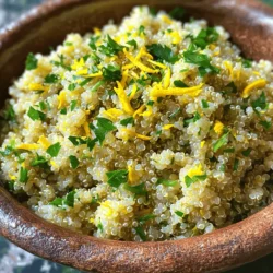 - 1 Tasse Quinoa, gut gespült - 2 Tassen Gemüsebrühe oder Wasser - 1 Esslöffel Olivenöl Quinoa ist die Basis für dieses Gericht. Es hat viele Nährstoffe und ist leicht zuzubereiten. Die Gemüsebrühe oder das Wasser gibt der Quinoa den nötigen Geschmack. Olivenöl fügt gesunde Fette hinzu und macht alles lecker. - Zeste von 1 Zitrone - Saft von 1 Zitrone - 1 Teelöffel getrockneter Thymian - 1 Teelöffel getrockneter Oregano - 1/2 Teelöffel Knoblauchpulver - Salz und schwarzer Pfeffer nach Geschmack Die Zitronenzeste und der Saft bringen Frische. Sie heben den Geschmack der Quinoa hervor. Die Kräuter und das Knoblauchpulver sorgen für eine schöne Tiefe. Sie sind einfach zu finden und geben dem Gericht einen tollen Kick. - 1/4 Tasse frische Petersilie, gehackt Frische Petersilie macht das Gericht schön und gesund. Sie bringt Farbe und Geschmack. Du kannst sie grob oder fein hacken. Garniere die Quinoa einfach vor dem Servieren damit. Wenn du mehr über die Zubereitung erfahren möchtest, schau dir das Full Recipe an. Bevor du anfängst, spüle die Quinoa gründlich unter kaltem Wasser. Das entfernt Bitterstoffe. Nimm eine Schüssel und teile alle Zutaten bereit. So hast du alles griffbereit. Gib die gespülte Quinoa in einen mittelgroßen Kochtopf. Füge die Gemüsebrühe oder Wasser hinzu. Stelle die Hitze auf mittel bis hoch. Bringe die Mischung zum Kochen. Sobald sie kocht, reduziere die Hitze auf niedrig. Decke den Topf ab und lasse die Quinoa etwa 15 Minuten köcheln. Rühre gelegentlich um, bis die gesamte Flüssigkeit aufgesogen ist. Die Quinoa sollte fluffig sein. Während die Quinoa kocht, bereite das Dressing vor. Nimm eine große Schüssel. Mische das Olivenöl, die Zitronenzeste, den Zitronensaft, den getrockneten Thymian, den Oregano und das Knoblauchpulver. Würze nach Geschmack mit Salz und Pfeffer. Nach dem Kochen nimm die Quinoa vom Herd. Lockere sie vorsichtig mit einer Gabel auf. Gib die Quinoa in die Schüssel mit dem Dressing. Rühre sanft, bis die Quinoa gleichmäßig bedeckt ist. Lass die Quinoa einige Minuten ruhen, damit sie die Aromen aufnehmen kann. Um perfekte Quinoa zu kochen, spüle sie zuerst gut. Das Spülen entfernt Bitterstoffe. Gib sie in ein feines Sieb und spüle sie unter kaltem Wasser. Halte dies für ein paar Minuten. So wird der Geschmack besser. Die Kochzeit beträgt etwa 15 Minuten. Verwende mittlere Hitze, um die Flüssigkeit zum Kochen zu bringen. Reduziere dann die Hitze auf niedrig. Decke den Topf ab, damit die Dämpfe nicht entweichen. So wird die Quinoa fluffig und weich. Spiele mit verschiedenen Kräutern, um den Geschmack zu verbessern. Du kannst frischen Basilikum, Petersilie oder Schnittlauch verwenden. Diese Kräuter bringen frische Aromen in das Gericht. Frische Zutaten sind wichtig. Verwende frische Zitronen für Zeste und Saft. Sie geben mehr Geschmack als getrocknete. Du kannst auch frisches Gemüse oder Nüsse hinzufügen. Das macht die Quinoa noch leckerer und abwechslungsreicher. {{image_4}} Du kannst dein Quinoa-Gericht ganz nach deinem Geschmack anpassen. Hier sind einige Ideen: - Gemüse hinzufügen: Füge buntes Gemüse wie Paprika, Spinat oder Karotten hinzu. Das gibt Farbe und Nährstoffe. Einfach das Gemüse klein schneiden und mit der Quinoa zusammen kochen. - Nüsse oder Samen integrieren: Walnüsse, Mandeln oder Sonnenblumenkerne bringen Crunch und Geschmack. Röstest du sie kurz in einer Pfanne, wird der Geschmack noch intensiver. Streue sie einfach über das fertige Gericht. Mit einfachen Zutaten kannst du neue Geschmäcker entdecken: - Asiatisch inspiriert: Füge Sojasauce, Ingwer und grünen Zwiebeln hinzu. Das bringt einen ganz neuen Twist. Du kannst auch Sesamöl für zusätzlichen Geschmack verwenden. - Mediterrane Optionen: Oliven, Feta und getrocknete Tomaten bringen mediterranes Flair. Mische diese Zutaten unter die Quinoa. Der Geschmack wird frisch und herzhaft. Mit diesen Variationen machst du aus deinem einfachen Gericht ein echtes Highlight. Für die vollständige Zubereitung schau dir das Rezept "Zitrus Zest Quinoa Freude " an. Um deine Quinoa frisch zu halten, lagere sie kühl und trocken. Ein luftdichter Behälter eignet sich gut. Gläser oder Plastikbehälter mit Deckel sind ideal. So schützt du die Quinoa vor Feuchtigkeit und Schädlingen. Du kannst auch kleine Portionen in Tüten aufbewahren. Achte darauf, die Tüten gut zu verschließen. Im Kühlschrank bleibt deine fertige Quinoa etwa drei bis fünf Tage frisch. Stelle sicher, dass du sie in einem luftdichten Behälter aufbewahrst. Wenn du Reste hast, kannst du die Quinoa auch einfrieren. Teile sie in Portionen auf und lege sie in Gefrierbeutel. So bleibt der Geschmack erhalten. Gefrorene Quinoa hält sich bis zu zwei Monate. Wenn du sie brauchst, taue sie einfach im Kühlschrank auf oder erhitze sie direkt in der Mikrowelle. Die Quinoa braucht etwa 15 Minuten, um zu kochen. Die Vorbereitungszeit beträgt nur 5 Minuten. Du bringst die Quinoa mit Gemüsebrühe oder Wasser in einem Topf zum Kochen. Danach reduzierst du die Hitze und lässt sie köcheln. So wird die Quinoa schön fluffig. Ja, frische Kräuter sind toll! Du kannst Petersilie, Thymian oder Oregano nutzen. Frische Kräuter geben dem Gericht mehr Geschmack. Ich empfehle, sie grob zu hacken, damit die Aromen besser zur Geltung kommen. Ja, Quinoa ist glutenfrei. Das macht es zu einer großartigen Wahl für Menschen mit Glutenunverträglichkeit. Es hat eine tolle Textur und enthält viele Nährstoffe. Du kannst es in vielen Gerichten verwenden, ohne dir Sorgen um Gluten machen zu müssen. Der Nussgeschmack kommt von den Proteinen und Ölen in der Quinoa. Wenn du sie spülst, entfernst du die Bitterstoffe. So bleibt der feine, nussige Geschmack, der Quinoa so besonders macht. Dieser Geschmack passt gut zu vielen Zutaten. Für die komplette Zubereitung der Zitrus Zest Quinoa Freude schau dir bitte die [Zubereitung an](#). Dieses Rezept für Quinoa ist einfach und lecker. Wir haben die Hauptzutaten, aromatische Zusätze und Garnierungen besprochen. Ich habe dir auch gezeigt, wie du die Quinoa perfekt kochen kannst. Denke daran, die Quinoa richtig zu spülen und die richtigen Temperaturen zu nutzen. Du kannst viele Variationen ausprobieren, um neue Geschmäcker zu entdecken. Auch die Aufbewahrung ist wichtig, um die Quinoa frisch zu halten. Nutze die häufigen Fragen, um weitere Infos zu erhalten. Probiere es aus und genieße deine Quinoa-Kreationen!