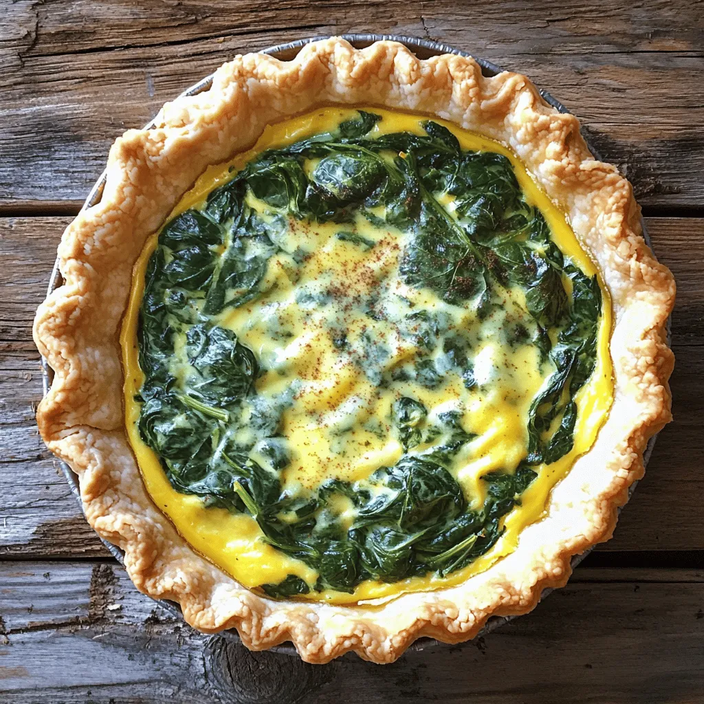 Um eine köstliche Classic Spinach Quiche zu machen, brauchst du folgende Zutaten: - 1 Tortenboden (selbstgemacht oder aus dem Geschäft) - 4 Tassen frischer Spinat, gewaschen und grob gehackt - 1 Tasse Gruyère Käse, gerieben - 1 Tasse Sahne - 4 große Eier - 1 kleine Zwiebel, fein gehackt - 2 Knoblauchzehen, gehackt - 1 Teelöffel Muskatnuss - Salz und Pfeffer nach Geschmack - 2 Esslöffel Olivenöl Wähle frischen Spinat, wenn möglich. Er hat mehr Geschmack und Nährstoffe. Gruyère Käse gibt der Quiche eine tolle, cremige Textur. Du kannst auch anderen Käse verwenden, aber Gruyère ist ideal. Achte darauf, dass die Eier frisch sind. Frische Eier geben der Quiche eine schöne Farbe und Textur. Wenn du die Zwiebeln auswählst, suche nach kleinen und festen Zwiebeln. Sie haben einen süßeren Geschmack. Verwende auch frischen Knoblauch für mehr Aroma. Trocken oder alt kann den Geschmack mindern. Bevor du anfängst, bereite alle Zutaten vor. Wasche den Spinat gut. Hacke ihn grob, damit er gleichmäßig kocht. Reibe den Gruyère Käse. Das macht die Mischung einfacher. Schneide die Zwiebel und den Knoblauch klein. Diese Zutaten geben der Quiche viel Geschmack. Du musst auch die Eier und die Sahne in einer Schüssel verquirlen. Das hilft, alles gut zu mischen. Für die beste Quiche ist die Vorbereitung wichtig. Es macht das Kochen einfacher und schneller. Wenn du alles bereit hast, bist du bereit für das Full Recipe. Zuerst brauchen wir den Tortenboden. Sie können einen fertigen Boden kaufen oder selbst einen machen. Wenn Sie ihn selbst machen, verwenden Sie Mehl, Butter und Wasser. Mischen Sie alles, bis es einen Teig ergibt. Rollen Sie den Teig aus und legen Sie ihn in eine Tortenform. Drücken Sie den Teig gut an. Stechen Sie mit einer Gabel Löcher hinein, damit er nicht aufgeht. Kühlen Sie den Boden für 10 Minuten im Kühlschrank. Das hilft, dass er schön knusprig wird. Für die Füllung erhitzen Sie Olivenöl in einer großen Pfanne bei mittlerer Hitze. Fügen Sie die fein gehackte Zwiebel hinzu und braten Sie sie an, bis sie glasig ist. Das dauert etwa 5 Minuten. Danach geben Sie den gehackten Knoblauch dazu. Braten Sie ihn eine weitere Minute. Jetzt kommt der Spinat in die Pfanne. Kochen Sie ihn, bis er verwelkt, etwa 2-3 Minuten. Nehmen Sie die Pfanne vom Herd und lassen Sie die Mischung abkühlen. In einer großen Schüssel verquirlen Sie die Eier und die Sahne. Rühren Sie den geriebenen Gruyère Käse und die Muskatnuss unter. Würzen Sie die Mischung mit Salz und Pfeffer. Fügen Sie dann die abgekühlte Spinatmischung hinzu und vermengen Sie alles gut. Heizen Sie den Ofen auf 190 °C vor. Legen Sie den vorbereiteten Tortenboden in eine Tortenform. Gießen Sie die Spinatsfüllung gleichmäßig in die Kruste. Backen Sie die Quiche 30-35 Minuten lang. Sie ist fertig, wenn sie fest ist und die Oberseite leicht goldbraun wird. Lassen Sie die Quiche 10 Minuten abkühlen, bevor Sie sie in Stücke schneiden. Genießen Sie Ihre Quiche warm oder bei Zimmertemperatur. Ein frischer Kräutergarnitur bringt zusätzlichen Geschmack. Sie finden das komplette Rezept hier: Full Recipe. Um die perfekte Quiche zu backen, sind einige Tipps wichtig. - Vorheizen: Heizen Sie den Ofen rechtzeitig vor. Eine gleichmäßige Hitze hilft beim Backen. - Frische Zutaten: Verwenden Sie frischen Spinat und hochwertigen Käse. Das steigert den Geschmack. - Eier und Sahne: Achten Sie darauf, die Eier und Sahne gut zu verquirlen. Dies sorgt für eine bessere Textur. - Backzeit: Überprüfen Sie die Quiche gegen Ende der Backzeit. Sie sollte fest und leicht goldbraun sein. Einige häufige Fehler können das Ergebnis beeinflussen. - Zu viel Flüssigkeit: Zu viel Sahne oder Eier kann die Quiche matschig machen. Halten Sie sich an das Rezept. - Krustenfehler: Eine nasse Kruste kann durch falsches Backen entstehen. Vorbacken kann helfen. - Verwendung von gefrorenem Spinat: Wenn Sie gefrorenen Spinat nutzen, lassen Sie ihn gut abtropfen. So vermeiden Sie überschüssige Flüssigkeit. Für die Zubereitung der Quiche benötigen Sie einige Utensilien. - Tortenform: Eine 23 cm große Tortenform ist ideal. - Pfanne: Eine große Pfanne zum Anbraten der Zwiebeln und des Spinats ist wichtig. - Rührschüssel: Eine große Rührschüssel hilft beim Mischen der Zutaten. - Schneidebrett und Messer: Für das Schneiden von Zwiebeln und Knoblauch. - Schneebesen oder Gabel: Zum Verquirlen von Eiern und Sahne. Mit diesen Tipps und Tricks wird Ihre Classic Spinach Quiche sicher ein Hit! Für das vollständige Rezept schauen Sie sich die [Full Recipe] an. {{image_4}} Sie können verschiedene Käsesorten verwenden, um den Geschmack zu ändern. Statt Gruyère können Sie auch Feta oder Cheddar ausprobieren. Feta gibt der Quiche eine salzige Note. Cheddar macht sie herzhaft und kräftig. Jede Käsesorte bringt ihren eigenen Charakter mit. Experimentieren Sie mit gemischten Käsesorten für noch mehr Geschmack. Die Spinatsquiche ist vielseitig. Fügen Sie zusätzliches Gemüse wie Paprika oder Pilze hinzu. Diese bringen Farbe und Textur. Auch Proteine wie Schinken oder Räucherlachs sind tolle Optionen. Sie machen die Quiche sättigender. Seien Sie kreativ und verwenden Sie, was Sie mögen oder gerade zur Hand haben. Gewürze und Kräuter können viel bewirken. Neben Muskatnuss können Sie auch Oregano oder Thymian ausprobieren. Diese Kräuter geben der Quiche einen mediterranen Touch. Frische Kräuter wie Basilikum oder Schnittlauch bringen Frische. Sie können auch etwas Chili für eine scharfe Note hinzufügen. Spielen Sie mit den Aromen, um Ihre perfekte Quiche zu finden. Um die Quiche aufzubewahren, lassen Sie sie zuerst abkühlen. Wickeln Sie die Quiche dann in Frischhaltefolie ein oder legen Sie sie in einen luftdichten Behälter. Diese Methoden halten die Quiche frisch. Lagern Sie die Quiche im Kühlschrank. Dort bleibt sie bis zu drei Tage lecker. Um die Quiche wieder aufzuwärmen, heizen Sie den Ofen auf 175 °C vor. Nehmen Sie die Quiche aus dem Kühlschrank und lassen Sie sie Raumtemperatur erreichen. Decken Sie die Quiche mit Aluminiumfolie ab, um ein Austrocknen zu verhindern. Backen Sie sie etwa 15 bis 20 Minuten lang. Die Quiche ist fertig, wenn sie heiß ist. Im Kühlschrank hält die Quiche drei Tage. Wenn Sie sie länger aufbewahren möchten, frieren Sie sie ein. Wickeln Sie die Quiche sorgfältig in Folie ein, um Frostschäden zu vermeiden. Im Gefrierschrank bleibt sie bis zu zwei Monate gut. Zum Auftauen legen Sie die gefrorene Quiche über Nacht in den Kühlschrank. So bleibt der Geschmack frisch und köstlich. Für das vollständige Rezept sehen Sie sich die [Full Recipe] an. Die Quiche sollte 30 bis 35 Minuten backen. Sie ist fertig, wenn die Füllung fest ist. Der obere Rand sollte leicht goldbraun sein. Überprüfen Sie die Quiche nach 30 Minuten. Wenn sie noch weich ist, lassen Sie sie etwas länger im Ofen. Dies gibt der Quiche eine schöne Textur. Ja, Sie können eine glutenfreie Kruste verwenden. Viele Marken bieten glutenfreie Tortenböden an. Alternativ können Sie einen Boden aus gemahlenen Mandeln oder Reis erstellen. Denken Sie daran, die Backzeit eventuell anzupassen. Glutenfreie Krusten benötigen oft etwas mehr Zeit. Ja, die Quiche kann im Voraus zubereitet werden. Sie können die Füllung und den Boden separat machen. Füllen Sie die Quiche kurz vor dem Backen. Auch das Backen am Vortag ist möglich. Kühlen Sie die Quiche nach dem Backen und erwärmen Sie sie vor dem Servieren. Das macht die Zubereitung einfach und schnell. Für das vollständige Rezept, schauen Sie sich das Rezept für Spinats & Gruyère Quiche an. Die Classic Spinach Quiche bietet tolle Zutaten und einfache Schritte zur Zubereitung. Wir haben besprochen, welche Zutaten du wählen solltest und wie du deinen Tortenboden und die Füllung gut vorbereitest. Mit Tipps und Tricks hast du gesehen, wie du häufige Fehler vermeidest. Variationen ermöglichen dir, die Quiche an deinen Geschmack anzupassen. Denke daran, die Quiche richtig zu lagern und aufzuwärmen. Mit diesen Informationen kannst du sicher eine leckere Quiche zaubern. Viel Spaß beim Backen und Ausprobieren!