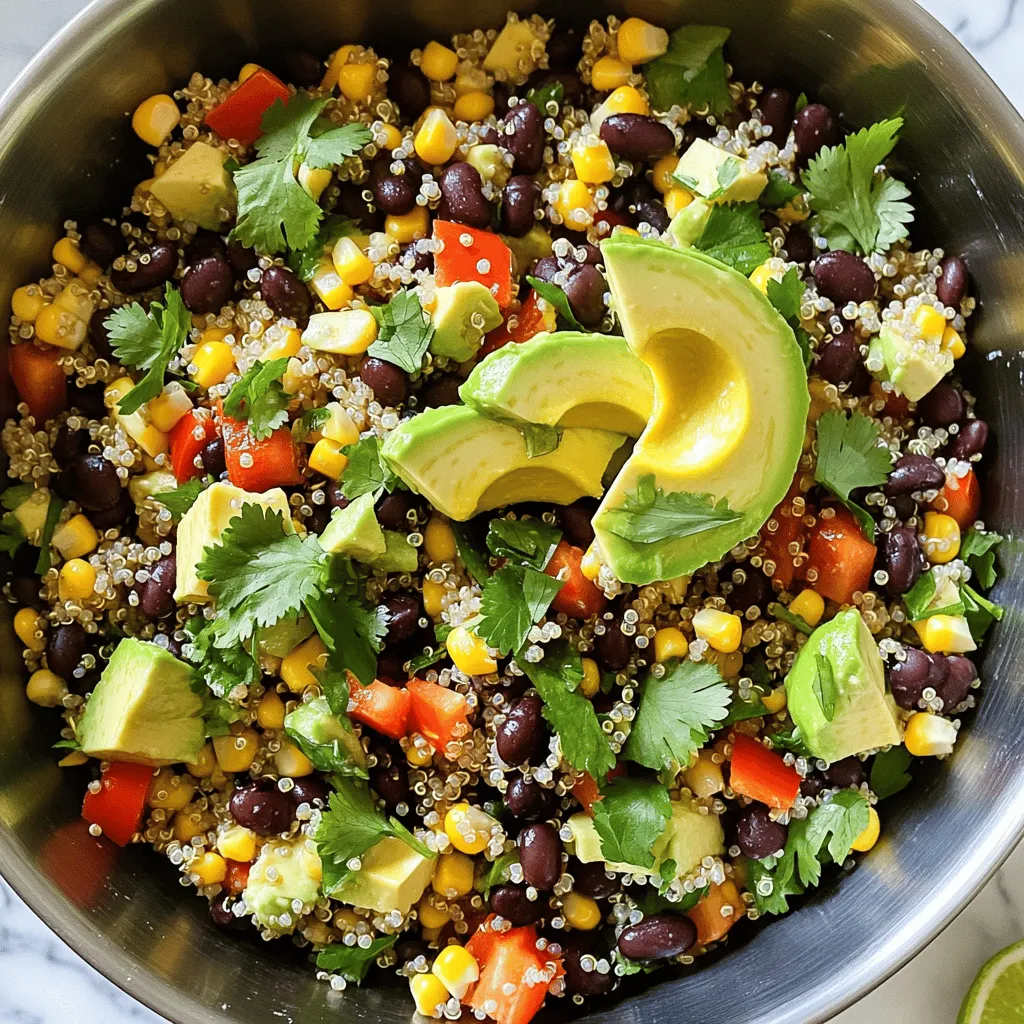 Für den Zesty Quinoa Black Bean Salad brauchst du frische und gesunde Zutaten. Hier sind die Hauptzutaten: - 1 Tasse Quinoa, gründlich gespült - 2 Tassen Gemüsebrühe - 1 Dose (15 oz) schwarze Bohnen, gespült und abgetropft - 1 Tasse Maiskörner (frisch, gefroren oder aus der Dose) - 1 rote Paprika, gewürfelt - ½ rote Zwiebel, fein gehackt - 1 Avocado, gewürfelt - ¼ Tasse frischer Koriander, gehackt Diese Zutaten sorgen für einen bunten und nahrhaften Salat. Die Quinoa bringt Protein, während die Bohnen und das Gemüse viele Vitamine liefern. Kommen wir zu den Gewürzen und Ölen, die den Salat richtig würzen. Du brauchst: - Saft von 2 Limetten - 3 Esslöffel Olivenöl - 1 Teelöffel Kreuzkümmel - ½ Teelöffel Chili-Pulver - Salz und Pfeffer nach Geschmack Diese Kombination bringt einen frischen und lebendigen Geschmack. Der Limettensaft und das Olivenöl geben dem Salat eine schöne Säure und Fülle. Falls du einige Zutaten nicht hast, gibt es gute Alternativen. Hier sind ein paar Vorschläge: - Statt Quinoa kannst du auch Bulgur oder Couscous verwenden. - Für die schwarzen Bohnen kannst du Kidneybohnen oder Kichererbsen nehmen. - Anstelle von Avocado, füge gewürfelte Gurke hinzu. - Wenn du keinen frischen Koriander magst, benutze Petersilie. Diese Substitutionen passen gut und halten den Salat frisch und lecker. Probiere sie aus, um deinen perfekten Zesty Quinoa Black Bean Salad zu finden. Zuerst nehmen wir eine Tasse Quinoa und spülen sie gründlich. Das ist wichtig, um Bitterstoffe zu entfernen. Dann gebe ich die gespülte Quinoa in einen mittelgroßen Kochtopf. Dazu kommt zwei Tassen Gemüsebrühe. Ich bringe die Mischung bei mittelhoher Hitze zum Kochen. Wenn es kocht, reduziere ich die Hitze und decke den Topf ab. Nach 15 Minuten ist die Quinoa fluffig und gar. Ich mache die Hitze aus und lasse sie fünf Minuten abgedeckt ruhen. Dann lockere ich die Quinoa mit einer Gabel auf und lasse sie abkühlen. Jetzt nehme ich eine große Rührschüssel. Ich gebe die schwarzen Bohnen, den Mais, die gewürfelte rote Paprika, die fein gehackte rote Zwiebel und den gehackten Koriander hinein. Das sieht schon bunt und einladend aus! In einer kleinen Schüssel vermenge ich den Limettensaft, das Olivenöl, den Kreuzkümmel, das Chili-Pulver, Salz und Pfeffer. Das wird unser leckeres Dressing. Ich gieße das Dressing über die Gemüse-Mischung und vermenge alles vorsichtig. Die abgekühlte Quinoa kommt jetzt zu unserer bunten Mischung. Ich mische alles vorsichtig, damit die Zutaten gut verteilt sind. Kurz vor dem Servieren gebe ich die gewürfelte Avocado dazu. Das verhindert, dass sie matschig wird. Jetzt ist der Salat fast fertig! Ich schmecke ihn ab und füge nach Belieben mehr Salz, Pfeffer oder Limettensaft hinzu. Für die Präsentation serviere ich den Salat in einer großen Schüssel, garniert mit frischem Koriander und Limettenschnitzen. So sieht er einfach toll aus! Wenn du mehr Details möchtest, findest du das im Full Recipe. Um die beste Quinoa-Konsistenz zu erreichen, spüle sie gründlich. Dies entfernt Bitterstoffe. Koche die Quinoa in Gemüsebrühe statt Wasser. So bekommt sie mehr Geschmack. Achte darauf, das Wasser im Verhältnis 1:2 zu verwenden. Das bedeutet, für 1 Tasse Quinoa brauchst du 2 Tassen Brühe. Koche die Mischung und reduziere dann die Hitze. Lasse sie abgedeckt 15 Minuten köcheln. Nach dem Garen lass die Quinoa 5 Minuten ruhen. Lockere sie vorsichtig mit einer Gabel auf. Um den Geschmack zu verstärken, füge frischen Limettensaft hinzu. Der Saft bringt Frische und Schärfe. Experimentiere mit Gewürzen wie Kreuzkümmel und Chili-Pulver. Diese verleihen dem Salat mehr Tiefe. Du kannst auch geröstete Gewürze verwenden. Sie geben ein nussiges Aroma. Frische Kräuter sind ebenfalls wichtig. Koriander sorgt für eine lebendige Note. Für einen zusätzlichen Kick kannst du etwas Jalapeño hinzufügen. Bereite den Salat einige Stunden im Voraus zu. So können sich die Aromen gut vermischen. Serviere ihn in einer großen Schüssel. Das sieht toll aus und ist praktisch. Garniere den Salat mit frischem Koriander und Limettenschnitzen. Das macht ihn optisch noch ansprechender. Wenn du Reste hast, bewahre sie in einem luftdichten Behälter auf. So bleibt der Salat frisch. Für die vollständige Anleitung und alle Zutaten, schaue dir das Full Recipe an. {{image_4}} Dieser Zesty Quinoa Black Bean Salad ist perfekt für Vegetarier und Veganer. Alle Zutaten sind pflanzlich und nahrhaft. Du kannst den Salat auch leicht aufpeppen, indem du mehr Gemüse hinzufügst, wie zum Beispiel Gurken oder Karotten. Diese Zutaten bringen noch mehr Frische und Farbe in den Salat. Um den Salat noch interessanter zu machen, kannst du verschiedene Zutaten hinzufügen. Hier sind einige Ideen: - Feta-Käse für einen cremigen Geschmack - Cherrytomaten für mehr Süße - Jalapeños für einen scharfen Kick - Nüsse oder Samen für extra Crunch Diese Ergänzungen machen deinen Salat aufregender und nahrhafter. Nutze die saisonalen Zutaten, um den Salat zu variieren. Im Sommer sind frische Tomaten und Gurken ideal. Im Herbst kannst du Kürbis oder süße Kartoffeln verwenden. Diese Anpassungen machen den Salat nicht nur lecker, sondern auch aufregend und frisch. Saisonale Zutaten fördern die Nachhaltigkeit und unterstützen lokale Bauern. Für die vollständige Anleitung schau dir das Rezept für den Zesty Quinoa Black Bean Salad an. Um den Zesty Quinoa Black Bean Salad frisch zu halten, benutze einen luftdichten Behälter. Achte darauf, dass der Salat gut abgekühlt ist, bevor du ihn einpackst. So bleibt der Geschmack erhalten und die Zutaten bleiben knackig. Du kannst auch separate Behälter für das Dressing und den Salat verwenden. Dies verhindert, dass der Salat matschig wird. Im Kühlschrank hält sich der Salat bis zu drei Tage. Nach dieser Zeit kann die Quinoa weich werden und die Aromen können sich verändern. Überprüfe den Salat vor dem Essen auf Geruch oder Aussehen. Wenn er komisch riecht oder anders aussieht, wirf ihn weg. Du kannst Reste des Salats einfrieren, aber beachte, dass die Textur der Avocado leidet. Am besten frierst du die Quinoa und Bohnen-Mischung ohne die Avocado ein. Fülle den Salat in einen gefrierfesten Behälter und lasse etwas Platz für die Ausdehnung. So bleibt der Geschmack erhalten, und du kannst ihn später auftauen und genießen. Der Zesty Quinoa Black Bean Salad bleibt frisch für 3 bis 5 Tage im Kühlschrank. Bewahre ihn in einem luftdichten Behälter auf. So bleibt der Salat knackig und lecker. Achte darauf, die Avocado erst kurz vor dem Servieren hinzuzufügen. Sie wird sonst schnell braun und matschig. Ja, du kannst das Rezept im Voraus zubereiten. Koche die Quinoa und bereite das Dressing einige Stunden vor dem Servieren zu. Mische die anderen Zutaten und das Dressing erst kurz vor dem Servieren. So bleibt der Salat frisch und die Aromen sind optimal. Der Zesty Quinoa Black Bean Salad passt gut zu vielen Beilagen. Hier sind einige Ideen: - Gegrilltes Hähnchen oder Fisch - Tortilla-Chips mit Salsa - Gegrilltes Gemüse - Ein frischer grüner Salat - Tacos oder Burritos Diese Kombinationen machen dein Essen noch besser und vielfältiger. Probiere sie aus! Der Zesty Quinoa Black Bean Salad ist einfach und lecker. Er besteht aus frischen Zutaten und würzigen Aromen. Du kannst ihn nach deinem Geschmack anpassen oder sogar einschränkende Zutaten ersetzen. Beachte die Tipps, um die Quinoa perfekt zuzubereiten. Die Lagerung ist einfach, und du kannst Reste einfrieren. Mit den Antworten auf häufige Fragen bist du gut vorbereitet. Probier es aus; ich bin sicher, du wirst ihn lieben!