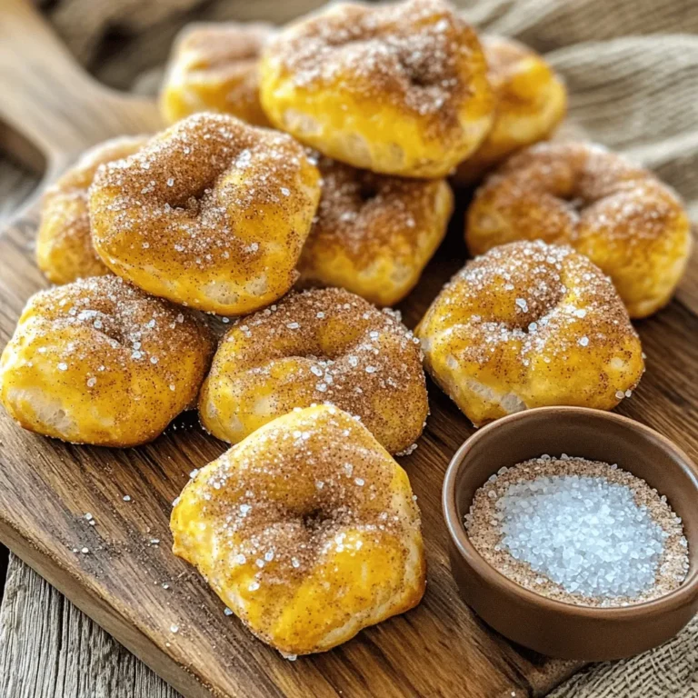 Für die Zimt-Zucker Brezel-Bissen benötigst du einige einfache Zutaten. Hier sind die Hauptzutaten: - 350 ml warmes Wasser (43-46°C) - 1 Päckchen (2 ¼ Teelöffel) aktive Trockenhefe - 1 Esslöffel Kristallzucker - 500 g Weizenmehl (Type 550) - 1 Teelöffel Salz - 80 g Natron - 60 g ungesalzene Butter, geschmolzen Diese Zutaten sind leicht zu finden und machen die Brezel-Bissen lecker und fluffig. Der Teig ist das Herzstück der Brezel-Bissen. Hier sind die Zutaten für den Teig: - 350 ml warmes Wasser - 1 Päckchen aktive Trockenhefe - 1 Esslöffel Kristallzucker - 500 g Weizenmehl - 1 Teelöffel Salz Die Hefe sorgt dafür, dass der Teig schön aufgeht. Das Mehl gibt dem Teig Struktur und Geschmack. Die Zimt-Zucker-Mischung bringt den besonderen Geschmack. Du brauchst: - 100 g Kristallzucker - 2 Teelöffel gemahlener Zimt - Flaky Meersalz (zum Bestreuen) Diese Mischung gibt den Brezel-Bissen eine süße und würzige Note. Experimentiere gerne mit dem Zimtanteil, um den perfekten Geschmack zu finden. Wenn du mehr Details möchtest, schau dir das vollständige Rezept an. Zuerst brauchst du eine große Rührschüssel. Du mischst darin 350 ml warmes Wasser mit 2 ¼ Teelöffeln aktiver Trockenhefe und einem Esslöffel Kristallzucker. Lass die Mischung für 5 bis 10 Minuten stehen. Sie wird schaumig und zeigt dir, dass die Hefe aktiv ist. Dies ist ein wichtiger Schritt für luftige Brezel-Bissen. Jetzt fügst du 500 g Weizenmehl und 1 Teelöffel Salz hinzu. Rühre gut um, bis sich ein Teig bildet. Knete den Teig für 5 Minuten auf einer bemehlten Fläche. Der Teig sollte glatt und elastisch sein. Lege ihn dann in eine gefettete Schüssel. Decke die Schüssel mit einem feuchten Tuch ab. Lass den Teig an einem warmen Ort für eine Stunde gehen. Er sollte jetzt doppelt so groß sein. Heize den Ofen auf 220°C vor und lege ein Backblech mit Backpapier aus. In einem großen Topf bringe 2,5 Liter Wasser mit 80 g Natron zum Kochen. Drücke den gegangenen Teig zusammen und zupfe kleine Stücke ab. Rolle sie zu 2,5 cm großen Bällchen. Wenn das Wasser kocht, gib die Bällchen vorsichtig hinein. Koche sie in Portionen für 30 Sekunden. Nimm sie mit einem Schaumlöffel heraus und lege sie auf das Backblech. Bestreiche die Bissen mit geschmolzener Butter. Mische 100 g Kristallzucker mit 2 Teelöffeln Zimt und streue die Mischung großzügig darüber. Backe die Bissen 12 bis 15 Minuten, bis sie goldbraun sind. Bestreue sie sofort mit flächigem Meersalz. Jetzt kannst du die köstlichen Zimt-Zucker Brezel-Bissen genießen. Das ist das [Full Recipe]. Um den Teig gut zu kneten, nutzen Sie eine bemehlte Fläche. Kneten Sie den Teig für etwa 5 Minuten. Er sollte glatt und elastisch werden. Wenn der Teig klebt, fügen Sie ein wenig mehr Mehl hinzu. Ein gut gekneteter Teig sorgt für tolle Brezel-Bissen. Die Zimt-Zucker-Bestreuung ist sehr wichtig für den Geschmack. Sie können die Mischung anpassen. Fügen Sie für eine besondere Note einige Nüsse oder Vanille hinzu. Wenn Sie es schokoladig mögen, probieren Sie Kakaopulver. Experimentieren Sie mit Ihrer Lieblingszuckerart. Ein häufiger Fehler ist, den Teig nicht lange genug gehen zu lassen. Die Hefe braucht Zeit, um zu arbeiten. Achten Sie darauf, dass das Wasser nicht zu heiß ist, sonst stirbt die Hefe. Überprüfen Sie auch die Temperatur des Ofens. Ein vorgeheizter Ofen sorgt für eine goldene Kruste. Wenn Sie diese Tipps befolgen, gelingen die Brezel-Bissen sicher. {{image_4}} Eine großartige Art, Zimt-Zucker Brezel-Bissen zu genießen, ist mit einem Dip. Schokolade ist immer ein Hit. Du kannst Schokoladensauce schmelzen und die Bissen darin eintunken. Karamell ist eine andere süße Option. Einfach Karamellsauce erwärmen und bereitstellen. Beide Dips machen die Bissen noch köstlicher. Experimentiere mit verschiedenen Schokoladensorten, wie Zartbitter oder Vollmilch. Wenn du etwas Herzhaftes suchst, probiere gefüllte Brezel-Bissen. Du kannst Käse, Schinken oder sogar etwas Gemüse verwenden. Nimm ein kleines Stück Teig und forme es um die Füllung. Achte darauf, die Ränder gut zu verschließen. So bleibt die Füllung während des Kochens drin. Diese herzhaften Bissen sind perfekt für einen Snack oder als Vorspeise. Für eine glutenfreie Version der Zimt-Zucker Brezel-Bissen, benutze glutenfreies Mehl. Viele Marken bieten gute Alternativen an. Achte darauf, dass das Mehl für Brot geeignet ist. Der Rest des Rezepts bleibt gleich. Du kannst auch glutenfreie Hefe verwenden. So kannst du die gleichen leckeren Bissen genießen, ohne Gluten. Lass dich von diesen Variationen inspirieren und finde deinen Favoriten. Die Möglichkeiten sind endlos! Für das vollständige Rezept, klicke auf den Link. Um die Zimt-Zucker Brezel-Bissen frisch zu halten, lege sie in einen luftdichten Behälter. So bleiben sie weich und lecker. Du kannst sie bei Raumtemperatur lagern, aber achte darauf, dass sie nicht zu warm sind. Die Brezel-Bissen bleiben so für etwa 2-3 Tage frisch. Wenn du viele Brezel-Bissen gemacht hast, friere einige ein. Lass sie vollständig abkühlen und lege sie in einen Gefrierbeutel. Drücke die Luft heraus, bevor du den Beutel schließt. So bleiben die Bissen bis zu einem Monat frisch. Ideal für schnelle Snacks! Um die gefrorenen Brezel-Bissen zu genießen, hole sie aus dem Gefrierfach. Lasse sie zuerst im Kühlschrank auftauen. Danach kannst du sie im Ofen bei 180°C für etwa 5-10 Minuten aufwärmen. So werden sie wieder warm und knusprig. Du kannst auch die Mikrowelle verwenden, aber dann werden sie nicht so knusprig. Zimt-Zucker Brezel-Bissen bleiben frisch für etwa 2-3 Tage. Lagern Sie sie in einem luftdichten Behälter. So bleibt der Geschmack erhalten. Wenn Sie sie länger aufbewahren, frieren Sie sie ein. So bleiben sie für Monate haltbar. Ja, Sie können die Brezel-Bissen im Voraus zubereiten. Bereiten Sie den Teig vor und lassen Sie ihn gehen. Formen Sie die Bissen und kochen Sie sie dann. Lassen Sie sie abkühlen und lagern Sie sie im Kühlschrank. Vor dem Servieren einfach aufwärmen. Die Zutaten für Zimt-Zucker Brezel-Bissen finden Sie in jedem Supermarkt. Suchen Sie nach frischer Hefe, Mehl und Zimt. Auch im Online-Shop finden Sie alles, was Sie brauchen. Achten Sie auf gute Qualität, besonders bei den Gewürzen. Zimt-Zucker Brezel-Bissen sind einfach und lecker. Du hast die Hauptzutaten, den Teig und die Zimt-Zucker-Mischung kennengelernt. Die Schritt-für-Schritt-Anleitung hilft dir beim Zubereiten. Nutze Tipps, um Fehler zu vermeiden und den Teig perfekt zu machen. Variationen bringen neuen Geschmack. Halte die Brezel-Bissen frisch, indem du sie richtig lagerst. Beantworte häufige Fragen für mehr Klarheit. Viel Spaß beim Ausprobieren und Genießen deiner selbstgemachten Brezel-Bissen!