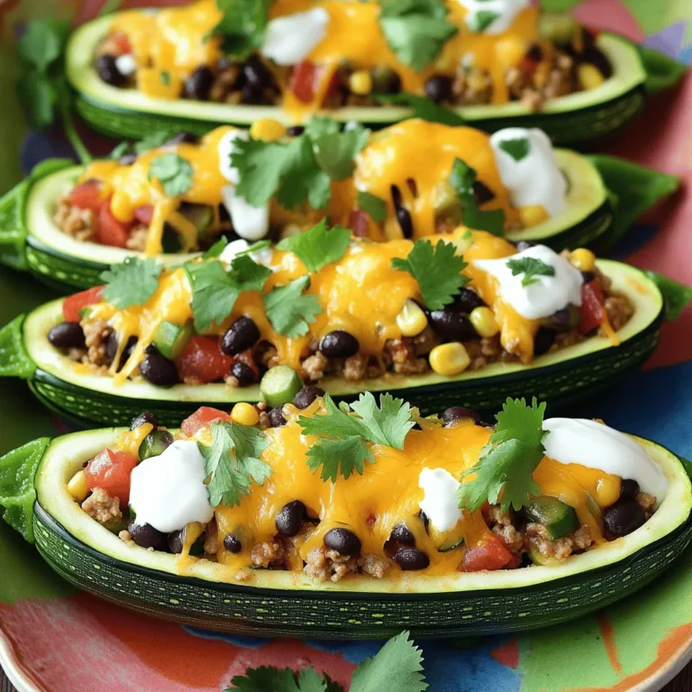 - 4 mittelgroße Zucchini - 450 g gemahlenes Puten- oder Rindfleisch - 1 kleine Zwiebel, gewürfelt - 2 Knoblauchzehen, gehackt - 1 Päckchen Taco-Gewürzmischung - 240 g schwarze Bohnen - 240 g geriebener Cheddar-Käse - Frischer Koriander zur Garnitur - Sauerrahm zum Servieren (optional) In diesem Rezept für Taco gefüllte Zucchini-Boote nutze ich frische und einfache Zutaten. Die Zucchini sind leicht und gesund. Sie bieten eine perfekte Basis für die herzhafte Füllung. Ich empfehle, frisches Gemüse zu wählen. So schmecken die Zucchini-Boote noch besser. Für die Füllung verwende ich gemahlenes Puten- oder Rindfleisch. Das Fleisch gibt Geschmack und Protein. Die Zwiebel und der Knoblauch sorgen für ein tolles Aroma. Taco-Gewürzmischung bringt den klassischen Tex-Mex-Geschmack. Die schwarzen Bohnen fügen eine weitere Geschmacksdimension hinzu. Für das Topping empfehle ich geriebenen Cheddar-Käse. Er schmilzt schön und gibt einen leckeren Biss. Frischer Koriander macht das Gericht frisch und bunt. Sauerrahm passt gut dazu. Er gibt eine cremige Note. Mit diesen Zutaten kannst du die Taco gefüllten Zucchini-Boote ganz einfach zubereiten. Schau dir das Full Recipe an, um die genauen Schritte zu sehen. Zuerst nehme ich die Zucchini und schneide sie der Länge nach in zwei Hälften. Dann hole ich mit einem Löffel die Kerne heraus. So entstehen die Boote. Ich streue etwas Salz in die Zucchini-Boote und lasse sie einige Minuten stehen. Das Salz hilft, das Wasser abzuziehen. In einer großen Pfanne erhitze ich das Olivenöl bei mittlerer Hitze. Ich füge die gewürfelte Zwiebel hinzu und brate sie an. Nach etwa drei bis vier Minuten wird sie glasig. Dann kommen die gehackten Knoblauchzehen dazu. Ich brate alles zusammen für eine weitere Minute. Jetzt gebe ich das gemahlene Puten- oder Rindfleisch in die Pfanne. Es sollte braun sein, also lasse ich es etwa fünf bis sieben Minuten braten. Überschüssiges Fett gieße ich ab. Dann rühre ich die Taco-Gewürzmischung, schwarze Bohnen, Mais und gewürfelte Tomaten ein. Ich lasse die Mischung fünf Minuten köcheln und schmecke sie mit Salz und Pfeffer ab. Jetzt ist es Zeit, die Zucchini-Boote zu füllen. Ich gebe die Fleischmischung großzügig in jede Zucchini. Dann lege ich die gefüllten Zucchini in eine Auflaufform. Ich bestreue jede mit geriebenem Cheddar-Käse. Danach decke ich die Auflaufform mit Alufolie ab. Im vorgeheizten Ofen backe ich die Zucchini-Boote für 20 Minuten. Dann nehme ich die Folie ab und backe sie für weitere 10 bis 15 Minuten. Die Zucchini sollten zart sein und der Käse goldbraun und sprudelnd. Nach dem Backen lasse ich sie einige Minuten abkühlen. Vor dem Servieren garniere ich sie mit frischem Koriander. Für das vollständige Rezept, siehe [Full Recipe]. - Auswahl der Zucchini: Wählen Sie feste, glatte Zucchini ohne Flecken. Größere Zucchini sind einfacher zu füllen. - Vermeidung von Wasserüberschuss: Streuen Sie Salz in die ausgehöhlten Zucchini. Lassen Sie sie einige Minuten stehen. So ziehen sie überschüssiges Wasser ab. - Verwendung von Pflanzenfleisch oder Tofu: Wenn Sie eine vegetarische Option wünschen, verwenden Sie pflanzliches Hack oder Tofu. Diese Optionen sind lecker und gesund. - Weitere Gemüsesorten hinzufügen: Fügen Sie Paprika, Zwiebeln oder Mais hinzu. Diese Gemüsesorten machen die Füllung bunter und schmackhafter. - Beilagen und Saucen: Servieren Sie die Zucchini-Boote mit einer frischen Salsa oder Guacamole. Diese Saucen bringen zusätzlichen Geschmack. - Präsentationstipps: Stellen Sie die Zucchini-Boote auf eine große, bunte Platte. Träufeln Sie etwas Sauerrahm darüber und streuen Sie frischen Koriander für mehr Farbe. Für mehr Details schauen Sie sich das [Full Recipe] an. {{image_4}} Für einen würzigen Kick können Sie andere Gewürze verwenden. Ersetzen Sie die Taco-Gewürzmischung durch eine Mischung aus Kreuzkümmel, Paprika und Chili-Pulver. Diese Kombination bringt mehr Tiefe in den Geschmack. Sie können auch frische Avocado oder Salsa hinzufügen. Diese Zutaten sorgen für mehr Frische und Textur. Die Avocado passt perfekt zur Füllung und gibt einen cremigen Kontrast. Wenn Sie eine vegetarische Variante möchten, nutzen Sie schwarze Bohnen als Hauptzutat. Diese Bohnen sind reich an Proteinen und geben einen herzhaften Geschmack. Sie können auch Quinoa verwenden, um die Füllung zu erweitern. Quinoa bringt eine nussige Note und ist sehr gesund. Fügen Sie zusätzlich Gemüse wie Paprika oder Zwiebeln hinzu. Das sorgt für mehr Farbe und Nährstoffe. Für eine kalorienreduzierte Version wählen Sie mageres Fleisch oder ganz auf Fleisch verzichten. Nutzen Sie fettreduzierte Käsealternativen, um die Kalorien zu senken. Sie können auch Low-Carb Anpassungen vornehmen. Statt Zucchini können Sie Auberginen verwenden. Diese sind ebenfalls lecker und passen gut zur Füllung. So bleibt das Gericht leicht und gesund. Für das vollständige Rezept besuchen Sie die [Full Recipe]. Bewahren Sie die Taco gefüllten Zucchini-Boote in einem luftdichten Behälter auf. So bleiben sie frisch. Lassen Sie die Zucchini-Boote zuerst auf Raumtemperatur abkühlen. Das hilft, Feuchtigkeit zu vermeiden. Im Kühlschrank sind die Reste bis zu drei Tage haltbar. Wenn Sie die Zucchini-Boote länger aufbewahren möchten, sollten Sie das Einfrieren in Betracht ziehen. Bereiten Sie die Zucchini-Boote für das Einfrieren vor, indem Sie sie vollständig abkühlen lassen. Wickeln Sie jede Zucchini in Frischhaltefolie. Legen Sie sie dann in einen Gefrierbeutel oder einen luftdichten Behälter. So schützen Sie sie vor Gefrierbrand. Zum Auftauen nehmen Sie die Zucchini-Boote aus dem Gefrierfach und lassen sie über Nacht im Kühlschrank auftauen. Zum Aufwärmen legen Sie sie auf ein Backblech. Erhitzen Sie sie bei 180 °C (350 °F) für etwa 20 Minuten. Verwenden Sie übrig gebliebene Füllung für andere Gerichte. Sie können sie in Burritos, Tacos oder sogar als Füllung für Omeletts nutzen. Experimentieren Sie mit verschiedenen Rezepten, um Abwechslung zu schaffen. Hier sind einige Ideen für die Verwendung von übrig gebliebener Füllung: - Mischen Sie sie in einer Bowl mit Reis und Gemüse. - Fügen Sie sie zu einer Suppe hinzu für zusätzlichen Geschmack. - Verwenden Sie sie als Pizza-Topping auf einem Fladenbrot. Entdecken Sie die Möglichkeiten mit den Resten! Die Zubereitung von Taco gefüllten Zucchini-Boote dauert insgesamt etwa 50 Minuten. Die Vorbereitungszeit beträgt nur 15 Minuten. In dieser Zeit schneiden Sie die Zucchini und bereiten die Füllung vor. Die Kochzeit im Ofen ist etwa 30 Minuten. Zuerst backen Sie die Zucchini mit Folie für 20 Minuten. Danach entfernen Sie die Folie und backen sie für weitere 10-15 Minuten. So erhalten Sie zarte Zucchini und geschmolzenen Käse. Ja, Sie können die Füllung im Voraus zubereiten. Das ist eine großartige Idee, wenn Sie Zeit sparen möchten. Bereiten Sie die Füllung einfach bis zum Schritt mit dem Füllen der Zucchini vor. Kühl die Füllung dann in einem Behälter. Sie kann bis zu drei Tage im Kühlschrank aufbewahrt werden. Wenn Sie bereit sind, füllen Sie die Zucchini und backen Sie sie. So haben Sie ein schnelles Abendessen! Für eine vegetarische Version können Sie verschiedene Zutaten verwenden. Statt Fleisch können Sie gekochte schwarze Bohnen oder Linsen nehmen. Quinoa ist auch eine gute Wahl und macht die Füllung nahrhaft. Fügen Sie zusätzliches Gemüse wie Paprika oder Mais hinzu. So erhalten Sie einen leckeren, fleischfreien Genuss. Es gibt viele Möglichkeiten, kreativ zu sein! Zusammengefasst haben wir die Zubereitung von Taco gefüllten Zucchini-Boote besprochen. Wir begannen mit den Hauptzutaten und möglichen Variationen. Dann fiel unser Blick auf die Zubereitung und nützliche Tipps zur perfekten Zucchini. Abschließend habe ich auch erklärt, wie du Reste aufbewahren oder verwerten kannst. Diese einfache und leckere Mahlzeit bietet viele Anpassungen. Experimentiere mit verschiedenen Füllungen und Toppings, um dein perfektes Gericht zu finden.