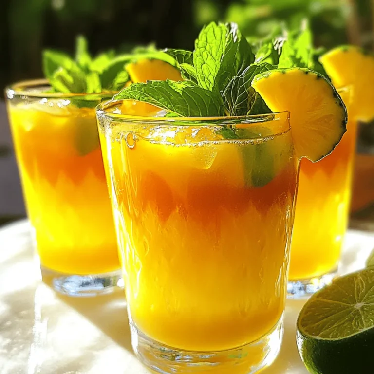 - 2 reife Mango, gewürfelt - 1 Tasse frische Ananasstücke - 4 Tassen Wasser - 4 Beutel grüner Tee - 2 Esslöffel Honig (oder nach Geschmack) - Saft von 1 Limette - Frische Minzblätter zur Garnitur - Eiswürfel In dieser Mischung bringe ich tropische Aromen zusammen. Die süßen Mangos und die saftigen Ananas machen den Tee frisch. Verwende reife Früchte für den besten Geschmack. Die Hauptzutaten sind einfach zu finden. Du kannst sie im Supermarkt kaufen. Für die zusätzlichen Zutaten brauchst du grünen Tee. Honig gibt der Mischung eine süße Note. Limettensaft bringt etwas Säure. Die Garnierung mit Minze und Eis macht das Getränk noch erfrischender. Du kannst das Getränk auch ohne Garnierung genießen, aber die Minzblätter sehen toll aus. Wenn du die Zutaten bereit hast, kannst du mit dem Rezept beginnen. Du wirst sehen, wie einfach es ist, Mango Pineapple Green Tea zu machen. Es ist perfekt für heiße Tage oder als Erfrischung. Hol dir die Zutaten und lass uns loslegen! 1. Beginne, indem du 4 Tassen Wasser in einem mittelgroßen Topf zum Kochen bringst. 2. Wenn das Wasser kocht, nimm den Topf vom Herd. 3. Füge die grünen Teebeutel hinzu und lass den Tee 5 Minuten ziehen. 4. Nach 5 Minuten entferne die Teebeutel. Der Tee sollte nun stark und aromatisch sein. 1. Nimm einen Mixer und gib die gewürfelten Mango und die frischen Ananasstücke hinein. 2. Füge den Saft von 1 Limette hinzu. 3. Mixe die Zutaten, bis eine glatte Mischung entsteht. 4. Seihe die Mischung durch ein feines Sieb, um den Saft zu gewinnen. 5. Der Trester kann für Smoothies aufbewahrt oder entsorgt werden. 1. Rühre 2 Esslöffel Honig in den warmen Tee ein. 2. Mische den gesüßten Tee mit dem abgeseihten Fruchtsaft in einem Krug. 3. Stelle die Mischung für mindestens 1 Stunde in den Kühlschrank, damit sie gut kühlt. 4. Serviere den Tee über Eiswürfeln in Gläsern. 5. Garniere mit frischen Minzblättern für einen schönen Look. Für das vollständige Rezept, schaue dir den Full Recipe an. Du kannst die Süße deines Tees leicht anpassen. Fange mit zwei Esslöffeln Honig an. Probiere den Tee und entscheide, ob du mehr brauchst. Wenn du einen anderen Geschmack willst, probiere Agavendicksaft. Dieser hat einen milden Geschmack und löst sich gut auf. Um den Geschmack zu intensivieren, füge frische Minzblätter während der Ziehzeit hinzu. Die Minze gibt ein frisches Aroma ab. Du kannst auch mit anderen Fruchtsäften experimentieren. Mango und Ananas sind toll, aber versuche auch Orange oder Grapefruit. Diese Säfte bringen neue Aromen. Die Präsentation macht viel aus. Serviere deinen Tee in verschiedenen Gläsern. Schöne Gläser machen das Trinken besonders. Füge Fruchtscheiben zur Dekoration hinzu. Eine Scheibe Mango oder Ananas sieht toll aus und gibt einen zusätzlichen Geschmack. Wenn du alles hübsch anrichtest, macht das Trinken mehr Spaß. {{image_4}} Mango Pineapple Green Tea kann noch besser werden. Eine tropische Version verwöhnt deine Sinne. Füge etwas Kokoswasser hinzu. Es bringt einen süßen, cremigen Geschmack. Du kannst auch andere tropische Früchte verwenden. Papaya passt toll dazu. Sie hat eine weiche Textur und einen feinen Geschmack. Diese Kombination macht den Tee noch frischer. Wenn du es kühl magst, probiere Eistee-Variationen. Mache den Tee kalt, indem du Limonade hinzufügst. Das gibt dem Getränk eine spritzige Note. Du kannst auch sprudelndes Wasser verwenden. Es bringt einen tollen Erfrischungsfaktor. Diese Eistee-Variationen sind perfekt für heiße Tage. Mango Pineapple Green Tea eignet sich auch als alkoholfreier Cocktail. Füge sprudelndes Wasser hinzu, um eine spritzige Note zu erhalten. Es ist leicht und lecker. Wenn du es etwas kräftiger magst, serviere es mit Tequila. So hast du eine tolle Cocktail-Option. Diese Varianten sind perfekt für Partys oder entspannte Abende. Du kannst Mango Pineapple Green Tea in einem luftdichten Behälter aufbewahren. So bleibt er frisch und lecker für bis zu 3 Tage. Vor dem Servieren empfehle ich, den Tee kurz zu schütteln oder umzurühren. Das bringt den Geschmack zurück. Falls du Reste hast, kannst du die Mischung einfach einfrieren. Fülle sie in einen gefrierfesten Behälter. So kannst du später einen kühlen Genuss haben. Zum Auftauen stelle die Portionen einfach in den Kühlschrank. Gefrorene Portionen sind auch toll für Smoothies oder als Eistee-Basis. Der Trester der Mango und Ananas ist nicht wegzuwerfen. Du kannst ihn in Smoothies nutzen, um einen fruchtigen Kick zu geben. Außerdem eignet sich der Trester gut für Marmelade oder Fruchtsauce. So verschwendest du nichts und machst das Beste aus deinen Zutaten. Du kannst die Süße nach deinem Geschmack anpassen. Die einfachste Methode ist, mehr Honig hinzuzufügen. Du kannst auch andere Süßungsmittel wie Agavendicksaft verwenden. Beginne mit einem Esslöffel mehr und probiere es aus. Wenn du es noch süßer magst, füge einen weiteren Esslöffel hinzu. Ja, du kannst die Menge leicht erhöhen. Verdopple einfach alle Zutaten. Wenn du nur einen Teil machen möchtest, kannst du die Menge halbieren. Achte darauf, das Verhältnis der Zutaten gleich zu halten. So bleibt der Geschmack gut. Mango Pineapple Green Tea enthält Koffein, da grüner Tee verwendet wird. Der Koffeingehalt ist jedoch geringer als bei schwarzem Tee oder Kaffee. Wenn du nach einer koffeinfreien Option suchst, probiere Rooibos-Tee. Er hat einen ähnlichen Geschmack und ist ganz ohne Koffein. Du kannst Mango Pineapple Green Tea in vielen Online-Shops finden. Auch lokale Geschäfte haben oft die Zutaten. Achte auf frische Mango und Ananas. Große Supermärkte oder Bio-Läden sind gute Anlaufstellen. Der Tee hält sich im Kühlschrank bis zu drei Tage. Bewahre ihn in einem luftdichten Behälter auf. So bleibt er frisch und lecker. Vor dem Servieren kannst du ihn kurz umrühren. Dieser Blogbeitrag zeigt, wie man einen erfrischenden Mango-Ananas-Grüntee zubereitet. Wir haben die Hauptzutaten, die Zubereitung und wichtige Tipps behandelt. Das Rezept ist einfach und vielseitig. Du kannst es nach deinem Geschmack anpassen, zum Beispiel mit verschiedenen Früchten oder Süßungsmitteln. Denke daran, den Tee nach dem Kühlen zu servieren oder einzufrieren. Mit ein wenig Kreativität machst du jeden Schluck zum Genuss. Probiere es aus und entdecke deine Lieblingsvariationen!