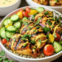 Für die Chicken Shawarma Bowls benötigen Sie einfache, frische Zutaten. Hier ist, was Sie brauchen: - 450 g enthäutete, entbeinte Hähnchenschenkel - 240 ml gekochter Quinoa oder Reis - 1 Tasse gewürfelte Gurke - 1 Tasse Cherrytomaten, halbiert - 1/2 rote Zwiebel, dünn geschnitten - 1 Tasse frische Petersilie, gehackt Diese Zutaten bilden die Basis für eine köstliche und gesunde Mahlzeit. Das Hähnchen ist zart und saftig, während die frischen Gemüse für einen knackigen Biss sorgen. Die Marinade macht das Hähnchen besonders lecker. Hier sind die Gewürze, die Sie verwenden sollten: - 2 Esslöffel Olivenöl - 2 Teelöffel gemahlener Kreuzkümmel - 2 Teelöffel gemahlener Koriander - 1 Teelöffel geräucherter Paprika - 1 Teelöffel Knoblauchpulver - 1 Teelöffel Zwiebelpulver - 1/2 Teelöffel Kurkuma - 1/2 Teelöffel Cayennepfeffer (nach Geschmack anpassen) - Salz und Pfeffer nach Geschmack Diese Gewürze geben dem Hähnchen den typischen Shawarma-Geschmack. Achten Sie darauf, das Hähnchen gut mit der Marinade zu bedecken. Lassen Sie es mindestens 30 Minuten ziehen, besser über Nacht im Kühlschrank. Um die Bowls abzurunden, fügen Sie eine leckere Sauce hinzu. Verwenden Sie: - 120 ml Tahini-Sauce - Saft von 1 Zitrone Die Tahini-Sauce gibt der Bowl einen cremigen Geschmack. Der Zitronensaft sorgt für Frische. Diese Kombination macht die Chicken Shawarma Bowls noch besser. Sie können auch weitere Beilagen wie Avocado oder Feta-Käse hinzufügen, um den Geschmack zu variieren. Für das vollständige Rezept schauen Sie sich das Rezept für einfache Chicken Shawarma Bowls an. Zuerst mischst du das Olivenöl mit den Gewürzen. Nimm Kreuzkümmel, Koriander, geräucherten Paprika, Knoblauchpulver, Zwiebelpulver, Kurkuma, und Cayennepfeffer. Füge Salz und Pfeffer hinzu. Die Hähnchenschenkel kommen dann in die Schüssel. Stelle sicher, dass das Hähnchen gut bedeckt ist. Lass es für mindestens 30 Minuten marinieren. Für mehr Geschmack, lege es über Nacht in den Kühlschrank. Heize deinen Grill oder eine Pfanne auf mittlerer Hitze vor. Lege die marinierten Hähnchenteile hinein. Brate sie 5 bis 7 Minuten auf jeder Seite. Das Hähnchen ist fertig, wenn es goldbraun ist und eine Innentemperatur von 74 °C erreicht. Lass das Hähnchen nach dem Braten ein paar Minuten ruhen. Danach schneide es in Streifen. Wenn du noch keinen Quinoa oder Reis gekocht hast, mache das jetzt. Folge einfach den Anweisungen auf der Packung. Wenn es gar ist, lockere es mit einer Gabel auf. Das gibt der Schüssel eine schöne Textur. Jetzt geht es ans Schalen zusammenstellen! Nimm eine Schüssel und lege eine Schicht Quinoa oder Reis hinein. Füge die Hähnchenstreifen oben drauf. Dann kommen die gewürfelte Gurke, halbierte Cherrytomaten, rote Zwiebel und gehackte Petersilie dazu. Für die Sauce mischst du die Tahini mit frischem Zitronensaft in einer kleinen Schüssel. Rühre gut um, bis alles gut vermischt ist. Diese Sauce gibt der Schüssel einen tollen Geschmack. Sobald alles fertig ist, kannst du die Schalen genießen. Träufle die Tahini-Sauce über die Schalen. Sofort servieren und genießen! Diese Mahlzeit ist nicht nur lecker, sondern auch gesund. Es ist ein einfaches Chicken Shawarma Bowl Rezept, das du immer wieder machen möchtest. Um die Marinade perfekt zu machen, benutze frische Zutaten. Mische Olivenöl mit Gewürzen gut. Lass das Hähnchen mindestens 30 Minuten marinieren. Für mehr Geschmack, marinier es über Nacht. Das macht das Fleisch zart und würzig. Die Garzeit ist wichtig. Brate das Hähnchen 5 bis 7 Minuten auf jeder Seite. Es sollte goldbraun und durchgegart sein. Die Innentemperatur muss 74°C erreichen. Lass das Hähnchen nach dem Braten ruhen. Das hilft, die Säfte zu halten. Das Anrichten ist der Spaß! Nimm eine große Schüssel oder mehrere kleine. Beginne mit einer Schicht Quinoa oder Reis. Füge die Hähnchenstreifen und frisches Gemüse hinzu. Dekoriere mit Tahini-Sauce und frischer Petersilie. Es sieht toll aus und schmeckt fantastisch. Du kannst auch kreative Toppings hinzufügen. So wird jede Schüssel einzigartig und lecker. {{image_4}} Wenn du eine vegetarische Variante magst, ersetze das Hähnchen durch Kichererbsen oder Tofu. Kichererbsen sind eiweißreich und nehmen die Gewürze gut auf. Röste sie einfach im Ofen für einen knusprigen Biss. Tofu kann mariniert und in der Pfanne gebraten werden. So bekommst du leckere und gesunde Bowls. Für glutenfreie Bowls wähle Quinoa oder Reis als Basis. Beide sind von Natur aus glutenfrei. Achte darauf, dass die Tahini-Sauce auch glutenfrei ist. So kannst du sicher sein, dass deine Mahlzeit für alle geeignet ist. Verleihe deinen Shawarma Bowls mehr Geschmack mit zusätzlichen Toppings. Avocado, Oliven oder Feta-Käse sind tolle Optionen. Du kannst auch verschiedene Saucen ausprobieren, wie Joghurt oder eine scharfe Sauce. Diese Toppings machen dein Gericht noch bunter und schmackhafter. Wenn du Reste von deinem Chicken Shawarma Bowl hast, bewahre sie in einem luftdichten Behälter auf. Achte darauf, das Hähnchen und die anderen Zutaten getrennt zu lagern, wenn möglich. So bleiben die Aromen frisch. Du kannst auch die Tahini-Sauce separat aufbewahren, um sie frisch zu halten. Zum Wiederaufwärmen nimm das Hähnchen und die Beilagen aus dem Kühlschrank. Erhitze das Hähnchen in einer Pfanne bei mittlerer Hitze für etwa 5 Minuten. Du kannst auch die Mikrowelle nutzen. Erhitze die Schüssel in 30-Sekunden-Intervallen, bis sie warm ist. Achte darauf, die Zutaten nicht zu überhitzen, damit sie saftig bleiben. Die Reste sind im Kühlschrank bis zu drei Tage haltbar. Stelle sicher, dass der Kühlschrank auf 4°C eingestellt ist. Überprüfe die Reste vor dem Essen. Wenn sie seltsam riechen oder die Farbe ändern, wirf sie weg. So bleibst du gesund und genießt dein leckeres Essen! Ich empfehle, das Hähnchen mindestens 30 Minuten zu marinieren. Dadurch ziehen die Gewürze ein. Um den Geschmack zu intensivieren, lege es über Nacht in den Kühlschrank. So wird das Hähnchen noch zarter und voller Aromen. Ja, du kannst auch Rind oder Lamm verwenden. Die Marinade passt gut zu diesen Fleischsorten. Achte darauf, die Garzeiten anzupassen. Hähnchen braucht weniger Zeit, während Rind und Lamm länger garen müssen. Tahini-Sauce ist meine erste Wahl. Sie ist cremig und nussig. Du kannst auch Joghurt oder Knoblauchsauce verwenden. Diese Saucen ergänzen die Gewürze des Hähnchens perfekt. Experimentiere mit verschiedenen Saucen für deinen eigenen Geschmack. Ja, dieses Rezept ist ideal für Meal Prep. Du kannst die Zutaten im Voraus vorbereiten. Bewahre sie in separaten Behältern auf. So kannst du dir schnell eine gesunde Mahlzeit zusammenstellen. Das Hähnchen und die Beilagen halten sich gut im Kühlschrank. Um die Schalen kinderfreundlich zu machen, verwende milde Gewürze. Du kannst das Cayennepfeffer ganz weglassen. Biete auch zusätzliche Toppings an, wie Käse oder Avocado. So können die Kinder ihre Schalen nach ihrem Geschmack gestalten. Easy Chicken Shawarma Bowls sind schmackhaft und einfach zuzubereiten. Wir haben die Hauptzutaten, Gewürze und Marinaden behandelt. Eine Schritt-für-Schritt-Anleitung hilft beim Marinieren, Braten und Anrichten. Tipps für die perfekte Marinade und Garzeiten sorgen für den besten Geschmack. Die Variationen bieten Optionen für Vegetarier und Glutenfreie. Reste lassen sich gut lagern und wiederaufwärmen. Mit diesen einfachen Anweisungen kannst du heute dein eigenes Shawarma genießen. Mach dich bereit für tolle Geschmackserlebnisse!