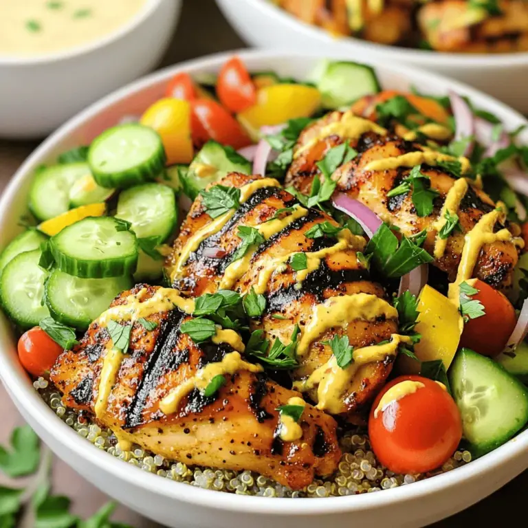Für die Chicken Shawarma Bowls benötigen Sie einfache, frische Zutaten. Hier ist, was Sie brauchen: - 450 g enthäutete, entbeinte Hähnchenschenkel - 240 ml gekochter Quinoa oder Reis - 1 Tasse gewürfelte Gurke - 1 Tasse Cherrytomaten, halbiert - 1/2 rote Zwiebel, dünn geschnitten - 1 Tasse frische Petersilie, gehackt Diese Zutaten bilden die Basis für eine köstliche und gesunde Mahlzeit. Das Hähnchen ist zart und saftig, während die frischen Gemüse für einen knackigen Biss sorgen. Die Marinade macht das Hähnchen besonders lecker. Hier sind die Gewürze, die Sie verwenden sollten: - 2 Esslöffel Olivenöl - 2 Teelöffel gemahlener Kreuzkümmel - 2 Teelöffel gemahlener Koriander - 1 Teelöffel geräucherter Paprika - 1 Teelöffel Knoblauchpulver - 1 Teelöffel Zwiebelpulver - 1/2 Teelöffel Kurkuma - 1/2 Teelöffel Cayennepfeffer (nach Geschmack anpassen) - Salz und Pfeffer nach Geschmack Diese Gewürze geben dem Hähnchen den typischen Shawarma-Geschmack. Achten Sie darauf, das Hähnchen gut mit der Marinade zu bedecken. Lassen Sie es mindestens 30 Minuten ziehen, besser über Nacht im Kühlschrank. Um die Bowls abzurunden, fügen Sie eine leckere Sauce hinzu. Verwenden Sie: - 120 ml Tahini-Sauce - Saft von 1 Zitrone Die Tahini-Sauce gibt der Bowl einen cremigen Geschmack. Der Zitronensaft sorgt für Frische. Diese Kombination macht die Chicken Shawarma Bowls noch besser. Sie können auch weitere Beilagen wie Avocado oder Feta-Käse hinzufügen, um den Geschmack zu variieren. Für das vollständige Rezept schauen Sie sich das Rezept für einfache Chicken Shawarma Bowls an. Zuerst mischst du das Olivenöl mit den Gewürzen. Nimm Kreuzkümmel, Koriander, geräucherten Paprika, Knoblauchpulver, Zwiebelpulver, Kurkuma, und Cayennepfeffer. Füge Salz und Pfeffer hinzu. Die Hähnchenschenkel kommen dann in die Schüssel. Stelle sicher, dass das Hähnchen gut bedeckt ist. Lass es für mindestens 30 Minuten marinieren. Für mehr Geschmack, lege es über Nacht in den Kühlschrank. Heize deinen Grill oder eine Pfanne auf mittlerer Hitze vor. Lege die marinierten Hähnchenteile hinein. Brate sie 5 bis 7 Minuten auf jeder Seite. Das Hähnchen ist fertig, wenn es goldbraun ist und eine Innentemperatur von 74 °C erreicht. Lass das Hähnchen nach dem Braten ein paar Minuten ruhen. Danach schneide es in Streifen. Wenn du noch keinen Quinoa oder Reis gekocht hast, mache das jetzt. Folge einfach den Anweisungen auf der Packung. Wenn es gar ist, lockere es mit einer Gabel auf. Das gibt der Schüssel eine schöne Textur. Jetzt geht es ans Schalen zusammenstellen! Nimm eine Schüssel und lege eine Schicht Quinoa oder Reis hinein. Füge die Hähnchenstreifen oben drauf. Dann kommen die gewürfelte Gurke, halbierte Cherrytomaten, rote Zwiebel und gehackte Petersilie dazu. Für die Sauce mischst du die Tahini mit frischem Zitronensaft in einer kleinen Schüssel. Rühre gut um, bis alles gut vermischt ist. Diese Sauce gibt der Schüssel einen tollen Geschmack. Sobald alles fertig ist, kannst du die Schalen genießen. Träufle die Tahini-Sauce über die Schalen. Sofort servieren und genießen! Diese Mahlzeit ist nicht nur lecker, sondern auch gesund. Es ist ein einfaches Chicken Shawarma Bowl Rezept, das du immer wieder machen möchtest. Um die Marinade perfekt zu machen, benutze frische Zutaten. Mische Olivenöl mit Gewürzen gut. Lass das Hähnchen mindestens 30 Minuten marinieren. Für mehr Geschmack, marinier es über Nacht. Das macht das Fleisch zart und würzig. Die Garzeit ist wichtig. Brate das Hähnchen 5 bis 7 Minuten auf jeder Seite. Es sollte goldbraun und durchgegart sein. Die Innentemperatur muss 74°C erreichen. Lass das Hähnchen nach dem Braten ruhen. Das hilft, die Säfte zu halten. Das Anrichten ist der Spaß! Nimm eine große Schüssel oder mehrere kleine. Beginne mit einer Schicht Quinoa oder Reis. Füge die Hähnchenstreifen und frisches Gemüse hinzu. Dekoriere mit Tahini-Sauce und frischer Petersilie. Es sieht toll aus und schmeckt fantastisch. Du kannst auch kreative Toppings hinzufügen. So wird jede Schüssel einzigartig und lecker. {{image_4}} Wenn du eine vegetarische Variante magst, ersetze das Hähnchen durch Kichererbsen oder Tofu. Kichererbsen sind eiweißreich und nehmen die Gewürze gut auf. Röste sie einfach im Ofen für einen knusprigen Biss. Tofu kann mariniert und in der Pfanne gebraten werden. So bekommst du leckere und gesunde Bowls. Für glutenfreie Bowls wähle Quinoa oder Reis als Basis. Beide sind von Natur aus glutenfrei. Achte darauf, dass die Tahini-Sauce auch glutenfrei ist. So kannst du sicher sein, dass deine Mahlzeit für alle geeignet ist. Verleihe deinen Shawarma Bowls mehr Geschmack mit zusätzlichen Toppings. Avocado, Oliven oder Feta-Käse sind tolle Optionen. Du kannst auch verschiedene Saucen ausprobieren, wie Joghurt oder eine scharfe Sauce. Diese Toppings machen dein Gericht noch bunter und schmackhafter. Wenn du Reste von deinem Chicken Shawarma Bowl hast, bewahre sie in einem luftdichten Behälter auf. Achte darauf, das Hähnchen und die anderen Zutaten getrennt zu lagern, wenn möglich. So bleiben die Aromen frisch. Du kannst auch die Tahini-Sauce separat aufbewahren, um sie frisch zu halten. Zum Wiederaufwärmen nimm das Hähnchen und die Beilagen aus dem Kühlschrank. Erhitze das Hähnchen in einer Pfanne bei mittlerer Hitze für etwa 5 Minuten. Du kannst auch die Mikrowelle nutzen. Erhitze die Schüssel in 30-Sekunden-Intervallen, bis sie warm ist. Achte darauf, die Zutaten nicht zu überhitzen, damit sie saftig bleiben. Die Reste sind im Kühlschrank bis zu drei Tage haltbar. Stelle sicher, dass der Kühlschrank auf 4°C eingestellt ist. Überprüfe die Reste vor dem Essen. Wenn sie seltsam riechen oder die Farbe ändern, wirf sie weg. So bleibst du gesund und genießt dein leckeres Essen! Ich empfehle, das Hähnchen mindestens 30 Minuten zu marinieren. Dadurch ziehen die Gewürze ein. Um den Geschmack zu intensivieren, lege es über Nacht in den Kühlschrank. So wird das Hähnchen noch zarter und voller Aromen. Ja, du kannst auch Rind oder Lamm verwenden. Die Marinade passt gut zu diesen Fleischsorten. Achte darauf, die Garzeiten anzupassen. Hähnchen braucht weniger Zeit, während Rind und Lamm länger garen müssen. Tahini-Sauce ist meine erste Wahl. Sie ist cremig und nussig. Du kannst auch Joghurt oder Knoblauchsauce verwenden. Diese Saucen ergänzen die Gewürze des Hähnchens perfekt. Experimentiere mit verschiedenen Saucen für deinen eigenen Geschmack. Ja, dieses Rezept ist ideal für Meal Prep. Du kannst die Zutaten im Voraus vorbereiten. Bewahre sie in separaten Behältern auf. So kannst du dir schnell eine gesunde Mahlzeit zusammenstellen. Das Hähnchen und die Beilagen halten sich gut im Kühlschrank. Um die Schalen kinderfreundlich zu machen, verwende milde Gewürze. Du kannst das Cayennepfeffer ganz weglassen. Biete auch zusätzliche Toppings an, wie Käse oder Avocado. So können die Kinder ihre Schalen nach ihrem Geschmack gestalten. Easy Chicken Shawarma Bowls sind schmackhaft und einfach zuzubereiten. Wir haben die Hauptzutaten, Gewürze und Marinaden behandelt. Eine Schritt-für-Schritt-Anleitung hilft beim Marinieren, Braten und Anrichten. Tipps für die perfekte Marinade und Garzeiten sorgen für den besten Geschmack. Die Variationen bieten Optionen für Vegetarier und Glutenfreie. Reste lassen sich gut lagern und wiederaufwärmen. Mit diesen einfachen Anweisungen kannst du heute dein eigenes Shawarma genießen. Mach dich bereit für tolle Geschmackserlebnisse!