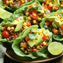 - 450 g gemahlenes Putenfleisch - 1 Esslöffel Olivenöl - 1 kleine Zwiebel, fein gehackt Ich liebe die Hauptzutaten für die Türkei Taco Lettuce Wraps. Das gemahlene Putenfleisch ist mager und voller Geschmack. Es macht die Wraps leicht und gesund. Verwende frisches Olivenöl, um die Zwiebeln zu braten. Das bringt den besten Geschmack hervor. Ich hacke die Zwiebel klein, damit sie schnell weich wird. - 2 Knoblauchzehen, minced - 1 Paprika (jede Farbe), gewürfelt - 1 Teelöffel Chili-Pulver, Kreuzkümmel und Paprika Die Gewürze machen die Wraps besonders lecker. Ich benutze frischen Knoblauch, um einen starken Geschmack zu bekommen. Die Paprika bringt Farbe und Süße in das Gericht. Chili-Pulver, Kreuzkümmel und Paprika geben den Wraps einen tollen Kick. Sie machen das Essen spannend und aufregend. - 1 Avocado, in Scheiben geschnitten - 1 Tasse Kirschtomaten, halbiert - ½ Tasse Mais, frisch oder gefroren Die Toppings sind der Schlüssel zu perfekten Wraps. Avocado gibt eine cremige Textur. Kirschtomaten bringen Frische und knusprige Elemente. Der süße Mais ergänzt die anderen Zutaten gut. Ich liebe es, die Wraps schön anzurichten. So sieht alles appetitlich und einladend aus. Diese Zutaten machen die Türkei Taco Lettuce Wraps zu einer echten Freude. Du findest die gesamte Anleitung in meinem [Full Recipe]. Um die Türkei Taco Lettuce Wraps zu machen, starte mit den Zwiebeln und dem Knoblauch. Erhitze das Olivenöl in einer großen Pfanne bei mittlerer Hitze. Füge die fein gehackte Zwiebel und die zwei Knoblauchzehen hinzu. Brate sie 2-3 Minuten lang, bis sie weich und aromatisch sind. Jetzt kommt das Putenfleisch. Gib das gemahlene Putenfleisch in die Pfanne. Zerbrich es mit einem Löffel, damit es gleichmäßig gart. Koche es 5-7 Minuten, bis es braun und durch ist. Sobald das Putenfleisch gar ist, füge die gewürfelte Paprika hinzu. Streue die Gewürze wie Chili-Pulver, Kreuzkümmel und Paprika darüber. Schmecke alles mit Salz und Pfeffer ab. Koche die Mischung für weitere 3-4 Minuten, bis die Paprika zart ist. Diese Schritte bringen viel Geschmack in die Füllung. Bereite jetzt die Lettuce-Wraps vor. Wasche die Blätter aus Römersalat gründlich und tupfe sie trocken. Platziere die Blätter auf einem großen Teller. Jetzt befüllst du die Wraps. Nimm einen Esslöffel der Putenmischung und lege ihn in die Mitte jedes Salatblattes. Belege die Wraps mit Avocadoscheiben, halbierten Kirschtomaten, Mais und frischem Koriander. Drücke etwas Limettensaft über die Wraps für einen frischen Kick. Serviere sie sofort. Du kannst die Wraps auch auf einem großen Teller anrichten und mit zusätzlichen Limettenscheiben und Koriander dekorieren. Für die vollständige Zubereitung, sieh dir das [Full Recipe] an. Um die perfekten Turkey Taco Lettuce Wraps zu machen, ist das Anbraten des Putenfleisches wichtig. Zuerst erhitze das Olivenöl in der Pfanne. Füge dann die Zwiebel und den Knoblauch hinzu. Brate sie kurz an, bis sie weich sind. Danach gib das Putenfleisch hinzu. Zerbrich es mit einem Löffel und brate es gut durch. Achte darauf, dass es gleichmäßig bräunt. So bleibt das Fleisch saftig und lecker. Wähle die richtigen Salatblätter für die Wraps aus. Römersalat ist ideal, da er fest und knusprig ist. Du kannst auch Eisbergsalat verwenden, wenn du es magst. Spüle die Blätter gründlich ab und tupfe sie trocken. So bleiben sie frisch und knackig. Möchtest du glutenfreie Optionen? Du kannst die Wraps einfach mit glutenfreien Zutaten zubereiten. Achte darauf, dass die Gewürze glutenfrei sind. So kannst du die leckeren Aromen genießen, ohne dir Sorgen zu machen. Es gibt auch viele veggie-Varianten. Du kannst das Putenfleisch durch andere Proteine ersetzen. Tofu oder schwarze Bohnen sind gute Alternativen. Sie bringen neue Geschmäcker und Texturen in die Wraps. Experimentiere mit verschiedenen Zutaten, um deinen eigenen Twist zu finden. Die Präsentation macht einen großen Unterschied. Richte die Wraps auf einem großen Teller an. Dekoriere sie mit Limettenscheiben und frischem Koriander. Das sieht toll aus und macht Lust aufs Essen. Beilagen können die Mahlzeit ergänzen. Ein frischer Salat passt gut dazu. Auch ein erfrischendes Getränk wie Limettenwasser oder Eistee ist ideal. Sie runden das Essen ab und sorgen für ein tolles Geschmackserlebnis. {{image_4}} Für die Füllung der Wraps gibt es viele Möglichkeiten. Du kannst vegetarische Alternativen nutzen. Probiere schwarze Bohnen oder Quinoa. Diese Optionen sind gesund und lecker. Wenn du Fleisch magst, experimentiere mit verschiedenen Sorten. Rindfleisch oder Hühnchen passen gut. Du kannst sogar Wild oder Schweinefleisch verwenden. Der Geschmack wird immer spannend bleiben. Die Gewürze machen den Unterschied in deinem Gericht. Du kannst pikante oder milde Variationen ausprobieren. Wenn du es scharf magst, füge mehr Chili-Pulver hinzu. Für eine mildere Note nimm einfach weniger. Regionale Gewürzmischungen sind eine tolle Idee. Probiere italienische Kräuter oder mexikanische Gewürze. Dies bringt neue Aromen in deine Wraps. Eine lauwarme Version kann an kalten Tagen sehr angenehm sein. Du kannst die Mischung im Ofen zubereiten. Lege die gefüllten Wraps in eine Auflaufform und backe sie. Für kalte Tage sind die Wraps auch perfekt. Sie sind warm und sättigend. Das macht sie zu einer tollen Mahlzeit. Du kannst die Full Recipe für weitere Ideen nutzen. Wenn du noch Wraps übrig hast, kühle sie schnell ab. Lagere sie in einem luftdichten Behälter. Das schützt die Wraps vor Austrocknung und Gerüchen aus dem Kühlschrank. Du kannst die Reste bis zu drei Tage im Kühlschrank aufbewahren. Achte darauf, dass die Wraps gut verschlossen sind. Überprüfe sie auf schlechte Gerüche oder Verfärbungen. Wenn sie komisch riechen oder matschig aussehen, wirf sie weg. Um die Wraps wieder zu erwärmen, benutze die Mikrowelle oder eine Pfanne. In der Mikrowelle erwärmst du sie kurz, etwa 30 Sekunden. In der Pfanne kannst du sie bei mittlerer Hitze leicht rösten. So bleiben sie saftig. Vermeide es, sie zu lange zu erhitzen, damit sie nicht austrocknen. Die Türkei Taco Lettuce Wraps ergeben Portionen für 4 Personen. Dies ist ideal für ein kleines Familienessen oder ein freundliches Treffen. Jeder kann seine Wraps nach Belieben füllen. Ja, du kannst die Wraps im Voraus zubereiten. Bereite die Putenmischung und die Salatblätter separat vor. Lagere die Putenmischung in einem luftdichten Behälter im Kühlschrank. Die Salatblätter bleiben frisch, wenn du sie in einem feuchten Tuch einwickelst. So kannst du sie am Tag des Servierens schnell zusammenstellen. Die Wraps sind im Kühlschrank 2-3 Tage haltbar. Achte darauf, die Putenmischung und die Salatblätter getrennt zu lagern. Wenn sie richtig aufbewahrt werden, bleiben sie frisch und lecker. Überprüfe die Reste auf Geruch oder Farbe, bevor du sie isst. In diesem Artikel haben wir die köstlichen Türkei Taco Lettuce Wraps erkundet. Wir durchliefen die nötigen Zutaten, die Schritt-für-Schritt-Anleitung und praktische Tipps. Leckere Variationen und Lagerhinweise geben dir Freiheit beim Kochen. Denk daran, du kannst die Wraps anpassen und mit frischen Zutaten spielen. Wage neue Geschmackskombinationen und genieße dein Gericht. So werden deine Wraps zum Hit!