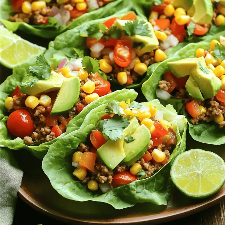 - 450 g gemahlenes Putenfleisch - 1 Esslöffel Olivenöl - 1 kleine Zwiebel, fein gehackt Ich liebe die Hauptzutaten für die Türkei Taco Lettuce Wraps. Das gemahlene Putenfleisch ist mager und voller Geschmack. Es macht die Wraps leicht und gesund. Verwende frisches Olivenöl, um die Zwiebeln zu braten. Das bringt den besten Geschmack hervor. Ich hacke die Zwiebel klein, damit sie schnell weich wird. - 2 Knoblauchzehen, minced - 1 Paprika (jede Farbe), gewürfelt - 1 Teelöffel Chili-Pulver, Kreuzkümmel und Paprika Die Gewürze machen die Wraps besonders lecker. Ich benutze frischen Knoblauch, um einen starken Geschmack zu bekommen. Die Paprika bringt Farbe und Süße in das Gericht. Chili-Pulver, Kreuzkümmel und Paprika geben den Wraps einen tollen Kick. Sie machen das Essen spannend und aufregend. - 1 Avocado, in Scheiben geschnitten - 1 Tasse Kirschtomaten, halbiert - ½ Tasse Mais, frisch oder gefroren Die Toppings sind der Schlüssel zu perfekten Wraps. Avocado gibt eine cremige Textur. Kirschtomaten bringen Frische und knusprige Elemente. Der süße Mais ergänzt die anderen Zutaten gut. Ich liebe es, die Wraps schön anzurichten. So sieht alles appetitlich und einladend aus. Diese Zutaten machen die Türkei Taco Lettuce Wraps zu einer echten Freude. Du findest die gesamte Anleitung in meinem [Full Recipe]. Um die Türkei Taco Lettuce Wraps zu machen, starte mit den Zwiebeln und dem Knoblauch. Erhitze das Olivenöl in einer großen Pfanne bei mittlerer Hitze. Füge die fein gehackte Zwiebel und die zwei Knoblauchzehen hinzu. Brate sie 2-3 Minuten lang, bis sie weich und aromatisch sind. Jetzt kommt das Putenfleisch. Gib das gemahlene Putenfleisch in die Pfanne. Zerbrich es mit einem Löffel, damit es gleichmäßig gart. Koche es 5-7 Minuten, bis es braun und durch ist. Sobald das Putenfleisch gar ist, füge die gewürfelte Paprika hinzu. Streue die Gewürze wie Chili-Pulver, Kreuzkümmel und Paprika darüber. Schmecke alles mit Salz und Pfeffer ab. Koche die Mischung für weitere 3-4 Minuten, bis die Paprika zart ist. Diese Schritte bringen viel Geschmack in die Füllung. Bereite jetzt die Lettuce-Wraps vor. Wasche die Blätter aus Römersalat gründlich und tupfe sie trocken. Platziere die Blätter auf einem großen Teller. Jetzt befüllst du die Wraps. Nimm einen Esslöffel der Putenmischung und lege ihn in die Mitte jedes Salatblattes. Belege die Wraps mit Avocadoscheiben, halbierten Kirschtomaten, Mais und frischem Koriander. Drücke etwas Limettensaft über die Wraps für einen frischen Kick. Serviere sie sofort. Du kannst die Wraps auch auf einem großen Teller anrichten und mit zusätzlichen Limettenscheiben und Koriander dekorieren. Für die vollständige Zubereitung, sieh dir das [Full Recipe] an. Um die perfekten Turkey Taco Lettuce Wraps zu machen, ist das Anbraten des Putenfleisches wichtig. Zuerst erhitze das Olivenöl in der Pfanne. Füge dann die Zwiebel und den Knoblauch hinzu. Brate sie kurz an, bis sie weich sind. Danach gib das Putenfleisch hinzu. Zerbrich es mit einem Löffel und brate es gut durch. Achte darauf, dass es gleichmäßig bräunt. So bleibt das Fleisch saftig und lecker. Wähle die richtigen Salatblätter für die Wraps aus. Römersalat ist ideal, da er fest und knusprig ist. Du kannst auch Eisbergsalat verwenden, wenn du es magst. Spüle die Blätter gründlich ab und tupfe sie trocken. So bleiben sie frisch und knackig. Möchtest du glutenfreie Optionen? Du kannst die Wraps einfach mit glutenfreien Zutaten zubereiten. Achte darauf, dass die Gewürze glutenfrei sind. So kannst du die leckeren Aromen genießen, ohne dir Sorgen zu machen. Es gibt auch viele veggie-Varianten. Du kannst das Putenfleisch durch andere Proteine ersetzen. Tofu oder schwarze Bohnen sind gute Alternativen. Sie bringen neue Geschmäcker und Texturen in die Wraps. Experimentiere mit verschiedenen Zutaten, um deinen eigenen Twist zu finden. Die Präsentation macht einen großen Unterschied. Richte die Wraps auf einem großen Teller an. Dekoriere sie mit Limettenscheiben und frischem Koriander. Das sieht toll aus und macht Lust aufs Essen. Beilagen können die Mahlzeit ergänzen. Ein frischer Salat passt gut dazu. Auch ein erfrischendes Getränk wie Limettenwasser oder Eistee ist ideal. Sie runden das Essen ab und sorgen für ein tolles Geschmackserlebnis. {{image_4}} Für die Füllung der Wraps gibt es viele Möglichkeiten. Du kannst vegetarische Alternativen nutzen. Probiere schwarze Bohnen oder Quinoa. Diese Optionen sind gesund und lecker. Wenn du Fleisch magst, experimentiere mit verschiedenen Sorten. Rindfleisch oder Hühnchen passen gut. Du kannst sogar Wild oder Schweinefleisch verwenden. Der Geschmack wird immer spannend bleiben. Die Gewürze machen den Unterschied in deinem Gericht. Du kannst pikante oder milde Variationen ausprobieren. Wenn du es scharf magst, füge mehr Chili-Pulver hinzu. Für eine mildere Note nimm einfach weniger. Regionale Gewürzmischungen sind eine tolle Idee. Probiere italienische Kräuter oder mexikanische Gewürze. Dies bringt neue Aromen in deine Wraps. Eine lauwarme Version kann an kalten Tagen sehr angenehm sein. Du kannst die Mischung im Ofen zubereiten. Lege die gefüllten Wraps in eine Auflaufform und backe sie. Für kalte Tage sind die Wraps auch perfekt. Sie sind warm und sättigend. Das macht sie zu einer tollen Mahlzeit. Du kannst die Full Recipe für weitere Ideen nutzen. Wenn du noch Wraps übrig hast, kühle sie schnell ab. Lagere sie in einem luftdichten Behälter. Das schützt die Wraps vor Austrocknung und Gerüchen aus dem Kühlschrank. Du kannst die Reste bis zu drei Tage im Kühlschrank aufbewahren. Achte darauf, dass die Wraps gut verschlossen sind. Überprüfe sie auf schlechte Gerüche oder Verfärbungen. Wenn sie komisch riechen oder matschig aussehen, wirf sie weg. Um die Wraps wieder zu erwärmen, benutze die Mikrowelle oder eine Pfanne. In der Mikrowelle erwärmst du sie kurz, etwa 30 Sekunden. In der Pfanne kannst du sie bei mittlerer Hitze leicht rösten. So bleiben sie saftig. Vermeide es, sie zu lange zu erhitzen, damit sie nicht austrocknen. Die Türkei Taco Lettuce Wraps ergeben Portionen für 4 Personen. Dies ist ideal für ein kleines Familienessen oder ein freundliches Treffen. Jeder kann seine Wraps nach Belieben füllen. Ja, du kannst die Wraps im Voraus zubereiten. Bereite die Putenmischung und die Salatblätter separat vor. Lagere die Putenmischung in einem luftdichten Behälter im Kühlschrank. Die Salatblätter bleiben frisch, wenn du sie in einem feuchten Tuch einwickelst. So kannst du sie am Tag des Servierens schnell zusammenstellen. Die Wraps sind im Kühlschrank 2-3 Tage haltbar. Achte darauf, die Putenmischung und die Salatblätter getrennt zu lagern. Wenn sie richtig aufbewahrt werden, bleiben sie frisch und lecker. Überprüfe die Reste auf Geruch oder Farbe, bevor du sie isst. In diesem Artikel haben wir die köstlichen Türkei Taco Lettuce Wraps erkundet. Wir durchliefen die nötigen Zutaten, die Schritt-für-Schritt-Anleitung und praktische Tipps. Leckere Variationen und Lagerhinweise geben dir Freiheit beim Kochen. Denk daran, du kannst die Wraps anpassen und mit frischen Zutaten spielen. Wage neue Geschmackskombinationen und genieße dein Gericht. So werden deine Wraps zum Hit!
