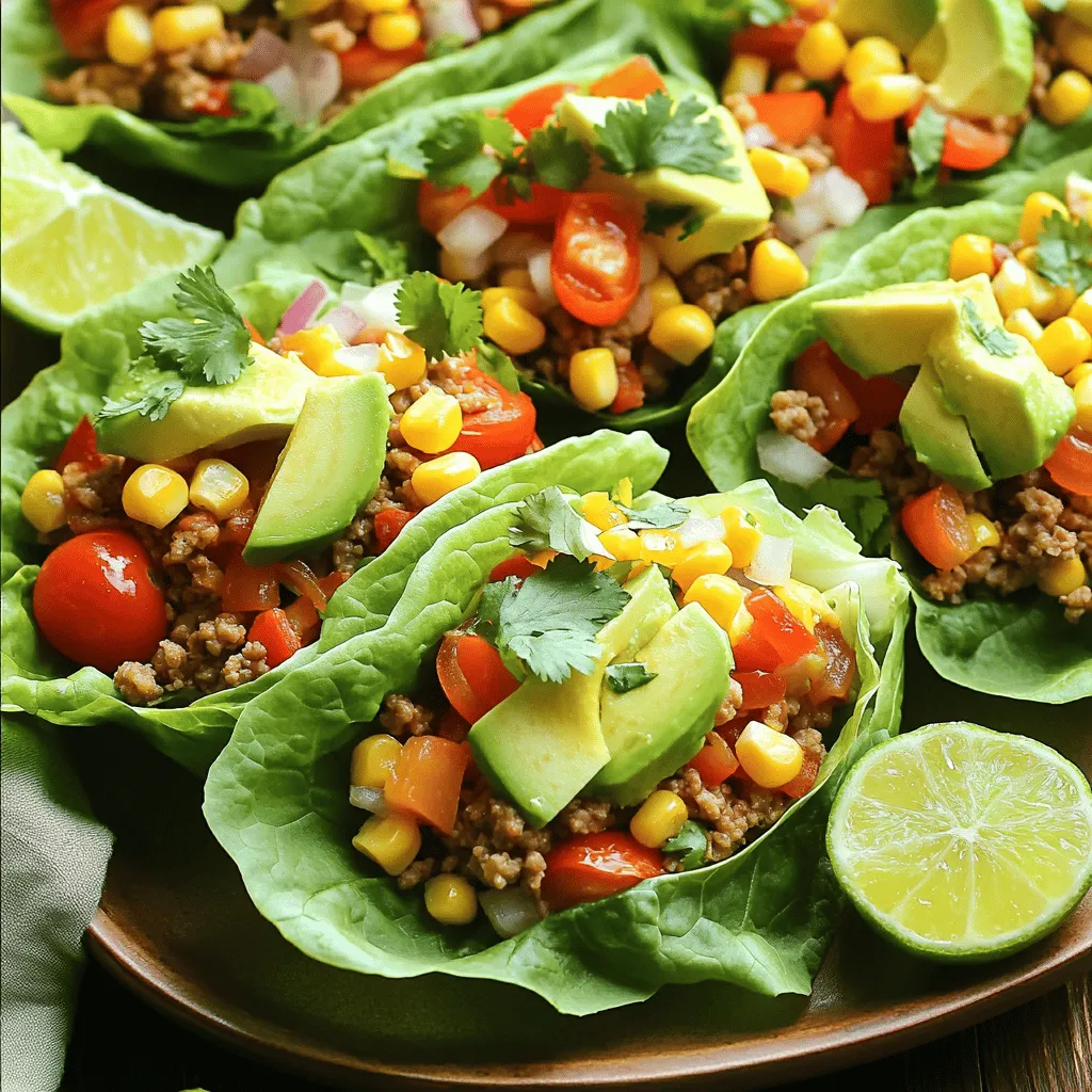 - 450 g gemahlenes Putenfleisch - 1 Esslöffel Olivenöl - 1 kleine Zwiebel, fein gehackt Ich liebe die Hauptzutaten für die Türkei Taco Lettuce Wraps. Das gemahlene Putenfleisch ist mager und voller Geschmack. Es macht die Wraps leicht und gesund. Verwende frisches Olivenöl, um die Zwiebeln zu braten. Das bringt den besten Geschmack hervor. Ich hacke die Zwiebel klein, damit sie schnell weich wird. - 2 Knoblauchzehen, minced - 1 Paprika (jede Farbe), gewürfelt - 1 Teelöffel Chili-Pulver, Kreuzkümmel und Paprika Die Gewürze machen die Wraps besonders lecker. Ich benutze frischen Knoblauch, um einen starken Geschmack zu bekommen. Die Paprika bringt Farbe und Süße in das Gericht. Chili-Pulver, Kreuzkümmel und Paprika geben den Wraps einen tollen Kick. Sie machen das Essen spannend und aufregend. - 1 Avocado, in Scheiben geschnitten - 1 Tasse Kirschtomaten, halbiert - ½ Tasse Mais, frisch oder gefroren Die Toppings sind der Schlüssel zu perfekten Wraps. Avocado gibt eine cremige Textur. Kirschtomaten bringen Frische und knusprige Elemente. Der süße Mais ergänzt die anderen Zutaten gut. Ich liebe es, die Wraps schön anzurichten. So sieht alles appetitlich und einladend aus. Diese Zutaten machen die Türkei Taco Lettuce Wraps zu einer echten Freude. Du findest die gesamte Anleitung in meinem [Full Recipe]. Um die Türkei Taco Lettuce Wraps zu machen, starte mit den Zwiebeln und dem Knoblauch. Erhitze das Olivenöl in einer großen Pfanne bei mittlerer Hitze. Füge die fein gehackte Zwiebel und die zwei Knoblauchzehen hinzu. Brate sie 2-3 Minuten lang, bis sie weich und aromatisch sind. Jetzt kommt das Putenfleisch. Gib das gemahlene Putenfleisch in die Pfanne. Zerbrich es mit einem Löffel, damit es gleichmäßig gart. Koche es 5-7 Minuten, bis es braun und durch ist. Sobald das Putenfleisch gar ist, füge die gewürfelte Paprika hinzu. Streue die Gewürze wie Chili-Pulver, Kreuzkümmel und Paprika darüber. Schmecke alles mit Salz und Pfeffer ab. Koche die Mischung für weitere 3-4 Minuten, bis die Paprika zart ist. Diese Schritte bringen viel Geschmack in die Füllung. Bereite jetzt die Lettuce-Wraps vor. Wasche die Blätter aus Römersalat gründlich und tupfe sie trocken. Platziere die Blätter auf einem großen Teller. Jetzt befüllst du die Wraps. Nimm einen Esslöffel der Putenmischung und lege ihn in die Mitte jedes Salatblattes. Belege die Wraps mit Avocadoscheiben, halbierten Kirschtomaten, Mais und frischem Koriander. Drücke etwas Limettensaft über die Wraps für einen frischen Kick. Serviere sie sofort. Du kannst die Wraps auch auf einem großen Teller anrichten und mit zusätzlichen Limettenscheiben und Koriander dekorieren. Für die vollständige Zubereitung, sieh dir das [Full Recipe] an. Um die perfekten Turkey Taco Lettuce Wraps zu machen, ist das Anbraten des Putenfleisches wichtig. Zuerst erhitze das Olivenöl in der Pfanne. Füge dann die Zwiebel und den Knoblauch hinzu. Brate sie kurz an, bis sie weich sind. Danach gib das Putenfleisch hinzu. Zerbrich es mit einem Löffel und brate es gut durch. Achte darauf, dass es gleichmäßig bräunt. So bleibt das Fleisch saftig und lecker. Wähle die richtigen Salatblätter für die Wraps aus. Römersalat ist ideal, da er fest und knusprig ist. Du kannst auch Eisbergsalat verwenden, wenn du es magst. Spüle die Blätter gründlich ab und tupfe sie trocken. So bleiben sie frisch und knackig. Möchtest du glutenfreie Optionen? Du kannst die Wraps einfach mit glutenfreien Zutaten zubereiten. Achte darauf, dass die Gewürze glutenfrei sind. So kannst du die leckeren Aromen genießen, ohne dir Sorgen zu machen. Es gibt auch viele veggie-Varianten. Du kannst das Putenfleisch durch andere Proteine ersetzen. Tofu oder schwarze Bohnen sind gute Alternativen. Sie bringen neue Geschmäcker und Texturen in die Wraps. Experimentiere mit verschiedenen Zutaten, um deinen eigenen Twist zu finden. Die Präsentation macht einen großen Unterschied. Richte die Wraps auf einem großen Teller an. Dekoriere sie mit Limettenscheiben und frischem Koriander. Das sieht toll aus und macht Lust aufs Essen. Beilagen können die Mahlzeit ergänzen. Ein frischer Salat passt gut dazu. Auch ein erfrischendes Getränk wie Limettenwasser oder Eistee ist ideal. Sie runden das Essen ab und sorgen für ein tolles Geschmackserlebnis. {{image_4}} Für die Füllung der Wraps gibt es viele Möglichkeiten. Du kannst vegetarische Alternativen nutzen. Probiere schwarze Bohnen oder Quinoa. Diese Optionen sind gesund und lecker. Wenn du Fleisch magst, experimentiere mit verschiedenen Sorten. Rindfleisch oder Hühnchen passen gut. Du kannst sogar Wild oder Schweinefleisch verwenden. Der Geschmack wird immer spannend bleiben. Die Gewürze machen den Unterschied in deinem Gericht. Du kannst pikante oder milde Variationen ausprobieren. Wenn du es scharf magst, füge mehr Chili-Pulver hinzu. Für eine mildere Note nimm einfach weniger. Regionale Gewürzmischungen sind eine tolle Idee. Probiere italienische Kräuter oder mexikanische Gewürze. Dies bringt neue Aromen in deine Wraps. Eine lauwarme Version kann an kalten Tagen sehr angenehm sein. Du kannst die Mischung im Ofen zubereiten. Lege die gefüllten Wraps in eine Auflaufform und backe sie. Für kalte Tage sind die Wraps auch perfekt. Sie sind warm und sättigend. Das macht sie zu einer tollen Mahlzeit. Du kannst die Full Recipe für weitere Ideen nutzen. Wenn du noch Wraps übrig hast, kühle sie schnell ab. Lagere sie in einem luftdichten Behälter. Das schützt die Wraps vor Austrocknung und Gerüchen aus dem Kühlschrank. Du kannst die Reste bis zu drei Tage im Kühlschrank aufbewahren. Achte darauf, dass die Wraps gut verschlossen sind. Überprüfe sie auf schlechte Gerüche oder Verfärbungen. Wenn sie komisch riechen oder matschig aussehen, wirf sie weg. Um die Wraps wieder zu erwärmen, benutze die Mikrowelle oder eine Pfanne. In der Mikrowelle erwärmst du sie kurz, etwa 30 Sekunden. In der Pfanne kannst du sie bei mittlerer Hitze leicht rösten. So bleiben sie saftig. Vermeide es, sie zu lange zu erhitzen, damit sie nicht austrocknen. Die Türkei Taco Lettuce Wraps ergeben Portionen für 4 Personen. Dies ist ideal für ein kleines Familienessen oder ein freundliches Treffen. Jeder kann seine Wraps nach Belieben füllen. Ja, du kannst die Wraps im Voraus zubereiten. Bereite die Putenmischung und die Salatblätter separat vor. Lagere die Putenmischung in einem luftdichten Behälter im Kühlschrank. Die Salatblätter bleiben frisch, wenn du sie in einem feuchten Tuch einwickelst. So kannst du sie am Tag des Servierens schnell zusammenstellen. Die Wraps sind im Kühlschrank 2-3 Tage haltbar. Achte darauf, die Putenmischung und die Salatblätter getrennt zu lagern. Wenn sie richtig aufbewahrt werden, bleiben sie frisch und lecker. Überprüfe die Reste auf Geruch oder Farbe, bevor du sie isst. In diesem Artikel haben wir die köstlichen Türkei Taco Lettuce Wraps erkundet. Wir durchliefen die nötigen Zutaten, die Schritt-für-Schritt-Anleitung und praktische Tipps. Leckere Variationen und Lagerhinweise geben dir Freiheit beim Kochen. Denk daran, du kannst die Wraps anpassen und mit frischen Zutaten spielen. Wage neue Geschmackskombinationen und genieße dein Gericht. So werden deine Wraps zum Hit!