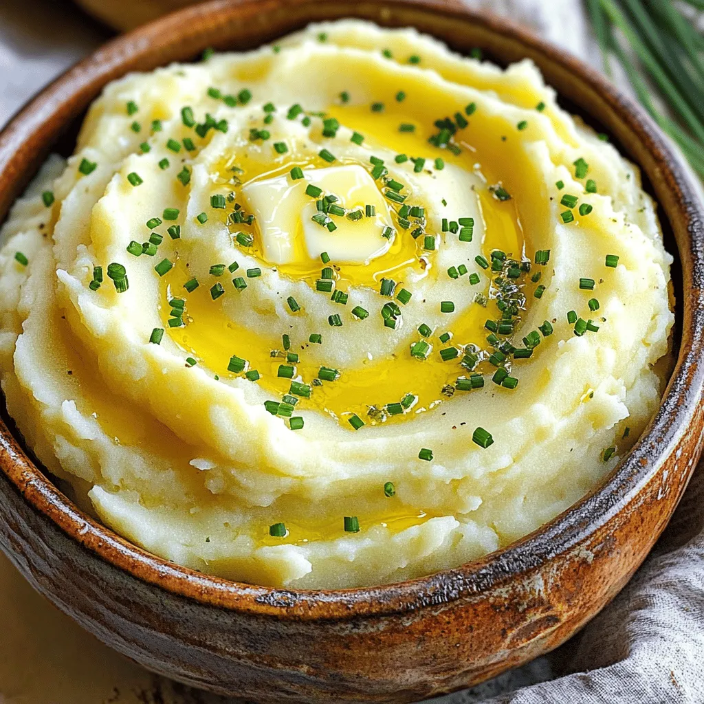 - 900 g Yukon Gold Kartoffeln, geschält und gewürfelt - 4 Knoblauchzehen, geschält - 120 ml Schlagsahne - 60 g ungesalzene Butter - 120 g Sauerrahm - Salz und Pfeffer nach Geschmack - Frische Schnittlauch, gehackt (zum Garnieren) Die Hauptzutaten sind wichtig, um den besten Geschmack zu erreichen. Die Yukon Gold Kartoffeln geben eine schöne, cremige Textur. Knoblauch bringt den tollen Geschmack, der diese Kartoffeln besonders macht. Für die Cremigkeit verwenden wir Schlagsahne. Zusätzlich fügen wir Butter und Sauerrahm hinzu. Diese Zutaten machen das Püree reichhaltig und lecker. Salz und Pfeffer sind wichtig für den Geschmack. Garnieren Sie das Püree mit frischem Schnittlauch. Das gibt ein wenig Frische und Farbe. Für das komplette Rezept können Sie [Full Recipe] ansehen. - Legen Sie die geschälten und gewürfelten Kartoffeln in einen großen Topf. - Bedecken Sie die Kartoffeln mit kaltem Wasser und fügen Sie eine Prise Salz hinzu. - Bringen Sie das Wasser bei mittlerer bis hoher Hitze zum Kochen. - Sobald das Wasser kocht, fügen Sie die geschälten Knoblauchzehen hinzu. - Lassen Sie die Kartoffeln und den Knoblauch 15-20 Minuten köcheln. - Prüfen Sie mit einer Gabel, ob die Kartoffeln zart sind. - Lassen Sie die Mischung abtropfen und geben Sie sie zurück in den Topf. - Erwärmen Sie in einem kleinen Topf die Schlagsahne und die Butter. - Achten Sie darauf, dass die Mischung warm ist, aber nicht kocht. - Zerdrücken Sie die Kartoffeln und den Knoblauch mit einem Kartoffelstampfer zu einem glatten Püree. - Gießen Sie langsam die warme Sahne-Butter-Mischung hinzu und vermengen Sie alles gut. - Fügen Sie den Sauerrahm hinzu und mischen Sie weiter, bis alles cremig ist. - Würzen Sie mit Salz und Pfeffer nach Geschmack. - Übertragen Sie das Kartoffelpüree in eine Servierschüssel und garnieren Sie es mit gehacktem Schnittlauch. Für das vollständige Rezept schauen Sie sich die [Full Recipe] an. - Verwendung von mehr Sahne anpassen: Wenn Sie den Brei noch cremiger mögen, fügen Sie einfach mehr Sahne hinzu. Beginnen Sie mit 120 ml und erhöhen Sie schrittweise. - Temperaturkontrolle beim Erhitzen der Sahne: Achten Sie darauf, die Sahne nicht zu kochen. Sie sollte warm sein, wenn Sie sie zu den Kartoffeln geben. So bleibt der Brei glatt. - Mehr Knoblauch für intensiveren Geschmack hinzufügen: Wenn Sie den Knoblauchgeschmack lieben, fügen Sie einfach eine oder zwei zusätzliche Zehen hinzu. Es macht den Brei noch aromatischer. - Mit Gewürzen experimentieren: Probieren Sie Muskatnuss oder Paprika, um den Geschmack zu variieren. Diese Gewürze bringen eine neue Dimension in Ihr Gericht. - Anleitung zur Anpassung der Textur je nach Vorlieben: Für einen dickeren Brei verwenden Sie weniger Sahne. Mögen Sie es dünner, fügen Sie mehr Sahne hinzu. Es ist ganz nach Ihrem Geschmack. Mit diesen Tipps machen Sie Ihren cremigen Knoblauch-Kartoffelbrei perfekt. Besuchen Sie das [Full Recipe] für eine Schritt-für-Schritt-Anleitung. {{image_4}} Um deinem cremigen Knoblauch-Kartoffelbrei mehr Geschmack zu geben, füge Käse hinzu. Parmesan oder Cheddar sind großartige Optionen. Parmesan gibt eine salzige Tiefe, während Cheddar für einen reichhaltigen, herzhaften Geschmack sorgt. Du kannst auch frische Kräuter wie Rosmarin oder Thymian verwenden. Diese Kräuter bringen ein frisches Aroma, das perfekt zu den Kartoffeln passt. Wenn du eine vegane Version machen möchtest, ersetze die Sahne und Butter durch pflanzliche Alternativen. Kokoscreme oder Cashew-Sahne sind gute Optionen. Sie geben eine cremige Textur, die nicht fehlen sollte. Achte darauf, auch vegane Butter zu verwenden, wenn du das Rezept anpasst. Diese kleinen Änderungen machen dein Püree lecker und pflanzenbasiert. Für einen extra Kick kannst du Gewürze hinzufügen. Chili oder geräuchertes Paprika sind tolle Optionen. Chili gibt dem Gericht einen scharfen Geschmack, während geräuchertes Paprika für ein rauchiges Aroma sorgt. Beginne mit einer kleinen Menge und taste dich vor, bis du die perfekte Schärfe erreicht hast. Diese Variationen bringen Abwechslung auf den Tisch und machen das Essen aufregender. Um deinen cremigen Knoblauch-Kartoffelbrei frisch zu halten, lagere ihn in einem luftdichten Behälter. Dies hilft, den Geschmack und die Textur zu bewahren. Lass den Kartoffelbrei zuerst auf Raumtemperatur abkühlen, bevor du ihn in den Kühlschrank stellst. Er bleibt dort bis zu drei Tage genießbar. Wenn du mehr Kartoffelbrei zubereitest, friere ihn einfach ein. Verwende einen gefrierfesten Behälter und fülle ihn nur bis zur Hälfte, da sich der Brei ausdehnt. So bleibt die Textur beim Auftauen besser. Um ihn aufzutauen, lege den Behälter einfach über Nacht in den Kühlschrank. Erhitze den Brei dann langsam in einem Topf oder in der Mikrowelle, um die Cremigkeit zu erhalten. Im Kühlschrank hält sich dein Kartoffelbrei etwa drei Tage. Im Gefrierschrank bleibt er bis zu drei Monate frisch. Achte darauf, ihn gut abzudecken, damit er keine anderen Aromen aufnimmt. So kannst du sicherstellen, dass dein cremiger Knoblauch-Kartoffelbrei immer lecker bleibt. Um den besten cremigen Knoblauch-Kartoffelbrei zu machen, beginne mit frischen Zutaten. Verwende Yukon Gold Kartoffeln, da sie einen tollen Geschmack haben. Koche sie mit frischem Knoblauch. Dadurch wird der Geschmack intensiv. Achte darauf, die Kartoffeln gut zu zerdrücken. Das sorgt für eine glatte und cremige Konsistenz. Ein wichtiger Tipp ist, die Sahne und Butter vor dem Mischen zu erwärmen. So ziehen sie besser in die Kartoffeln ein. Würze den Brei mit Salz und Pfeffer. Wenn du möchtest, füge etwas Muskatnuss hinzu. Das gibt einen schönen zusätzlichen Geschmack. Ja, du kannst auch andere Sorten nutzen. Manche Kartoffeln wie Russet sind sehr mehlig. Sie geben einen anderen, aber leckeren Brei. Auch rote Kartoffeln sind eine gute Wahl. Sie sind wachsartig und halten ihre Form besser. Probiere verschiedene Sorten aus, um deinen Favoriten zu finden. Jede Sorte hat ihren eigenen Geschmack und eine eigene Textur. Reste von cremigem Knoblauch-Kartoffelbrei kannst du im Kühlschrank aufbewahren. In einem luftdichten Behälter halten sie sich bis zu drei Tage. Wenn du länger aufbewahren willst, friere sie ein. Achte darauf, den Brei gut abzukühlen, bevor du ihn einfrierst. Im Gefrierfach bleibt er bis zu zwei Monate frisch. Zum Auftauen stelle den Behälter einfach in den Kühlschrank. Cremiger Knoblauch-Kartoffelbrei passt gut zu vielen Gerichten. Probiere ihn mit gegrilltem Hähnchen oder gebratenem Fisch. Auch Braten und Gemüse sind tolle Beilagen. Eine einfache Salatbeilage macht das Essen leicht und frisch. Du kannst auch etwas gebratenes Gemüse hinzufügen. Das gibt Farbe und Knusprigkeit. Für das vollständige Rezept schau dir die [Full Recipe] an. Dieser Artikel bietet dir eine einfache Anleitung zur Zubereitung von cremigem Knoblauch-Kartoffelbrei. Wir haben die Hauptzutaten, Tipps zur perfekten Konsistenz und kreative Variationen besprochen. Denke daran, dass du mit einfachen Anpassungen den Geschmack und die Textur verbessern kannst. Probiere verschiedene Kombinationen, um deinen persönlichen Favoriten zu finden. Mit diesen einfachen Schritten wirst du sicher ein köstliches Gericht zaubern, das allen schmeckt. Vertrauen in die Qualität deiner Zutaten wird den Unterschied machen und deine Mahlzeiten aufwerten.