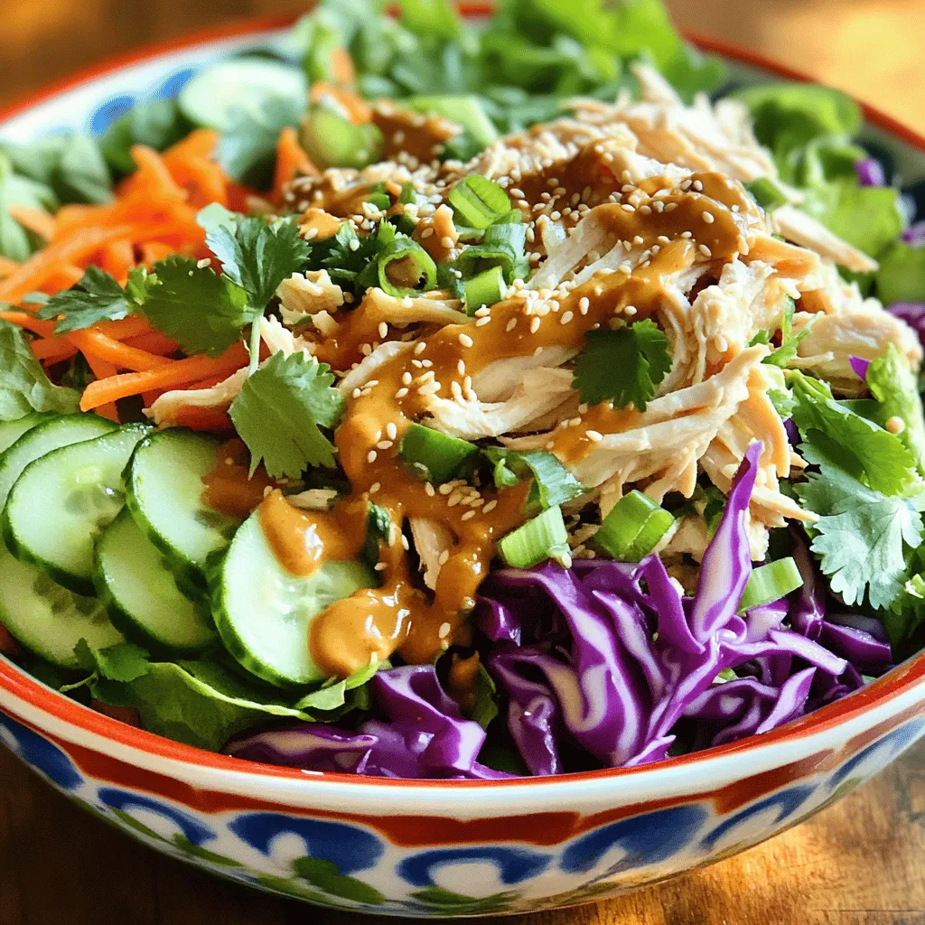 Für einen leckeren Asiatischen Sesam-Hühnchen-Salat braucht man frische Zutaten. Hier sind die Hauptzutaten: - 2 Tassen gekochte Hühnerbrust, zerrupft oder gewürfelt - 4 Tassen gemischte Salatblätter (Spinat, Rucola, Romanasalat) - 1 Tasse rotkohl, dünn geschnitten - 1 Tasse Karotten, gerieben - 1/2 Tasse Gurke, julienniert - 1/4 Tasse Frühlingszwiebeln, gehackt - 1/4 Tasse frischer Koriander, gehackt - 1/4 Tasse geröstete Sesamsamen - 1/4 Tasse Erdnuss- oder Sesamdressing Diese Zutaten machen den Salat frisch und knackig. Du kannst die Hühnerbrust selbst kochen oder Reste verwenden. Manchmal möchte man etwas Neues ausprobieren. Hier sind einige alternative Zutaten: - Gebratene Tofu-Würfel für Vegetarier - Avocado für eine cremige Textur - Paprika für mehr Farbe und Süße - Edamame für mehr Protein - Nüsse wie Mandeln oder Cashews für einen Crunch Mit diesen Alternativen kannst du den Salat an deinen Geschmack anpassen. Frische Zutaten machen den Unterschied. Hier sind einige Tipps, um die besten Zutaten zu wählen: - Wähle knackige, grüne Salatblätter ohne Flecken. - Achte auf roten Kohl, der fest und knusprig ist. - Karotten sollten fest und leuchtend orange sein. - Suche nach Gurken, die fest und ohne Druckstellen sind. - Frischer Koriander sollte grün und duftend sein. Diese Tipps helfen dir, die besten Zutaten zu finden. Wenn du frische Zutaten verwendest, wird dein Asiatischer Sesam-Hühnchen-Salat köstlich! Zuerst benötigen wir frische Zutaten. Hier sind die Hauptbestandteile: - 2 Tassen gekochte Hühnerbrust, zerrupft oder gewürfelt - 4 Tassen gemischte Salatblätter (Spinat, Rucola, Romanasalat) - 1 Tasse rotkohl, dünn geschnitten - 1 Tasse Karotten, gerieben - 1/2 Tasse Gurke, julienniert - 1/4 Tasse Frühlingszwiebeln, gehackt - 1/4 Tasse frischer Koriander, gehackt - 1/4 Tasse geröstete Sesamsamen - 1/4 Tasse Erdnuss- oder Sesamdressing Waschen Sie das Gemüse gut. Schneiden Sie den Kohl und die Gurke in feine Stücke. Reiben Sie die Karotten. Bereiten Sie das Hühnerfleisch vor, indem Sie es in kleine Stücke zerrupfen oder schneiden. Die Vorbereitung ist schnell und macht den Rest des Rezepts einfach. Nehmen Sie eine große Rührschüssel. Geben Sie die gemischten Salatblätter, den roten Kohl, die Karotten und die Gurken hinein. Mischen Sie alles gut. Achten Sie darauf, dass die Zutaten gleichmäßig verteilt sind. Dies sorgt für einen tollen Geschmack. Jetzt kommt das Hühnerfleisch in die Schüssel. Geben Sie es vorsichtig zu der Salatmischung. Mischen Sie alles sanft, damit das Hühnerfleisch nicht zerfällt. Streuen Sie die gehackten Frühlingszwiebeln, den Koriander und die gerösteten Sesamsamen darüber. Jetzt fügen Sie das Erdnuss- oder Sesamdressing hinzu. Träufeln Sie es gleichmäßig über den Salat. Vermengen Sie alles gut mit einer Zange. Probieren Sie den Salat und passen Sie das Dressing nach Ihrem Geschmack an. Servieren Sie ihn sofort oder lassen Sie ihn im Kühlschrank ruhen. So verbinden sich die Aromen besser. Für das vollständige Rezept schauen Sie sich den Full Recipe an. Um den Geschmack Ihres Asiatischen Sesam-Hühnchen-Salats zu verbessern, probieren Sie frische Zutaten aus. Wählen Sie knackige Salatblätter und reife Gemüse. Frische Kräuter wie Koriander geben einen tollen Kick. Rühren Sie das Dressing erst kurz vor dem Servieren ein. So bleibt alles frisch und knusprig. Variieren Sie den Salat nach Ihrem Geschmack. Sie können Nüsse oder Samen hinzufügen, um mehr Crunch zu erhalten. Fügen Sie Avocado für eine cremige Textur hinzu. Für mehr Schärfe, probieren Sie rote Chiliflocken oder frische Chilis. Diese kleinen Änderungen machen den Salat einzigartig. Achten Sie auf Allergien, wenn Sie den Salat zubereiten. Verwenden Sie glutenfreies Dressing und ersetzen Sie Hühnchen durch Tofu für vegane Optionen. Sie können auch die Sesamsamen weglassen, wenn jemand allergisch ist. So können alle diesen leckeren Salat genießen. {{image_4}} Möchten Sie Ihrem Salat etwas mehr Biss geben? Fügen Sie Quinoa hinzu! Quinoa ist ein tolles Getreide. Es hat einen nussigen Geschmack und ist sehr gesund. Kochen Sie einfach 1 Tasse Quinoa, und lassen Sie sie abkühlen. Dann mischen Sie sie mit der Salatbasis. Diese Zutat macht den Salat noch nahrhafter und sättigender. Quinoa passt super zu den Aromen des Hühnerfleischs und des Dressings. Für alle, die kein Fleisch essen, gibt es tolle Alternativen. Tofu ist eine der besten Optionen. Er nimmt den Geschmack der Sauce gut auf. Schneiden Sie den Tofu in Würfel und braten Sie ihn leicht an. Sie können auch Kichererbsen verwenden. Diese Hülsenfrüchte sind reich an Eiweiß und geben dem Salat eine schöne Textur. Eine weitere Möglichkeit sind gebratene Champignons. Sie bringen einen herzhaften Geschmack in den Salat. Das Dressing kann den Salat wirklich verändern. Wenn Sie etwas Neues ausprobieren möchten, machen Sie eine Mango-Vinaigrette. Mischen Sie pürierte Mango mit Essig und Öl. Diese süße Note ergänzt das Hühnerfleisch perfekt. Für einen scharfen Kick können Sie eine Chili-Miso-Sauce verwenden. Diese Sauce gibt dem Salat eine aufregende Schärfe. Auch ein einfaches Zitronen-Dressing kann erfrischend wirken und den Salat leicht machen. Mit verschiedenen Dressings können Sie immer wieder neue Geschmäcker entdecken. Für das vollständige Rezept, schauen Sie sich den Abschnitt über die Zutaten an. Um Reste von Ihrem Asiatischen Sesam-Hühnchen-Salat aufzubewahren, verwenden Sie einen luftdichten Behälter. Stellen Sie sicher, dass der Salat vollständig abgekühlt ist, bevor Sie ihn einfüllen. Lagern Sie ihn im Kühlschrank. So bleibt der Salat frisch und lecker. Vermeiden Sie es, das Dressing sofort hinzuzufügen, wenn Sie den Salat aufbewahren. Fügen Sie das Dressing erst vor dem Servieren hinzu. Meal Prep ist eine großartige Idee für diesen Salat. Bereiten Sie die Zutaten im Voraus zu und lagern Sie sie getrennt. Schneiden Sie das Gemüse und das Hühnerfleisch. Bewahren Sie alles in eigenen Behältern auf. So können Sie jeden Tag schnell eine frische Portion Salat genießen. Mischen Sie die Zutaten einfach in einer Schüssel, wenn Sie bereit sind, zu essen. Der Salat hält sich im Kühlschrank etwa 3 Tage. Achten Sie darauf, den Behälter gut zu verschließen. Nach einigen Tagen können die Blätter welken. Das beeinflusst den Geschmack. Wenn Sie den Salat länger aufbewahren möchten, können Sie die Zutaten auch einfrieren. Beachten Sie, dass das Gemüse beim Auftauen weich werden kann. Für beste Ergebnisse genießen Sie den Salat frisch. Weitere Tipps finden Sie in der Full Recipe. Der Asiatische Sesam-Hühnchen-Salat hält sich bis zu drei Tage im Kühlschrank. Achten Sie darauf, ihn in einem luftdichten Behälter zu lagern. Wenn Sie den Salat lagern, kann der Salat etwas weicher werden, da die Dressing-Zutaten die Blätter durchfeuchten. Um die Frische zu bewahren, fügen Sie das Dressing erst kurz vor dem Servieren hinzu. Ja, Sie können das Dressing im Voraus zubereiten. Es hält sich gut im Kühlschrank für etwa eine Woche. Mischen Sie einfach die Zutaten für das Erdnuss- oder Sesamdressing und bewahren Sie es in einem Glasbehälter auf. Vor der Verwendung schütteln Sie das Dressing gut, um die Zutaten zu vermengen. So sparen Sie Zeit, wenn Sie den Salat zubereiten. Zu diesem Salat passen viele Beilagen. Hier sind einige meiner Favoriten: - Gedämpfter Reis: Eine einfache und schmackhafte Ergänzung. - Frühlingsrollen: Diese bieten einen tollen Crunch. - Gegrilltes Gemüse: Fügen Sie etwas Rauchgeschmack hinzu. - Edamame: Eine proteinreiche und gesunde Wahl. Probieren Sie eine der Beilagen aus, um Ihr Essen zu vervollständigen! Dieser Blogpost gibt Ihnen einen klaren Überblick über den Asiatischen Sesam-Hühnchen-Salat. Wir haben die Hauptzutaten und ihre Alternativen besprochen. Die Schritt-für-Schritt-Anleitung hilft Ihnen, den Salat schnell zuzubereiten. Wir haben Tipps zur Geschmacksverbesserung und Variationen für unterschiedliche Bedürfnisse gegeben. Schließlich finden Sie Ratschläge zur Lagerung und häufige Fragen. Jetzt sind Sie bereit, diesen leckeren Salat zu genießen. Experimentieren Sie und passen Sie ihn nach Ihrem Geschmack an.