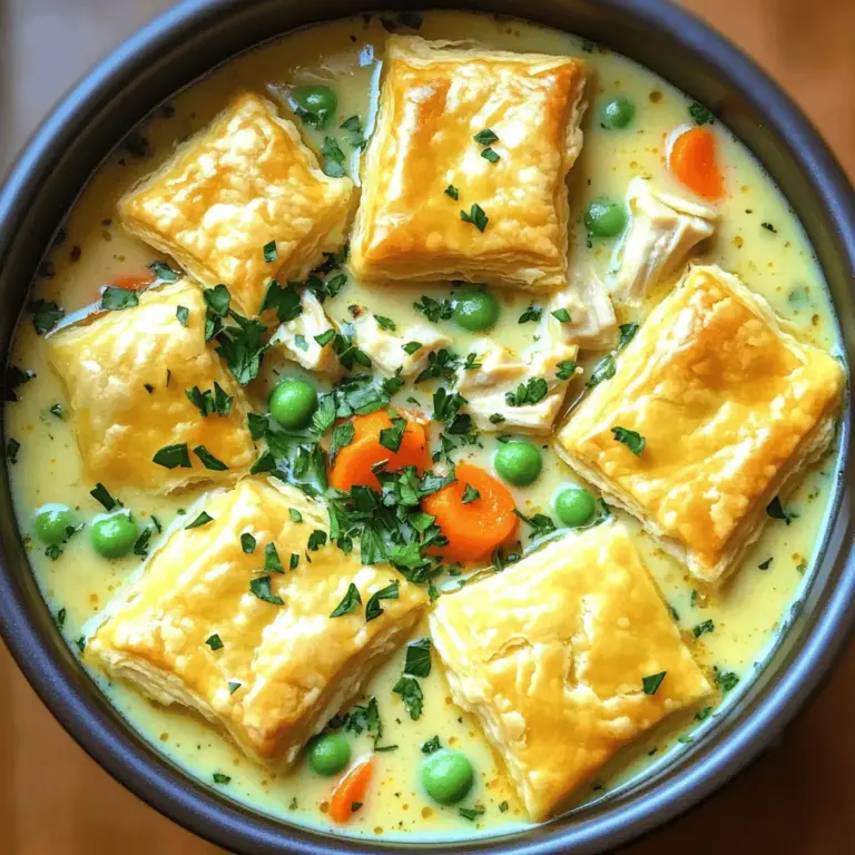 Für die Hühnchen-Pot-Pie-Suppe brauchst du einige wichtige Zutaten. Hier sind sie: - 450 g Hühnchenbrust ohne Knochen und Haut, gewürfelt - 500 ml Hühnerbrühe - 240 ml Sahne - 2 Esslöffel Olivenöl - 1 mittlere Zwiebel, gewürfelt - 2 Knoblauchzehen, fein gehackt - 3 Karotten, gewürfelt - 2 Stangen Sellerie, gewürfelt - 150 g gefrorene Erbsen - 60 g Weizenmehl - 280 g Blätterteig oder Biscuit-Teig, in kleine Quadrate geschnitten Diese Zutaten machen die Basis für die Suppe. Sie geben der Suppe einen tollen Geschmack und eine schöne Textur. Die Gewürze bringen das Gericht zum Leben. Ich benutze: - 1 Teelöffel getrockneter Thymian - 1 Teelöffel getrockneter Rosmarin - Salz und Pfeffer nach Geschmack Thymian und Rosmarin sind perfekt für den herzhaften Geschmack. Sie machen die Suppe frisch und aromatisch. Das Topping macht die Suppe besonders lecker. Du kannst folgende Optionen wählen: - Blätterteig für eine knusprige Kruste - Biscuit-Teig für eine weichere Textur Das Topping gibt der Suppe eine schöne Fülle. Du kannst auch frisch gehackte Petersilie oder Thymian darüber streuen. Das verleiht der Suppe Farbe und Frische. Für das vollständige Rezept klicke auf [Full Recipe]. Zuerst bereite alle Zutaten vor. Schneide das Hühnchen in kleine Stücke. Würfle die Zwiebel und den Knoblauch. Schneide die Karotten und den Sellerie ebenfalls klein. So hast du alles griffbereit. Halte die gefrorenen Erbsen bereit. Es ist wichtig, alles vorbereitet zu haben, um den Kochprozess zu erleichtern. Erhitze das Olivenöl in einem großen Topf bei mittlerer Hitze. Gib die Zwiebel und den Knoblauch dazu und brate sie an. Warte, bis die Zwiebel glasig wird, etwa 3-4 Minuten. Dann füge das Hühnchen hinzu und brate es goldbraun an. Das dauert etwa 5-7 Minuten. Danach kommen die Karotten und der Sellerie in den Topf. Koche alles für 4-5 Minuten, bis das Gemüse leicht weich wird. Streue das Mehl darüber und rühre gut um. Lass es für 2 Minuten kochen, um den rohen Geschmack des Mehls zu entfernen. Gieße langsam die Hühnerbrühe hinein und rühre ständig. So vermeidest du Klumpen. Bring die Mischung zum Simmern. Füge nun die Sahne, den Thymian und den Rosmarin hinzu. Schmecke die Suppe mit Salz und Pfeffer ab. Rühre die gefrorenen Erbsen unter. Reduziere die Hitze und lass die Suppe 15-20 Minuten köcheln. So entfalten sich die Aromen und die Suppe dickt etwas ein. Bereite währenddessen dein Teig-Topping vor. Wenn die Suppe fertig ist, fülle sie in ofenfeste Schalen. Lege die Teigstücke obenauf und backe sie goldbraun. Jetzt hast du eine leckere Hühnchen-Pot-Pie-Suppe! Sie ist herzhaft und einfach gemacht. Du kannst das vollständige Rezept [hier] finden. Um die beste Hühnchen-Pot-Pie-Suppe zu machen, sind einige Tipps wichtig. Achte darauf, frische Zutaten zu verwenden. Sie geben der Suppe mehr Geschmack. Schneide das Hühnchen klein, damit es gleichmäßig gar wird. Koche die Suppe langsam, damit sich die Aromen gut verbinden. Ein häufiger Fehler ist, die Brühe zu schnell hinzuzufügen. Das kann Klumpen bilden. Gieße die Brühe langsam hinein und rühre ständig. Einige ziehen es vor, die Erbsen früher hinzuzufügen. Dies kann dazu führen, dass sie matschig werden. Füge sie lieber am Ende hinzu. Die besten Methoden sind einfach. Koche die Zwiebeln und den Knoblauch zuerst. Dies bringt mehr Geschmack. Verwende auch hochwertige Brühe. Wenn du die Sahne hinzufügst, rühre gut um. So wird die Suppe schön cremig. Denke daran, die Suppe regelmäßig zu probieren und nach Geschmack zu würzen. Für das perfekte Topping kannst du Blätterteig oder Biscuit-Teig verwenden. Folge den Anweisungen auf der Packung für beste Ergebnisse. Du kannst die Suppe in ofenfeste Schalen füllen und den Teig darauflegen. Backe sie, bis sie goldbraun sind. Für das vollständige Rezept, schau dir die [Full Recipe] an. {{image_4}} Um eine vegetarische oder vegane Hühnchen-Pot-Pie-Suppe zu machen, ersetze das Hühnchen. Verwende stattdessen gewürfelten Tofu oder Seitan. Du kannst auch Kichererbsen oder Linsen für Protein nutzen. Ersetze die Hühnerbrühe durch Gemüsebrühe und die Sahne durch Kokosmilch oder pflanzliche Sahne. Diese Änderungen geben der Suppe einen leckeren Geschmack. Du kannst viele verschiedene Gemüse hinzufügen. Zucchini, Paprika oder grüne Bohnen passen gut. Auch Kartoffeln machen die Suppe herzhaft. Füge sie einfach zusammen mit den Karotten und dem Sellerie hinzu. Für mehr Geschmack kannst du frische Kräuter wie Petersilie oder Basilikum verwenden. Diese geben der Suppe eine frische Note. Bei den Teigarten gibt es viele Optionen. Blätterteig gibt eine knusprige Kruste und ist klassisch. Biscuit-Teig ist fluffig und einfach zu machen. Du kannst auch Pizzateig verwenden, wenn du eine dickere Kruste möchtest. Jedes Teigstück gibt der Suppe eine andere Textur und Geschmack. Wähle, was dir am besten gefällt! Für die besten Ergebnisse verwende das [Full Recipe] und experimentiere mit diesen Variationen. Du kannst Hühnchen-Pot-Pie-Suppe einfach aufbewahren. Lass die Suppe zuerst abkühlen. Fülle sie dann in einen luftdichten Behälter. Stelle sicher, dass der Behälter sauber ist. Die Suppe bleibt im Kühlschrank bis zu drei Tage frisch. Wenn du mehr Suppe hast, friere sie ein. Verwende gefrierfreundliche Behälter oder Beutel. Fülle sie nicht ganz bis zum Rand, da die Suppe sich ausdehnt. So bleibt der Geschmack auch nach dem Einfrieren gut. Die Suppe kann bis zu drei Monate im Gefrierfach bleiben. Um die Suppe aufzuwärmen, stelle sie in einen Topf. Erwärme sie bei niedriger Hitze und rühre häufig. Füge etwas Brühe oder Wasser hinzu, wenn sie zu dick wird. Du kannst die Suppe auch in der Mikrowelle erhitzen. Achte darauf, sie in Intervallen zu wärmen und zwischendurch umzurühren, um gleichmäßige Wärme zu bekommen. Damit bleibt die Suppe lecker und cremig. Hühnchen-Pot-Pie-Suppe bleibt frisch im Kühlschrank für etwa 3 bis 4 Tage. Achte darauf, sie in einem luftdichten Behälter zu lagern. So bleibt der Geschmack erhalten. Wenn du die Suppe länger aufbewahren möchtest, kannst du sie einfrieren. Dies verlängert die Haltbarkeit auf bis zu 3 Monate. Ja, du kannst die Suppe im Voraus zubereiten. Koche sie einfach und lasse sie abkühlen, bevor du sie in den Kühlschrank stellst. Am besten schmeckt sie, wenn du sie am nächsten Tag isst. Dies gibt den Aromen Zeit, sich zu entwickeln. Du kannst die Suppe auch in Portionen einfrieren. So hast du immer eine schnelle Mahlzeit zur Hand. Zu Hühnchen-Pot-Pie-Suppe passen viele Beilagen. Hier sind einige Ideen: - Ein frischer gemischter Salat - Knoblauchbrot oder Baguette - Gebackene Kartoffeln oder Süßkartoffeln - Gedämpftes Gemüse wie Brokkoli oder grüne Bohnen Diese Beilagen ergänzen den herzhaften Geschmack der Suppe und machen die Mahlzeit noch vollwertiger. Du hast nun alle wichtigen Informationen zur Hühnchen-Pot-Pie-Suppe. Wir haben die Zutaten, die Zubereitung und wertvolle Tipps behandelt. Außerdem hast du Variationen und Lagerinformationen kennengelernt. Denke daran, die Suppe nach deinem Geschmack anzupassen. Experimentiere mit verschiedenen Zutaten und Aromen. So machst du sie einzigartig. Mit diesen Kenntnissen bereitest du eine leckere und herzhafte Suppe. Viel Spaß beim Kochen und Genießen!