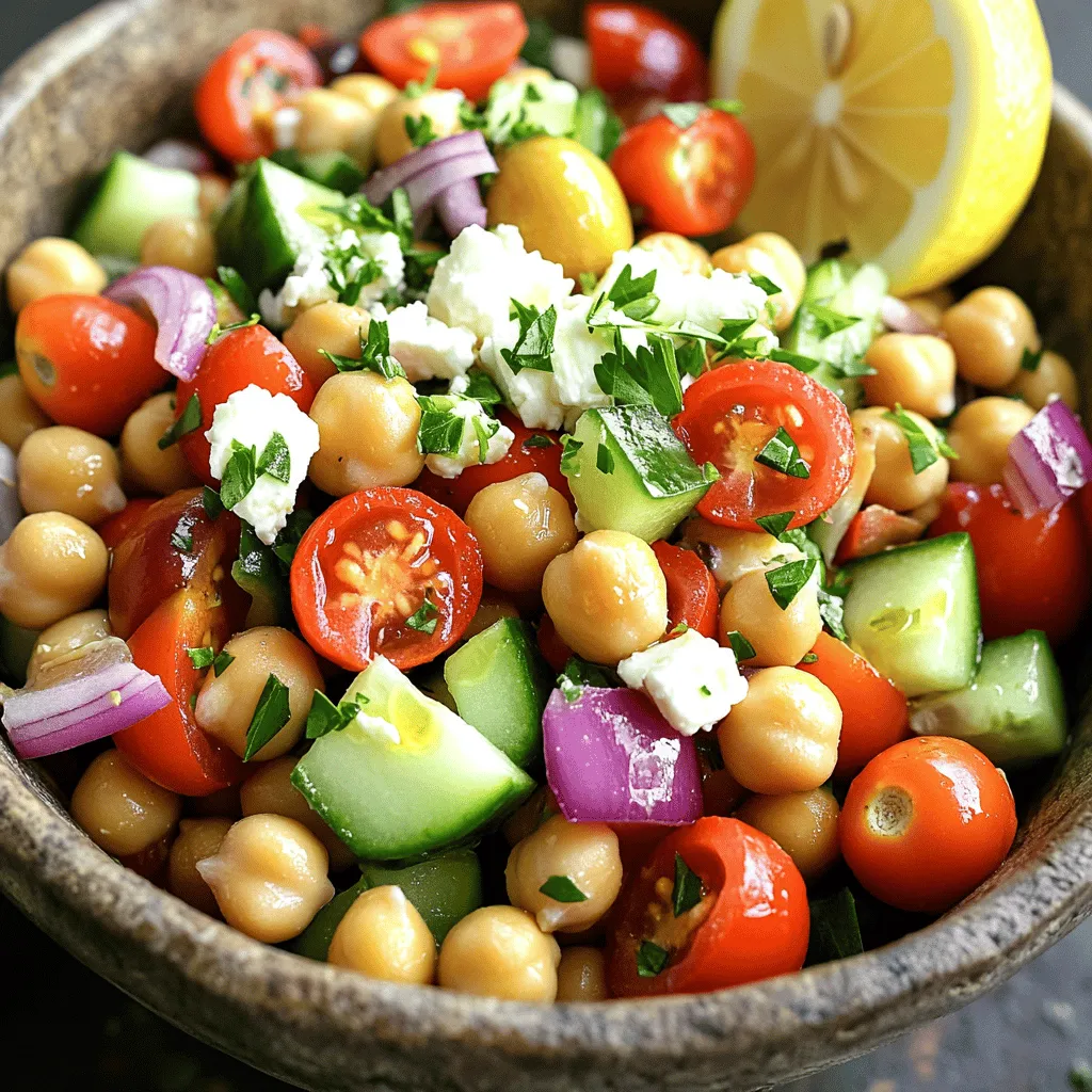 - Kichererbsen und Gemüse - Kichererbsen sind die Hauptzutat. Sie sind nahrhaft und machen satt. - Frische Kirschtomaten bringen Süße und Farbe. - Die Salatgurke sorgt für Knackigkeit und Frische. - Rote Paprika fügt einen süßen Biss hinzu. - Rote Zwiebel gibt einen würzigen Kick. - Kalamata-Oliven geben einen salzigen Geschmack. - Feta-Käse bereichert den Salat mit Cremigkeit. - Frische Petersilie sorgt für eine aromatische Note. - Getrockneter Oregano bringt mediterranes Flair. - Zitronensaft und Olivenöl - Frischer Zitronensaft sorgt für Säure und Helligkeit. - Natives Olivenöl extra bringt reichhaltigen Geschmack. - Salz und Pfeffer runden den Geschmack ab. - Diese einfachen Zutaten machen den Salat lebendig. Für das vollständige Rezept besuche bitte [Full Recipe]. Zuerst bereite ich die Kichererbsen vor. Ich verwende eine Dose Kichererbsen. Ich spüle sie gut ab und lasse sie abtropfen. Dann schneide ich das Gemüse. Ich nehme Kirschtomaten und halbiere sie. Die Gurke würfle ich in kleine Stücke. Die rote Paprika schneide ich ebenfalls in Würfel. Dann hacke ich die rote Zwiebel fein. Wenn ich alles vorbereitet habe, vermenge ich die Kichererbsen und das Gemüse in einer großen Schüssel. Jetzt mache ich das Dressing. In einer kleinen Schüssel gebe ich frischen Zitronensaft, natives Olivenöl, getrockneten Oregano, Salz und Pfeffer. Ich verrühre die Zutaten kräftig. Das Dressing sollte gut vermischt sein. Dann gieße ich es über die Kichererbsen-Mischung. Ich rühre vorsichtig um, damit alle Zutaten gleichmäßig bedeckt sind. Danach füge ich den zerbröselten Feta-Käse und die gehackte Petersilie hinzu. Ich mische alles sanft, um die Feta-Stücke nicht zu zerdrücken. Um den besten Geschmack zu erreichen, kühle ich den Salat für mindestens 30 Minuten. Ich decke die Schüssel mit Frischhaltefolie ab. So können sich die Aromen gut entfalten. Vor dem Servieren schmecke ich den Salat ab und füge bei Bedarf mehr Salz und Pfeffer hinzu. Für die Präsentation richte ich den Salat in einer großen Schüssel an. Ich garniere ihn mit zusätzlicher Petersilie und einer Zitronenscheibe. Damit sieht der Salat frisch und einladend aus. Für das komplette Rezept, schaue dir die [Full Recipe] an. Um den perfekten Salat zu machen, schneide die Zutaten gleichmäßig. Achte darauf, dass die Kichererbsen, das Gemüse und die anderen Zutaten in ähnliche Größen geschnitten sind. Das hilft beim Essen und sieht toll aus. Wenn du gleichmäßige Stücke hast, vermischt sich der Salat besser. Stelle sicher, dass du alle Zutaten in einer großen Schüssel gut vermengst. Beginne mit den Kichererbsen und füge dann das Gemüse hinzu. Mische alles sanft, damit die Kichererbsen nicht zerdrückt werden. So bleibt die Konsistenz knackig. Um den Geschmack zu intensivieren, verlängere die Einweichzeit der Kichererbsen. Wenn du getrocknete Kichererbsen verwendest, lasse sie über Nacht in Wasser einweichen. Das gibt ihnen eine bessere Textur und mehr Geschmack. Verwende frische Zutaten, wann immer du kannst. Frische Tomaten und Kräuter machen einen großen Unterschied im Geschmack. Sie bringen die Aromen des mediterranen Kichererbsensalats wirklich zur Geltung. Wenn du die Möglichkeit hast, gehe zum Markt und wähle die besten Zutaten aus. Für das vollständige Rezept kannst du [Full Recipe] ansehen. {{image_4}} Um deinen mediterranen Kichererbsensalat aufzupeppen, kannst du Avocado oder Quinoa hinzufügen. Avocado macht den Salat cremig und gibt gesunde Fette. Quinoa fügt eine nussige Note hinzu und macht den Salat noch sättigender. Du kannst auch verschiedene Käsesorten verwenden. Feta ist toll, aber auch Ziegenkäse oder Parmesan schmecken gut. Achte darauf, den Käse in kleine Stücke zu schneiden, damit er gut verteilt ist. Wenn du auf deine Ernährung achtest, gibt es viele diätfreundliche Optionen. Du kannst glutenfreie oder vegane Alternativen nutzen. Ersetze Feta durch einen pflanzlichen Käse, um vegan zu bleiben. Für eine Low-Carb-Version kannst du die Kichererbsen mit Blumenkohlreis ersetzen. So bleibt der Salat leicht und gesund, aber immer noch lecker. Probiere diese Anpassungen, um deinen Salat nach deinen Wünschen zu gestalten. Für das vollständige Rezept schaue dir die [Full Recipe] an. Der mediterrane Kichererbsensalat ist leicht zu lagern. Bewahren Sie ihn in einem luftdichten Behälter im Kühlschrank auf. So bleibt er frisch und lecker. Der optimale Aufbewahrungsort ist das Kühlschrankregal. Wenn Sie den Salat richtig lagern, hält er bis zu drei Tage. Nach drei Tagen kann der Geschmack nachlassen und die Zutaten können matschig werden. Sie können viele Zutaten im Voraus vorbereiten. Schneiden Sie das Gemüse am Tag vorher. Lagern Sie es in separaten Behältern im Kühlschrank. So sparen Sie Zeit, wenn Sie den Salat zubereiten möchten. Einfache Tipps für Meal Prep sind: - Kichererbsen abspülen und lagern. - Gemüse klein schneiden und kühl halten. - Dressing getrennt aufbewahren, um Frische zu sichern. Mit diesen Vorbereitungen ist Ihr mediterraner Kichererbsensalat schnell und einfach zubereitet. Besuchen Sie das [Full Recipe], um alle Details zu erfahren. - Schritt 1: Nehmen Sie eine große Schüssel. Geben Sie die abgetropften Kichererbsen hinein. - Schritt 2: Fügen Sie die halbierten Kirschtomaten, gewürfelte Gurke, gewürfelte Paprika, gehackte Zwiebel und die Kalamata-Oliven hinzu. - Schritt 3: In einer kleinen Schüssel mischen Sie Zitronensaft, Olivenöl, Oregano, Salz und Pfeffer. - Schritt 4: Gießen Sie das Dressing über die Kichererbsenmischung und rühren Sie sanft um. - Schritt 5: Fügen Sie den zerbröselten Feta-Käse und die gehackte Petersilie hinzu. Mischen Sie vorsichtig. - Schritt 6: Decken Sie die Schüssel ab und kühlen Sie den Salat 30 Minuten im Kühlschrank. Ja, Sie können verschiedene Gemüse verwenden. Hier sind einige tolle Alternativen: - Karotten für etwas Süße - Radieschen für einen knackigen Biss - Spinat oder Rucola für mehr Grün - Zucchini für einen milden Geschmack Diese Optionen machen den Salat noch bunter und schmackhafter. Experimentieren Sie mit Ihren Lieblingsgemüsesorten. Kichererbsensalat passt gut zu vielen Beilagen. Hier sind einige Ideen: - Gegrilltes Hähnchen oder Fisch für mehr Protein - Fladenbrot oder Pita für eine sättigende Beilage - Ein leichtes Joghurtdressing als Dip - Ein frischer Obstsalat für eine süße Note Diese Kombinationen runden Ihre Mahlzeit ab und sorgen für Vielfalt auf dem Teller. Der mediterrane Kichererbsensalat ist einfach zuzubereiten und voller Geschmack. Wir haben die Hauptbestandteile, wie Kichererbsen und Gemüse, sowie die Dressings-Zutaten besprochen. Die Tipps helfen, die perfekte Konsistenz und den besten Geschmack zu erreichen. Variationen machen diesen Salat flexibel für jeden Anlass. Achten Sie auf die richtigen Aufbewahrungshinweise, damit er frisch bleibt. Experimentieren Sie mit neuen Zutaten und genießen Sie gesunde Mahlzeiten. Mit diesem Rezept bereichern Sie Ihre Küche und Ihre Ernährung.
