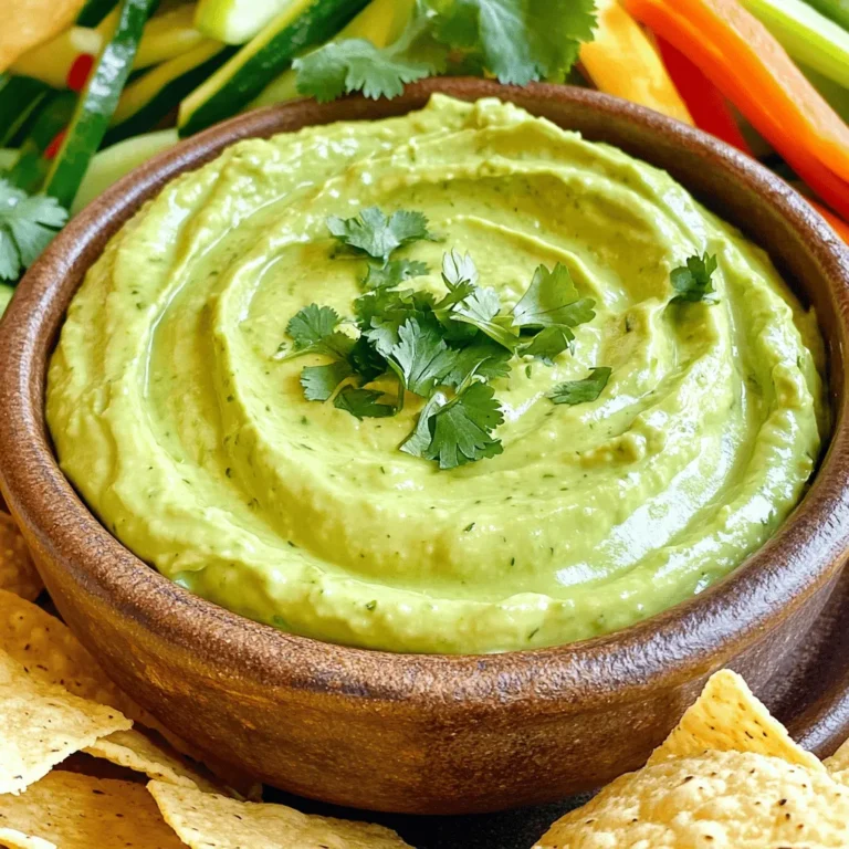 Für einen leckeren cremigen Avocado-Koriander-Dip benötigst du: - 2 reife Avocados - 1 Tasse frische Korianderblätter - 1 Knoblauchzehe, fein gehackt - 1 Limette, ausgepresst - ½ Tasse griechischer Joghurt - 1 Esslöffel Olivenöl - Salz und Pfeffer nach Geschmack - Optional: 1 kleine Jalapeño, entkernt und fein gehackt für einen scharfen Kick Wenn du keine Avocados hast, probiere Erbsen oder Cashewkerne. Diese geben auch eine cremige Basis. Statt griechischem Joghurt kannst du auch Sauerrahm oder pflanzlichen Joghurt verwenden. Falls du keinen Koriander magst, nutze Petersilie oder Basilikum. Die Limette kann durch Zitronensaft ersetzt werden. Wähle reife Avocados, die leicht nachgeben, wenn du sie drückst. Frischer Koriander sollte knackig und grün sein. Achte darauf, dass der Knoblauch frisch ist, um den besten Geschmack zu erzielen. Verwende hochwertigen Olivenöl für mehr Aroma. Frische Limetten sind saftiger und geben deinem Dip einen tollen Geschmack. Um diesen Dip zu machen, brauchen wir reife Avocados. Nehme zwei Avocados aus der Schale. Halbiere sie und entferne den Kern. Verwende einen Löffel, um das Fruchtfleisch herauszuschöpfen. Lege das Fruchtfleisch in die Schüssel deiner Küchenmaschine. Es ist wichtig, dass die Avocados reif sind, damit der Dip schön cremig wird. Jetzt füge die frischen Korianderblätter hinzu. Diese geben dem Dip viel Geschmack. Füge auch eine fein gehackte Knoblauchzehe hinzu. Der Knoblauch macht den Dip noch würziger. Presse eine Limette aus und gib den Saft dazu. Der Limettensaft bringt Frische. Dann füge ½ Tasse griechischen Joghurt und 1 Esslöffel Olivenöl hinzu. Wenn du es schärfer magst, kannst du jetzt eine kleine Jalapeño dazugeben. Püriere alles gut, bis die Mischung glatt ist. Mische die Seiten ab, falls nötig, um alles gleichmäßig zu vermengen. Sobald der Dip schön cremig ist, probiere ihn. Jetzt kannst du ihn nach deinem Geschmack mit Salz und Pfeffer würzen. Wenn der Dip zu dick ist, gebe etwas Wasser oder mehr Limettensaft dazu. Das hilft, die perfekte Konsistenz zu erreichen. Übertrage den Dip in eine Servierschüssel. Du kannst ihn mit gehacktem Koriander garnieren. Serviere den Dip mit Tortilla-Chips oder Gemüsesticks. So kommt der Geschmack am besten zur Geltung. Für das vollständige Rezept schaue dir bitte die Rubrik "Vollständige Rezept" an. Um die ideale Konsistenz für deinen cremigen Avocado-Koriander-Dip zu erreichen, achte auf die Reife der Avocados. Sie sollten weich, aber nicht überreif sein. Wenn der Dip zu dick ist, füge einen kleinen Spritzer Wasser oder mehr Limettensaft hinzu. Dies hilft, die Mischung geschmeidig zu machen. Püriere alles gut in der Küchenmaschine, damit keine Stückchen übrig bleiben. Achte darauf, die Seiten der Schüssel ab und zu abzuschaben, um eine gleichmäßige Textur zu erzielen. Du kannst den Dip leicht an deinen Geschmack anpassen. Wenn du es scharf magst, füge mehr Jalapeños hinzu. Für eine mildere Variante verwende weniger oder ganz weg. Du kannst auch andere Kräuter wie Petersilie oder Basilikum testen. Diese bringen neue Aromen. Wenn du einen zitronigen Geschmack möchtest, tausche die Limette gegen Zitrone aus. Experimentiere mit verschiedenen Kombinationen, um deinen perfekten Dip zu kreieren. Die Präsentation macht viel aus. Garniere den Dip mit frischem, gehacktem Koriander. Das sieht nicht nur schön aus, sondern schmeckt auch gut. Serviere den Dip in einer bunten Schüssel, um die Farben zu betonen. Tortilla-Chips oder Gemüsesticks sind tolle Begleiter. Du kannst auch kleine Schalen für individuelle Portionen nutzen. Stelle eine Auswahl an Snacks bereit, damit jeder nach Lust und Laune dippen kann. So wird dein Dip zum Star jeder Party! {{image_4}} Wenn du einen scharfen Kick magst, füge eine Jalapeño hinzu. Du kannst sie fein hacken. Achte darauf, die Kerne zu entfernen, um die Schärfe zu kontrollieren. Püriere die Jalapeño mit den anderen Zutaten. So wird der Dip schön scharf und lecker. Für eine vegane Version lasse den griechischen Joghurt weg. Du kannst stattdessen etwas Wasser oder pflanzliche Milch verwenden. Eine weitere Option ist, Avocado mit etwas Olivenöl zu mischen. Das sorgt für die nötige Cremigkeit. Dein Dip bleibt frisch und lecker. Du kannst den Dip auch mit zusätzlichen Aromen aufpeppen. Frische Kräuter wie Petersilie oder Dill passen gut. Auch ein Hauch von Kreuzkümmel oder Paprika kann den Geschmack verändern. Experimentiere mit verschiedenen Gewürzen, um deinen eigenen Twist zu finden. So wird jeder Bissen spannend. Diese Variationen machen deinen cremigen Avocado-Koriander-Dip noch vielseitiger. Du kannst ihn leicht anpassen, um jeden Geschmack zu treffen. Um den Dip frisch zu halten, lege ihn in einen luftdichten Behälter. Das hilft, Oxidation zu vermeiden. Wenn du die Oberfläche mit etwas Limettensaft bedeckst, bleibt die Farbe grün. Bewahre den Dip im Kühlschrank auf. So bleibt er länger lecker. Der cremige Avocado-Koriander-Dip hält sich etwa drei Tage im Kühlschrank. Nach dieser Zeit kann die Frische nachlassen. Achte darauf, den Dip gut abzudecken, um Gerüche zu vermeiden. Wenn du einen eigenartigen Geruch bemerkst, wirf ihn lieber weg. Wenn du den Dip länger aufbewahren möchtest, kannst du ihn einfrieren. Fülle ihn in einen gefrierfesten Behälter. Lass Platz für die Ausdehnung. Du kannst den Dip bis zu drei Monate im Gefrierfach lagern. Zum Auftauen, lege ihn einfach über Nacht in den Kühlschrank. Rühre ihn gut durch, bevor du ihn servierst. Ja, du kannst diesen Dip im Voraus machen. Der Dip bleibt frisch, wenn du ihn richtig lagerst. Fülle den Dip in einen luftdichten Behälter. Decke die Oberfläche mit Frischhaltefolie ab. Das verhindert, dass der Dip braun wird. Vor dem Servieren rühre ihn einfach gut durch. Um den Geschmack zu verbessern, füge frische Limette hinzu. Ein Spritzer mehr kann Wunder wirken. Du kannst auch mehr Knoblauch oder Koriander hinzufügen. Wenn du es scharf magst, probiere mehr Jalapeño. Ein Hauch von Kreuzkümmel bringt eine neue Note. Denke daran, nach dem Mischen zu probieren. So findest du die perfekte Balance. Tortilla-Chips sind eine klassische Wahl. Sie sind knusprig und passen gut zu dem cremigen Dip. Frisches Gemüse wie Karotten oder Paprika sind ebenfalls toll. Sie bringen einen gesunden Crunch mit. Für etwas anderes kannst du auch Pita-Brot verwenden. Dieses Rezept ist vielseitig. Du kannst mit verschiedenen Snacks experimentieren. Dieser Artikel hat gezeigt, wie man einen leckeren Dip zubereitet. Wir haben die Zutaten, die Schritte und Tipps behandelt. Du hast gelernt, wie man frische Zutaten auswählt und den Dip anpasst. Variationen geben dir Freiheit beim Kochen. Denke an die Lagerung, um die Frische zu bewahren. Mach dir keine Sorgen, wenn du die Zutaten nicht hast. Es gibt immer Ersatzmöglichkeiten. Jetzt bist du bereit, deinen eigenen Dip zu kreieren. Viel Spaß beim Kochen und Genießen!
