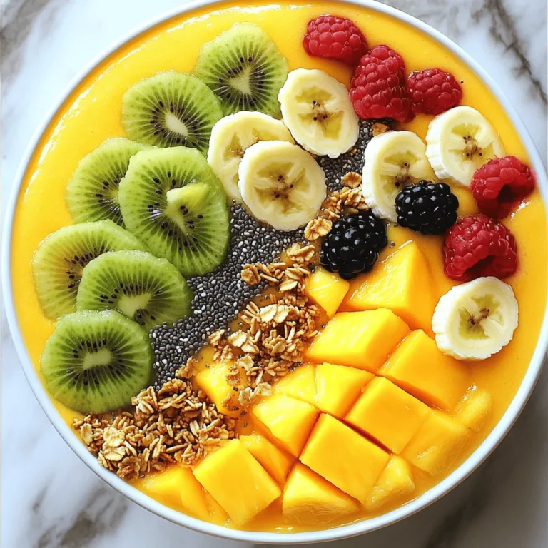 - 1 reife Mango, geschält und gewürfelt - 1 Tasse frische Ananasstücke - 1 gefrorene Banane - 1/2 Tasse griechischer Joghurt - 1/2 Tasse Kokosmilch - 1 Esslöffel Honig oder Ahornsirup - 1/4 Teelöffel gemahlener Ingwer - Frische Früchte zum Garnieren - Granola und Chiasamen zur Dekoration Die Zutaten für die Mango-Ananas Smoothie-Bowl sind einfach zu finden. Ich wähle immer reife Früchte. Die Mango sollte leuchtend orange sein und einen süßen Duft haben. Die Ananas sollte frisch und saftig sein. Diese Früchte machen die Bowl frisch und lecker. Die gefrorene Banane sorgt für eine cremige Textur. Sie macht die Mischung dick und macht das Trinken angenehm. Griechischer Joghurt fügt Proteine hinzu und macht die Bowl sättigend. Kokosmilch fügt einen tollen tropischen Geschmack hinzu. Honig oder Ahornsirup feine Süße bringen. Ich empfehle, die Süße nach Bedarf anzupassen. Der gemahlene Ingwer gibt der Bowl einen kleinen Kick. Frische Früchte zum Garnieren machen die Bowl bunt und einladend. Granola sorgt für Crunch, während Chiasamen für einen gesunden Zusatz sorgen. Für das volle Rezept schauen Sie sich den Abschnitt "Full Recipe" an. - Stellen Sie alle Zutaten bereit. Sie brauchen eine reife Mango, Ananas, eine gefrorene Banane, griechischen Joghurt, Kokosmilch, Honig und gemahlenen Ingwer. - Bereiten Sie den Mixer vor. Er sollte sauber und bereit zum Mixen sein. - Geben Sie die Mango, Ananas, Banane, Joghurt, Kokosmilch, Honig und Ingwer in den Mixer. - Mixen Sie alles gut durch, bis die Mischung glatt und cremig ist. Wenn die Konsistenz zu dick ist, fügen Sie mehr Kokosmilch hinzu. - Probieren Sie den Smoothie und passen Sie die Süße nach Ihrem Geschmack an. Fügen Sie mehr Honig hinzu, wenn Sie es süßer mögen. - Gießen Sie den Smoothie vorsichtig in eine Schüssel. - Arrangieren Sie die frischen Früchte auf der Oberseite des Smoothies. Nutzen Sie Kiwi, Beeren oder andere Früchte. - Bestreuen Sie die Bowl mit Granola und Chiasamen oder Kokosraspeln für den Crunch. Durch diese einfache Anleitung gelingt Ihnen die Mango-Ananas Smoothie-Bowl schnell und einfach. Sie können das [Full Recipe] für mehr Details nutzen. Die Wahl der besten Zutaten macht viel aus. Achte darauf, dass deine Mango reif ist. Sie sollte weich und duftend sein. Eine reife Mango gibt deinen Smoothie-Bowl den süßen Geschmack, den du willst. Für die Ananas wähle frische Stücke. Sie sollten süß und saftig sein. Gefrorene Bananen sind auch ein Muss. Sie geben der Bowl eine cremige Textur. Wenn du gefrorene Bananen verwendest, brauchst du weniger Eis. Die Konsistenz ist wichtig für das perfekte Erlebnis. Wenn dein Smoothie zu dick ist, füge mehr Flüssigkeit hinzu. Du kannst Kokosmilch oder Mandelmilch nutzen. Diese Milchalternativen passen gut zu den tropischen Früchten. Wenn du eine dickere Konsistenz magst, nimm weniger Flüssigkeit. Teste die Mischung, bis sie genau richtig ist. Die Anrichtung macht deine Bowl besonders. Sei kreativ mit den Toppings! Schneide frische Früchte wie Kiwi oder Beeren in schöne Stücke. Arrangiere sie kunstvoll auf der Smoothie-Basis. Granola gibt einen tollen Crunch und sieht auch gut aus. Du kannst auch Chiasamen oder Kokosraspel verwenden. Diese kleinen Details machen deine Bowl zu einem Kunstwerk. {{image_4}} Um deine Mango-Pineapple Smoothie Bowl noch frischer zu machen, füge andere tropische Früchte hinzu. Papaya oder Kiwi passen gut. Diese Früchte bringen neue Geschmäcker und Farben. Du kannst auch gefrorene Mangostücke verwenden. Das gibt der Bowl eine kühlende Note. Probiere verschiedene Kombinationen, um deinen Favoriten zu finden. Wenn du eine vegane Option suchst, ersetze den Joghurt. Verwende stattdessen Kokosjoghurt oder Mandeljoghurt. Für die Süße kannst du Agavendicksaft oder Datteln nutzen. Diese Alternativen machen die Bowl genauso lecker und cremig. Achte darauf, dass alles pflanzlich ist. So bleibst du im veganen Rahmen und genießt trotzdem den tollen Geschmack. Um mehr Protein in deine Smoothie Bowl zu bekommen, füge proteinreiches Pulver hinzu. Ein Esslöffel reicht oft aus. Alternativ kannst du auch Nüsse oder Samen wie Mandeln oder Chiasamen einstreuen. Diese geben dir nicht nur Protein, sondern auch einen schönen Crunch. Eine proteinreiche Bowl ist perfekt für den Start in den Tag oder nach dem Training. Für alle Variationen kannst du die [Full Recipe] aufrufen und so deine perfekte Smoothie Bowl kreieren! Um die Frische deiner Mango-Ananas Smoothie-Bowl zu bewahren, solltest du sie schnell kühlen. Wenn du Reste hast, lege sie in einen luftdichten Behälter. So bleibt die Bowl bis zu zwei Tage frisch. Vermeide es, sie zu lange bei Raumtemperatur stehen zu lassen. Ein Kühlschrank ist der beste Ort zur Lagerung. Wenn du die Smoothie-Bowl im Voraus zubereiten willst, mach das einfach. Mixe die Zutaten wie gewohnt und lagere sie in einem Behälter. Du kannst auch die Toppings separat aufbewahren. So bleiben sie knusprig und frisch. Stelle sicher, dass du alles gut verschließt, um das Aroma zu halten. Die Haltbarkeit der Smoothie-Bowl ist begrenzt. Ich empfehle, Reste innerhalb von zwei Tagen zu essen. Nach dieser Zeit kann der Geschmack nachlassen. Achte darauf, die Bowl vor dem Verzehr zu überprüfen. Wenn sie merkwürdig riecht oder aussieht, ist es besser, sie wegzuwerfen. So bleibst du auf der sicheren Seite. Um die Smoothie-Bowl süßer zu machen, können Sie verschiedene Methoden nutzen. Hier sind meine Tipps: - Fügen Sie mehr Honig oder Ahornsirup hinzu. - Verwenden Sie reifere Früchte, da sie natürlicher süßer sind. - Mixen Sie eine Dattel oder zwei in die Mischung für extra Süße. - Experimentieren Sie mit verschiedenen süßen Joghurt-Sorten. Diese Anpassungen lassen sich leicht machen und bringen mehr Geschmack in Ihr Rezept. Ja, gefrorene Früchte sind eine tolle Wahl. Sie bieten viele Vorteile: - Sie machen die Bowl kühler und erfrischender. - Gefrorene Früchte sind oft reifer und süßer. - Sie sind praktisch und jederzeit verfügbar. - Sie verlängern die Haltbarkeit der Smoothie-Bowl. Ich empfehle, gefrorene Bananen zu verwenden. Sie verleihen der Bowl eine cremige Textur. Toppings sind der Schlüssel zu einer tollen Smoothie-Bowl. Hier sind einige meiner Favoriten: - Frische Früchte wie Kiwi, Beeren oder Bananen. - Granola für knusprige Textur. - Chiasamen für einen gesunden Kick. - Kokosraspel für tropisches Flair. - Nüsse für extra Crunch und Protein. Diese Optionen machen Ihre Bowl nicht nur lecker, sondern auch gesund und bunt. Die Mango-Ananas Smoothie-Bowl vereint frische Früchte und cremige Zutaten. Wir haben die Hauptzutaten besprochen, wie man die Bowl zubereitet und anrichtet. Tipps zur Auswahl der besten Zutaten waren ebenfalls wichtig. Du kannst Variationen ausprobieren, um neue Geschmäcker zu entdecken. Auch die Aufbewahrung und Haltbarkeit der Reste sind einfach. Mit diesen Informationen wirst du leckere Smoothie-Bowls kreieren. Starte gleich und genieße die Vielfalt!