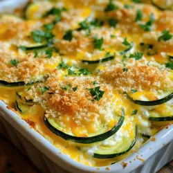 Für einen guten Käse-Zucchini-Auflauf brauche ich frische und schmackhafte Zutaten. Hier sind die Hauptzutaten: - 4 mittelgroße Zucchini, dünn geschnitten - 1 Tasse geriebener Cheddar-Käse - 1 Tasse Hüttenkäse - 1 mittelgroße Zwiebel, gewürfelt - 2 Knoblauchzehen, fein gehackt Zucchini sind leicht und gesund. Sie geben dem Auflauf eine schöne Textur. Käse sorgt für den cremigen Geschmack. Zwiebel und Knoblauch fügen viel Aroma hinzu. Die Gewürze und Öle machen den Auflauf noch besser. Hier sind die wichtigen Zutaten: - 1 Esslöffel Olivenöl - 1 Teelöffel getrocknete italienische Kräuter (Basilikum, Oregano, Thymian) - Salz und Pfeffer nach Geschmack Olivenöl hilft, die Zwiebel und den Knoblauch gut anzubraten. Die italienischen Kräuter bringen frischen Geschmack in den Auflauf. Salz und Pfeffer runden alles ab. Mit diesen Zutaten gelingt der Käse-Zucchini-Auflauf leicht. Du findest das vollständige Rezept im Abschnitt Full Recipe. Heize zuerst deinen Ofen auf 190 °C vor. Das ist wichtig, damit der Auflauf gleichmäßig backt. Während der Ofen warm wird, schneide die Zucchini in dünne Scheiben. Zucchini sind die Hauptzutat und geben dem Auflauf viel Geschmack. In einer großen Pfanne erhitzt du einen Esslöffel Olivenöl bei mittlerer Hitze. Füge dann die gewürfelte Zwiebel hinzu. Brate die Zwiebel an, bis sie glasig ist, etwa fünf Minuten. Jetzt kommt der fein gehackte Knoblauch dazu. Brate ihn eine weitere Minute, bis es gut riecht. Nimm die Pfanne dann vom Herd. In einer großen Schüssel kombinierst du die geschnittenen Zucchini, die sautierte Zwiebel und den Knoblauch. Füge eine Tasse Hüttenkäse und die Hälfte des geriebenen Cheddar-Käses hinzu. Mische alles gut durch. Jetzt würze die Mischung nach Geschmack mit Salz, Pfeffer und den italienischen Kräutern. Übertrage die Zucchini-Mischung in eine gefettete Auflaufform. Verteile sie gleichmäßig, damit jeder Bissen gut wird. In einer separaten Schüssel mischst du die Semmelbrösel mit dem restlichen Cheddar-Käse. Diese Mischung ist wichtig für die knusprige Kruste. Streue sie gleichmäßig über den Zucchini-Auflauf. So wird der Auflauf schön goldbraun und lecker. Jetzt kommt der beste Teil! Backe den Auflauf im vorgeheizten Ofen für 30 bis 35 Minuten. Die Oberseite sollte goldbraun sein und die Zucchini zart. Nach dem Backen lasse den Auflauf einige Minuten abkühlen, bevor du ihn servierst. So bleibt er saftig und schmeckt besser. Du kannst ihn mit frischer Petersilie garnieren, um ihn noch schöner zu machen. Für das vollständige Rezept, schaue dir die [Full Recipe] an. Um den perfekten Käse-Zucchini-Auflauf zu machen, sind einige einfache Tricks wichtig. Zucchini kann viel Wasser enthalten. Das kann den Auflauf wässrig machen. Um das zu vermeiden, salzen Sie die Zucchini vor dem Kochen. Lassen Sie sie 10 Minuten ruhen und drücken Sie das Wasser heraus. So bleibt der Auflauf schön fest. Die Käsemischung spielt eine große Rolle. Ich empfehle, eine Kombination aus geriebenem Cheddar und Hüttenkäse zu verwenden. Der Cheddar bringt einen kräftigen Geschmack, während der Hüttenkäse für eine cremige Textur sorgt. Diese Mischung macht den Auflauf so lecker! Zu meinem Käse-Zucchini-Auflauf passen viele Beilagen. Ein frischer Salat ist eine gute Wahl. Auch ein Stück knuspriges Brot dazu passt gut. Für Getränke empfehle ich einen leichten Weißwein oder ein kühles Wasser mit Zitrone. Beim Anrichten ist die Garnierung wichtig. Verwenden Sie frische, gehackte Petersilie. Das sieht schön aus und gibt zusätzlich Geschmack. Schneiden Sie den Auflauf in gleichmäßige Stücke. So sieht es appetitlich aus und jeder kann sich einfach bedienen. Für das komplette Rezept schauen Sie sich den [Full Recipe] an. {{image_4}} Zucchini ist ein großartiges Gemüse. Aber Sie können noch mehr hinzufügen. Mögen Sie Paprika? Fügen Sie rote oder grüne Paprika hinzu. Brokkoli ist auch lecker. Es gibt viele Möglichkeiten, um den Auflauf bunter zu gestalten. Sie können auch Karotten oder Spinat nutzen. Wenn Sie vegan essen, denken Sie an pflanzliche Käseoptionen. Viele Marken bieten heute gute Alternativen an. Diese Käse sind oft aus Nüssen oder Soja gemacht. Sie schmelzen gut und geben dem Auflauf Geschmack. Um den Auflauf besser zu machen, können Sie Gewürze hinzufügen. Chili-Flocken geben einen tollen Kick. Paprika oder Kreuzkümmel sorgen für einen neuen Geschmack. Experimentieren Sie mit Gewürzen, die Sie mögen. Käse ist der Star des Gerichts. Verschiedene Käsesorten bringen neue Aromen. Mozzarella macht den Auflauf besonders cremig. Feta sorgt für eine salzige Note. Probieren Sie verschiedene Käsesorten aus, um den perfekten Geschmack zu finden. Für das beste Rezept, schauen Sie sich das Full Recipe an. Um deinen Käse-Zucchini-Auflauf frisch zu halten, lagere ihn richtig. Lass den Auflauf nach dem Backen etwas abkühlen. Decke die Auflaufform mit einem Deckel oder Frischhaltefolie ab. So bleibt der Auflauf für bis zu drei Tage im Kühlschrank frisch. Wenn du ihn länger aufbewahren willst, friere ihn ein. Teile den Auflauf in Portionen. Nutze luftdichte Behälter oder Gefrierbeutel. So bleibt er bis zu drei Monate haltbar. Um den Auflauf wieder aufzuwärmen, benutze den Ofen. Heize ihn auf 180 °C vor. Lege den Auflauf in eine Auflaufform und decke ihn mit Alufolie ab. So bleibt er saftig. Erwärme ihn für 20 bis 25 Minuten. Du kannst auch die Mikrowelle nutzen. Stelle den Auflauf in eine mikrowellengeeignete Schüssel. Erwärme ihn in kurzen Intervallen von zwei bis drei Minuten. Prüfe zwischendurch die Temperatur. So bleibt der Auflauf lecker und wird gleichmäßig warm. Für die besten Ergebnisse probiere diese Methoden. So schmeckt dein Käse-Zucchini-Auflauf auch am nächsten Tag noch gut. Du kannst das ganze Rezept hier finden: [Full Recipe]. Die Zubereitung des Käse-Zucchini-Auflaufs dauert insgesamt etwa 50 Minuten. Davon entfallen 15 Minuten auf die Vorbereitung und 30 bis 35 Minuten auf das Backen. Während der Vorbereitungszeit schneide ich die Zucchini und brate die Zwiebel an. Das Backen erfolgt bei 190 °C. So wird der Auflauf schön goldbraun. Ja, du kannst den Auflauf im Voraus machen. Bereite ihn einfach bis zur Backphase vor. Decke die Auflaufform mit Frischhaltefolie ab und stelle sie in den Kühlschrank. Du kannst ihn am nächsten Tag backen. Das macht die Zubereitung für dein Abendessen viel einfacher. Der Käse-Zucchini-Auflauf ist nicht glutenfrei, da er Semmelbrösel enthält. Um ihn glutenfrei zu machen, kannst du glutenfreie Semmelbrösel oder sogar Haferflocken verwenden. Achte darauf, dass die anderen Zutaten ebenfalls glutenfrei sind. So bleibt der Auflauf lecker und passt zu deiner Diät. Um die Reste aufzubewahren, lege den Auflauf in einen luftdichten Behälter. So bleibt er frisch und lecker. Du kannst ihn im Kühlschrank bis zu 3 Tage aufbewahren. Wenn du ihn länger halten möchtest, friere die Reste ein. Zum Wiedererwärmen lege den Auflauf einfach in den Ofen, bis er heiß ist. Der Käse-Zucchini-Auflauf ist leicht zuzubereiten und voller Geschmack. Wir haben die wichtigen Zutaten, Schritte und hilfreiche Tipps behandelt. Denke daran, frische Zucchini zu wählen und die richtigen Käsesorten zu verwenden. Experimentiere mit Gewürzen und Variationen, um deinen perfekten Auflauf zu kreieren. Mit den richtigen Lagerungshinweisen bleiben die Reste lange frisch. Viel Spaß beim Kochen und Genießen!