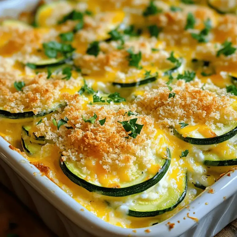 Für einen guten Käse-Zucchini-Auflauf brauche ich frische und schmackhafte Zutaten. Hier sind die Hauptzutaten: - 4 mittelgroße Zucchini, dünn geschnitten - 1 Tasse geriebener Cheddar-Käse - 1 Tasse Hüttenkäse - 1 mittelgroße Zwiebel, gewürfelt - 2 Knoblauchzehen, fein gehackt Zucchini sind leicht und gesund. Sie geben dem Auflauf eine schöne Textur. Käse sorgt für den cremigen Geschmack. Zwiebel und Knoblauch fügen viel Aroma hinzu. Die Gewürze und Öle machen den Auflauf noch besser. Hier sind die wichtigen Zutaten: - 1 Esslöffel Olivenöl - 1 Teelöffel getrocknete italienische Kräuter (Basilikum, Oregano, Thymian) - Salz und Pfeffer nach Geschmack Olivenöl hilft, die Zwiebel und den Knoblauch gut anzubraten. Die italienischen Kräuter bringen frischen Geschmack in den Auflauf. Salz und Pfeffer runden alles ab. Mit diesen Zutaten gelingt der Käse-Zucchini-Auflauf leicht. Du findest das vollständige Rezept im Abschnitt Full Recipe. Heize zuerst deinen Ofen auf 190 °C vor. Das ist wichtig, damit der Auflauf gleichmäßig backt. Während der Ofen warm wird, schneide die Zucchini in dünne Scheiben. Zucchini sind die Hauptzutat und geben dem Auflauf viel Geschmack. In einer großen Pfanne erhitzt du einen Esslöffel Olivenöl bei mittlerer Hitze. Füge dann die gewürfelte Zwiebel hinzu. Brate die Zwiebel an, bis sie glasig ist, etwa fünf Minuten. Jetzt kommt der fein gehackte Knoblauch dazu. Brate ihn eine weitere Minute, bis es gut riecht. Nimm die Pfanne dann vom Herd. In einer großen Schüssel kombinierst du die geschnittenen Zucchini, die sautierte Zwiebel und den Knoblauch. Füge eine Tasse Hüttenkäse und die Hälfte des geriebenen Cheddar-Käses hinzu. Mische alles gut durch. Jetzt würze die Mischung nach Geschmack mit Salz, Pfeffer und den italienischen Kräutern. Übertrage die Zucchini-Mischung in eine gefettete Auflaufform. Verteile sie gleichmäßig, damit jeder Bissen gut wird. In einer separaten Schüssel mischst du die Semmelbrösel mit dem restlichen Cheddar-Käse. Diese Mischung ist wichtig für die knusprige Kruste. Streue sie gleichmäßig über den Zucchini-Auflauf. So wird der Auflauf schön goldbraun und lecker. Jetzt kommt der beste Teil! Backe den Auflauf im vorgeheizten Ofen für 30 bis 35 Minuten. Die Oberseite sollte goldbraun sein und die Zucchini zart. Nach dem Backen lasse den Auflauf einige Minuten abkühlen, bevor du ihn servierst. So bleibt er saftig und schmeckt besser. Du kannst ihn mit frischer Petersilie garnieren, um ihn noch schöner zu machen. Für das vollständige Rezept, schaue dir die [Full Recipe] an. Um den perfekten Käse-Zucchini-Auflauf zu machen, sind einige einfache Tricks wichtig. Zucchini kann viel Wasser enthalten. Das kann den Auflauf wässrig machen. Um das zu vermeiden, salzen Sie die Zucchini vor dem Kochen. Lassen Sie sie 10 Minuten ruhen und drücken Sie das Wasser heraus. So bleibt der Auflauf schön fest. Die Käsemischung spielt eine große Rolle. Ich empfehle, eine Kombination aus geriebenem Cheddar und Hüttenkäse zu verwenden. Der Cheddar bringt einen kräftigen Geschmack, während der Hüttenkäse für eine cremige Textur sorgt. Diese Mischung macht den Auflauf so lecker! Zu meinem Käse-Zucchini-Auflauf passen viele Beilagen. Ein frischer Salat ist eine gute Wahl. Auch ein Stück knuspriges Brot dazu passt gut. Für Getränke empfehle ich einen leichten Weißwein oder ein kühles Wasser mit Zitrone. Beim Anrichten ist die Garnierung wichtig. Verwenden Sie frische, gehackte Petersilie. Das sieht schön aus und gibt zusätzlich Geschmack. Schneiden Sie den Auflauf in gleichmäßige Stücke. So sieht es appetitlich aus und jeder kann sich einfach bedienen. Für das komplette Rezept schauen Sie sich den [Full Recipe] an. {{image_4}} Zucchini ist ein großartiges Gemüse. Aber Sie können noch mehr hinzufügen. Mögen Sie Paprika? Fügen Sie rote oder grüne Paprika hinzu. Brokkoli ist auch lecker. Es gibt viele Möglichkeiten, um den Auflauf bunter zu gestalten. Sie können auch Karotten oder Spinat nutzen. Wenn Sie vegan essen, denken Sie an pflanzliche Käseoptionen. Viele Marken bieten heute gute Alternativen an. Diese Käse sind oft aus Nüssen oder Soja gemacht. Sie schmelzen gut und geben dem Auflauf Geschmack. Um den Auflauf besser zu machen, können Sie Gewürze hinzufügen. Chili-Flocken geben einen tollen Kick. Paprika oder Kreuzkümmel sorgen für einen neuen Geschmack. Experimentieren Sie mit Gewürzen, die Sie mögen. Käse ist der Star des Gerichts. Verschiedene Käsesorten bringen neue Aromen. Mozzarella macht den Auflauf besonders cremig. Feta sorgt für eine salzige Note. Probieren Sie verschiedene Käsesorten aus, um den perfekten Geschmack zu finden. Für das beste Rezept, schauen Sie sich das Full Recipe an. Um deinen Käse-Zucchini-Auflauf frisch zu halten, lagere ihn richtig. Lass den Auflauf nach dem Backen etwas abkühlen. Decke die Auflaufform mit einem Deckel oder Frischhaltefolie ab. So bleibt der Auflauf für bis zu drei Tage im Kühlschrank frisch. Wenn du ihn länger aufbewahren willst, friere ihn ein. Teile den Auflauf in Portionen. Nutze luftdichte Behälter oder Gefrierbeutel. So bleibt er bis zu drei Monate haltbar. Um den Auflauf wieder aufzuwärmen, benutze den Ofen. Heize ihn auf 180 °C vor. Lege den Auflauf in eine Auflaufform und decke ihn mit Alufolie ab. So bleibt er saftig. Erwärme ihn für 20 bis 25 Minuten. Du kannst auch die Mikrowelle nutzen. Stelle den Auflauf in eine mikrowellengeeignete Schüssel. Erwärme ihn in kurzen Intervallen von zwei bis drei Minuten. Prüfe zwischendurch die Temperatur. So bleibt der Auflauf lecker und wird gleichmäßig warm. Für die besten Ergebnisse probiere diese Methoden. So schmeckt dein Käse-Zucchini-Auflauf auch am nächsten Tag noch gut. Du kannst das ganze Rezept hier finden: [Full Recipe]. Die Zubereitung des Käse-Zucchini-Auflaufs dauert insgesamt etwa 50 Minuten. Davon entfallen 15 Minuten auf die Vorbereitung und 30 bis 35 Minuten auf das Backen. Während der Vorbereitungszeit schneide ich die Zucchini und brate die Zwiebel an. Das Backen erfolgt bei 190 °C. So wird der Auflauf schön goldbraun. Ja, du kannst den Auflauf im Voraus machen. Bereite ihn einfach bis zur Backphase vor. Decke die Auflaufform mit Frischhaltefolie ab und stelle sie in den Kühlschrank. Du kannst ihn am nächsten Tag backen. Das macht die Zubereitung für dein Abendessen viel einfacher. Der Käse-Zucchini-Auflauf ist nicht glutenfrei, da er Semmelbrösel enthält. Um ihn glutenfrei zu machen, kannst du glutenfreie Semmelbrösel oder sogar Haferflocken verwenden. Achte darauf, dass die anderen Zutaten ebenfalls glutenfrei sind. So bleibt der Auflauf lecker und passt zu deiner Diät. Um die Reste aufzubewahren, lege den Auflauf in einen luftdichten Behälter. So bleibt er frisch und lecker. Du kannst ihn im Kühlschrank bis zu 3 Tage aufbewahren. Wenn du ihn länger halten möchtest, friere die Reste ein. Zum Wiedererwärmen lege den Auflauf einfach in den Ofen, bis er heiß ist. Der Käse-Zucchini-Auflauf ist leicht zuzubereiten und voller Geschmack. Wir haben die wichtigen Zutaten, Schritte und hilfreiche Tipps behandelt. Denke daran, frische Zucchini zu wählen und die richtigen Käsesorten zu verwenden. Experimentiere mit Gewürzen und Variationen, um deinen perfekten Auflauf zu kreieren. Mit den richtigen Lagerungshinweisen bleiben die Reste lange frisch. Viel Spaß beim Kochen und Genießen!