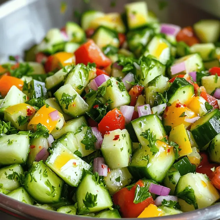 Für den Gurken-Tomaten-Salat brauche ich frische und knackige Zutaten. Hier ist, was ich benutze: - 2 mittelgroße Gurken, gewürfelt - 3 reife Tomaten, gewürfelt - 1 kleine rote Zwiebel, fein gehackt - 1 Paprika (nach Wahl), gewürfelt - 1/4 Tasse frischer Petersilie, gehackt - 2 Esslöffel Zitronensaft - 2 Esslöffel Olivenöl - 1 Teelöffel Honig oder Agavensirup - Salz und Pfeffer nach Geschmack - Eine Prise rote Chiliflocken (optional für etwas Schärfe) Diese Zutaten machen den Salat frisch und voller Geschmack. Ich achte immer auf frische Zutaten. Hier sind einige Tipps: - Gurken: Wählen Sie feste Gurken ohne Druckstellen. Sie sollten glänzend und knackig sein. - Tomaten: Reife Tomaten haben eine tiefe Farbe und duften gut. Vermeiden Sie grüne Stellen. - Zwiebeln: Nehmen Sie feste Zwiebeln ohne braune Flecken. Sie sollten scharf im Geruch sein. - Paprika: Suchen Sie nach leuchtenden, glatten Paprika. Sie sollten keine Falten haben. - Kräuter: Frische Kräuter sollten grün und nicht welkt sein. Sie geben dem Salat mehr Aroma. Wenn Sie diese Tipps befolgen, gelingt der Salat sicher. Manchmal habe ich keine frischen Kräuter. Hier sind einige Alternativen: - Trockenkräuter: Verwenden Sie getrocknete Kräuter wie Oregano oder Basilikum. Sie sind leicht zu finden und halten lange. - Kräuterpaste: Eine kleine Menge Kräuterpaste kann ebenfalls gut schmecken. Achten Sie auf die Menge, da sie stark ist. - Kräuteröl: Ein gutes Kräuteröl kann dem Salat Geschmack geben. Es ist eine schnelle und einfache Lösung. Diese Alternativen können helfen, den Salat trotzdem lecker zu machen. Für das Rezept schauen Sie sich die [Full Recipe] an. Die Vorbereitungszeit für diesen Gurken-Tomaten-Salat liegt bei 15 Minuten. Die gesamte Zubereitung dauert 25 Minuten. In dieser kurzen Zeit kannst du einen frischen und leckeren Salat zaubern. 1. Zuerst würfelst du die Gurken und die Tomaten in kleine Stücke. 2. Dann hackst du die rote Zwiebel fein. 3. Wenn du möchtest, kannst du auch eine Paprika nach Wahl würfeln. 4. Gib alle gewürfelten Zutaten in eine große Schüssel. 5. Füge die frisch gehackte Petersilie hinzu und rühre vorsichtig um. 6. In einer kleinen Schüssel mischst du den Zitronensaft, das Olivenöl, den Honig (oder Agavensirup), Salz und Pfeffer. 7. Verquirle alles gut, bis die Mischung gleichmäßig aussieht. 8. Gieße das Dressing über die Salatmischung und mische sanft. 9. Wenn du etwas Schärfe magst, streue rote Chiliflocken darüber. 10. Lass den Salat etwa 10 Minuten ruhen, damit die Aromen sich verbinden. 11. Serviere den Salat kalt oder bei Zimmertemperatur. Wenn du den Salat servierst, platziere ihn auf einem großen Teller. Du kannst ihn mit zusätzlichen Petersilienblättern garnieren. Ein paar Zitronenscheiben daneben machen den Salat frisch und einladend. Für das beste Geschmackserlebnis ist es wichtig, den Salat nicht zu lange stehen zu lassen. So bleibt er knackig und lecker. Du findest die vollständige Anleitung in der [Full Recipe]. Ein gutes Dressing macht den Salat besonders. Für dein Gurken-Tomaten-Salat empfehle ich eine Mischung aus Zitronensaft und Olivenöl. Dies gibt eine frische Note. Du kannst auch Honig oder Agavensirup hinzufügen. Das macht das Dressing süßlich. Für mehr Geschmack füge Senf oder Joghurt hinzu. Diese Zutaten bringen eine neue Dimension in dein Rezept. Um den besten Geschmack zu erzielen, lasse den Salat etwas ruhen. Zehn Minuten sind ideal. So können sich die Aromen verbinden. Wenn du den Salat im Kühlschrank lagerst, hole ihn eine halbe Stunde vorher heraus. Dadurch kommt der Geschmack besser zur Geltung. Ein kalter Salat ist erfrischend, besonders an warmen Tagen. Das Anrichten ist wichtig, um den Salat einladend zu machen. Verwende einen großen Teller für eine schöne Präsentation. Lege die Zutaten großzügig darauf. Du kannst frische Petersilie oder Zitronenscheiben zur Garnitur benutzen. Diese sorgen für Farbe und Frische. Denke daran, den Salat nicht zu überladen. Weniger ist manchmal mehr. Die Tipps hier machen deinen Gurken-Tomaten-Salat zu einem visuellen und geschmacklichen Genuss. Für die vollständige Anleitung schaue dir das [Full Recipe] an. {{image_4}} Der griechische Gurken-Tomaten-Salat ist ein Klassiker. Du kannst ihn mit Feta-Käse und Kalamata-Oliven verfeinern. Diese Zutaten bringen einen salzigen und herzhaften Geschmack. Verwende frischen Oregano für die richtige Note. Mische alles zusammen und genieße diesen mediterranen Genuss. Der italienische Gurken-Tomaten-Salat hat seine eigene Note. Füge Mozzarella-Kugeln und frisches Basilikum hinzu. Ein Spritzer Balsamico-Essig macht ihn besonders lecker. Diese Kombination hebt den Geschmack des Salats hervor. Er wird zum perfekten Begleiter für Pasta oder Grillgerichte. Sei kreativ mit deinem Salat! Du kannst Avocado oder schwarze Bohnen hinzufügen. Diese Zutaten geben deinem Salat mehr Textur und Geschmack. Auch Früchte wie Mango oder Ananas passen gut dazu. Experimentiere mit verschiedenen Dressings, wie Joghurtdressing oder Tahini. So bleibt dein Gurken-Tomaten-Salat immer spannend und frisch. Für die vollständige Anleitung kannst du das Rezept [Full Recipe] nutzen. Um den Gurken-Tomaten-Salat frisch zu halten, verwende einen luftdichten Behälter. Stelle sicher, dass der Salat nicht mit Luft in Kontakt kommt. Wenn möglich, lagere das Dressing separat. Mische es erst kurz vor dem Servieren. So bleibt die Textur der Zutaten knackig. Der Salat hält im Kühlschrank etwa 2 bis 3 Tage. Nach dieser Zeit verlieren die Zutaten ihren frischen Biss. Gurken können wässrig werden, was die Qualität beeinträchtigt. Überprüfe den Salat regelmäßig auf Veränderungen in Geruch oder Aussehen. Wenn du Reste hast, gibt es viele kreative Wege, sie zu nutzen. Füge den Salat zu einem Wrap hinzu oder verwende ihn als Belag für Sandwiches. Du kannst ihn auch in eine Suppe einrühren. Eine weitere Idee ist, ihn als Beilage zu gebratenem Fisch oder Hähnchen zu servieren. So macht das Essen Spaß und du vermeidest Abfall! Gurken-Tomaten-Salat hält sich gut im Kühlschrank. Du kannst ihn bis zu drei Tage aufbewahren. Stelle sicher, dass du ihn in einem luftdichten Behälter lagerst. Nach ein paar Tagen kann der Salat jedoch weich werden. Das ist normal, da die Gurken Wasser abgeben. Um die Frische zu erhalten, iss ihn am besten innerhalb von zwei Tagen. Ja, du kannst andere Gemüsesorten hinzufügen! Möhren, Radieschen oder Paprika passen gut. Experimentiere mit verschiedenen Farben und Texturen. Zucchini oder Avocado sind auch tolle Optionen. Achte darauf, dass die neuen Zutaten gut gewaschen und klein geschnitten sind. So bleibt der Salat knackig und frisch. Ja, dieser Salat ist ideal für Diäten. Er ist kalorienarm und voller Vitamine. Die frischen Zutaten geben dir Energie, ohne viele Kalorien zu enthalten. Du kannst das Olivenöl reduzieren, wenn du noch weniger Kalorien möchtest. Dieser Salat ist auch glutenfrei und vegan. Das macht ihn zu einer großartigen Wahl für viele Essgewohnheiten. Für das vollständige Rezept, schau dir die Erfrischender Gurken-Tomaten-Genuss Anleitung an! Zusammenfassend haben wir die besten Zutaten für einen köstlichen Gurken-Tomaten-Salat besprochen. Ich habe Tipps zur Auswahl frischer Zutaten gegeben und Alternativen zu Kräutern vorgestellt. Ihre Zubereitung kann einfach sein, mit klaren Schritten und wichtigen Tipps. Kombinieren Sie verschiedene Dressings und lernen Sie, den Salat perfekt zu temperieren. Vergessen Sie nicht, kreative Variationen auszuprobieren. Richtig gelagert hält der Salat länger. Ihre Fragen zu Lagerung und Diäten sind nun beantwortet. Kochen macht Spaß und gesunde Ernährung ist wichtig. Genießen Sie Ihren Salat!