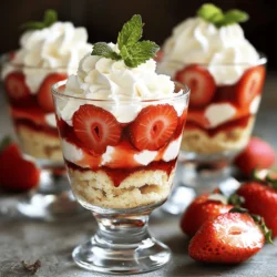Um leckere Strawberry Shortcake Parfaits zu machen, brauchst du einige einfache Zutaten. Hier ist die Liste: - 2 Tassen frische Erdbeeren, entstielt und in Scheiben geschnitten - 3 Esslöffel Kristallzucker - 1 Tasse Schlagsahne - 1 Teelöffel Vanilleextrakt - 2 Esslöffel Puderzucker - 2 Tassen gekauftes Shortcake oder hausgemachter Vanille-Biskuit, zerkrümelt - Frische Minzblätter zur Garnitur Die Erdbeeren bringen die fruchtige Süße. Der Zucker hilft, die Aromen zu verstärken. Schlagsahne sorgt für eine luftige Textur. Vanilleextrakt fügt Tiefe hinzu. Puderzucker macht die Sahne süßer. Um deine Parfaits noch schöner zu machen, kannst du einige Garnierungen hinzufügen. Hier sind ein paar Ideen: - Schokoladensirup für einen süßen Touch - Weitere frische Erdbeeren, ganz oder in Scheiben - Geröstete Mandeln für einen knackigen Biss - Essbare Blüten zur Dekoration Diese Extras machen deine Parfaits nicht nur lecker, sondern auch sehr ansprechend. Wenn du Allergien hast oder bestimmte Zutaten nicht verwenden kannst, gibt es gute Alternativen. Hier sind einige Vorschläge: - Verwende Kokoscreme anstelle von Schlagsahne für eine milchfreie Option. - Anstelle von Kristallzucker kannst du Honig oder Agavendicksaft verwenden. - Glutenfreies Shortcake oder glutenfreier Keks sind gute Alternativen für die Basis. Diese Ersatzstoffe helfen, den Genuss zu bewahren, ohne Probleme zu verursachen. Um die Erdbeeren vorzubereiten, beginne mit frischen, reifen Früchten. Entferne die grünen Blätter und schneide sie in Scheiben. In einer mittelgroßen Schüssel vermenge die geschnittenen Erdbeeren mit zwei Esslöffeln Kristallzucker. Rühre sanft um. Lass die Mischung für 15 bis 20 Minuten stehen. So können die Erdbeeren ihren Saft freisetzen. Das ergibt einen süßen Erdbeersirup, der deinen Parfaits Geschmack verleiht. Für die Schlagsahne nimm eine separate Rührschüssel. Gib die Schlagsahne, den Vanilleextrakt und den restlichen Esslöffel Kristallzucker hinein. Benutze einen Handmixer oder eine Küchenmaschine. Schlage die Mischung auf mittlerer Stufe, bis weiche Spitzen entstehen. Achte darauf, nicht zu lange zu schlagen. Füge nun den Puderzucker hinzu und schlage weiter, bis steife Spitzen entstehen. Perfekte Schlagsahne ist leicht und luftig. Jetzt kommt der spaßige Teil: das Schichten der Parfaits. Nimm Serviergläser oder Schalen. Beginne mit einer Schicht zerkrümeltem Shortcake am Boden. Darauf gib eine Schicht der marinierten Erdbeeren und dann einen großen Klecks Schlagsahne. Wiederhole die Schichtung, bis die Gläser gefüllt sind. Beende mit einem weiteren Klecks Schlagsahne oben drauf. Garnieren kannst du jedes Parfait mit einem frischen Minzblatt. Die Farben und Texturen sehen einfach toll aus! Für die genauen Mengen folge der [Full Recipe]. Um die perfekte Schlagsahne zu machen, beginne mit kalter Schlagsahne. Eine kalte Schüssel hilft auch. Schlage die Sahne mit einem Handmixer oder einer Küchenmaschine. Stoppe, wenn weiche Spitzen erscheinen. Füge dann Puderzucker hinzu. Schlage weiter, bis die Sahne fest ist. Überstehe die Sahne nicht, sonst wird sie butterartig. Um den Geschmack zu verbessern, verwende frische Erdbeeren. Lass sie mit Zucker ziehen, damit sie süßer werden. Du kannst auch etwas Zitronensaft zu den Erdbeeren geben. Das bringt die Aromen hervor. Für die Sahne kannst du Vanilleextrakt oder sogar Mandelaroma nutzen. Diese kleinen Extras machen einen großen Unterschied. Die Präsentation ist wichtig. Verwende klare Gläser, damit die Schichten sichtbar sind. Schichte die Zutaten gleichmäßig für einen schönen Look. Garniere jedes Parfait mit einem frischen Minzblatt. Du kannst auch einige Erdbeerscheiben oben drauflegen. Diese Details machen die Parfaits einladender. Für die Full Recipe-Anleitung, schau dir das gesamte Rezept an! {{image_4}} Du kannst viele Früchte in deinen Parfaits nutzen. Himbeeren, Blaubeeren oder Pfirsiche passen gut. Diese Früchte bringen frische Aromen. Du kannst sie genauso zubereiten wie die Erdbeeren. Mische sie mit Zucker, damit sie süßer schmecken. So erhältst du eine leckere Fruchtsauce. Probiere verschiedene Kombinationen, um deinen Favoriten zu finden. Wenn du glutenfrei kochen möchtest, nutze glutenfreies Gebäck. Viele Geschäfte verkaufen es. Du kannst auch einen glutenfreien Biskuit selbst backen. Für vegane Parfaits ersetze die Schlagsahne mit pflanzlicher Sahne. Kokosnusscreme ist eine tolle Wahl. Sie gibt einen reichen Geschmack. Achte darauf, dass alle Zutaten vegan sind. So bleibt dein Dessert für alle geeignet. Möchtest du etwas Besonderes? Probiere Cheesecake-Varianten. Nimm Frischkäse und vermische ihn mit Zucker und Vanille. Verwende diese Mischung anstelle von Schlagsahne. Das gibt einen cremigen, leckeren Geschmack. Du kannst auch Keksbrösel als Schicht hinzufügen. Diese bringen eine schöne Textur. Experimentiere mit verschiedenen Käsearten für neue Geschmäcker. Bewahre deine Erdbeer-Shortcake-Parfaits im Kühlschrank auf. Verwende einen luftdichten Behälter, um die Frische zu halten. So bleiben die Schichten saftig und lecker. Stelle sicher, dass du die Parfaits nicht länger als zwei Stunden bei Raumtemperatur lässt. Die Parfaits bleiben im Kühlschrank bis zu zwei Tage frisch. Nach dieser Zeit kann die Sahne wässrig werden. Wenn du die Parfaits länger aufbewahren möchtest, lagere die Erdbeeren und die Schlagsahne getrennt. Das hält die Textur besser. Du kannst die Erdbeeren und die Sahne im Voraus zubereiten. Halte die Erdbeeren in einem verschlossenen Behälter. Die Schlagsahne sollte in einem luftdichten Behälter im Kühlschrank aufbewahrt werden. Du kannst auch den Shortcake im Voraus zubereiten. Lagere ihn in einem trockenen, kühlen Ort. So hast du alles bereit für einen schnellen Genuss. Ja, du kannst die Erdbeeren im Voraus zubereiten. Schneide die Erdbeeren und vermische sie mit Zucker. Lass sie etwa 15-20 Minuten stehen. So entfalten sie ihren Saft und werden süßer. Bewahre sie im Kühlschrank auf, bis du die Parfaits schichtest. Die Parfaits sind bis zu zwei Stunden im Kühlschrank haltbar. Nach zwei Stunden können die Schichten matschig werden. Am besten ist es, sie frisch zu servieren. Wenn du sie vorbereitest, mache die Schichten kurz vor dem Servieren. Serviere die Parfaits in klaren Gläsern oder Schüsseln. So kannst du die schönen Schichten sehen. Dekoriere sie mit einem Minzblatt oder einem Erdbeerstück. Diese kleinen Details machen die Parfaits noch ansprechender. Verwende die [Full Recipe], um die perfekte Präsentation zu erreichen. Erdbeer-Shortcake-Parfaits sind einfach zuzubereiten und schmecken köstlich. Wir haben die wichtigen Zutaten, die Zubereitung und nützliche Tipps behandelt. Denk daran, die Schlagsahne gut zu schlagen und die Früchte frisch zu wählen. Variationen wie glutenfreie Optionen bieten spannende Alternativen. Denke auch an die korrekte Lagerung, um die Frische zu erhalten. Sei kreativ, und genieße dein leckeres Dessert mit Familie und Freunden. Mach deine Parfaits einzigartig und teile die Freude am Kochen!