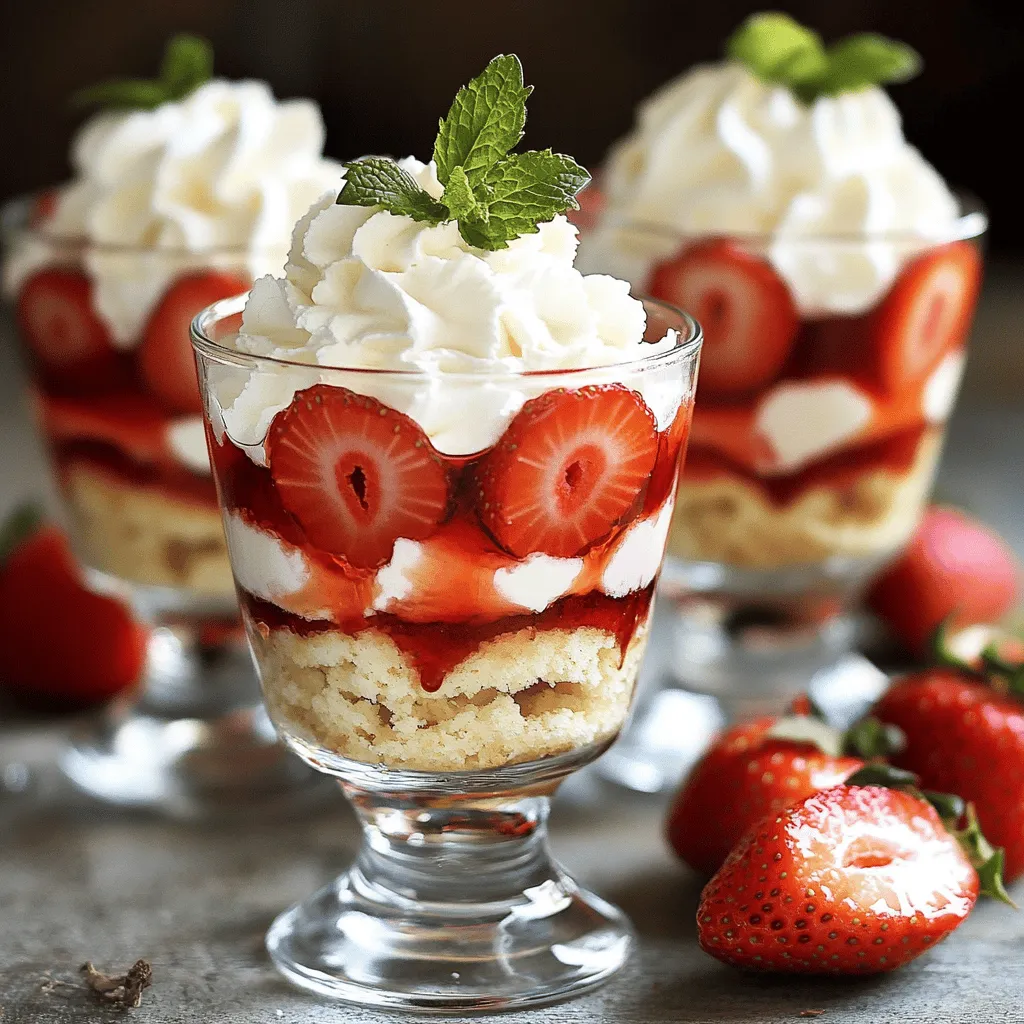 Um leckere Strawberry Shortcake Parfaits zu machen, brauchst du einige einfache Zutaten. Hier ist die Liste: - 2 Tassen frische Erdbeeren, entstielt und in Scheiben geschnitten - 3 Esslöffel Kristallzucker - 1 Tasse Schlagsahne - 1 Teelöffel Vanilleextrakt - 2 Esslöffel Puderzucker - 2 Tassen gekauftes Shortcake oder hausgemachter Vanille-Biskuit, zerkrümelt - Frische Minzblätter zur Garnitur Die Erdbeeren bringen die fruchtige Süße. Der Zucker hilft, die Aromen zu verstärken. Schlagsahne sorgt für eine luftige Textur. Vanilleextrakt fügt Tiefe hinzu. Puderzucker macht die Sahne süßer. Um deine Parfaits noch schöner zu machen, kannst du einige Garnierungen hinzufügen. Hier sind ein paar Ideen: - Schokoladensirup für einen süßen Touch - Weitere frische Erdbeeren, ganz oder in Scheiben - Geröstete Mandeln für einen knackigen Biss - Essbare Blüten zur Dekoration Diese Extras machen deine Parfaits nicht nur lecker, sondern auch sehr ansprechend. Wenn du Allergien hast oder bestimmte Zutaten nicht verwenden kannst, gibt es gute Alternativen. Hier sind einige Vorschläge: - Verwende Kokoscreme anstelle von Schlagsahne für eine milchfreie Option. - Anstelle von Kristallzucker kannst du Honig oder Agavendicksaft verwenden. - Glutenfreies Shortcake oder glutenfreier Keks sind gute Alternativen für die Basis. Diese Ersatzstoffe helfen, den Genuss zu bewahren, ohne Probleme zu verursachen. Um die Erdbeeren vorzubereiten, beginne mit frischen, reifen Früchten. Entferne die grünen Blätter und schneide sie in Scheiben. In einer mittelgroßen Schüssel vermenge die geschnittenen Erdbeeren mit zwei Esslöffeln Kristallzucker. Rühre sanft um. Lass die Mischung für 15 bis 20 Minuten stehen. So können die Erdbeeren ihren Saft freisetzen. Das ergibt einen süßen Erdbeersirup, der deinen Parfaits Geschmack verleiht. Für die Schlagsahne nimm eine separate Rührschüssel. Gib die Schlagsahne, den Vanilleextrakt und den restlichen Esslöffel Kristallzucker hinein. Benutze einen Handmixer oder eine Küchenmaschine. Schlage die Mischung auf mittlerer Stufe, bis weiche Spitzen entstehen. Achte darauf, nicht zu lange zu schlagen. Füge nun den Puderzucker hinzu und schlage weiter, bis steife Spitzen entstehen. Perfekte Schlagsahne ist leicht und luftig. Jetzt kommt der spaßige Teil: das Schichten der Parfaits. Nimm Serviergläser oder Schalen. Beginne mit einer Schicht zerkrümeltem Shortcake am Boden. Darauf gib eine Schicht der marinierten Erdbeeren und dann einen großen Klecks Schlagsahne. Wiederhole die Schichtung, bis die Gläser gefüllt sind. Beende mit einem weiteren Klecks Schlagsahne oben drauf. Garnieren kannst du jedes Parfait mit einem frischen Minzblatt. Die Farben und Texturen sehen einfach toll aus! Für die genauen Mengen folge der [Full Recipe]. Um die perfekte Schlagsahne zu machen, beginne mit kalter Schlagsahne. Eine kalte Schüssel hilft auch. Schlage die Sahne mit einem Handmixer oder einer Küchenmaschine. Stoppe, wenn weiche Spitzen erscheinen. Füge dann Puderzucker hinzu. Schlage weiter, bis die Sahne fest ist. Überstehe die Sahne nicht, sonst wird sie butterartig. Um den Geschmack zu verbessern, verwende frische Erdbeeren. Lass sie mit Zucker ziehen, damit sie süßer werden. Du kannst auch etwas Zitronensaft zu den Erdbeeren geben. Das bringt die Aromen hervor. Für die Sahne kannst du Vanilleextrakt oder sogar Mandelaroma nutzen. Diese kleinen Extras machen einen großen Unterschied. Die Präsentation ist wichtig. Verwende klare Gläser, damit die Schichten sichtbar sind. Schichte die Zutaten gleichmäßig für einen schönen Look. Garniere jedes Parfait mit einem frischen Minzblatt. Du kannst auch einige Erdbeerscheiben oben drauflegen. Diese Details machen die Parfaits einladender. Für die Full Recipe-Anleitung, schau dir das gesamte Rezept an! {{image_4}} Du kannst viele Früchte in deinen Parfaits nutzen. Himbeeren, Blaubeeren oder Pfirsiche passen gut. Diese Früchte bringen frische Aromen. Du kannst sie genauso zubereiten wie die Erdbeeren. Mische sie mit Zucker, damit sie süßer schmecken. So erhältst du eine leckere Fruchtsauce. Probiere verschiedene Kombinationen, um deinen Favoriten zu finden. Wenn du glutenfrei kochen möchtest, nutze glutenfreies Gebäck. Viele Geschäfte verkaufen es. Du kannst auch einen glutenfreien Biskuit selbst backen. Für vegane Parfaits ersetze die Schlagsahne mit pflanzlicher Sahne. Kokosnusscreme ist eine tolle Wahl. Sie gibt einen reichen Geschmack. Achte darauf, dass alle Zutaten vegan sind. So bleibt dein Dessert für alle geeignet. Möchtest du etwas Besonderes? Probiere Cheesecake-Varianten. Nimm Frischkäse und vermische ihn mit Zucker und Vanille. Verwende diese Mischung anstelle von Schlagsahne. Das gibt einen cremigen, leckeren Geschmack. Du kannst auch Keksbrösel als Schicht hinzufügen. Diese bringen eine schöne Textur. Experimentiere mit verschiedenen Käsearten für neue Geschmäcker. Bewahre deine Erdbeer-Shortcake-Parfaits im Kühlschrank auf. Verwende einen luftdichten Behälter, um die Frische zu halten. So bleiben die Schichten saftig und lecker. Stelle sicher, dass du die Parfaits nicht länger als zwei Stunden bei Raumtemperatur lässt. Die Parfaits bleiben im Kühlschrank bis zu zwei Tage frisch. Nach dieser Zeit kann die Sahne wässrig werden. Wenn du die Parfaits länger aufbewahren möchtest, lagere die Erdbeeren und die Schlagsahne getrennt. Das hält die Textur besser. Du kannst die Erdbeeren und die Sahne im Voraus zubereiten. Halte die Erdbeeren in einem verschlossenen Behälter. Die Schlagsahne sollte in einem luftdichten Behälter im Kühlschrank aufbewahrt werden. Du kannst auch den Shortcake im Voraus zubereiten. Lagere ihn in einem trockenen, kühlen Ort. So hast du alles bereit für einen schnellen Genuss. Ja, du kannst die Erdbeeren im Voraus zubereiten. Schneide die Erdbeeren und vermische sie mit Zucker. Lass sie etwa 15-20 Minuten stehen. So entfalten sie ihren Saft und werden süßer. Bewahre sie im Kühlschrank auf, bis du die Parfaits schichtest. Die Parfaits sind bis zu zwei Stunden im Kühlschrank haltbar. Nach zwei Stunden können die Schichten matschig werden. Am besten ist es, sie frisch zu servieren. Wenn du sie vorbereitest, mache die Schichten kurz vor dem Servieren. Serviere die Parfaits in klaren Gläsern oder Schüsseln. So kannst du die schönen Schichten sehen. Dekoriere sie mit einem Minzblatt oder einem Erdbeerstück. Diese kleinen Details machen die Parfaits noch ansprechender. Verwende die [Full Recipe], um die perfekte Präsentation zu erreichen. Erdbeer-Shortcake-Parfaits sind einfach zuzubereiten und schmecken köstlich. Wir haben die wichtigen Zutaten, die Zubereitung und nützliche Tipps behandelt. Denk daran, die Schlagsahne gut zu schlagen und die Früchte frisch zu wählen. Variationen wie glutenfreie Optionen bieten spannende Alternativen. Denke auch an die korrekte Lagerung, um die Frische zu erhalten. Sei kreativ, und genieße dein leckeres Dessert mit Familie und Freunden. Mach deine Parfaits einzigartig und teile die Freude am Kochen!