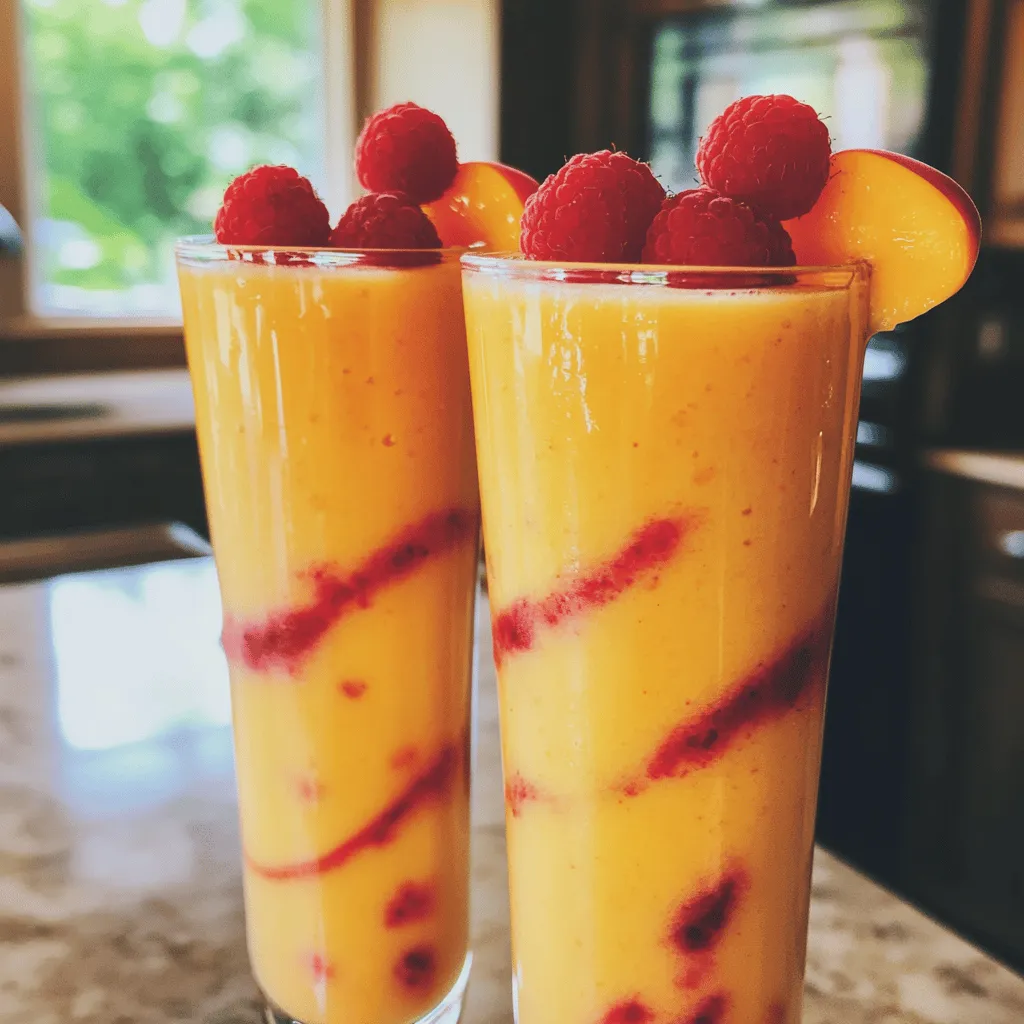 Für deinen Pfirsich Melba Smoothie brauchst du einige frische Zutaten. Hier sind die Zutaten, die du verwenden solltest: - 2 reife Pfirsiche, entkernt und gewürfelt - 1 Tasse Himbeeren (frisch oder gefroren) - 1 Banane, in Scheiben geschnitten - 1 Tasse Mandelmilch (oder Milch nach Wahl) - 1/2 Tasse griechischer Joghurt (oder pflanzlicher Joghurt) - 2 Esslöffel Honig oder Ahornsirup - 1/4 Teelöffel Vanilleextrakt - Eine Handvoll Eiswürfel Diese Zutaten geben deinem Smoothie den perfekten Geschmack und die richtige Konsistenz. Du kannst die Früchte nach deinem Geschmack anpassen. Frische Zutaten bringen mehr Geschmack. Sie sind knackig und voller Nährstoffe. Gefrorene Zutaten sind praktisch und einfach zu lagern. Sie sind oft auch günstiger. Beide Optionen funktionieren gut. Wenn du gefrorene Himbeeren verwendest, brauchst du vielleicht weniger Eis. Das macht deinen Smoothie weniger wässrig. Wenn du keine Pfirsiche hast, kannst du auch andere Früchte verwenden. Mango oder Ananas sind gute Alternativen. Du kannst die Mandelmilch durch normale Milch oder Hafermilch ersetzen. Wenn du keinen Joghurt hast, sind auch Quark oder Sojajoghurt möglich. Diese Ersetzungen machen den Smoothie dennoch lecker und cremig. Für das vollständige Rezept schau dir die [Full Recipe] an. Zuerst wähle frische, reife Pfirsiche. Schneide sie in kleine Stücke. Du kannst die Schale dran lassen, wenn du magst. Wasche dann die Himbeeren gut ab. Wenn du gefrorene Himbeeren benutzt, musst du sie nicht auftauen. Schneide die Banane in Scheiben. Diese Früchte geben dem Smoothie einen tollen Geschmack. Stelle deinen Mixer auf hohe Stufe ein. Beginne mit den weichen Zutaten, wie Pfirsichen und Bananen. Füge dann die Himbeeren hinzu. Gieße die Mandelmilch und den griechischen Joghurt dazu. Das sorgt für eine cremige Textur. Wenn du Eiswürfel hinzufügst, bleibt der Smoothie schön kühl. Mixe alles gut, bis es glatt ist. Wenn die Mischung zu dick ist, füge mehr Mandelmilch hinzu. Gieße den Smoothie in hohe Gläser. Du kannst ihn mit ganzen Himbeeren und einer Pfirsichscheibe dekorieren. Das sieht toll aus und macht Appetit. Serviere den Smoothie sofort für den besten Geschmack. Wenn du möchtest, kannst du auch etwas Minze darüber streuen. So wird der Smoothie noch frischer. Für das gesamte Rezept schaue bitte in die Full Recipe. Um die perfekte Konsistenz für deinen Pfirsich Melba Smoothie zu erreichen, achte auf die Menge an Eis. Zu viel Eis macht ihn wässrig. Zu wenig Eis lässt ihn dickflüssig. Ich empfehle eine Handvoll Eiswürfel. Mixe die Zutaten gut, bis sie ganz glatt sind. Wenn der Smoothie zu dick ist, füge etwas mehr Mandelmilch hinzu. Die Süße ist wichtig. Du kannst Honig oder Ahornsirup verwenden. Beide geben dem Smoothie einen leckeren Geschmack. Probiere zuerst einen Esslöffel Honig. Mixe und teste. Wenn du mehr Süße magst, füge einfach mehr hinzu. Achte darauf, dass du die Süße an deinen Geschmack anpasst. Das macht deinen Smoothie einzigartig. Toppings machen den Smoothie noch besser. Du kannst frische Himbeeren oder Scheiben von Pfirsich oben drauflegen. Auch etwas Kokosraspel sieht toll aus. Wenn du es nussig magst, füge Mandeln oder Walnüsse hinzu. Diese kleinen Extras machen den Smoothie besonders und lecker. Probiere verschiedene Kombinationen aus, um deinen perfekten Pfirsich Melba Smoothie zu finden. Für das vollständige Rezept, schau dir die [Full Recipe] an. {{image_4}} Um einen veganen Pfirsich Melba Smoothie zu machen, ersetze die Milch und den Joghurt. Verwende statt dem griechischen Joghurt einen pflanzlichen Joghurt. Mandelmilch oder Hafermilch sind gute Alternativen. So bleibt der Geschmack frisch und cremig. Die Süße kannst du ebenfalls anpassen. Nutze Agavendicksaft oder einen anderen pflanzlichen Süßstoff. Um deinen Smoothie noch nährstoffreicher zu machen, füge Superfoods hinzu. Du kannst Chiasamen oder Leinsamen für mehr Ballaststoffe nehmen. Spirulina oder Proteinpulver sind ebenfalls tolle Optionen. Diese Zutaten sorgen für einen gesunden Kick und bringen viele Vorteile. Denk daran, die Menge langsam zu erhöhen, um den Geschmack nicht zu überdecken. Die Kombination mit anderen Früchten gibt deinem Smoothie eine interessante Note. Füge zum Beispiel eine Handvoll Spinat für mehr Farbe und Vitamine hinzu. Du kannst auch andere Beeren wie Erdbeeren oder Blaubeeren verwenden. Diese Früchte harmonieren gut mit Pfirsichen und Himbeeren. Experimentiere mit verschiedenen Früchten, um deine perfekte Mischung zu finden und den Pfirsich Melba Smoothie immer wieder neu zu entdecken. Nach dem Mixen des Pfirsich Melba Smoothies möchtest du ihn frisch halten. Ich empfehle, den Smoothie in einem luftdichten Behälter aufzubewahren. So bleibt er kühl und lecker. Stelle den Behälter in den Kühlschrank. Das hält ihn länger frisch. Im Kühlschrank bleibt dein Pfirsich Melba Smoothie bis zu zwei Tage genießbar. Achte darauf, ihn gut abzudecken. Mit der Zeit können sich die Zutaten trennen. Das ist normal, einfach umrühren, bevor du ihn trinkst. Du kannst den Smoothie sofort genießen oder ihn einfrieren. Wenn du ihn einfrierst, bleibt er bis zu einem Monat gut. Gieße den Smoothie in Eiswürfelformen oder einen gefrierfesten Behälter. Wenn du ihn später trinken möchtest, lasse ihn einfach im Kühlschrank auftauen. So hast du immer einen erfrischenden Snack bereit. Ein Pfirsich Melba Smoothie hat etwa 250 Kalorien pro Portion. Die genaue Zahl kann variieren. Sie hängt von den Zutaten ab, die du wählst. Zum Beispiel hat griechischer Joghurt mehr Kalorien als pflanzlicher Joghurt. Wenn du weniger Honig oder Sirup verwendest, sinkt die Kalorienzahl. Ja, du kannst andere Milchsorten verwenden. Mandelmilch ist beliebt, aber auch Sojamilch oder Hafermilch sind gut. Jede Milch hat einen eigenen Geschmack. Du kannst auch Vollmilch oder fettarme Milch wählen. Teste verschiedene Sorten, um deinen perfekten Smoothie zu finden. Die Zubereitung des Pfirsich Melba Smoothies dauert nur 10 Minuten. Du brauchst Zeit, um die Früchte zu schneiden und alles in den Mixer zu geben. Mixen geht schnell, etwa 1 bis 2 Minuten. Nach dem Mixen gießt du den Smoothie in Gläser. So einfach ist es! Wenn du mehr Zeit für die Vorbereitung brauchst, plane das ein. Wenn du das vollständige Rezept sehen möchtest, schau dir den [Full Recipe] an. In diesem Artikel haben wir die wichtigsten Zutaten für einen Pfirsich Melba Smoothie betrachtet. Wir haben die Unterschiede zwischen frischen und gefrorenen Zutaten besprochen. Außerdem gab es Ideen für Zutatenersetzungen. Du hast gelernt, wie du die Früchte vorbereitest und welche Mixer-Tipps du nutzen kannst. Denke daran, deinen Smoothie nach deinem Geschmack anzupassen. Mit den richtigen Tricks erreichst du die perfekte Konsistenz. Lagerinformationen helfen dir, deinen Smoothie frisch zu halten. Nutze die Antworten auf häufige Fragen, um mehr zu erfahren. Mach dir einen leckeren Smoothie und genieße!