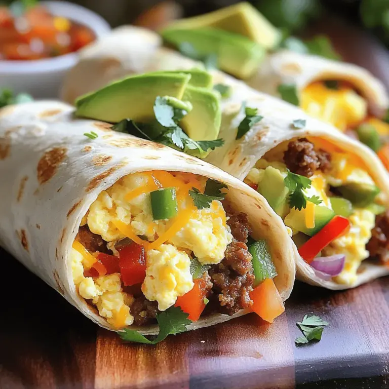 Für meine beladenen Frühstücksburritos brauche ich einige wichtige Zutaten. Diese Zutaten sorgen für Geschmack und Fülle. Hier sind die Hauptzutaten: - 4 große Tortillas aus Weizenmehl - 6 große Eier - 1 Tasse gekochte und zerbröselte Chorizo (oder Putenwurst für eine leichtere Option) - 1 mittelgroße Paprika, gewürfelt (jede Farbe nach Wahl) - 1 kleine rote Zwiebel, gewürfelt - 1 Tasse geriebener Cheddar-Käse - 1 Tasse Babyspinat - 1 Avocado, in Scheiben geschnitten - 1 Esslöffel Olivenöl - Salz und Pfeffer nach Geschmack - 1 Esslöffel Salsa (plus mehr zum Servieren) - Frischer Koriander, gehackt (zum Garnieren) Diese Zutaten machen das Frühstück reichhaltig. Sie bieten viel Protein und Vitamine. Wenn du eine spezielle Diät hast, kannst du die Burritos anpassen. Für eine vegetarische Option lasse die Chorizo weg. Ersetze sie durch schwarze Bohnen oder mehr Gemüse. Du hast viele Möglichkeiten! Für glutenfreie Burritos wähle glutenfreie Tortillas. Achte darauf, dass auch die anderen Zutaten glutenfrei sind. Frische Zutaten sind der Schlüssel zu leckeren Burritos. Hier sind einige Tipps: - Wähle bunte Paprika. Sie sind süß und knackig. - Kaufe Eier von freilaufenden Hühnern. Sie schmecken besser. - Achte auf die Avocado. Sie sollte weich, aber nicht überreif sein. - Frischer Spinat sollte grün und knackig sein. Vermeide gelbe Blätter. Wenn du frische Zutaten nutzt, wird dein Frühstück noch besser! Für die vollständige Zubereitung kannst du das Rezept hier finden: [Full Recipe]. Zuerst bereiten wir alle Zutaten vor. Das macht das Kochen einfacher. Schneide die Paprika und die Zwiebel in kleine Stücke. Zerbrösele die Chorizo, wenn du sie nicht schon hast. Lege alles bereit, bevor du anfängst. So sparst du Zeit beim Kochen und es macht mehr Spaß. Jetzt kommt der spannende Teil. Erhitze das Olivenöl in einer Pfanne. Füge die Zwiebel und die Paprika hinzu. Brate sie 3-4 Minuten lang an, bis sie weich sind. Danach gib die Chorizo dazu und rühre alles gut um. Lass es 2 Minuten weiter braten. Schlage die Eier in eine Schüssel und verquirle sie mit etwas Salz und Pfeffer. Gieße die Eier in die Pfanne. Rühre ständig, bis die Eier gerade fest sind. Mische den Babyspinat unter und koche ihn etwa 1 Minute lang, bis er zusammenfällt. Nimm die Pfanne vom Herd und rühre den Esslöffel Salsa unter. Jetzt ist es Zeit, die Burritos zu füllen. Lege eine Tortilla auf eine flache Fläche. Gib die Eier-Chorizo-Mischung in die Mitte. Streue etwas Cheddar-Käse und einige Avocadoscheiben darauf. Klappe die Seiten der Tortilla ein und rolle sie von unten nach oben. So bleibt die Füllung schön drin. Erhitze die Pfanne wieder und lege die Burritos mit der Naht nach unten hinein. Brate sie 2-3 Minuten lang, bis sie knusprig sind. Schneide die Burritos in der Mitte durch und serviere sie mit frischem Koriander und extra Salsa. Für das gesamte Rezept kannst du die [Full Recipe] besuchen. Um die besten Burritos zu machen, achte auf die Füllung. Die Mischung aus Eiern, Gewürzen und Chorizo muss gut gewürzt sein. So schmecken die Burritos viel besser. Erhitze das Olivenöl gut, bevor du die Zwiebeln und Paprika hinzufügst. Das sorgt für einen schönen, goldenen Farbton. Wenn du die Burritos grillst, werden sie knusprig und lecker. Wickel sie fest ein, damit sie nicht auseinanderfallen. Wenn du Chorizo nicht magst, gibt es viele Alternativen. Putenwurst hat weniger Fett und ist leichter. Du kannst auch Tofu oder schwarze Bohnen für eine vegetarische Option verwenden. Das sorgt für einen guten Geschmack und bleibt gesund. Experimentiere mit verschiedenen Zutaten, wie Räucherlachs oder Gemüse, um neue Aromen zu entdecken. Gute Beilagen machen das Essen noch besser. Salsa passt gut zu den Burritos. Frische Guacamole oder saure Sahne sind auch tolle Optionen. Serviere die Burritos mit frischem Koriander. Das bringt Farbe und Geschmack. Du kannst auch einen kleinen Salat dazu machen. Erfrischende Zutaten wie Tomaten und Gurken sind perfekt. Diese Beilagen machen dein Frühstück noch leckerer. {{image_4}} Vegetarische Frühstücksburritos sind einfach und lecker. Sie bieten viele Möglichkeiten. Du kannst die Chorizo durch schwarze Bohnen oder Tofu ersetzen. Füge geschnittene Pilze und Zucchini hinzu. Dies gibt mehr Geschmack und Textur. Verwende verschiedene Käsesorten wie Feta oder Gouda. So hast du eine spannende Mischung. Wenn du mehr Protein willst, wähle Hähnchen oder Rindfleisch. Gekochtes Hähnchen passt gut zu Eiern. Du kannst auch gewürztes Rindfleisch verwenden. Brate das Fleisch zuerst mit Zwiebeln an. Das gibt einen tollen Geschmack. Füge frische Kräuter wie Petersilie hinzu, um den Burrito aufzupeppen. Fusion-Burritos bringen neue Geschmäcker in dein Frühstück. Probiere asiatische Ingredienzen wie Kimchi oder Sojasauce. Mische in die Füllung ein wenig Sriracha für Schärfe. Du kannst auch indische Gewürze wie Garam Masala nutzen. Das macht den Burrito spannend und anders. Diese Variationen sind perfekt, um kreativ zu sein. Schau dir das Full Recipe an, um mehr über die Grundzutaten zu erfahren und neue Ideen zu finden. Um Ihre beladenen Frühstücksburritos frisch zu halten, wickeln Sie sie fest in Folie. Legen Sie die eingewickelten Burritos in einen luftdichten Behälter. So bleibt die Feuchtigkeit drin und die Burritos bleiben lecker. Beim Wiederaufwärmen gibt es zwei einfache Methoden. Die erste ist die Mikrowelle. Wickeln Sie den Burrito in ein feuchtes Papiertuch. So wird er warm und bleibt nicht trocken. Die zweite Methode ist die Pfanne. Erhitzen Sie die Pfanne auf mittlerer Hitze und legen Sie den Burrito hinein. Drehen Sie ihn nach ein paar Minuten um, bis er schön knusprig ist. Im Kühlschrank halten sich die Burritos etwa drei bis vier Tage. Wenn Sie sie länger aufbewahren möchten, frieren Sie sie ein. Im Gefrierschrank sind sie bis zu drei Monate haltbar. Lassen Sie sie vor dem Essen im Kühlschrank auftauen. Für das beste Ergebnis, erwärmen Sie sie nach dem Auftauen. So genießen Sie die volle Frische und den Geschmack. Beladene Frühstücksburritos enthalten etwa 500 bis 600 Kalorien pro Portion. Der Kaloriengehalt kann variieren, je nachdem, welche Zutaten Sie verwenden. Wenn Sie weniger Käse oder Chorizo nehmen, sinkt die Kalorienzahl. Auch die Größe der Tortilla beeinflusst die Gesamtanzahl. Um mehr Klarheit zu bekommen, schauen Sie sich die [Full Recipe] an, die Ihnen genauere Informationen gibt. Ja, Sie können die Burritos im Voraus zubereiten. Wickeln Sie die Burritos gut in Folie oder in einen luftdichten Behälter. Sie bleiben so frisch und lecker. Lagern Sie sie im Kühlschrank für bis zu drei Tage. Für eine längere Lagerung frieren Sie sie ein. So haben Sie immer ein schnelles Frühstück bereit. Der beste Weg, um Burritos aufzuwärmen, ist die Pfanne oder die Mikrowelle. In der Pfanne können Sie die Burritos bei niedriger Hitze erwärmen. So bleiben sie knusprig. In der Mikrowelle dauert es etwa 1–2 Minuten. Wickeln Sie sie in ein feuchtes Papiertuch. Dies hält sie saftig. Achten Sie darauf, sie nicht zu lange zu erwärmen, damit sie nicht trocken werden. Beladene Frühstücksburritos sind vielseitig und lecker. Wir haben die Hauptzutaten, Anpassungen für spezielle Diäten und Tipps für frische Zutaten behandelt. Die Schritt-für-Schritt-Anleitung half Ihnen, diese Burritos einfach zuzubereiten. Unsere Tipps zeigten, wie Sie perfekte Burritos machen und geeignete Beilagen auswählen. Erfahrungen mit verschiedenen Variationen bereichern Ihr Frühstück. Lassen Sie die Burritos richtig lageren, damit sie länger frisch bleiben. Nutzen Sie die FAQs für weitere wichtige Infos. Probieren Sie es aus und genießen Sie Ihr Frühstück!