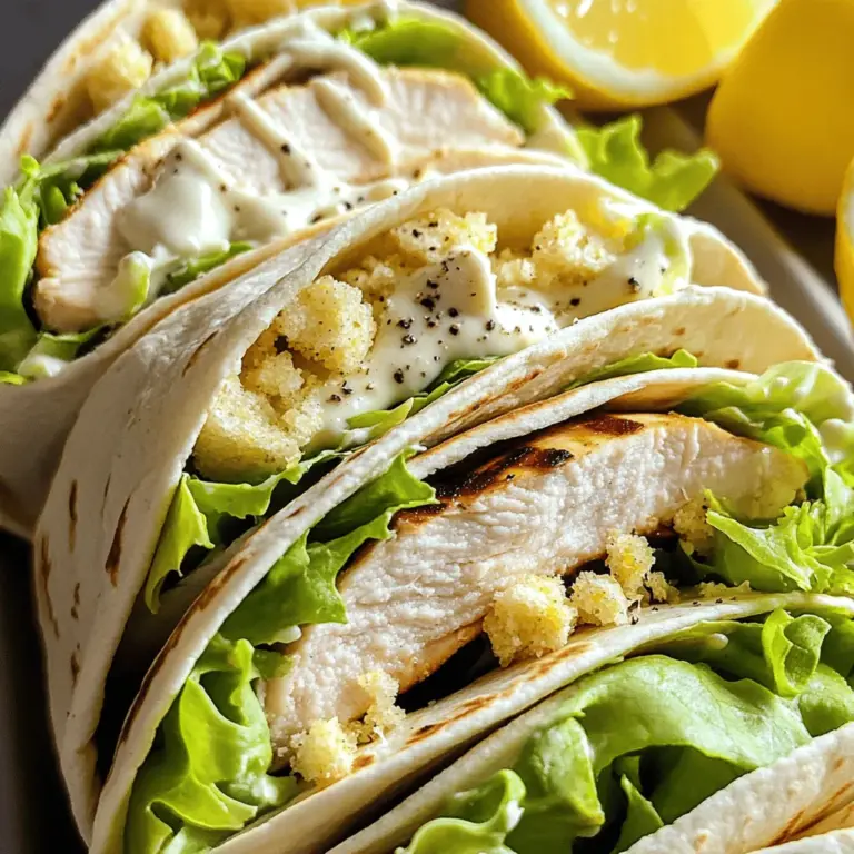 Für diese leckeren Wraps benötigen Sie: - 2 gegrillte Hähnchenbrustfilets, in Scheiben geschnitten - 4 große Tortillas (aus Weizen oder Vollkorn) - 2 Tassen Romana-Salat, grob gehackt - 1/2 Tasse Caesar-Dressing (fertig gekauft oder selbstgemacht) - 1/2 Tasse frisch geriebener Parmesan - 1/4 Tasse Croutons, grob zerdrückt - Frisch gemahlener schwarzer Pfeffer, nach Geschmack - Zitronenschnitze, zum Servieren Diese Zutaten machen den Wrap lecker und nahrhaft. Das Hähnchen gibt Protein, während der Salat Frische bringt. Die Wahl der Tortilla ist wichtig. Weizentortillas sind weich und leicht. Vollkorn-Tortillas bieten mehr Ballaststoffe. Beide Optionen schmecken gut. Für den Salat können Sie auch andere Sorten verwenden. Römersalat ist knackig. Sie können auch Spinat oder gemischte Blattsalate ausprobieren. Diese Variationen bieten neue Geschmäcker. Um den Wraps eine persönliche Note zu geben, fügen Sie weitere Zutaten hinzu: - Gehackte Tomaten - Avocado-Scheiben - Gegrilltes Gemüse Diese Zutaten bringen Farbe und Geschmack. Experimentieren Sie mit verschiedenen Kombinationen. So finden Sie Ihren perfekten Wrap. Sie können das vollständige Rezept für die klassischen Hähnchen-Caesar-Wraps hier finden: [Full Recipe]. Zuerst bereiten wir die Hähnchen-Caesar-Füllung vor. Nehmen Sie eine mittelgroße Schüssel. Fügen Sie die geschnittenen Hähnchenbrustfilets hinzu. Diese sollten gut gegrillt und saftig sein. Jetzt kommt der Romana-Salat, der grob gehackt ist. Geben Sie ihn in die Schüssel. Danach fügen Sie das Caesar-Dressing hinzu. Es gibt viele gute Dressings im Handel. Mischen Sie alles gut, bis das Hähnchen und der Salat gleichmäßig bedeckt sind. Zum Schluss streuen Sie den frisch geriebenen Parmesan darüber. Dieser gibt Geschmack und eine schöne Textur. Jetzt ist es Zeit, die Tortillas zu wickeln. Legen Sie eine Tortilla auf eine saubere Arbeitsfläche. Nehmen Sie einen Viertel der Hähnchen-Caesar-Mischung und geben Sie ihn in die Mitte der Tortilla. Streuen Sie die zerdrückten Croutons gleichmäßig darüber. Diese sorgen für einen knusprigen Biss. Mahlen Sie dann etwas schwarzen Pfeffer darüber. Jetzt klappen Sie die Seiten der Tortilla nach innen. Dann rollen Sie die Tortilla vom unteren Rand straff auf. So entsteht ein schöner Wrap. Wiederholen Sie diesen Schritt für die anderen Tortillas und Füllungen. Wenn Sie eine warme Variante möchten, grillen Sie die Wraps. Nehmen Sie eine beschichtete Pfanne und erhitzen Sie sie. Legen Sie die Wraps hinein. Grillen Sie sie 2-3 Minuten auf jeder Seite. Sie sollten goldbraun sein. Das Grillen gibt den Wraps eine schöne Farbe und einen tollen Geschmack. Nach dem Grillen schneiden Sie jeden Wrap diagonal in zwei Hälften. Servieren Sie sie sofort mit Zitronenschnitzen. Ein Spritzer Zitrone macht den Wrap frisch und lecker. Grillen macht den Wraps einen tollen Geschmack. Wenn du deine Wraps grillen willst, heize die Pfanne gut vor. Nutze eine beschichtete Pfanne, damit die Wraps nicht kleben. Lege die Wraps in die Pfanne und drücke sie leicht an. Grill sie für 2–3 Minuten pro Seite. Bis sie goldbraun sind, ist ideal. So bleibt der Inhalt warm und der Wrap knusprig. Du kannst die Füllung nach deinem Geschmack anpassen. Probiere gegrilltes Gemüse wie Paprika oder Zucchini. Für mehr Protein füge Bohnen oder Kichererbsen hinzu. Du kannst auch verschiedene Käsesorten verwenden, wie Feta oder Mozzarella. Experimentiere mit verschiedenen Salatsorten, um frische Aromen zu schaffen. So bleibt das Rezept spannend und lecker. Das Dressing ist wichtig für den Geschmack. Ein gutes Dressing macht deinen Wrap saftig und lecker. Wenn du weniger fettig sein willst, kannst du Joghurt anstelle von Dressing verwenden. Achte darauf, nicht zu viel Dressing zu nutzen, da es den Wrap durchweichen kann. Füge es schrittweise hinzu und taste dich an die perfekte Menge heran. So bleibt der Wrap fest und gut zu essen. {{image_4}} Wenn du eine fleischfreie Option suchst, sind vegetarische Caesar-Wraps ideal. Statt Hähnchen kannst du gegrilltes Gemüse wie Zucchini oder Paprika verwenden. Füge auch Kichererbsen hinzu, um die Textur zu verbessern. Nutze das gleiche Caesar-Dressing und den Parmesan, um den klassischen Geschmack zu bewahren. Du kannst frische Kräuter wie Basilikum oder Petersilie für mehr Geschmack einfügen. Möchtest du mehr Protein? Füge gebratene Garnelen oder geräucherten Lachs hinzu. Diese Optionen bringen nicht nur Geschmack, sondern auch interessante Texturen. Du kannst auch Tofu verwenden, falls du eine pflanzliche Quelle bevorzugst. Denke daran, die Proteinquelle gut zu würzen, damit sie die anderen Aromen ergänzt. Diese Wraps sind sättigend und lecker. Für eine gesündere Variante kannst du Quinoa oder braunen Reis als Basis verwenden. Diese Zutaten sind reich an Ballaststoffen und halten dich lange satt. Kombiniere sie mit frischem Spinat und Avocado, um gesunde Fette hinzuzufügen. So schaffst du eine ausgewogene Mahlzeit. Experimentiere mit verschiedenen Dressings, um deinen Wraps einen neuen Kick zu geben. In meinem [Full Recipe] findest du weitere Tipps, um deine Wraps zu verbessern. Um die Wraps frisch zu halten, lege sie in einen luftdichten Behälter. Du kannst auch Frischhaltefolie verwenden. Stelle sicher, dass du den Behälter gut verschließt, um Luft zu vermeiden. So bleiben die Wraps weich und lecker. Lagere sie im Kühlschrank und verbrauche sie innerhalb von drei Tagen. Wenn du Salat übrig hast, bewahre ihn getrennt von den Wraps auf. Lege ihn in einen luftdichten Behälter. Füge etwas Zitronensaft hinzu, um die Frische zu erhalten. So bleibt der Salat knackig. Verbrauche den Salat am besten innerhalb von zwei Tagen. Du kannst die Wraps auch einfrieren. Wickele jeden Wrap fest in Frischhaltefolie. Lege sie dann in einen Gefrierbeutel. Achte darauf, die Luft herauszudrücken. So bleiben die Wraps bis zu drei Monate frisch. Um sie aufzutauen, lege die Wraps über Nacht in den Kühlschrank. Danach kannst du sie in einer Pfanne leicht aufwärmen. Hähnchen-Caesar-Wraps sind im Kühlschrank drei bis vier Tage haltbar. Stelle sicher, dass du sie in einem luftdichten Behälter aufbewahrst. So bleiben sie frisch. Wenn du sie länger aufbewahren möchtest, friere die Wraps ein. Sie halten sich dann bis zu drei Monate. Achte darauf, sie gut einzuwickeln, um Gefrierbrand zu vermeiden. Ja, du kannst den Wraps viele verschiedene Dressings hinzufügen. Probiere Ranch-Dressing, Joghurt-Dressing oder sogar Balsamico-Vinaigrette. Diese Optionen geben den Wraps einen neuen Geschmack. Wenn du eine scharfe Note magst, füge etwas scharfe Sauce hinzu. Sei kreativ und passe die Dressings deinem Geschmack an. Zu Hähnchen-Caesar-Wraps passen viele Beilagen gut. Hier sind einige Vorschläge: - Gemischter grüner Salat - Kartoffelsalat - Süßkartoffel-Pommes - Obstsalat - Chips oder Nachos Diese Beilagen ergänzen die Wraps perfekt und machen die Mahlzeit vollwertig. Du kannst auch eine leichte Suppe dazu servieren, um es herzhaft zu gestalten. Die Hähnchen-Caesar-Wraps sind einfach und lecker. Wir haben über die besten Zutaten gesprochen, die Zubereitung erklärt und Tipps für Grilltechniken geteilt. Die Variationen bieten für jeden etwas. Mit den Lagerhinweisen bleibt alles frisch. Diese Wraps bieten viele Möglichkeiten, um sie anzupassen. Ob du Fleisch magst oder nicht, jeder kann his Lieblingsversion genießen. Probiere sie aus und finde deine perfekte Kombination!
