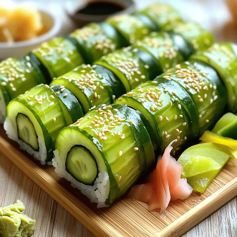 Für die Gurken-Avocado-Sushi-Rollen benötigst du folgende Hauptzutaten: - 1 Tasse Sushi-Reis - 1 1/4 Tassen Wasser - 2 Esslöffel Reisessig - 1 Teelöffel Zucker - 1/2 Teelöffel Salz - 4 Nori-Blätter - 1 mittlere Gurke, in Stifte geschnitten - 1 reife Avocado, in Scheiben geschnitten - 1/2 Paprika (rot oder gelb), in Stifte geschnitten - Sesamsamen, zur Garnitur - Sojasoße oder Tamari, zum Dippen Diese Zutaten sorgen für den frischen und knackigen Geschmack. Der Sushi-Reis ist die Basis und hält alles zusammen. Zusätzlich benötigst du ein paar weitere Utensilien und Zutaten: - Eine Bambus-Sushi-Matte - Ein scharfes Messer - Ein feuchtes Tuch Mit diesen Utensilien wird das Rollen einfacher. Diese Geräte helfen dir, die Sushi-Rollen perfekt zu formen. Falls du einige Zutaten nicht findest, gibt es Alternativen: - Statt Sushi-Reis kannst du auch anderen Kurzreis verwenden. - Anstelle von Nori-Blättern kannst du Salatblätter verwenden. - Für die Avocado kannst du auch Mango oder Papaya nehmen. Diese Alternativen bieten dir die Freiheit, kreativ zu sein. So kannst du die Sushi-Rollen nach deinem Geschmack anpassen. Wenn du mehr über die Zubereitung erfahren möchtest, schau dir das Full Recipe an. Um den Sushi-Reis perfekt zuzubereiten, spülen Sie ihn zuerst. Das Wasser muss klar sein. Geben Sie dann den Reis und Wasser in einen Topf. Bringen Sie es zum Kochen. Danach reduzieren Sie die Hitze. Decken Sie den Topf ab und lassen Sie den Reis für 18-20 Minuten köcheln. Er sollte zart und das Wasser aufgesogen sein. Nach dem Kochen nehmen Sie eine kleine Schüssel. Mischen Sie Reisessig, Zucker und Salz dort gut. Rühren Sie, bis alles aufgelöst ist. Geben Sie den warmen Reis in eine große Schüssel. Fügen Sie die Essigmischung hinzu und heben Sie sie vorsichtig unter. Lassen Sie den Reis auf Zimmertemperatur abkühlen. Während der Reis abkühlt, nehmen Sie das Gemüse. Schneiden Sie die Gurke und Paprika in feine Streifen. Schneiden Sie die Avocado in dünne Scheiben. Das Gemüse sollte frisch und knackig sein, damit es gut schmeckt. Legen Sie eine Bambus-Sushi-Matte auf eine flache Fläche. Platzieren Sie ein Nori-Blatt mit der glänzenden Seite nach unten. Befeuchten Sie Ihre Hände und verteilen Sie eine dünne Schicht Reis darauf. Lassen Sie den oberen Rand frei. Legen Sie einige Streifen Gurke, Avocado und Paprika diagonal an den unteren Rand. Beginnen Sie dann, das Sushi von sich weg zu rollen. Üben Sie leichten Druck aus, um eine feste Rolle zu formen. Befeuchten Sie den oberen Rand, um die Rolle zu verschließen. Schneiden Sie die Rolle mit einem scharfen Messer in mundgerechte Stücke. Wischen Sie das Messer zwischen den Schnitten, um saubere Kanten zu erhalten. Streuen Sie Sesamsamen über die Rollen für mehr Geschmack. Das ist eine einfache und leckere Zubereitung für Gurken-Avocado-Sushi-Rollen. Mehr Details finden Sie im Full Recipe. Ein häufiger Fehler beim Sushi ist die Verwendung von zu viel Wasser. Dies macht den Reis matschig. Achte darauf, den Reis gut zu spülen. So befreist du ihn von überschüssiger Stärke. Ein weiterer Fehler ist, das Nori zu trocken zu lassen. Feuchte deine Hände an, bevor du den Reis darauf verteilst. Dies hilft, das Nori besser zu formen und zu rollen. Die richtige Reis-Konsistenz ist der Schlüssel. Der Reis sollte klebrig, aber nicht nass sein. Das Verhältnis von Reis zu Wasser ist wichtig. Nutze 1 Tasse Reis und 1,25 Tassen Wasser. Achte darauf, den Reis nach dem Kochen mit der Essigmischung gut zu mischen. Lass den Reis auf Zimmertemperatur abkühlen. So bleibt er perfekt zum Rollen. Die Präsentation macht viel aus. Streue Sesamsamen über die geschnittenen Sushi-Rollen. Dies gibt dem Gericht einen schönen Look. Du kannst auch eingelegten Ingwer und Wasabi auf einem Bambusbrett servieren. Für einen zusätzlichen Farbtupfer, füge frische Kräuter oder essbare Blüten hinzu. Diese Details machen dein Sushi ansprechender. Für die vollständige Rezeptanleitung, siehe [Full Recipe]. {{image_4}} Wenn du die Gurken-Avocado-Sushi-Rollen aufpeppen willst, füge Protein hinzu. Garnelen sind eine großartige Wahl. Koche sie kurz in Wasser. Lasse sie abkühlen und schneide sie in kleine Stücke. Tofu ist eine andere gute Option. Nutze festen Tofu, schneide ihn in Streifen und brate ihn leicht an. Beide Optionen bringen mehr Geschmack und Nährstoffe in dein Sushi. Es gibt viele Gemüsealternativen, die du verwenden kannst. Du könntest Karotten nehmen. Schneide sie in feine Streifen und füge sie hinzu. Auch Zucchini oder Paprika sind lecker. Du kannst sogar frische Kräuter wie Koriander oder Minze verwenden. Diese bringen Frische und Farbe in deine Rollen. Variiere die Füllungen nach deinem Geschmack und deiner Saison. Die Soße ist wichtig für den Geschmack. Sojasoße ist der Klassiker. Du kannst aber auch andere Soßen probieren. Ein scharfer Dip kann aufregend sein. Mische Sojasoße mit Wasabi für einen Kick. Oder versuche eine Erdnusssoße. Diese ist cremig und hat einen nussigen Geschmack. Experimentiere mit verschiedenen Soßen, um dein Sushi zu verfeinern. Sushi-Rollen sind am besten frisch. Lagern Sie sie an einem kühlen Ort. Die Rollen sind dann leckerer und knackiger. Fügen Sie etwas Frischhaltefolie hinzu, um sie zu schützen. So bleibt die Feuchtigkeit im Inneren. Sushi mit Avocado sollte schnell gegessen werden, da die Avocado braun wird. Wenn Sie Sushi-Rollen im Kühlschrank aufbewahren, wickeln Sie sie gut ein. Verwenden Sie Frischhaltefolie oder einen luftdichten Behälter. So bleibt der Geschmack erhalten. Sushi sollte nicht länger als 24 Stunden im Kühlschrank bleiben. Nach dieser Zeit verlieren die Rollen ihre Frische und Textur. Das Einfrieren von Sushi ist möglich, aber nicht ideal. Der Reis kann matschig werden. Wenn Sie es versuchen möchten, wickeln Sie die Rollen gut ein. Verwenden Sie Frischhaltefolie und einen Gefrierbeutel. So vermeiden Sie Frostschäden. Sushi kann bis zu einem Monat eingefroren werden. Lassen Sie die Rollen vor dem Essen im Kühlschrank auftauen. Gurken-Avocado-Sushi-Rollen sind am besten frisch. Sie halten sich etwa 1 Tag im Kühlschrank. Nach 24 Stunden können die Rollen weich werden. Der Reis kann austrocknen, und das Gemüse wird matschig. Ich empfehle, Sushi am selben Tag zu essen, um den besten Geschmack und die beste Textur zu genießen. Sushi-Reis hat eine andere Textur als normaler Reis. Er ist klebriger und hilft, die Rollen zusammenzuhalten. Wenn Sie normalen Reis verwenden, wird die Rolle möglicherweise bröckelig. Für den besten Genuss empfehle ich, Sushi-Reis zu verwenden. Dies sorgt für die richtige Konsistenz und den typischen Geschmack. Um Sushi richtig zu rollen, verwenden Sie eine Bambusmatte. Legen Sie ein Nori-Blatt auf die Matte. Verteilen Sie eine dünne Schicht Reis darauf, lassen Sie oben Platz. Fügen Sie Ihre Füllungen hinzu und rollen Sie das Sushi fest auf. Achten Sie darauf, sanften Druck auszuüben. Befeuchten Sie den oberen Rand des Nori, um die Rolle zu verschließen. Zu Sushi passen viele Beilagen. Eingelegter Ingwer ist beliebt. Er hilft, den Gaumen zu reinigen. Wasabi bringt etwas Schärfe. Auch ein frischer Salat oder Miso-Suppe sind tolle Begleiter. Sojasauce ist ein Muss zum Dippen. Experimentieren Sie mit verschiedenen Beilagen, um Ihr Sushi-Erlebnis zu verbessern. Gurken-Avocado-Sushi ist leicht zuzubereiten und macht Spaß. Wir haben die besten Zutaten, einfache Schritt-für-Schritt-Anleitungen und praktische Tipps besprochen. Das ganze Gericht ist anpassbar mit verschiedenen Proteinen und Gemüse. Damit bleibt es frisch, haben wir auch Lagerungshinweise gegeben. Jetzt kannst du deine eigenen Sushi-Rollen zuhause zubereiten. Experimentiere mit verschiedenen Zutaten und genieße dein leckeres Werk!