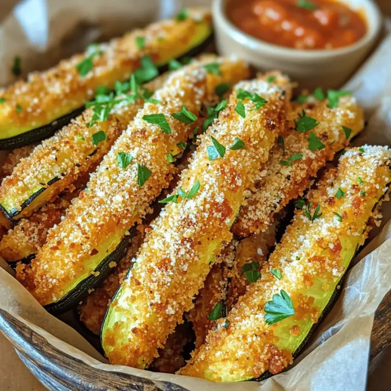 Um Krosse Zucchini-Streifen zu machen, brauchst du diese Hauptzutaten: - 2 mittelgroße Zucchini, in Streifen geschnitten - 1 Tasse Paniermehl (Panko sorgt für extra Knusprigkeit) - ½ Tasse geriebener Parmesan-Käse - 2 große Eier - ¼ Tasse Allzweckmehl Diese Zutaten geben den Zucchini-Streifen einen tollen Geschmack und eine knusprige Textur. Zucchini ist frisch und leicht. Paniermehl sorgt für die Knusprigkeit, während Parmesan einen herzhaften Geschmack hinzufügt. Eier binden alles zusammen, und das Mehl hilft, die Panade zu halten. Um den Geschmack der Zucchini-Streifen zu verbessern, benutze diese Gewürze: - 1 Teelöffel Knoblauchpulver - 1 Teelöffel italienische Gewürzmischung - ½ Teelöffel Salz - ¼ Teelöffel schwarzer Pfeffer Die Gewürze bringen die Aromen hervor. Knoblauchpulver gibt einen würzigen Kick. Die italienische Gewürzmischung fügt eine tolle Tiefe hinzu. Salz und Pfeffer sind wichtig für das richtige Gleichgewicht. Für mehr Geschmack kannst du diese optionalen Zutaten hinzufügen: - Olivenöl und Dips - Zusätzliche Gewürze oder Kräuter Olivenöl hilft, die Streifen knusprig zu machen. Du kannst auch einen Dip wie marinara oder Aioli anbieten. Zusätzliche Kräuter wie Petersilie oder Basilikum machen das Gericht bunter und frischer. Verwende deine Kreativität, um die Zucchini-Streifen anzupassen! Heize deinen Ofen auf 220°C (425°F) vor. Das sorgt für eine schöne, knusprige Textur. Lege ein Backblech mit Backpapier aus. Das verhindert ein Ankleben und macht die Reinigung einfach. Stelle die Zutaten in drei Schüsseln bereit. In der ersten Schüssel kommt das Mehl. In der zweiten Schüssel verquirlst du die Eier. In der dritten Schüssel vermischst du das Paniermehl, den Parmesan, das Knoblauchpulver, die italienische Gewürzmischung, das Salz und den Pfeffer. Jetzt erkläre ich dir den Panierprozess. Nimm einen Zucchinistreifen, wälze ihn im Mehl. Klopfe das überschüssige Mehl ab. Tauche ihn dann in das geschlagene Ei. Lass das überschüssige Ei abtropfen. Schließlich tauche den Streifen in die Breadcrumb-Mischung. Drücke leicht, damit die Beschichtung gut haftet. Lege die panierten Streifen in einer einzigen Schicht auf das Backblech. Sprühe sie leicht mit Olivenöl ein. Das sorgt für die knusprige Kruste. Backe die Zucchini im vorgeheizten Ofen für 20-25 Minuten. Wende sie zur Hälfte der Backzeit. So werden sie goldbraun und knusprig. Nimm die Zucchini nach dem Backen aus dem Ofen. Lass sie ein paar Minuten ruhen. Dadurch werden sie fester und leckerer. Für das vollständige Rezept schau dir die [Full Recipe] an. Um deine Zucchini Fries noch knuspriger zu machen, empfehle ich, Panko zu verwenden. Panko ist ein japanisches Paniermehl. Es gibt den Fries eine lockere und luftige Textur. Außerdem solltest du Olivenöl-Spray statt traditionelles Öl nutzen. So kannst du die Zucchini gleichmäßig besprühen. Dadurch wird jede Ecke schön knusprig und lecker. Ein häufiger Fehler ist, zu viel Mehl zu verwenden. Das kann die Zucchini trocken machen. Wähle eine dünne Schicht Mehl und klopfe das überschüssige Mehl ab. Auch die Abstände beim Backen sind wichtig. Lege die Zucchini-Streifen in einer einzigen Schicht auf das Backblech. So können sie gleichmäßig garen und knusprig werden. Für die Dips empfehle ich Marinara Sauce oder eine Knoblauch-Aioli. Diese passen perfekt zu den Zucchini Fries. Du kannst auch kreativ bei der Präsentation sein. Serviere die Zucchini-Streifen in einer Papiertüte oder einem rustikalen Korb. Das sieht nicht nur gut aus, sondern macht das Essen auch noch mehr Spaß! {{image_4}} Du kannst gesunde Alternativen für die Zucchini Fries nutzen. Vollkornmehl ist eine tolle Option. Es gibt dir mehr Ballaststoffe. Glutenfreies Paniermehl ist auch möglich. So können mehr Leute diese leckeren Snacks genießen. Vegane Optionen sind auch einfach. Du kannst die Eier durch Leinsamen ersetzen. Ein Esslöffel Leinsamen mit drei Esslöffeln Wasser mischen. Lass es ein paar Minuten stehen, bis es dick wird. Das funktioniert super als Bindemittel. Wenn du etwas mehr Pepp möchtest, probiere würzige Zucchini-Fries. Füge einfach etwas Paprika oder Cayennepfeffer hinzu. Das gibt den Fries einen scharfen Kick. Käse-Variationen sind auch interessant. Cheddar oder Mozzarella passen gut. Diese Käse schmelzen schön und bringen viel Geschmack. Du kannst sogar frische Kräuter wie Basilikum oder Oregano hinzufügen. Das gibt den Fries eine frische Note. Die Zucchini-Streifen passen gut zu vielen Beilagen. Ein einfacher Salat ist immer eine gute Wahl. Frische Zutaten machen das Gericht noch besser. Dips und Saucen sind auch wichtig. Marinara Sauce ist klassisch und lecker. Knoblauch-Aioli gibt einen tollen Geschmack. Du kannst auch Joghurt mit Kräutern mischen. Das sorgt für einen frischen und leichten Dip. Schau dir das [Full Recipe] an, um die Zubereitung zu lernen! Um deine Zucchini-Streifen frisch zu halten, lagere sie im Kühlschrank. Verwende einen luftdichten Behälter. So bleiben sie bis zu drei Tage gut. Wenn du mehr gemacht hast, kannst du die Reste auch einfrieren. Lege die Zucchini-Streifen einfach auf ein Backblech, um sie einzufrieren. Wenn sie fest sind, packe sie in einen Gefrierbeutel. So bleiben sie länger haltbar. Wenn du die Zucchini-Streifen aufwärmen möchtest, gibt es zwei gute Methoden. Du kannst den Ofen benutzen oder die Mikrowelle. Im Ofen werden sie wieder schön knusprig. Heize den Ofen auf 180 °C vor und backe sie für 10 Minuten. In der Mikrowelle geht es schneller, aber sie werden nicht so knusprig. Erwärme sie für 1-2 Minuten, aber achte darauf, sie nicht zu lange zu lassen. Die Zucchini-Fries schmecken am besten, wenn du sie innerhalb von drei Tagen isst. Nach dieser Zeit verlieren sie an Geschmack und Knusprigkeit. Halte dich an diese Empfehlung, damit du das volle Aroma genießen kannst. Wenn du die Zucchini-Fries frisch zubereitest, kannst du die beste Qualität erreichen. Schau dir auch das Full Recipe an, um die perfekten Zucchini-Streifen zu machen! Die Vorbereitung für krosse Zucchini Fries dauert etwa 15 Minuten. Die Gesamtzeit beträgt rund 40 Minuten. Dies schließt das Backen im Ofen ein. Du kannst die Zucchini in der Zeit leicht vorbereiten und dann backen, während du die Küche aufräumst. Ja, du kannst die Zucchini-Fries auch frittieren. Frittieren macht sie sehr knusprig. Das Backen ist jedoch gesünder. Beim Frittieren kannst du mehr Öl verwenden, was zusätzliche Kalorien bringt. Das Backen in den Ofen benötigt weniger Öl und ist einfacher. Es gibt viele Alternativen zu Zucchini. Du kannst Auberginen oder Karotten verwenden. Diese Gemüse haben auch eine tolle Textur. Schneide sie in dünne Streifen, um die gleiche Knusprigkeit zu erreichen. Du kannst sogar Süßkartoffeln ausprobieren, um einen süßeren Geschmack zu bekommen. Um Zucchini knusprig zu halten, gibt es einige Tipps. Erstens, wähle feste Zucchini ohne große Beulen. Zweitens, trockne sie gut ab, bevor du sie panierst. Drittens, backe sie in einer einzigen Schicht auf dem Blech. So kommt die Hitze überall hin und macht sie schön knusprig. Krosse Zucchini-Streifen sind einfach und lecker. Wir haben die Hauptzutaten wie Zucchini, Paniermehl, und Parmesan besprochen. Die Schritt-für-Schritt-Anleitung hilft, perfekt knusprige Stücke zu backen. Wichtige Tipps zeigen, wie man häufige Fehler vermeidet und die besten Dips wählt. Variationen bieten gesunde und kreative Lösungen. Denke daran, die Reste richtig zu lagern, um die Frische zu bewahren. Jetzt kannst du es ausprobieren und genießen!
