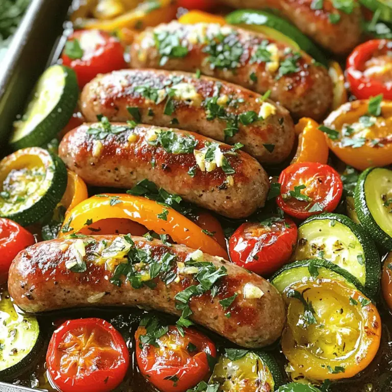 - 4 Würstchen (Hähnchen, Truthahn oder pflanzenbasiert) - 2 Tassen Paprika (verschiedene Farben), in Streifen geschnitten - 1 mittelgroße rote Zwiebel, in Ringe geschnitten - 2 Zucchini, in Halbmonden geschnitten - 1 Tasse Kirschtomaten, halbiert Die Wahl der Würstchen ist wichtig. Ich bevorzuge Hähnchen oder Truthahn für einen leichteren Geschmack. Pflanzliche Würstchen sind eine tolle Option für Vegetarier. Diese Würstchen bringen reichlich Geschmack und sind einfach zu finden. Das Gemüse ist ebenfalls entscheidend. Paprika bringt süße Noten, die toll mit den Würstchen harmonieren. Zwiebeln fügen Tiefe hinzu, während Zucchini und Kirschtomaten Frische bieten. Diese Mischung sorgt für bunte Farben und einen tollen Biss. - 2 Esslöffel Olivenöl - 1 Teelöffel getrockneter Oregano - 1 Teelöffel geräuchertes Paprikapulver - Salz und Pfeffer nach Geschmack Olivenöl sorgt für eine schöne Bräunung. Es hilft auch, die Gewürze am Gemüse zu haften. Oregano bringt einen klassischen Geschmack. Geräuchertes Paprikapulver gibt dem Gericht eine subtile Rauchnote. Salz und Pfeffer sind einfach, aber wichtig. Sie heben die Aromen der Zutaten hervor. - Frische Petersilie, gehackt, zum Garnieren Frische Petersilie ist der letzte Schliff. Sie bringt Farbe und einen frischen Geschmack. Einfach über das fertige Gericht streuen. So wird Ihr One-Pan Würstchen und Gemüse nicht nur lecker, sondern auch schön anzusehen. Für das vollständige Rezept schauen Sie sich bitte [Full Recipe] an. Heizen Sie Ihren Ofen auf 220°C vor. Dies sorgt für eine gleichmäßige Garung. Schneiden Sie das Gemüse und die Würstchen in gleichmäßige Stücke. So garen sie gleichmäßig. Geben Sie alle Zutaten in eine große Schüssel. Das sind die geschnittenen Würstchen, Paprika, Zwiebel, Zucchini und Kirschtomaten. Fügen Sie das Olivenöl, den gehackten Knoblauch, Oregano, Paprikapulver, Salz und Pfeffer hinzu. Mischen Sie alles gut, bis die Zutaten gleichmäßig verteilt sind. So erhalten Sie einen tollen Geschmack. Legen Sie die Mischung auf ein Backblech. Verteilen Sie alles gleichmäßig in einer Schicht. Backen Sie das Gericht für 25 bis 30 Minuten. Rühren Sie die Mischung nach der Hälfte der Backzeit um. So wird alles schön knusprig. Schauen Sie nach, ob die Würstchen gar sind und das Gemüse weich ist. Genießen Sie das Ergebnis! Die Garzeit für One-Pan Würstchen und Gemüse liegt bei 25 bis 30 Minuten. Es ist wichtig, die Würstchen durchzugaren. Rühren Sie die Mischung nach 15 Minuten um. So bräunen die Zutaten gleichmäßig. Überprüfen Sie die Würstchen mit einem Thermometer. Sie sollten mindestens 74°C erreichen. Wenn das Gemüse zart ist, sind Sie bereit zum Servieren. Um den Geschmack zu verbessern, können Sie zusätzliche Gewürze hinzufügen. Versuchen Sie frischen Thymian oder Rosmarin. Diese Kräuter verleihen dem Gericht einen tollen Duft. Ein Spritzer Zitronensaft bringt Frische. Auch etwas Honig kann die Aromen verstärken. Experimentieren Sie mit verschiedenen Kombinationen. So finden Sie Ihren perfekten Geschmack. Für die Präsentation gibt es viele Ideen. Servieren Sie das Gericht direkt aus der Pfanne. Das sieht rustikal und einladend aus. Alternativ können Sie es auf einer großen Servierplatte anrichten. Träufeln Sie etwas zusätzliches Olivenöl darüber. Garnieren Sie mit frischen Kräutern für einen schönen Akzent. Ein paar bunte Paprikastreifen machen das Gericht lebendig. {{image_4}} Saisonales Gemüse gibt dir die beste Frische und den besten Geschmack. Du kannst die Mischung nach Jahreszeit ändern. Im Frühling sind Spargel und Erbsen großartig. Im Sommer sind Zucchini und Auberginen perfekt. Im Herbst passen Kürbis und Karotten gut. Im Winter kannst du Wurzelgemüse wie Rüben und Sellerie nutzen. Jede Mischung bringt neue Aromen in dein Gericht. Wenn du nach einer pflanzlichen Option suchst, tausche die Würstchen gegen pflanzenbasierte Alternativen aus. Es gibt viele gute Optionen. Du kannst Tofu, Tempeh oder Seitan verwenden. Diese sind gesund und bieten eine gute Proteinquelle. Sie nehmen auch die Aromen der Gewürze gut auf. So bleibt das Gericht auch ohne Fleisch lecker. Die Gewürze machen den Unterschied. Du kannst die Basisgewürze ändern, um neue Geschmäcker zu kreieren. Versuche Thymian oder Basilikum für einen frischen Geschmack. Kurkuma bringt Farbe und einen warmen Geschmack. Für einen scharfen Kick füge etwas Cayennepfeffer hinzu. Experimentiere mit deinen Lieblingskräutern, um dein Gericht zu personalisieren. Um Reste von One-Pan Würstchen und Gemüse aufzubewahren, lasse das Gericht zuerst abkühlen. Fülle die Reste dann in einen luftdichten Behälter. Du kannst es bis zu drei Tage im Kühlschrank aufbewahren. Du kannst auch die Portionen aufteilen. So bleibt alles frisch und lecker. Die besten Methoden zum Wiedererwärmen sind das Mikrowellengerät oder der Ofen. Wenn du die Mikrowelle nutzt, erwärme die Reste in kurzen Intervallen. Rühre nach jeder Minute um, damit alles gleichmäßig warm wird. Um das Gericht im Ofen aufzuwärmen, heize ihn auf 180°C vor. Lege die Reste auf ein Backblech und erwärme sie etwa 10 bis 15 Minuten. So bleibt das Gemüse knackig. Die Haltbarkeit im Kühlschrank beträgt etwa drei Tage. Im Gefrierschrank kannst du die Reste bis zu drei Monate lagern. Für das Einfrieren, teile die Portionen in kleine Behälter auf. Achte darauf, dass die Behälter gefrierfest sind. So bleibt die Qualität besser erhalten. Vor dem Essen, taue die Portionen im Kühlschrank über Nacht auf. Die Vorbereitungszeit für dieses Gericht beträgt nur 10 Minuten. Die Kochzeit ist 25 bis 30 Minuten. Insgesamt sind es also 40 Minuten von Start bis Ziel. In dieser Zeit können Sie das Gemüse und die Würstchen schnell schneiden und alles in den Ofen schieben. Ja, Sie können viele Gemüsearten verwenden. Brokkoli, Karotten oder grüne Bohnen sind großartige Alternativen. Nutzen Sie, was in Ihrer Küche ist oder was Saison hat. Das macht das Gericht flexibel und spannend. Sie können auch verschiedene Farben verwenden, um das Gericht bunter zu gestalten. Ja, dieses Gericht hat viele gesunde Vorteile. Es enthält viel Gemüse, das reich an Vitaminen ist. Die Würstchen können proteinreich sein, besonders wenn Sie Hähnchen oder Truthahn wählen. Außerdem verwenden wir Olivenöl, das gesunde Fette bietet. Es ist eine ausgewogene Mahlzeit, die gut für die ganze Familie ist. In diesem Blogbeitrag haben wir die Zutaten und den Prozess für ein einfaches Gericht besprochen. Wir haben Würstchen, Gemüse und Gewürze kombiniert. Dann folgten wir einer klaren Anleitung zur Zubereitung und zum Backen. Ich teilte auch Tipps zur perfekten Garzeit und Präsentation. Die Variationen ermöglichen dir, kreativ zu sein. Schließlich gab es nützliche Informationen zur Lagerung und zu häufigen Fragen. So wird dein Gericht lecker und gesund. Much Spaß beim Ausprobieren!