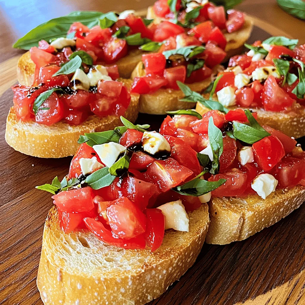 - 1 Baguette, diagonal in 1,5 cm dicke Scheiben geschnitten - 4 reife Tomaten, gewürfelt - 1 Tasse frische Basilikumblätter, grob gehackt Die Hauptzutaten sind einfach und frisch. Das Baguette gibt der Bruschetta den perfekten Crunch. Die reifen Tomaten bringen viel Geschmack. Frische Basilikumblätter fügen ein tolles Aroma hinzu. Diese Zutaten sind leicht zu finden und sorgen für ein tolles Gericht. Du kannst auch gut mit den Mengen spielen, je nach Geschmack. - 3 Knoblauchzehen, fein gehackt - 60 ml Olivenöl - 1 Esslöffel Balsamico-Essig Die weiteren Zutaten sind wichtig. Knoblauch gibt einen kräftigen Geschmack. Olivenöl sorgt für eine schöne Textur. Balsamico-Essig bringt eine süß-säuerliche Note, die perfekt passt. Diese Zutaten ergänzen die Hauptzutaten und machen das Gericht besonders. - 1/2 Tasse frischer Mozzarella, gewürfelt - Gewürze (Salz und Pfeffer) Optionale Zutaten können das Gericht weiter verbessern. Frischer Mozzarella sorgt für Cremigkeit. Die Gewürze peppen die Bruschetta auf. Du kannst mit diesen Zutaten experimentieren, um deine eigene Note hinzuzufügen. Wenn du mehr Geschmack willst, nutze mehr Gewürze oder Käse. Für die vollständige Zubereitung der Bruschetta, schau dir das [Full Recipe] an. Heize deinen Ofen auf 200°C vor. Schneide das Baguette in 1,5 cm dicke Scheiben. Lege die Baguettescheiben auf ein Backblech. Bestreiche jede Scheibe großzügig mit Olivenöl. Achte darauf, dass du beide Seiten gut einölst. Jetzt ist es Zeit, den Belag zuzubereiten. Nimm eine mittelgroße Schüssel und füge die gewürfelten Tomaten hinzu. Füge auch die grob gehackten Basilikumblätter und den fein gehackten Knoblauch hinzu. Gieße einen Esslöffel Balsamico-Essig in die Schüssel. Würze die Mischung mit Salz und Pfeffer. Rühre alles sanft um, bis es gut vermischt ist. Nun röste die Baguettescheiben im Ofen für etwa 5-7 Minuten. Wende sie zur Hälfte der Zeit, sodass sie gleichmäßig goldbraun werden. Wenn die Baguettes fertig sind, hole sie aus dem Ofen und lass sie kurz abkühlen. Gib eine großzügige Portion der Tomatenmischung auf jede geröstete Baguettescheibe. Wenn du magst, füge noch etwas frischen Mozzarella obenauf hinzu. So bekommst du einen extra cremigen Biss. Jetzt hast du die perfekte Tomaten-Basilikum-Bruschetta frisch und einfach zubereitet. Für das vollständige Rezept, schaue dir die Anleitung im Abschnitt "Zutaten" an. Um die perfekte Textur zu erzielen, rösten Sie das Baguette für 5-7 Minuten. Überwachen Sie es genau. Wenden Sie die Scheiben nach der Hälfte der Zeit. So wird das Brot gleichmäßig goldbraun. Eine knusprige Oberfläche ist entscheidend. Sie gibt der Bruschetta den richtigen Biss. Frische Zutaten machen einen großen Unterschied. Verwenden Sie reife Tomaten und frische Basilikumblätter. Die Aromen sind intensiver. Achten Sie darauf, die Tomaten gut zu würfeln. Grob gehacktes Basilikum gibt einen tollen Duft. Ein Hauch von Salz und Pfeffer hebt den Geschmack hervor. Hochwertiges Olivenöl rundet alles ab. Die Präsentation zählt! Arrangieren Sie die Bruschetta auf einer großen Servierplatte. Fügen Sie frische Basilikumblätter zur Dekoration hinzu. Ein Tropfen Balsamico-Glasur gibt den letzten Schliff. Das sieht nicht nur gut aus, sondern schmeckt auch besser. Servieren Sie die Bruschetta sofort für den besten Genuss. {{image_4}} Bruschetta ist ein vielseitiges Gericht. Es gibt viele Wege, dieses Rezept zu variieren. Hier sind einige köstliche Optionen. Mit Oliven und Feta wird die Bruschetta noch spannender. Fügen Sie 1 Tasse entsteinte Oliven und 100 g gewürfelten Feta-Käse hinzu. Diese Zutaten bringen einen salzigen und herzhaften Geschmack. Sie ergänzen die frischen Tomaten und das Basilikum perfekt. Diese Variante ist ideal für ein mediterranes Flair. Die Kombination mit Avocado sorgt für eine cremige Note. Zerdrücken Sie 1 reife Avocado und mischen Sie sie in die Tomatenmischung. Die Avocado macht das Gericht reichhaltiger. Sie gibt der Bruschetta eine schöne Textur und einen milden Geschmack. Diese Variante ist gesund und sättigend. Verwenden Sie zusätzliche Kräuter und Gewürze, um den Geschmack zu intensivieren. Fügen Sie 1 Teelöffel Oregano, 1 Teelöffel Zitronensaft und etwas Chili hinzu. Diese Zutaten bringen einen tollen Kick. Sie machen die bruschetta noch aufregender. Experimentieren Sie mit den Kräutern, die Sie mögen. Jede dieser Varianten bringt frische Ideen für Ihr Bruschetta-Rezept. Schauen Sie sich das [Full Recipe] für die Grundversion an und probieren Sie diese Anpassungen aus! Wenn du Bruschetta zubereitet hast, bewahre die Reste richtig auf. Die Tomatenmischung wird am besten separat gelagert. Wenn du die Bruschetta zusammen lagerst, wird das Brot schnell weich. Stelle sicher, dass die Mischung in einem luftdichten Behälter ist. So bleibt sie frisch. Das Brot kannst du in ein sauberes Küchentuch wickeln. So bleibt es knusprig. Halte die Reste im Kühlschrank. Sie sind dort etwa zwei Tage haltbar. Wenn du die Zutaten länger aufbewahren möchtest, friere sie ein. Die Tomatenmischung eignet sich gut zum Einfrieren. Fülle sie in einen luftdichten Behälter oder einen Gefrierbeutel. Drücke die Luft heraus, bevor du sie verschließt. Du kannst auch das Baguette einfrieren. Schneide es in Scheiben und lege es in einen Beutel. Wenn du bereit bist, die Bruschetta zu genießen, taue die Zutaten im Kühlschrank auf. Röste das Brot frisch, um die beste Textur zu erzielen. Um die Frische der Zutaten zu erhalten, achte auf einige Punkte. Wähle reife, aber feste Tomaten. Lagere sie an einem kühlen, trockenen Ort. Basilikum solltest du im Kühlschrank in einem Glas Wasser aufbewahren. So bleibt er länger frisch. Verwende auch frisches Olivenöl und hochwertige Balsamico-Essig. Diese Zutaten halten sich gut, wenn du sie richtig lagerst. Mit diesen Tipps kannst du die Aromen deiner Bruschetta optimal bewahren. Bruschetta hält sich im Kühlschrank für etwa zwei Tage. Um die Frische zu bewahren, lege die Bruschetta in einen luftdichten Behälter. So bleibt das Brot knusprig und der Belag frisch. Wenn du die Reste wärmst, röste das Brot kurz, um die Knusprigkeit zurückzubekommen. Vermeide es, die Bruschetta länger zu lagern, da sie dann matschig werden kann. Ja, du kannst Bruschetta im Voraus vorbereiten! Bereite den Belag einfach einige Stunden vor dem Servieren zu. Lagere ihn im Kühlschrank in einem luftdichten Behälter. Röste das Brot kurz vor dem Servieren, um es frisch und warm zu genießen. So bleibt die Textur perfekt und der Geschmack voll. Die besten Tomaten für Bruschetta sind reife, saftige Sorten. San Marzano oder Roma-Tomaten sind ideal, da sie fest und süß sind. Auch heirloom Tomaten sind eine gute Wahl. Achte darauf, dass die Tomaten frisch und aromatisch sind. So wird dein Bruschetta noch besser! Bruschetta ist einfach und macht Spaß. Wir haben die Hauptzutaten wie Baguette, Tomaten und Basilikum besprochen. Ich habe dir die Schritte zur Zubereitung erklärt. Denk an frische Zutaten für den besten Geschmack. Ob du klassische, mediterrane oder gewürzte Varianten machst, deine Gäste werden begeistert sein. Lager die Reste richtig, damit sie frisch bleiben. Mit diesen Tipps wirst du zum Bruschetta-Profi. Probiere es aus und genieße jeden Bissen!