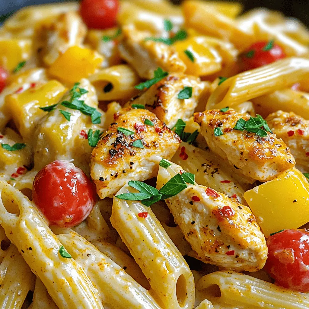 Für das Rezept benötigst du einige wichtige Zutaten. Hier sind sie: - 2 Hähnchenbrustfilets, entbeint und ohne Haut, in Scheiben geschnitten - 2 Esslöffel Cajun-Gewürzmischung - 2 Esslöffel Olivenöl - 1 mittlere Zwiebel, gewürfelt - 3 Knoblauchzehen, fein gehackt - 1 Paprika (rot oder gelb), in Streifen geschnitten - 1 Tasse Kirschtomaten, halbiert - 1 Tasse Sahne - 1 Tasse Hühnerbrühe - 225 Gramm Penne-Nudeln - 1 Tasse geriebener Parmesan - Frische Petersilie, gehackt (zum Garnieren) - Salz und Pfeffer nach Geschmack - Optional: 1 Teelöffel rote Pfefferflocken (für zusätzliche Schärfe) Die Cajun-Gewürzmischung bringt viel Geschmack. Sie enthält oft Paprika, Knoblauchpulver und Zwiebelpulver. Diese Gewürze geben deinem Gericht die richtige Würze. Du kannst die Mischung selbst machen oder im Laden kaufen. Fühle dich frei, die Schärfe anzupassen. Wenn du es schärfer magst, füge mehr rote Pfefferflocken hinzu. Zu deiner würzigen Cajun-Hühnchen-Pasta passen einige Beilagen gut. Ein einfach gemachter grüner Salat ist frisch und leicht. Auch knuspriges Brot passt dazu. Du kannst auch etwas Parmesan darüber streuen. Für eine besondere Note, serviere einen leichten, fruchtigen Wein dazu. Für das vollständige Rezept, schau dir die Full Recipe an. Zuerst nimmst du die Hähnchenbrustfilets. Schneide sie in dünne Scheiben. Dann vermenge die Hähnchenscheiben in einer Schüssel mit der Cajun-Gewürzmischung. Achte darauf, dass sie gleichmäßig bedeckt sind. Lass das Hähnchen für einige Minuten stehen. So kann das Fleisch die Aromen aufnehmen. Während das Hähnchen mariniert, bring einen großen Topf mit gesalzenem Wasser zum Kochen. Füge die Penne-Nudeln hinzu und koche sie nach den Anweisungen auf der Verpackung al dente. Das dauert in der Regel etwa 8-10 Minuten. Wenn die Nudeln fertig sind, gieße sie ab und stelle sie beiseite. Jetzt erhitzt du das Olivenöl in einer großen Pfanne bei mittlerer bis hoher Hitze. Lege die gewürzten Hähnchenstücke in die Pfanne. Brate sie für 5-7 Minuten, bis sie goldbraun und durchgegart sind. Nimm das Hähnchen aus der Pfanne und lege es zur Seite. In derselben Pfanne fügst du die gewürfelte Zwiebel und den gehackten Knoblauch hinzu. Brate sie für etwa 2 Minuten an, bis sie duften. Danach kommen die Paprika und die Kirschtomaten dazu. Koche alles für weitere 5 Minuten, bis das Gemüse weich ist. Reduziere die Hitze auf mittlere Stufe. Gieße die Hühnerbrühe und die Sahne in die Pfanne. Rühre gut um und bringe die Mischung sanft zum Köcheln. So wird die Sauce schön cremig und vollmundig. Gib nun die gekochten Penne-Nudeln und das angebratene Hähnchen in die Pfanne. Vermenge alles gut, damit die Nudeln die Sauce aufnehmen. Füge den geriebenen Parmesan hinzu und rühre weiter, bis der Käse schmilzt. Schmecke mit Salz, Pfeffer und den optionalen roten Pfefferflocken ab. Jetzt ist deine würzige Cajun-Hühnchen-Pasta bereit. Serviere sie sofort und garniere mit frisch gehackter Petersilie. Für das vollständige Rezept kannst du den Abschnitt "Full Recipe" betrachten. Um die beste Cajun-Gewürzmischung zu machen, brauchst du ein paar einfache Dinge. Mische Paprika, Knoblauchpulver, Zwiebelpulver, Thymian, Oregano und schwarzer Pfeffer. Diese Zutaten ergeben eine tolle Mischung. Du kannst auch etwas Cayennepfeffer für mehr Schärfe hinzufügen. Probiere verschiedene Verhältnisse aus, um deinen eigenen Geschmack zu finden. Beim Anbraten ist es wichtig, die Pfanne heiß zu machen. Benutze genug Öl, aber nicht zu viel. Lege die Hähnchenscheiben in die Pfanne, ohne sie zu überladen. Überlade die Pfanne nicht, da das Hähnchen sonst nicht schön bräunt. Lass das Hähnchen in Ruhe, bis eine schöne Kruste entsteht. Wende es dann vorsichtig. Achte darauf, dass die Hitze nicht zu hoch ist, sonst wird das Hähnchen außen schwarz und innen roh. Gutes Zeitmanagement ist der Schlüssel zu einem schnellen Abendessen. Beginne mit dem Kochen der Pasta, während du das Hähnchen würzt. Während die Pasta kocht, kannst du das Hähnchen anbraten. So sparst du Zeit und alles ist frisch und heiß. Halte alle Zutaten bereit, damit du schnell arbeiten kannst. Wenn du alles gut planst, ist die gesamte Zubereitung schnell erledigt. Ich empfehle, einen Timer zu nutzen, damit du die Garzeiten nicht vergisst. {{image_4}} Du kannst die Cajun-Hühnchen-Pasta ganz nach deinem Geschmack anpassen. Wenn du etwas mehr Gemüse hinzufügen möchtest, sind einige gute Optionen: - Zucchini: In kleine Stücke schneiden und kurz mit dem Hähnchen anbraten. - Brokkoli: In Röschen teilen und während der letzten Minuten der Pasta-Kochzeit hinzufügen. - Spinat: Füge frischen Spinat am Ende der Garzeit hinzu, damit er zusammenfällt. Diese Gemüse bringen nicht nur Farbe, sondern auch Nährstoffe in dein Gericht. Möchtest du eine vegane oder vegetarische Variante? Kein Problem! Hier sind einige Tipps: - Ersetze das Hähnchen durch Tofu oder Tempeh. Diese nehmen den Geschmack von der Cajun-Gewürzmischung gut auf. - Verwende pflanzliche Sahne und Gemüsebrühe anstelle von Hühnerbrühe. - Du kannst auch Kichererbsen hinzufügen, um die Proteinquelle zu erhöhen. So kannst du die Aromen beibehalten und trotzdem eine köstliche Mahlzeit genießen. Die Schärfe der Cajun-Hühnchen-Pasta ist wichtig. Du kannst sie ganz einfach anpassen: - Füge mehr oder weniger Cajun-Gewürzmischung hinzu, je nach deinem Geschmack. - Wenn du es sehr scharf magst, verwende rote Pfefferflocken. - Für eine mildere Version nimm einfach weniger Gewürz oder verwende milde Paprika. Indem du die Schärfe anpasst, machst du das Gericht für jeden Essgeschmack geeignet. Um die Reste deiner würzigen Cajun-Hühnchen-Pasta frisch zu halten, lege sie in einen luftdichten Behälter. Du kannst die Pasta bis zu drei Tage im Kühlschrank lagern. Achte darauf, dass die Pasta gut abgekühlt ist, bevor du sie in den Kühlschrank stellst. So vermeidest du, dass sie matschig wird. Wenn du die Pasta länger aufbewahren möchtest, kannst du sie einfrieren. Teile die Reste in Portionen auf und lege sie in gefriergeeignete Behälter oder Beutel. Achte darauf, die Luft so gut wie möglich herauszudrücken. Die Pasta bleibt bis zu drei Monate frisch im Gefrierfach. Um die Pasta wieder aufzuwärmen, kannst du sie in der Mikrowelle oder auf dem Herd erhitzen. Wenn du die Mikrowelle benutzt, gib einen Spritzer Wasser hinzu, um die Pasta feucht zu halten. Auf dem Herd kannst du die Pasta in einer Pfanne bei mittlerer Hitze erwärmen. Füge etwas Sahne oder Brühe hinzu, um die Sauce wieder cremig zu machen. Dadurch bleibt der Geschmack frisch und lecker. Die Zubereitung der würzigen Cajun-Hühnchen-Pasta dauert etwa 35 Minuten. Die ersten 15 Minuten gehen für die Vorbereitung und das Kochen der Pasta drauf. Danach braten wir das Hähnchen und das Gemüse an. Die Sauce ist schnell gemacht, und alles wird in der Pfanne gemischt. Es ist eine einfache und schnelle Mahlzeit für jeden Tag. Ja, du kannst anstelle von Hähnchen verschiedene andere Proteine verwenden. Du kannst Garnelen, Tofu oder sogar Pilze auswählen. Diese Optionen sind ebenfalls schmackhaft. Wenn du Garnelen wählst, achte darauf, sie kurz zu garen, damit sie zart bleiben. Tofu sollte gut gewürzt und goldbraun angebraten werden. Das gibt dir viele Möglichkeiten, um die Pasta nach deinem Geschmack zu variieren. Die Cajun-Gewürzmischung hat viele Variationen. Du kannst Paprika, Knoblauchpulver und Zwiebelpulver verwenden. Auch Thymian, Oregano oder sogar Cayennepfeffer sind gute Ergänzungen. Probiere, deine eigene Mischung zu erstellen! Experimentiere mit den Zutaten, um die perfekte Mischung für deinen Geschmack zu finden. Es macht Spaß, neue Aromen zu entdecken. Der Schlüssel ist, eine Balance zwischen Schärfe und Geschmack zu finden. Für das volle Rezept, schau dir die Anleitung für die würzige Cajun-Hühnchen-Pasta an. Die würzige Cajun-Hühnchen-Pasta ist einfach und lecker. Wir haben die besten Zutaten, die Zubereitung und die Tipps durchgegangen. Variationen bringen Abwechslung in dein Gericht, und du kannst Reste lange aufbewahren. Denke daran, dass jeder Schritt wichtig ist, um Geschmack und Textur zu erhalten. Probiere es aus, und mache es zu deinem eigenen Rezept. Du wirst schnell feststellen, wie viel Spaß das Kochen macht. Guten Appetit!
